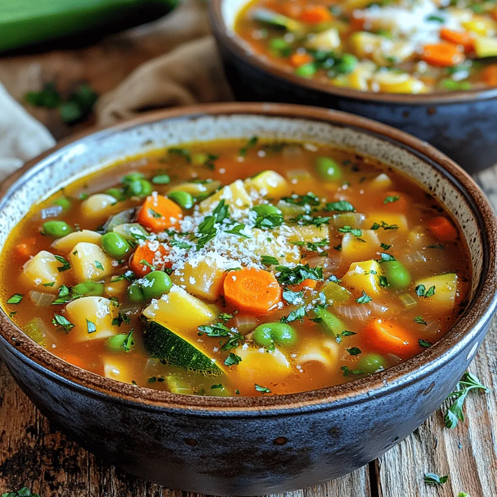 Um eine leckere Minestrone-Suppe zu machen, brauchst du einige frische Zutaten. Hier sind die Hauptzutaten: - 1 Esslöffel Olivenöl - 1 mittelgroße Zwiebel, gewürfelt - 2 Knoblauchzehen, fein gehackt - 2 Karotten, gewürfelt - 2 Stangen Sellerie, gewürfelt - 1 Zucchini, gewürfelt - 1 Tasse grüne Bohnen, geputzt und in 2,5 cm lange Stücke geschnitten - 1 Dose (425 g) gewürfelte Tomaten, mit Saft - 4 Tassen Gemüsebrühe - 1 Dose (425 g) Navy-Bohnen, abgetropft und abgespült - 1 Tasse kleine Pasta (wie Ditalini oder Ellbogenpasta) Diese Zutaten machen die Suppe bunt und gesund. Um den Geschmack der Minestrone zu heben, brauchst du auch einige Gewürze und Kräuter: - 1 Teelöffel getrockneter Oregano - 1 Teelöffel getrocknetes Basilikum - Salz und Pfeffer nach Geschmack Diese Gewürze fügen der Suppe viel Aroma hinzu. Die Minestrone schmeckt besonders gut, wenn du sie mit einigen Extras servierst: - Geriebener Parmesan (optional, zum Servieren) - Frisch gehackte Petersilie (zur Garnierung) Mit Parmesan wird die Suppe cremiger und die Petersilie bringt frische Farben. Diese einfachen Zutaten machen deine Minestrone-Suppe zu einem echten Genuss. Du kannst das vollständige Rezept hier finden: [Full Recipe]. Zuerst bereite die Zwiebel, den Knoblauch und das Gemüse vor. Schneide die Zwiebel in kleine Würfel. Hacke die Knoblauchzehen fein. Die Karotten und den Sellerie würfelst du ebenfalls. Die Zucchini schneidest du in kleine Stücke. Die grünen Bohnen putzt du und schneidest sie in 2,5 cm lange Stücke. Diese Schritte sind wichtig, um die Aromen gut zu vermischen. Erhitze das Olivenöl in einem großen Topf bei mittlerer Hitze. Füge die gewürfelte Zwiebel hinzu und brate sie etwa fünf Minuten lang. Die Zwiebel sollte durchsichtig sein. Gib nun den gehackten Knoblauch dazu und brate ihn für eine Minute. Füge dann die Karotten und den Sellerie hinzu und koche alles weitere fünf Minuten. Jetzt kommen die Zucchini und die grünen Bohnen in den Topf. Sauté das Gemüse für vier Minuten, bis es leicht weich wird. Gieße die gewürfelten Tomaten und die Gemüsebrühe dazu und bringe die Mischung zum Kochen. Sobald die Suppe kocht, reduziere die Hitze. Füge die Navy-Bohnen, die Pasta, Oregano und Basilikum hinzu. Schmecke die Suppe mit Salz und Pfeffer ab. Lass die Suppe 10 bis 12 Minuten simmern, bis die Pasta al dente ist. Rühre den frischen Spinat oder Grünkohl unter und koche ihn für zwei bis drei Minuten. Achte darauf, dass das Gemüse nicht übergart. So bleibt die Suppe frisch und lecker. Um die perfekte Konsistenz zu haben, achte auf die Pasta. Koche sie al dente, das heißt, sie soll bissfest bleiben. Zu lange Kochzeit macht die Pasta matschig. Auch das Gemüse spielt eine große Rolle. Es sollte weich, aber nicht zerfallen sein. So bleibt der Biss erhalten und die Suppe hat Struktur. Um den Geschmack zu verbessern, nutze frische Kräuter. Frischer Basilikum oder Petersilie geben einen tollen Kick. Auch ein Spritzer Zitronensaft kann Wunder wirken. Es sorgt für Frische und hebt die Aromen. Ein Hauch von Chili oder Pfeffer bringt zusätzlich eine leichte Schärfe. Experimentiere mit diesen Optionen, um deinen persönlichen Geschmack zu finden. Minestrone ist sehr flexibel. Für eine vegetarische Version lasse einfach die Brühe mit Fleisch weg. Du kannst auch Linsen oder Kichererbsen hinzufügen. Diese sind reich an Proteinen und machen die Suppe sättigend. Für eine vegane Variante verwende pflanzliche Brühe und lasse den Parmesan weg. So passt die Suppe zu vielen Ernährungsweisen. Besuche [Full Recipe] für mehr Ideen und Anpassungen. {{image_4}} Um Ihre Minestrone-Suppe noch besser zu machen, können Sie zusätzliche Gemüsesorten hinzufügen. Probieren Sie Kürbis, Paprika oder Brokkoli. Diese Gemüsesorten bringen neue Farben und Geschmäcker. Sie sind auch gesund und nahrhaft. Je mehr Gemüse, desto mehr Vitamine. Sie können die Suppe auch nach dem Essen anpassen. Fügen Sie frische Kräuter wie Basilikum oder Petersilie hinzu. Das bringt einen frischen Geschmack. Wenn Sie es herzhaft mögen, fügen Sie Fleischoptionen hinzu. Speck oder Wurst sind tolle Ergänzungen. Diese geben Ihrer Suppe mehr Tiefe und einen tollen Geschmack. Braten Sie das Fleisch vor dem Gemüse an, um das Aroma freizusetzen. Alternativ können Sie auch Hähnchen oder Rindfleisch verwenden. Wenn Sie weniger Fett wollen, nehmen Sie mageres Fleisch. Nutzen Sie saisonales Gemüse für Ihre Minestrone-Suppe. Im Sommer sind frische Tomaten und Zucchini lecker. Im Herbst passen Kürbis und Wurzelgemüse gut dazu. Im Winter sind Karotten und Kohl sehr nahrhaft. Saisonales Gemüse hat oft mehr Geschmack und Nährstoffe. Außerdem unterstützt es lokale Bauern. So machen Sie die Suppe noch besser. Wenn Sie saisonale Zutaten verwenden, bleibt die Suppe immer spannend. Bewahre die Minestrone in einem luftdichten Behälter auf. Stelle sicher, dass die Suppe abgekühlt ist, bevor du sie in den Kühlschrank stellst. So bleibt der Geschmack frisch. Du kannst die Suppe bis zu fünf Tage im Kühlschrank lagern. Achte darauf, die Suppe vor dem Servieren gut zu erhitzen. Um die Minestrone einzufrieren, lass sie zunächst vollständig abkühlen. Fülle die Suppe in gefriergeeignete Behälter oder Beutel. Lasse etwas Platz, da sich die Suppe beim Gefrieren ausdehnt. Du kannst die Minestrone bis zu drei Monate im Gefrierfach aufbewahren. Um sie aufzutauen, lege die gefrorene Suppe über Nacht in den Kühlschrank oder erwärme sie direkt in einem Topf bei niedriger Hitze. Die Minestrone bleibt im Kühlschrank bis zu fünf Tage frisch. Im Gefrierfach hält sie bis zu drei Monate. Achte darauf, die Suppe gut zu überprüfen, bevor du sie isst. Wenn sie seltsam riecht oder sich die Farbe verändert, ist es besser, sie wegzuwerfen. So kannst du sicherstellen, dass du immer eine leckere und gesunde Suppe genießt. Für eine glutenfreie Minestrone-Suppe wähle eine glutenfreie Pasta. Viele Marken bieten solche Optionen. Achte darauf, dass die Gemüsebrühe auch glutenfrei ist. Du kannst selbstgemachte Brühe verwenden oder einfach im Geschäft nach glutenfreien Varianten suchen. Wenn du keine Gemüsebrühe hast, gibt es Alternativen. Hühnerbrühe ist eine gute Wahl, wenn du kein Vegetarier bist. Du kannst auch selbstgemachte Brühe verwenden, um den Geschmack zu verbessern. Das bringt viel mehr Aroma in die Suppe. Ja, du kannst die Minestrone-Suppe im Voraus zubereiten. Koche sie und lasse sie abkühlen. Fülle die Suppe in einen luftdichten Behälter. So bleibt sie frisch. Du kannst sie bis zu fünf Tage im Kühlschrank aufbewahren. Erhitze sie einfach, wenn du bereit bist, sie zu genießen. Zu Minestrone-Suppe passen viele Beilagen. Ein frisch gebackenes Brot ist immer eine gute Wahl. Auch ein einfacher grüner Salat ergänzt die Suppe gut. Du kannst auch geriebenen Parmesan anbieten. Er verleiht der Suppe zusätzlichen Geschmack. Die Minestrone-Suppe ist einfach zuzubereiten und gesund. Mit frischem Gemüse, Pasta und Gewürzen zauberst du schnell ein leckeres Gericht. Du kannst kreativ sein und die Suppe nach deinem Geschmack anpassen. Denke an die Tipps, um die richtige Konsistenz und den perfekten Geschmack zu erreichen. Ob als vegetarische Option oder mit Fleisch – die Variationen sind endlos. Bewahre die Reste richtig auf und genieße deinen nächsten Genuss. Mit ein wenig Aufwand zauberst du eine supere Zutat für jede Gelegenheit.