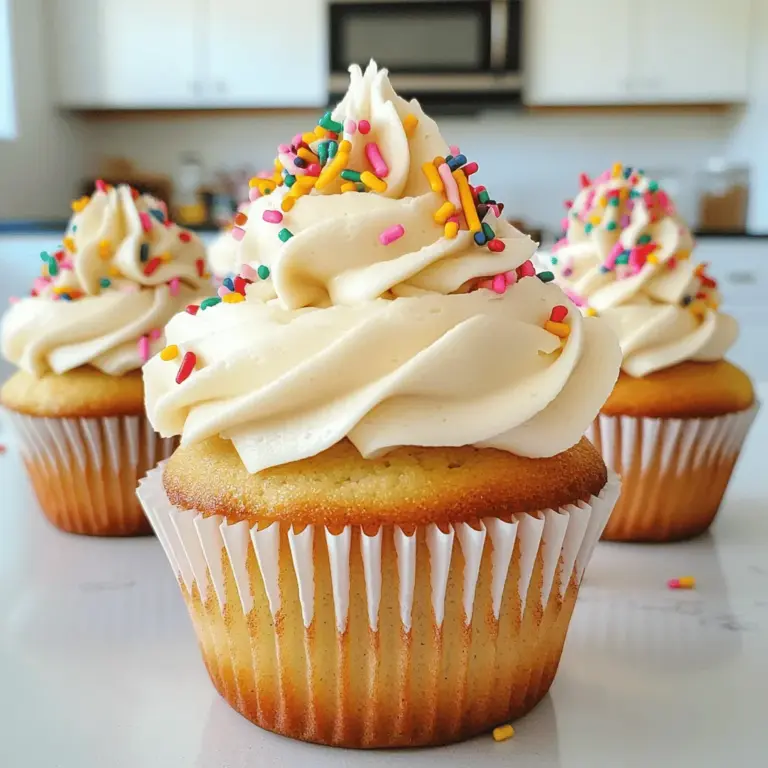 Für die Geburtstagskuchen Cupcakes brauche ich: - 1 und 1/2 Tassen Allzweckmehl - 1 Tasse Kristallzucker - 1/2 Tasse ungesalzene Butter, weich - 2 große Eier - 1/2 Tasse Vollmilch - 1 Teelöffel Vanilleextrakt - 1 und 1/2 Teelöffel Backpulver - 1/4 Teelöffel Salz - 1/2 Tasse bunte Streusel (plus extra zum Dekorieren) - 1 Tasse Frosting (fertig gekauft oder selbstgemacht, Vanillegeschmack empfohlen) Falls du glutenfrei backen möchtest, kannst du glutenfreies Mehl verwenden. Achte darauf, dass es gut bindet. Bei der Butter kann pflanzliche Margarine eine gute Alternative sein, um die Cupcakes vegan zu machen. Auch das Frosting kann vegan sein, wenn du pflanzliche Alternativen wählst. - Für 12 Cupcakes: Die Mengen sind perfekt für ein Blech. - Umrechnungen: Wenn du mehr machen willst, verdopple die Zutaten. Wenn du nur 6 Cupcakes willst, halbiere alles. Das ist einfach und macht viel Spaß! Schau dir die vollständige Anleitung im Full Recipe an, um die besten Ergebnisse zu erzielen! Heize deinen Ofen auf 175°C vor. Das ist die perfekte Temperatur für fluffige Cupcakes. Lege ein Muffinblech mit Papierförmchen aus. So bleibt der Teig nicht kleben und die Cupcakes lassen sich leicht herausnehmen. Nimm eine große Rührschüssel. Gib die weiche Butter und den Kristallzucker hinein. Schlage die Mischung mit einem Handmixer auf mittlerer Stufe. Du solltest eine leichte und fluffige Konsistenz erreichen. Das dauert etwa 2-3 Minuten. In einer anderen Schüssel vermische das Mehl, Backpulver und Salz. Das hilft, die trockenen Zutaten gleichmäßig zu verteilen. Füge dann die trockene Mischung nach und nach zur Buttermischung hinzu. Wechsle dabei mit der Vollmilch ab. Rühre nur so lange, bis alles gut vermischt ist. Hebe vorsichtig die bunten Streusel unter den Teig. Sie geben den Cupcakes Farbe und Spaß! Verwende einen Löffel oder einen Eisportionierer, um den Teig in die Muffinförmchen zu füllen. Fülle sie etwa zu 2/3. Backe die Cupcakes für 18-20 Minuten. Ein Zahnstocher sollte sauber herauskommen. Nimm das Blech aus dem Ofen und lasse die Cupcakes 5 Minuten abkühlen. Dann lege sie auf ein Drahtgitter. Lass sie vollständig abkühlen. Sobald sie abgekühlt sind, dekoriere sie mit Frosting. Streue obenauf bunte Streusel für den perfekten Geburtstagslook. Diese Schritte machen die Cupcakes zu einem echten Hit! Für das vollständige Rezept, schau dir die [Full Recipe] an. Um den perfekten Teig für deine Geburtstagskuchen Cupcakes zu machen, achte auf folgende Punkte: - Butter weich machen: Die Butter sollte bei Raumtemperatur weich sein. So lässt sie sich leicht mit dem Zucker vermischen. - Zucker gut einarbeiten: Schlage die Butter und den Zucker, bis die Mischung leicht und fluffig ist. Das sorgt für Luftigkeit. - Richtig abmessen: Verwende eine Küchenwaage oder Messbecher für genaues Abmessen. Dies hilft, die richtige Konsistenz zu erreichen. - Zutaten Raumtemperatur: Lass Eier und Milch vorher etwas wärmer werden. Das hilft, alles gleichmäßig zu vermischen. Die Dekoration macht deine Cupcakes zu einem echten Highlight. Hier sind einige einfache Techniken: - Spritzbeutel verwenden: Nutze einen Spritzbeutel für ein schönes Frosting. Verschiedene Tüllen erzeugen verschiedene Muster. - Streusel großzügig verwenden: Streue die bunten Sprinkles direkt nach dem Frosten über die Cupcakes, damit sie gut haften. - Frische Früchte: Setze kleine Stücke von Obst wie Erdbeeren oder Himbeeren oben drauf für Farbe und Geschmack. - Schokoladensauce: Ein paar Tropfen Schokoladensauce geben den Cupcakes das gewisse Extra. Das Frosting macht einen großen Unterschied. Hier sind meine besten Tipps: - Konsistenz prüfen: Das Frosting sollte glatt und cremig sein. Ist es zu fest, füge einen kleinen Schuss Milch hinzu. - Vorbereitung: Bereite das Frosting nach dem Abkühlen der Cupcakes vor. So bleibt es stabil. - Aufbewahrung: Lagere das Frosting in einem luftdichten Behälter, falls du es nicht sofort verwendest. Es bleibt frisch. - Variationen: Experimentiere mit Aromen wie Schokolade oder Zitrone für verschiedene Geschmäcker. Diese Tipps helfen dir, die perfekten Geburtstagskuchen Cupcakes mit Sprinkles zu kreieren. Du kannst mehr Details in der [Full Recipe] finden. {{image_4}} Um glutenfreie Cupcakes zu machen, ersetze das Allzweckmehl durch eine glutenfreie Mischung. Diese Mischungen sind oft in Supermärkten erhältlich. Achte darauf, dass die Mischung Xanthan enthält. Das hilft, die Struktur der Cupcakes zu erhalten. Die anderen Zutaten bleiben gleich. So bekommst du leckere, glutenfreie Geburtstagskuchen Cupcakes. Für vegane Cupcakes kannst du Eier durch Apfelmus ersetzen. Nutze 1/4 Tasse Apfelmus für jedes Ei. Statt Butter nimm Pflanzenmargarine oder Kokosöl. Verwende pflanzliche Milch wie Mandel- oder Hafermilch. So bekommst du saftige, vegane Cupcakes, die alle lieben werden. Es gibt viele tolle Geschmacksvariationen für deine Cupcakes. Für Schokoladencupcakes füge 1/2 Tasse Kakaopulver zum Mehl hinzu. Das gibt einen reichen Schokoladengeschmack. Für Zitronencupcakes nimm 1 Esslöffel Zitronenschale und 1 Esslöffel Zitronensaft. Diese Variationen machen die Cupcakes spannend und frisch. Entdecke die verschiedenen Geschmäcker und finde deinen Favoriten. Du kannst auch die Full Recipe verwenden, um die Grundversion zu machen und sie dann nach Lust und Laune abzuändern! Um deine Geburtstagskuchen Cupcakes frisch zu halten, lagere sie in einem luftdichten Behälter. Dies schützt sie vor Trockenheit. Stelle sicher, dass die Cupcakes vollständig abgekühlt sind, bevor du sie verpackst. Wenn du sie mit Frosting dekoriert hast, lege ein Stück Wachspapier zwischen die Schichten, um ein Ankleben zu vermeiden. Um die Frische deiner Cupcakes zu verlängern, bewahre sie bei Raumtemperatur auf. Vermeide direkte Sonneneinstrahlung oder hohe Feuchtigkeit. Cupcakes bleiben so etwa drei bis vier Tage frisch. Wenn du sie im Kühlschrank aufbewahrst, können sie bis zu einer Woche halten. Aber denke daran, dass sie dadurch etwas trockener werden können. Wenn du Cupcakes übrig hast, kannst du sie einfrieren. Wickele jeden Cupcake in Frischhaltefolie. Lege sie dann in einen gefriergeeigneten Behälter. So bleiben sie bis zu drei Monate haltbar. Zum Auftauen nimm die Cupcakes einfach aus dem Gefrierfach und lasse sie bei Raumtemperatur stehen. Du kannst sie dann nach Belieben neu dekorieren. Diese Tipps helfen dir, jeden Bissen zu genießen! Um die Cupcakes feuchter zu machen, kannst du mehr Milch hinzufügen. Achte darauf, die Menge langsam zu erhöhen. Ein weiterer Trick ist, etwas Apfelmus oder Joghurt in den Teig zu geben. Diese Zutaten fügen Feuchtigkeit hinzu, ohne den Geschmack zu verändern. Auch das Backen bei niedrigerer Temperatur kann helfen. So bleiben die Cupcakes saftig. Ja, du kannst viele Arten von Streuseln nutzen. Schokolade, Nüsse oder sogar getrocknete Früchte sind tolle Alternativen. Achte darauf, dass die Streusel gut zu deinem Rezept passen. Bunte Streusel sind klassisch, aber du kannst kreativ sein. Probiere verschiedene Farben und Formen aus. So machst du die Cupcakes noch persönlicher. Die Cupcakes bleiben bei Raumtemperatur etwa drei Tage frisch. Bewahre sie in einem luftdichten Behälter auf. So trocknen sie nicht aus. Im Kühlschrank halten sie bis zu einer Woche. Wenn du sie länger aufbewahren möchtest, friere sie ein. So bleiben sie bis zu drei Monate frisch. Achte darauf, sie gut zu verpacken, damit sie keine Frostbrand bekommen. Für das komplette Rezept, schau dir die vollständige Anleitung an. Zusammenfassend haben wir die besten Zutaten und eine klare Anleitung für Cupcakes besprochen. Wir haben Tipps für die richtige Teigkonsistenz gegeben und verschiedene Variationen vorgestellt. Das richtige Aufbewahren der Cupcakes verlängert deren Frische. Denke daran, beim Backen kreativ zu sein. Mit diesen Ideen kannst du leckere Cupcakes zaubern und deine Freunde beeindrucken. Viel Spaß beim Ausprobieren der Rezepte!