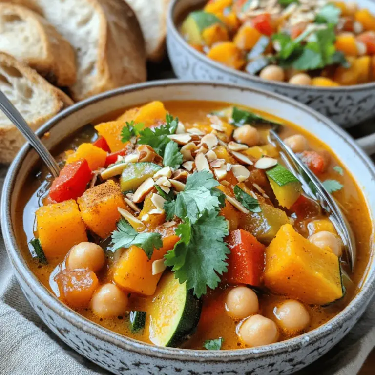 Für den Vegan Moroccan Stew brauchst du: - 1 Esslöffel Olivenöl - 1 große Zwiebel, gewürfelt - 3 Knoblauchzehen, fein gehackt - 2 Karotten, gewürfelt - 1 Zucchini, gewürfelt - 150 g Butternusskürbis, geschält und gewürfelt - 1 Dose (400 g) Kichererbsen, abgetropft und abgespült - 1 Dose (400 g) gewürfelte Tomaten Diese Zutaten bilden die Basis für einen herzhaften und würzigen Eintopf. Das Olivenöl bringt gesunde Fette und Geschmack. Die Zwiebel und der Knoblauch geben eine tolle Aroma-Basis. Die bunten Gemüse sorgen für Farbe und Nährstoffe. Kichererbsen sind eine hervorragende Proteinquelle und machen das Gericht sättigend. Für den perfekten Geschmack benötigst du: - 2 Teelöffel gemahlener Kreuzkümmel - 2 Teelöffel gemahlener Koriander - 1 Teelöffel Zimt - 1 Teelöffel geräuchertes Paprikapulver - ½ Teelöffel Cayennepfeffer (nach Geschmack anpassen) - Salz und Pfeffer nach Geschmack Diese Gewürze bringen die Aromen des Nahen Ostens in deinen Eintopf. Kreuzkümmel und Koriander geben Wärme. Zimt fügt eine süße Note hinzu, während Paprika und Cayennepfeffer für die richtige Schärfe sorgen. Achte darauf, die Gewürze gut zu mischen, um ein harmonisches Geschmackserlebnis zu erzielen. Für das besondere Etwas verwende: - 75 g getrocknete Aprikosen, gehackt - 75 g Rosinen - Frischer Koriander zur Garnierung Die getrockneten Aprikosen und Rosinen bringen eine süße Note. Sie stehen im Kontrast zu den herzhaften Aromen. Den frischen Koriander kannst du am Ende hinzufügen. Er sorgt für Frische und sieht toll aus. Du findest das vollständige Rezept im Abschnitt "Vegan Marokkanischer Eintopf". Diese Zutaten machen dein Gericht besonders lecker und einladend! Zuerst bereiten Sie alle Zutaten vor. Schneiden Sie das Gemüse in kleine Stücke. Achten Sie darauf, die Zwiebel, Karotten, Zucchini und Paprika gleichmäßig zu schneiden. So garen sie gleichmäßig. Die Kichererbsen sollten gut abgetropft und gespült sein. Stellen Sie auch die Gewürze bereit. Ihre Küche wird bald nach köstlichen Aromen duften. Erhitzen Sie das Olivenöl in einem großen Topf. Fügen Sie die gewürfelte Zwiebel hinzu. Braten Sie sie für 5-7 Minuten, bis sie glasig ist. Dann kommt der fein gehackte Knoblauch und der geriebene Ingwer dazu. Kochen Sie beides für 1-2 Minuten, bis es duftet. Jetzt fügen Sie das geschnittene Gemüse und die Kichererbsen hinzu. Rühren Sie alles gut um und lassen Sie es 5-7 Minuten kochen. Gießen Sie die gewürfelten Tomaten und die Gemüsebrühe in den Topf. Fügen Sie dann den Butternusskürbis, die gehackten Aprikosen und die Rosinen hinzu. Geben Sie die Gewürze dazu: Kreuzkümmel, Koriander, Zimt, geräuchertes Paprikapulver, Cayennepfeffer, Salz und Pfeffer. Rühren Sie alles gut um. Bringen Sie die Mischung zum Kochen. Reduzieren Sie die Hitze und decken Sie den Topf ab. Lassen Sie den Eintopf etwa 25-30 Minuten köcheln, bis der Kürbis weich ist. Genießen Sie den Prozess! Um den Geschmack zu verbessern, wähle frische Kräuter. Sie bringen mehr Aroma. Du kannst auch geröstete Gewürze verwenden. Röste sie in einer Pfanne, bevor du sie hinzufügst. Das Ruhenlassen des Eintopfs erhöht die Aromen. Lass ihn nach dem Kochen einige Minuten stehen. So verbinden sich die Geschmäcker besser. Die Schärfe kannst du leicht anpassen. Füge mehr Cayennepfeffer hinzu, wenn du es schärfer magst. Beginne mit einer kleinen Menge. Du kannst auch frische Chili oder scharfe Paprika verwenden. Für extra Beilagen sind Joghurt oder Avocado toll. Sie mildern die Schärfe und bringen Cremigkeit. Um mehr Nährstoffe hinzuzufügen, probiere grüne Blattgemüse. Spinat oder Grünkohl passt gut dazu. Du kannst auch Linsen oder Quinoa beifügen. Diese Ergänzungen machen den Eintopf noch sättigender. Serviere den Eintopf mit warmem Brot oder Couscous. Das rundet das Gericht ab und macht es herzhaft. Für das vollständige Rezept schaue dir die [Full Recipe] an. {{image_4}} Für diesen veganen marokkanischen Eintopf kann ich saisonales Gemüse verwenden. Das macht das Gericht frischer und nahrhafter. Im Frühling sind Spargel und Erbsen toll. Im Herbst passen Kürbis und Wurzelgemüse super dazu. Eine spannende Alternative ist Quinoa. Quinoa bringt mehr Protein und eine nussige Note. Ich kann auch andere Hülsenfrüchte wie Linsen oder schwarze Bohnen hinzufügen. Diese geben viele Nährstoffe und eine schöne Textur. Ich liebe es, mit Gewürzen zu experimentieren. Verschiedene Gewürzkombinationen machen den Eintopf einzigartig. Ich kann mehr Kreuzkümmel oder Koriander hinzufügen, um den Geschmack zu verstärken. Auch ein Hauch von Kurkuma bringt Farbe und Gesundheit. Exotische Zusatzstoffe wie Ras el Hanout oder Harissa sind spannend. Diese bringen ein neues Aroma in den Eintopf. Ich kann die Schärfe mit Cayennepfeffer anpassen. So wird jeder Biss perfekt. Ich kann diesen Eintopf glutenfrei machen, indem ich glutenfreies Brot serviere. Es ist wichtig, auf die Zutaten zu achten. Wenn jemand Nüsse meidet, lasse ich die gerösteten Mandeln weg. Für eine fettarme Version nutze ich weniger Olivenöl und mehr Gemüsebrühe. So bleibt der Eintopf leicht und lecker. Diese Anpassungen machen das Rezept flexibel und für alle geeignet. Für die vollständige Rezeptanleitung siehe [Full Recipe]. Du kannst den zubereiteten Eintopf im Kühlschrank aufbewahren. Fülle ihn in einen luftdichten Behälter. So bleibt er frisch. Du solltest ihn innerhalb von drei bis fünf Tagen essen. Wenn du ihn aufwärmen möchtest, mache das auf dem Herd oder in der Mikrowelle. Rühre gut um, damit sich die Hitze verteilt. Für längere Haltbarkeit kannst du den Eintopf einfrieren. Teile ihn in Portionen auf und fülle sie in gefriergeeignete Behälter. So bleibt er bis zu drei Monate frisch. Um ihn aufzutauen, lege den Behälter in den Kühlschrank über Nacht. Wenn du es eilig hast, kannst du ihn auch in der Mikrowelle auftauen. Nach dem Auftauen, wärme ihn gut auf, bis er heiß ist. Wie lange ist der Eintopf haltbar? Im Kühlschrank hält er sich drei bis fünf Tage. Im Gefrierfach bleibt er bis zu drei Monate genießbar. Achte darauf, dass du ihn bei Anzeichen von Verderb, wie einem schlechten Geruch oder Verfärbungen, nicht mehr isst. Lebensmittelssicherheit ist wichtig. Prüfe immer die Frische, bevor du etwas isst. Ja, du kannst die Zutaten leicht ersetzen. Wenn du keine Kichererbsen hast, probiere Linsen. Anstelle von Butternusskürbis kannst du Süßkartoffeln verwenden. Auch die Gemüse können variieren. Zucchini kann durch Auberginen ersetzt werden. Verwende frische Kräuter, wenn du keinen frischen Koriander hast. Wenn du keine getrockneten Aprikosen magst, nimm Datteln. So bleibt das Gericht lecker und dein Geschmack bleibt erhalten. Ja, dieser Eintopf ist glutenfrei. Alle verwendeten Zutaten sind frei von Gluten. Wenn du Brot servierst, achte darauf, dass es glutenfrei ist. Viele Marken bieten glutenfreies Brot an. So kannst du sicher sein, dass dein Essen allen diätetischen Bedürfnissen entspricht. Um den Eintopf würziger zu machen, füge mehr Cayennepfeffer hinzu. Du kannst auch frische Chilischoten oder scharfe Paprika verwenden. Eine gute Idee ist, Gewürze wie Harissa einzufügen. Es gibt deinem Eintopf mehr Tiefe und einen scharfen Kick. Probiere auch verschiedene Gewürzmischungen aus. Zum Beispiel Ras el Hanout für einen reichen, exotischen Geschmack. Dieses Rezept kommt aus Marokko, einem Land mit reicher Esskultur. Dort kombinieren die Menschen Gewürze und frisches Gemüse. Es ist eine Mischung aus vielen Traditionen. Die marokkanische Küche nutzt Gewürze wie Kreuzkümmel und Zimt. Diese machen die Gerichte besonders. Das Rezept zeigt, wie man diese Aromen auf pflanzliche Weise nutzen kann. Es ist eine Feier der Vielfalt und des Geschmacks. Du kannst das gesamte Rezept für Vegan Moroccan Stew hier finden: [Full Recipe]. Dieser Artikel hat dir die Grundzutaten für den marokkanischen Eintopf vorgestellt. Dazu gehören Olivenöl, Gemüse, Kichererbsen und aromatische Gewürze. Du hast gelernt, wie man den Eintopf einfach zubereitet und aufbewahrt. Variationen und Anpassungen machen dein Gericht vielfältig. Erinnere dich, dass Kochen Spaß macht und Raum für Kreativität bietet. Probiere neue Zutaten und Geschmäcker aus. So wird dein Eintopf garantiert zum Hit sowohl für dich als auch für deine Gäste.