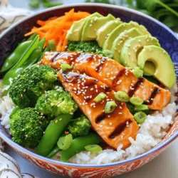 Um köstliche Teriyaki Lachs-Bowls zuzubereiten, benötigen wir einige frische und einfache Zutaten. Hier sind die Hauptbestandteile: - 2 Lachsfilets (je 170 g) - 60 ml Teriyaki-Sauce (fertig gekauft oder selbstgemacht) - 200 g Jasminreis - 480 ml Wasser - 100 g Brokkoli-Röschen - 100 g Zuckerschoten - 1 Karotte, in feine Streifen geschnitten (julienne) - 2 Frühlingszwiebeln, in Ringe geschnitten - 1 Esslöffel Sesamsamen - Salz und Pfeffer nach Geschmack - Optional: Avocadoscheiben zur Garnierung Diese Zutaten sind leicht erhältlich und bieten einen tollen Geschmack. Die Teriyaki-Sauce ist der Schlüssel zu diesem Gericht. Du kannst eine fertige Sauce kaufen. Diese ist oft schnell und einfach. Wenn du Zeit hast, probiere, deine eigene Sauce herzustellen. So kontrollierst du die Zutaten und den Geschmack. Eine selbstgemachte Teriyaki-Sauce hat oft mehr Tiefe und Frische. Das Gemüse in deinen Bowls gibt Farbe und Geschmack. Neben Brokkoli und Zuckerschoten kannst du auch anderes Gemüse verwenden. Paprika, Spinat oder sogar Pilze sind gute Optionen. Diese Variationen bringen neuen Geschmack und machen dein Gericht spannend. Experimentiere mit verschiedenen Gemüsesorten, um deine perfekte Bowl zu finden. Um die Lachsfilets vorzubereiten, lege sie in eine flache Schale. Gieße die Teriyaki-Sauce gleichmäßig darüber. Es ist wichtig, dass die Filets gut bedeckt sind. Lasse sie mindestens 20 Minuten im Kühlschrank marinieren. Diese Zeit hilft, den Geschmack zu intensivieren. Für den Jasminreis gebe ich 200 g Reis in einen Topf. Füge 480 ml Wasser hinzu und bringe es zum Kochen. Reduziere dann die Hitze auf niedrig. Decke den Topf ab und lasse den Reis etwa 15 Minuten köcheln. Der Reis sollte nach dieser Zeit fluffig sein. Nach dem Kochen lasse ich den Reis 5 Minuten ruhen, damit er perfekt wird. Während der Reis kocht, bringe einen kleinen Topf mit Wasser zum Kochen. Ich blanchiere den Brokkoli und die Zuckerschoten für 2-3 Minuten. Das Gemüse sollte leuchtend grün bleiben. Nach dem Blanchieren gieße ich das Wasser ab und spüle das Gemüse kurz unter kaltem Wasser ab. Das stoppt den Kochprozess. Ich erhitze eine Grillpfanne bei mittlerer bis hoher Hitze. Nimm den Lachs aus der Marinade und lasse überschüssige Sauce abtropfen. Brate die Lachsfilets etwa 4-5 Minuten auf jeder Seite. Der Fisch sollte leicht mit einer Gabel zerfallen und durchgegart sein. Für die Bowls gebe ich eine Portion Jasminreis in jede Schüssel. Auf eine Seite lege ich das gebratene Lachsfilet. Auf die andere Seite kommen die blanchierten Brokkoli-Röschen, Zuckerschoten und die julienne Karotte. So sieht es gleich gut aus! Ich bestreue die Bowls mit geschnittenen Frühlingszwiebeln und Sesamsamen. Optional füge ich Avocadoscheiben hinzu. Sie geben einen tollen cremigen Akzent. Zum Schluss träufle ich etwas zusätzliche Teriyaki-Sauce über die Bowls. So wird der Geschmack noch besser. Für das vollständige Rezept kannst du die [Full Recipe] anschauen. Die Garzeit für den Lachs ist wichtig. Du willst, dass er saftig bleibt. Brate den Lachs 4 bis 5 Minuten auf jeder Seite. Er ist fertig, wenn er leicht mit einer Gabel zerfällt. Wenn du ihn zu lange brätst, wird er trocken. Achte darauf, die Hitze nicht zu hoch zu stellen, sonst wird die Außenseite zu schnell dunkel. Reis ist die Basis deiner Bowl. Mische 200 g Jasminreis mit 480 ml Wasser. Koche ihn zuerst auf hoher Hitze. Wenn das Wasser kocht, reduziere die Hitze. Decke den Topf ab und lass den Reis 15 Minuten köcheln. Danach lasse ihn 5 Minuten ruhen. So wird der Reis fluffig und lecker. Eine schöne Bowl macht das Essen noch besser. Verwende bunte Schalen für einen tollen Look. Platziere den Reis in der Mitte. Lege den Lachs auf die eine Seite. Das Gemüse kommt auf die andere Seite. Garniere die Bowl mit Frühlingszwiebeln und Sesamsamen. Ein Spritzer Teriyaki-Sauce rundet das Ganze ab. Experimentiere mit verschiedenen Gewürzen. Du kannst Ingwer oder Knoblauch zur Marinade hinzufügen. Sie geben dem Lachs mehr Geschmack. Probiere auch verschiedene Gemüse. Paprika oder Spinat passen gut. Du kannst sogar Avocado für einen cremigen Akzent verwenden. So bleibt dein Gericht spannend und lecker. Besuche den [Full Recipe] für mehr Ideen. {{image_4}} Es gibt viele Möglichkeiten, die Teriyaki-Bowls zu variieren. Du kannst andere Fische wie Thunfisch oder Makrele verwenden. Diese Fische haben einen kräftigen Geschmack, der gut mit Teriyaki-Sauce harmoniert. Garnelen sind eine weitere tolle Option. Sie sind schnell zubereitet und nehmen die Sauce gut auf. Für eine vegane Version kannst du Tofu oder Tempeh nehmen. Diese pflanzlichen Proteine sind super vielseitig. Marinieren sie einfach in der Teriyaki-Sauce, bevor du sie brätst. Du kannst auch Gemüse wie Portobello-Pilze oder Auberginen verwenden. Sie bringen einen herzhaften Geschmack und eine schöne Textur in deine Bowl. Wenn du Reis gegen Quinoa tauschen möchtest, ist das eine großartige Idee. Quinoa hat mehr Proteine und Ballaststoffe. Außerdem ist sie glutenfrei. Koche die Quinoa einfach wie den Reis und lass sie abkühlen. Das gibt deiner Bowl eine nussige Note. Du kannst alle diese Variationen ganz einfach umsetzen. Die Möglichkeiten sind endlos! Für das komplette Rezept schau dir die [Full Recipe] an. Wenn du Lachs-Bowls übrig hast, bewahre sie in einem luftdichten Behälter auf. Stelle sicher, dass der Lachs und das Gemüse nicht mit dem Reis in Kontakt kommen. So bleibt alles frisch. Du kannst den Lachs mit etwas Teriyaki-Sauce abdecken. Das hält ihn saftig. Lagere die Bowls im Kühlschrank für bis zu drei Tage. Um die Bowls wieder aufzuwärmen, nutze die Mikrowelle oder eine Pfanne. Wenn du die Mikrowelle wählst, decke die Schüssel ab, um ein Austrocknen zu vermeiden. Erhitze die Bowls in Intervallen von 30 Sekunden. Prüfe, ob alles heiß ist. In der Pfanne kannst du etwas Wasser hinzufügen, um das Gericht feucht zu halten. Rühre regelmäßig um. Im Kühlschrank bleiben die Reste für bis zu drei Tage gut. Wenn du die Bowls länger aufbewahren möchtest, friere sie ein. Am besten ist es, Lachs und Gemüse separat vom Reis einzufrieren. So bleibt die Textur besser. Im Gefrierschrank halten sie bis zu drei Monate. Lass die Bowls vor dem Essen im Kühlschrank auftauen. Erwärme sie dann, wie oben beschrieben. Der Lachs sollte mindestens 20 Minuten mariniert werden. So nimmt er den vollen Geschmack der Teriyaki-Sauce auf. Wenn du mehr Zeit hast, kannst du ihn auch länger einlegen. Eine Stunde ist ideal für noch mehr Geschmack. Ja, du kannst andere Gemüsesorten verwenden! Zucchini, Paprika oder Spinat sind gute Alternativen. Experimentiere mit deinem Lieblingsgemüse, um neue Aromen zu entdecken. Achte darauf, dass das Gemüse gleichmäßig gegart ist. Um Teriyaki-Sauce selbst zu machen, mische einfach folgende Zutaten: - 60 ml Sojasauce - 30 ml Mirin (süßer Reiswein) - 30 ml Sake (Reiswein) - 1 Esslöffel Zucker - 1 Teelöffel Maisstärke (zum Andicken) Koche die Mischung bei mittlerer Hitze, bis sie dick wird. Das gibt einen tollen, frischen Geschmack zu deinem Gericht. Ja, Teriyaki Lachs ist gesund! Lachs ist reich an Omega-3-Fettsäuren, die gut für das Herz sind. Gemüse bringt viele Vitamine und Ballaststoffe. Achte darauf, die Sauce nicht zu salzig zu machen. So bleibst du auf der gesunden Seite. Teriyaki Lachs-Bowls sind lecker und einfach zuzubereiten. Wir haben die Hauptzutaten, die Schritt-für-Schritt-Anleitung und wertvolle Tipps behandelt. Wichtig ist die Balance von Geschmack und gesünderen Zutaten. Ob du deine Sauce selbst machst oder fertig kaufst, liegt bei dir. Vergiss nicht, deine Bowls kreativ zu gestalten. Mit den richtigen Tipps hält dein Essen länger frisch. Experimentiere auch mal mit Alternativen wie Quinoa oder veganen Optionen. So bleibt es spannend! Lass die Lachs-Bowls zum Highlight deines Essens werden.