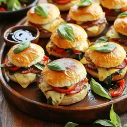 Die Hauptzutaten für die italienischen Sandwich-Slider sind einfach und lecker. Diese Zutaten geben den Slidern ihren tollen Geschmack: - 12 Slider-Brötchen - 1 Tasse Salami, in Scheiben geschnitten - 1 Tasse Capicola, in Scheiben geschnitten - 1 Tasse Provolone-Käse, in Scheiben geschnitten - 1 Tasse geröstete rote Paprika, in Scheiben geschnitten - 1/2 Tasse frische Basilikumblätter - 1/4 Tasse Olivenöl - 2 Esslöffel Balsamico-Essig - 1 Teelöffel italienische Gewürzmischung - Salz und Pfeffer nach Geschmack Diese Zutaten sind wichtig, um den authentischen italienischen Geschmack zu erzeugen. Sie können die Slider auch anpassen. Hier sind einige optionale Zutaten: - Gewürzgurken für zusätzlichen Crunch - Slice von frischem Mozzarella für mehr Cremigkeit - Peperoni für etwas Schärfe Diese Zutaten bieten noch mehr Geschmack und Abwechslung. Bei der Auswahl der besten Zutaten sollten Sie auf die Frische achten. Besuchen Sie Ihren lokalen Markt, um frisches Gemüse und Kräuter zu finden. Wählen Sie hochwertigen Käse und Aufschnitt. Diese verbessern den Geschmack der Slider. Achten Sie auch darauf, dass die Brötchen weich und frisch sind. So bleiben die Slider beim Essen saftig und lecker. Die Vorbereitungszeit für italienische Sandwich-Slider beträgt 15 Minuten. Stellen Sie sicher, dass Ihr Ofen auf 175 °C (350 °F) vorgeheizt ist. Diese Temperatur sorgt dafür, dass der Käse schön schmilzt und die Brötchen goldbraun werden. 1. Beginnen Sie mit den Slider-Brötchen. Schneiden Sie sie horizontal in der Mitte durch. 2. Legen Sie die unteren Hälften der Brötchen auf ein großes Backblech. 3. Verteilen Sie die Hälfte der Salami gleichmäßig auf den unteren Hälften. 4. Fügen Sie dann die Hälfte der Capicola-Scheiben hinzu. 5. Decken Sie alles mit der Hälfte des Provolone-Käses ab. 6. Jetzt kommen die gerösteten roten Paprika und die frischen Basilikumblätter. 7. Wiederholen Sie die Schichtung mit der restlichen Salami, Capicola und Provolone-Käse. 8. Nehmen Sie die oberen Hälften der Brötchen und träufeln Sie Olivenöl und Balsamico-Essig darüber. 9. Bestreuen Sie die Oberseiten mit der italienischen Gewürzmischung, sowie Salz und Pfeffer. 10. Setzen Sie die oberen Hälften wieder auf die unteren Hälften. 11. Decken Sie die Slider mit Aluminiumfolie ab und backen Sie sie für 15 Minuten. 12. Entfernen Sie die Folie und backen Sie sie weitere 5-7 Minuten, bis der Käse geschmolzen ist. 13. Lassen Sie die Slider kurz abkühlen, bevor Sie sie in einzelne Slider schneiden. Servieren Sie die Slider auf einem Holzbrett. Garnieren Sie sie mit frischen Basilikumblättern. Stellen Sie eine kleine Schüssel mit Balsamico-Dip daneben. Das gibt den Slidern einen besonderen geschmacklichen Akzent. Sie können auch frisches Gemüse oder Chips als Beilage anbieten. Um einen tollen Käse-Schmelz zu erreichen, benutze frischen Provolone-Käse. Schneide ihn in dünne Scheiben. So schmilzt er gleichmäßig und schnell. Lege die Käsescheiben direkt auf die Füllung. Das hilft, eine schöne, schmelzende Schicht zu schaffen. Backe die Slider mit der Folie abgedeckt, um die Hitze zu halten. Nach 15 Minuten kannst du die Folie abnehmen. So wird der Käse goldbraun und lecker. Um trockene Brötchen zu vermeiden, achte auf die Backzeit. Backe die Slider nicht zu lange. Ein leichtes Öl oder Balsamico auf die Brötchenhälften hilft, sie feucht zu halten. Wenn die Brötchen frisch sind, schmecken sie besser. Du kannst auch eine dünne Schicht Butter auf die Oberseite streichen. Das gibt zusätzlichen Geschmack und Feuchtigkeit. Du kannst die Aromen anpassen, indem du verschiedene Käsesorten verwendest. Mozzarella oder Gouda sind großartige Alternativen. Füge auch andere Zutaten hinzu, wie frische Spinatblätter oder Oliven. Wenn du es schärfer magst, probiere scharfe Salami oder Peperoni. Experimentiere mit Gewürzen. Ein Hauch von Oregano oder Chili-Flocken kann den Geschmack intensivieren. Für die vollständige Rezeptanleitung, schau dir das Full Recipe an. {{image_4}} Wenn Sie nach einer fleischlosen Option suchen, sind vegetarische Slider toll. Verwenden Sie gegrilltes Gemüse. Zucchini, Auberginen und Paprika passen gut. Fügen Sie cremigen Mozzarella oder würzigen Feta hinzu. Diese Käsearten geben einen tollen Geschmack. Ein Pesto oder eine Olivenpaste kann auch gut sein. Diese Zutaten bieten eine leckere, gesunde Wahl. Italien hat viele Regionen mit eigenen Spezialitäten. In Ligurien finden Sie Pesto in den Sandwiches. In Sizilien sind die Slider oft mit Caponata gefüllt. Diese Mischung aus Auberginen und Tomaten ist süß und herzhaft. In Neapel sind die Slider mit scharfer Salami und frischem Mozzarella beliebt. Jede Region bringt ihren eigenen Flair in die Slider. Die Auswahl an Toppings ist groß. Frische Rucola oder Spinat bringen mehr Geschmack und Farbe. Ein Spritzer Zitronensaft macht alles frisch. Oliven oder eingelegte Peperoni geben einen extra Kick. Für Saucen sind Aioli und Balsamico-Glasur sehr beliebt. Diese Optionen machen die Sandwich-Slider noch besser. Sie können nach Ihrem Geschmack variieren. Für das beste Ergebnis probieren Sie die [Full Recipe]. Lagern Sie die Sandwich-Slider in einem luftdichten Behälter. Das hilft, sie frisch zu halten. Wenn Sie noch warme Slider haben, lassen Sie sie zuerst abkühlen. Legen Sie ein Stück Pergamentpapier zwischen die Schichten, um ein Zusammenkleben zu vermeiden. Um die Slider wieder aufzuwärmen, verwenden Sie einen Ofen. Heizen Sie ihn auf 175 °C vor. Wickeln Sie die Slider in Aluminiumfolie. Backen Sie sie für etwa 10 Minuten, bis sie warm sind. So bleibt der Käse schön schmelzend und das Brot knusprig. Im Kühlschrank halten die Sandwich-Slider bis zu drei Tage. Im Gefrierfach können sie bis zu drei Monate bleiben. Achten Sie darauf, sie gut zu verpacken, um Gefrierbrand zu vermeiden. Wenn Sie sie auftauen, lassen Sie sie über Nacht im Kühlschrank. Italienische Sandwich-Slider brauchen insgesamt etwa 20 bis 25 Minuten im Ofen. Zuerst backen sie 15 Minuten mit Folie. Dann nehmen Sie die Folie ab und backen sie 5 bis 7 Minuten weiter. So wird der Käse schön geschmolzen und die Oberseite goldbraun. Ja, Sie können die Füllungen nach Belieben ändern. Probieren Sie verschiedene Wurstsorten oder Käsesorten. Gemüse wie Spinat oder Artischocken passen auch gut. Seien Sie kreativ! Jedes Mal wird es eine neue, leckere Kombination geben. Italienische Sandwich-Slider sind in vielen italienischen Restaurants erhältlich. Schauen Sie in Ihrer Nähe nach Pizzerien oder Trattorien. Auch einige Cafés bieten diese Snacks an. Über Lieferdienste können Sie die Slider direkt zu Ihnen nach Hause bestellen. Zu italienischen Sandwich-Slidern passen viele Beilagen gut. Salate sind eine frische Wahl, wie ein einfacher grüner Salat. Auch Chips oder knusprige Gemüse-Sticks sind lecker dazu. Für einen besonderen Twist können Sie ein paar Oliven oder eine Antipasti-Platte servieren. Italienische Sandwich-Slider sind einfach zuzubereiten und sehr lecker. Wir haben die besten Zutaten, Tipps und Variationen besprochen. Egal, ob Sie Fleischesser oder Vegetarier sind, es gibt für jeden eine passende Option. Achten Sie auf die richtige Lagerung, damit die Slider frisch bleiben. Letztendlich sind diese Sandwich-Slider perfekt für jedes Treffen oder einfach für einen Snack zu Hause. Lassen Sie Ihrer Kreativität freien Lauf und genießen Sie das Ergebnis!