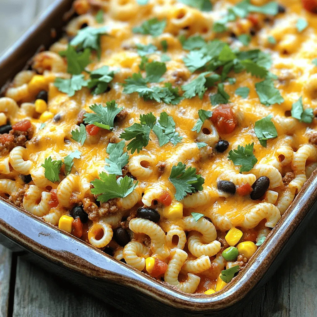 Für den Käse-Taco-Pasta-Auflauf brauchen Sie: - 225 g Ellbogen-Makkaroni - 450 g Hackfleisch (Rind oder Truthahn) - 1 kleine Zwiebel, gewürfelt - 2 Knoblauchzehen, fein gehackt - 1 Päckchen Taco-Gewürzmischung - 240 ml Salsa - 1 Dose (425 g) schwarze Bohnen, abgetropft und abgespült - 240 ml Mais (gefroren oder aus der Dose) - 200 g geriebener Cheddar-Käse (dividiert) - 240 ml saure Sahne - 1/2 Tasse frischer Koriander, gehackt (optional zur Garnitur) - Salz und Pfeffer nach Geschmack Die Hauptzutaten bieten viele Nährstoffe. Makkaroni liefern Kohlenhydrate für Energie. Hackfleisch gibt uns Protein für starke Muskeln. Bohnen sind reich an Ballaststoffen und Vitaminen. Salsa fügt Geschmack und Vitamine hinzu. Käse bringt Kalzium für gesunde Knochen. Wählen Sie frische Zutaten für den besten Geschmack. Achten Sie auf: - Hackfleisch: Es sollte eine leuchtend rote Farbe haben. Vermeiden Sie Fleisch mit grauen Stellen. - Gemüse: Zwiebeln sollten fest und ohne dunkle Flecken sein. Knoblauch sollte trocken und nicht keimig sein. - Bohnen: Wenn Sie Dosen verwenden, wählen Sie solche ohne Zusatzstoffe. - Käse: Kaufen Sie geriebenen Käse, der ohne Konservierungsstoffe ist. Frisch ist immer besser! Wenn Sie diese Tipps befolgen, wird Ihr Auflauf noch leckerer. Sehen Sie sich das Full Recipe für alle Schritte an. Koche die Ellbogen-Makkaroni in einem großen Topf. Folge den Anweisungen auf der Verpackung, bis sie al dente sind. Das bedeutet, sie sollten weich, aber mit einem leichten Biss sein. Danach gieße sie ab und stelle sie beiseite. So haben sie genug Zeit, um abzukühlen. Nimm eine große Pfanne und erhitze sie bei mittlerer Hitze. Gib das Hackfleisch, die gewürfelte Zwiebel und den gehackten Knoblauch hinein. Brate das Fleisch an, bis es braun ist. Das dauert etwa 5 bis 7 Minuten. Achte darauf, das Fleisch gut zu rühren, damit es gleichmäßig bräunt. Jetzt wird es spannend! Füge die Taco-Gewürzmischung, Salsa, schwarze Bohnen und Mais zur Pfanne hinzu. Koche alles etwa 3 bis 4 Minuten lang. Rühre gut um, bis die Mischung heiß ist. In einer großen Schüssel vermische nun die gekochten Makkaroni, die Fleischmischung, die Hälfte des geriebenen Cheddar-Käses und die saure Sahne. Schmecke mit Salz und Pfeffer ab. Übertrage die Mischung in eine gefettete Auflaufform. Verteile alles gleichmäßig. Bedecke den Auflauf mit dem restlichen Cheddar-Käse. Heize deinen Ofen auf 175 °C vor und backe das Gericht für 25 bis 30 Minuten. Der Käse sollte blubbern und eine goldbraune Farbe haben. Lass den Auflauf einige Minuten abkühlen, bevor du ihn servierst. Garnieren kannst du ihn mit frischem Koriander, wenn du magst. Für das vollständige Rezept, schau dir den [Full Recipe] an. Ein häufiger Fehler ist, die Makkaroni zu lange zu kochen. Sie sollten al dente sein, damit sie im Ofen nicht matschig werden. Achten Sie auch darauf, das Hackfleisch gut anzubraten. Wenn es nicht braun genug ist, fehlt der Geschmack. Vergessen Sie nicht, die Gewürze gut zu mischen. So schmeckt jeder Bissen würzig und lecker. Um den Käse perfekt zu schmelzen, decken Sie den Auflauf mit Folie ab, wenn er in den Ofen geht. So bleibt die Feuchtigkeit drin und der Käse schmilzt gleichmäßig. Nach der Hälfte der Backzeit können Sie die Folie abnehmen. So wird der Käse schön goldbraun. Experimentieren Sie mit verschiedenen Käsesorten, um neue Geschmäcker zu entdecken. Ich empfehle, den Auflauf direkt aus der Form zu servieren. Das sieht toll aus und macht wenig Arbeit. Eine Schale Salsa oder Guacamole passt perfekt dazu. Auch frische Salate sind eine gute Beilage. Sie bringen Farbe und einen frischen Geschmack auf den Tisch. Für eine besondere Note können Sie frischen Koriander darauf streuen. Jede Beilage macht das Essen noch besser! {{image_4}} Um den Käse-Taco-Pasta-Auflauf vegetarisch zu machen, ersetzen Sie das Hackfleisch. Verwenden Sie stattdessen eine Mischung aus gebratenem Tofu oder Pilzen. Diese Zutaten bieten einen tollen Geschmack und eine gute Textur. Fügen Sie auch mehr Gemüse hinzu, wie Zucchini oder Paprika. Diese Optionen machen das Gericht bunt und gesund. Für eine glutenfreie Version verwenden Sie glutenfreie Makkaroni. Diese gibt es in vielen Geschäften. Achten Sie darauf, auch die Salsa und die Taco-Gewürzmischung zu prüfen. Einige Marken enthalten Gluten. Sie können auch selbst eine Taco-Gewürzmischung aus Paprika, Kreuzkümmel und anderen Gewürzen herstellen. Wenn Sie weniger Käse mögen, probieren Sie eine Mischung aus Hüttenkäse und veganem Käse. Diese sind leichter, aber schmecken trotzdem gut. Für Gewürzliebhaber gibt es viele Optionen. Fügen Sie Chili-Pulver oder Cayennepfeffer für mehr Schärfe hinzu. Experimentieren Sie mit den Gewürzen, um den perfekten Geschmack für Ihr Gericht zu finden. Um die Reste Ihres Käse-Taco-Pasta-Auflaufs gut zu lagern, lassen Sie ihn zuerst abkühlen. Geben Sie dann die Reste in einen luftdichten Behälter. Lagern Sie den Behälter im Kühlschrank. So bleibt der Auflauf frisch und lecker. Er sollte innerhalb von 3-4 Tagen verzehrt werden. Wenn Sie den Auflauf für später aufbewahren möchten, können Sie ihn einfrieren. Lassen Sie den Auflauf vollständig abkühlen, bevor Sie ihn in eine gefriergeeignete Form geben. Decken Sie die Form gut mit Frischhaltefolie und Alufolie ab. Der Käse-Taco-Pasta-Auflauf hält sich bis zu 3 Monate im Gefrierfach. Zum Auftauen nehmen Sie ihn einfach einen Tag vorher aus dem Gefrierfach und lassen ihn im Kühlschrank. Um den Auflauf wieder aufzuwärmen, heizen Sie den Ofen auf 175 °C vor. Nehmen Sie den Auflauf aus dem Kühlschrank oder Gefrierfach. Decken Sie ihn mit Alufolie ab, um ein Austrocknen zu verhindern. Backen Sie ihn für etwa 20-25 Minuten, bis er durchgehend heiß ist. Wenn der Auflauf gefroren ist, kann er länger dauern. Überprüfen Sie den Auflauf gelegentlich, um sicherzustellen, dass er nicht verbrennt. Ja, du kannst anderes Fleisch verwenden. Hühnchen oder Pute passen gut. Du kannst auch vegetarische Alternativen wie Tofu oder Linsen probieren. Diese Optionen sind lecker und nahrhaft. Wenn du Rind oder Truthahn magst, bleibe dabei. Es ist wichtig, das Fleisch gut anzubraten, damit es saftig bleibt. Der Auflauf hält im Kühlschrank etwa drei bis fünf Tage. Stelle sicher, dass du ihn in einem luftdichten Behälter aufbewahrst. So bleibt er frisch und lecker. Wenn du Reste hast, genieße sie in den nächsten Tagen. Das Erwärmen ist einfach und schmackhaft. Ja, das kannst du! Bereite die Mischung am Vorabend vor. Stelle die Form abgedeckt in den Kühlschrank. Backe den Auflauf einfach direkt aus dem Kühlschrank. Du musst eventuell die Backzeit anpassen. Der Auflauf schmeckt frisch und köstlich, auch wenn du ihn später machst. Um den Auflauf gesünder zu machen, wähle mageres Fleisch oder Tofu. Du kannst auch mehr Gemüse hinzufügen. Paprika, Zucchini oder Spinat passen gut. Verwende weniger Käse oder nimm fettarmen Käse. Das reduziert die Kalorien. So bleibt der Auflauf lecker und nahrhaft! In diesem Blogbeitrag haben wir die Zutaten für den Auflauf und deren Nährstoffe betrachtet. Ich habe dir eine Schritt-für-Schritt-Anleitung für die Zubereitung gegeben und wichtige Tipps und Tricks geteilt. Zudem haben wir Variationen gesehen, die du ausprobieren kannst. Denke daran, Reste richtig zu lagern, damit du sie später genießen kannst. Mit diesen Informationen bist du bereit, deinen eigenen Auflauf zu kreieren und anzupassen. Viel Spaß beim Kochen!