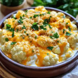 - 1 große Blumenkohl, in Röschen zerteilt - 1 Tasse scharfer Cheddar-Käse, gerieben - 1 Tasse Mozzarella-Käse, gerieben - ½ Tasse Frischkäse, weich gemacht - ½ Tasse saure Sahne - 2 Knoblauchzehen, fein gehackt - 1 Teelöffel Paprika - ½ Teelöffel Zwiebelpulver - Salz und Pfeffer nach Geschmack - ½ Tasse Semmelbrösel (für das Topping) - 2 Esslöffel frische Petersilie, gehackt (zum Garnieren) Ich liebe es, mit frischen Zutaten zu kochen. Der Blumenkohl ist eine Hauptzutat. Er hat einen milden Geschmack und ist sehr gesund. Der scharfe Cheddar-Käse bringt eine tolle Würze. Mozzarella macht alles schön cremig und zieht beim Servieren. Frischkäse und saure Sahne geben dem Auflauf eine reichhaltige Basis. Knoblauch bringt ein tolles Aroma. Gewürze wie Paprika und Zwiebelpulver geben dem Gericht den letzten Schliff. Die Semmelbrösel sorgen für einen knusprigen Biss. Petersilie ist das perfekte Finish. Sie bringt Farbe und Frische auf den Teller. Für die vollständige Liste der Zutaten und die Zubereitung schauen Sie sich das Rezept an. - Heizen Sie Ihren Ofen auf 190 °C vor. - Kochen Sie die Blumenkohlröschen für 5-7 Minuten. Sie sollten leicht zart sein, aber noch knackig. Gießen Sie das Wasser ab und stellen Sie sie beiseite. - Vermengen Sie in einer Schüssel den Frischkäse und die saure Sahne. - Fügen Sie die gehackten Knoblauchzehen, Paprika, Zwiebelpulver, Salz und Pfeffer hinzu. Rühren Sie, bis alles gut vermischt ist. - Geben Sie die Hälfte des scharfen Cheddar- und Mozzarella-Käses zur Mischung und rühren Sie gut um. - Mischen Sie die gekochten Blumenkohlröschen mit der Käsesoße. Achten Sie darauf, dass alle Röschen gut bedeckt sind. - Streuen Sie den restlichen Cheddar- und Mozzarella-Käse gleichmäßig auf die Blumenkohlmasse. - Backen Sie den Auflauf 25-30 Minuten lang. Der Käse sollte sprudelnd und goldbraun sein. - Nehmen Sie den Auflauf aus dem Ofen. Lassen Sie ihn einige Minuten abkühlen. - Garnieren Sie den Auflauf mit frisch gehackter Petersilie. Für eine detaillierte Anleitung und weitere Tipps, sehen Sie sich das Full Recipe an. Um die beste Konsistenz zu erreichen, blanchiere den Blumenkohl gut. Koche die Röschen 5-7 Minuten in gesalzenem Wasser. Sie sollten zart und leicht knackig sein. So bleibt der Blumenkohl beim Backen fest und lecker. Die ideale Käsemischung ist wichtig für den Geschmack. Ich empfehle, scharfen Cheddar und Mozzarella zu mischen. Diese Kombi gibt dir die perfekte Balance zwischen Geschmack und Schmelz. Du kannst den Auflauf leicht anpassen. Probiere verschiedene Käsesorten wie Gouda oder Parmesan. Auch die Gewürze sind anpassbar. Magst du es würziger? Füge mehr Paprika oder Chili hinzu. Alternativ kannst du andere Gemüsesorten verwenden. Brokkoli oder Karotten passen gut in diesen Auflauf. Sie bringen Farbe und zusätzliche Nährstoffe. Für die Präsentation hast du mehrere Optionen. Serviere den Auflauf direkt in der Form für einen rustikalen Look. Das sieht gemütlich und einladend aus. Für einen eleganten Stil fülle den Auflauf in kleine Ramequins. Das macht das Gericht besonders und ansprechend. Zum Garnieren empfehle ich frische Petersilie. Sie gibt dem Auflauf einen schönen Farbkontrast. So sieht dein Käse Blumenkohl Auflauf nicht nur lecker aus, sondern schmeckt auch so! {{image_4}} Für die perfekte Käsemischung kann man Gouda oder Parmesan nutzen. Gouda bringt eine süße Note, während Parmesan einen scharfen Geschmack hinzufügt. Wenn Sie den Auflauf noch persönlicher machen möchten, passen Sie die Käsesorten nach Ihrem Geschmack an. Experimentieren Sie mit mildem oder starkem Käse. So finden Sie die Kombination, die Ihnen am besten schmeckt. Um den Auflauf aufzupeppen, fügen Sie Brokkoli oder Karotten hinzu. Diese Gemüsesorten passen gut zu Blumenkohl. Sie bringen Farbe und zusätzliche Nährstoffe. Überlegen Sie auch, zusätzliche Gewürze oder Kräuter zu verwenden. Thymian oder Oregano sorgen für mehr Tiefe im Geschmack und machen das Gericht noch interessanter. Für eine glutenfreie Version gibt es viele Alternativen für Semmelbrösel. Nutzen Sie gemahlene Mandeln oder glutenfreie Haferflocken. Diese Optionen bieten eine leckere, knusprige Textur. Auch bei den Käsesorten sollten Sie auf glutenfreie Produkte achten. So bleibt der Auflauf für jeden Genusstrend geeignet. Für das vollständige Rezept, schauen Sie sich den Full Recipe an. Wie lange hält der Auflauf im Kühlschrank? Ihr Käse Blumenkohl Auflauf bleibt bis zu fünf Tage frisch. Lagern Sie ihn in einem luftdichten Behälter. So bleibt der Geschmack erhalten und der Käse bleibt weich. Den Auflauf richtig abdecken. Decken Sie den Auflauf gut ab. Verwenden Sie Frischhaltefolie oder einen passenden Deckel. Das schützt ihn vor Gerüchen im Kühlschrank. So frieren Sie den Auflauf ein. Lassen Sie den Auflauf vor dem Einfrieren abkühlen. Teilen Sie ihn in Portionen auf. Wickeln Sie jede Portion in Frischhaltefolie ein. Legen Sie sie dann in einen Gefrierbeutel. So bleibt der Auflauf bis zu drei Monate haltbar. Auftau- und Aufwärmtipps. Um den Auflauf aufzutauen, stellen Sie ihn über Nacht in den Kühlschrank. Für das Aufwärmen nutzen Sie den Ofen. Backen Sie bei 180 °C für 20-25 Minuten, bis er heiß ist. So bleibt der Käse schön schmelzend. Die Zubereitung dauert insgesamt etwa 50 Minuten. Davon sind 15 Minuten für die Vorbereitung nötig. Kochen Sie den Blumenkohl für 5-7 Minuten. Backen Sie den Auflauf dann für 25-30 Minuten. Diese Zeit reicht für einen leckeren und goldbraunen Käse Blumenkohl Auflauf. Ja, Sie können den Auflauf im Voraus zubereiten. Bereiten Sie ihn bis zum Backen vor und decken Sie ihn ab. Stellen Sie ihn dann in den Kühlschrank. Sie können ihn bis zu einem Tag vorher machen. Backen Sie ihn einfach, wenn Sie bereit sind, ihn zu servieren. Achten Sie darauf, den Auflauf etwas länger zu backen, wenn er kalt ist. Käse Blumenkohl Auflauf passt gut zu vielen Beilagen. Hier sind einige Vorschläge: - Ein frischer grüner Salat - Gegrilltes Hähnchen oder Fisch - Reis oder Quinoa als Beilage - Knuspriges Brot für etwas Crunch Diese Beilagen ergänzen den Auflauf und machen das Essen perfekt. Der Käse-Blumenkohl-Auflauf ist einfach und lecker. Mit frischem Blumenkohl, Cheddar- und Mozzarella-Käse kreieren Sie eine köstliche Käsesoße. Sie können das Rezept leicht anpassen und verschiedene Zutaten oder Gewürze hinzufügen. Achten Sie auf die perfekte Konsistenz, um beste Ergebnisse zu erzielen. Lagern Sie Reste im Kühlschrank oder frieren Sie sie ein. Werden Sie kreativ mit den Varianten! Genießen Sie dieses Gericht bei Ihrem nächsten Essen.