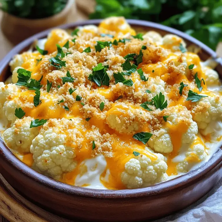 - 1 große Blumenkohl, in Röschen zerteilt - 1 Tasse scharfer Cheddar-Käse, gerieben - 1 Tasse Mozzarella-Käse, gerieben - ½ Tasse Frischkäse, weich gemacht - ½ Tasse saure Sahne - 2 Knoblauchzehen, fein gehackt - 1 Teelöffel Paprika - ½ Teelöffel Zwiebelpulver - Salz und Pfeffer nach Geschmack - ½ Tasse Semmelbrösel (für das Topping) - 2 Esslöffel frische Petersilie, gehackt (zum Garnieren) Ich liebe es, mit frischen Zutaten zu kochen. Der Blumenkohl ist eine Hauptzutat. Er hat einen milden Geschmack und ist sehr gesund. Der scharfe Cheddar-Käse bringt eine tolle Würze. Mozzarella macht alles schön cremig und zieht beim Servieren. Frischkäse und saure Sahne geben dem Auflauf eine reichhaltige Basis. Knoblauch bringt ein tolles Aroma. Gewürze wie Paprika und Zwiebelpulver geben dem Gericht den letzten Schliff. Die Semmelbrösel sorgen für einen knusprigen Biss. Petersilie ist das perfekte Finish. Sie bringt Farbe und Frische auf den Teller. Für die vollständige Liste der Zutaten und die Zubereitung schauen Sie sich das Rezept an. - Heizen Sie Ihren Ofen auf 190 °C vor. - Kochen Sie die Blumenkohlröschen für 5-7 Minuten. Sie sollten leicht zart sein, aber noch knackig. Gießen Sie das Wasser ab und stellen Sie sie beiseite. - Vermengen Sie in einer Schüssel den Frischkäse und die saure Sahne. - Fügen Sie die gehackten Knoblauchzehen, Paprika, Zwiebelpulver, Salz und Pfeffer hinzu. Rühren Sie, bis alles gut vermischt ist. - Geben Sie die Hälfte des scharfen Cheddar- und Mozzarella-Käses zur Mischung und rühren Sie gut um. - Mischen Sie die gekochten Blumenkohlröschen mit der Käsesoße. Achten Sie darauf, dass alle Röschen gut bedeckt sind. - Streuen Sie den restlichen Cheddar- und Mozzarella-Käse gleichmäßig auf die Blumenkohlmasse. - Backen Sie den Auflauf 25-30 Minuten lang. Der Käse sollte sprudelnd und goldbraun sein. - Nehmen Sie den Auflauf aus dem Ofen. Lassen Sie ihn einige Minuten abkühlen. - Garnieren Sie den Auflauf mit frisch gehackter Petersilie. Für eine detaillierte Anleitung und weitere Tipps, sehen Sie sich das Full Recipe an. Um die beste Konsistenz zu erreichen, blanchiere den Blumenkohl gut. Koche die Röschen 5-7 Minuten in gesalzenem Wasser. Sie sollten zart und leicht knackig sein. So bleibt der Blumenkohl beim Backen fest und lecker. Die ideale Käsemischung ist wichtig für den Geschmack. Ich empfehle, scharfen Cheddar und Mozzarella zu mischen. Diese Kombi gibt dir die perfekte Balance zwischen Geschmack und Schmelz. Du kannst den Auflauf leicht anpassen. Probiere verschiedene Käsesorten wie Gouda oder Parmesan. Auch die Gewürze sind anpassbar. Magst du es würziger? Füge mehr Paprika oder Chili hinzu. Alternativ kannst du andere Gemüsesorten verwenden. Brokkoli oder Karotten passen gut in diesen Auflauf. Sie bringen Farbe und zusätzliche Nährstoffe. Für die Präsentation hast du mehrere Optionen. Serviere den Auflauf direkt in der Form für einen rustikalen Look. Das sieht gemütlich und einladend aus. Für einen eleganten Stil fülle den Auflauf in kleine Ramequins. Das macht das Gericht besonders und ansprechend. Zum Garnieren empfehle ich frische Petersilie. Sie gibt dem Auflauf einen schönen Farbkontrast. So sieht dein Käse Blumenkohl Auflauf nicht nur lecker aus, sondern schmeckt auch so! {{image_4}} Für die perfekte Käsemischung kann man Gouda oder Parmesan nutzen. Gouda bringt eine süße Note, während Parmesan einen scharfen Geschmack hinzufügt. Wenn Sie den Auflauf noch persönlicher machen möchten, passen Sie die Käsesorten nach Ihrem Geschmack an. Experimentieren Sie mit mildem oder starkem Käse. So finden Sie die Kombination, die Ihnen am besten schmeckt. Um den Auflauf aufzupeppen, fügen Sie Brokkoli oder Karotten hinzu. Diese Gemüsesorten passen gut zu Blumenkohl. Sie bringen Farbe und zusätzliche Nährstoffe. Überlegen Sie auch, zusätzliche Gewürze oder Kräuter zu verwenden. Thymian oder Oregano sorgen für mehr Tiefe im Geschmack und machen das Gericht noch interessanter. Für eine glutenfreie Version gibt es viele Alternativen für Semmelbrösel. Nutzen Sie gemahlene Mandeln oder glutenfreie Haferflocken. Diese Optionen bieten eine leckere, knusprige Textur. Auch bei den Käsesorten sollten Sie auf glutenfreie Produkte achten. So bleibt der Auflauf für jeden Genusstrend geeignet. Für das vollständige Rezept, schauen Sie sich den Full Recipe an. Wie lange hält der Auflauf im Kühlschrank? Ihr Käse Blumenkohl Auflauf bleibt bis zu fünf Tage frisch. Lagern Sie ihn in einem luftdichten Behälter. So bleibt der Geschmack erhalten und der Käse bleibt weich. Den Auflauf richtig abdecken. Decken Sie den Auflauf gut ab. Verwenden Sie Frischhaltefolie oder einen passenden Deckel. Das schützt ihn vor Gerüchen im Kühlschrank. So frieren Sie den Auflauf ein. Lassen Sie den Auflauf vor dem Einfrieren abkühlen. Teilen Sie ihn in Portionen auf. Wickeln Sie jede Portion in Frischhaltefolie ein. Legen Sie sie dann in einen Gefrierbeutel. So bleibt der Auflauf bis zu drei Monate haltbar. Auftau- und Aufwärmtipps. Um den Auflauf aufzutauen, stellen Sie ihn über Nacht in den Kühlschrank. Für das Aufwärmen nutzen Sie den Ofen. Backen Sie bei 180 °C für 20-25 Minuten, bis er heiß ist. So bleibt der Käse schön schmelzend. Die Zubereitung dauert insgesamt etwa 50 Minuten. Davon sind 15 Minuten für die Vorbereitung nötig. Kochen Sie den Blumenkohl für 5-7 Minuten. Backen Sie den Auflauf dann für 25-30 Minuten. Diese Zeit reicht für einen leckeren und goldbraunen Käse Blumenkohl Auflauf. Ja, Sie können den Auflauf im Voraus zubereiten. Bereiten Sie ihn bis zum Backen vor und decken Sie ihn ab. Stellen Sie ihn dann in den Kühlschrank. Sie können ihn bis zu einem Tag vorher machen. Backen Sie ihn einfach, wenn Sie bereit sind, ihn zu servieren. Achten Sie darauf, den Auflauf etwas länger zu backen, wenn er kalt ist. Käse Blumenkohl Auflauf passt gut zu vielen Beilagen. Hier sind einige Vorschläge: - Ein frischer grüner Salat - Gegrilltes Hähnchen oder Fisch - Reis oder Quinoa als Beilage - Knuspriges Brot für etwas Crunch Diese Beilagen ergänzen den Auflauf und machen das Essen perfekt. Der Käse-Blumenkohl-Auflauf ist einfach und lecker. Mit frischem Blumenkohl, Cheddar- und Mozzarella-Käse kreieren Sie eine köstliche Käsesoße. Sie können das Rezept leicht anpassen und verschiedene Zutaten oder Gewürze hinzufügen. Achten Sie auf die perfekte Konsistenz, um beste Ergebnisse zu erzielen. Lagern Sie Reste im Kühlschrank oder frieren Sie sie ein. Werden Sie kreativ mit den Varianten! Genießen Sie dieses Gericht bei Ihrem nächsten Essen.