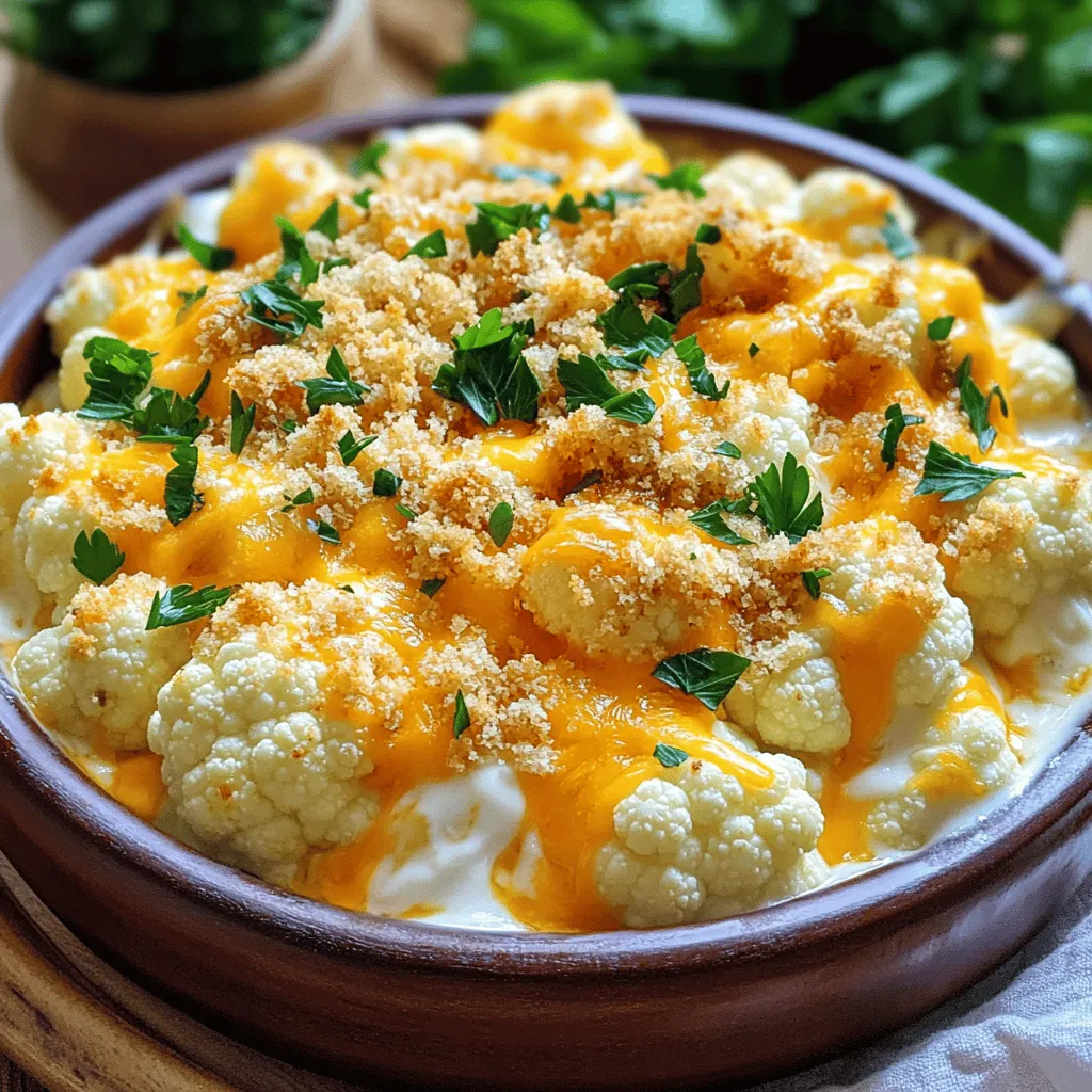 - 1 große Blumenkohl, in Röschen zerteilt - 1 Tasse scharfer Cheddar-Käse, gerieben - 1 Tasse Mozzarella-Käse, gerieben - ½ Tasse Frischkäse, weich gemacht - ½ Tasse saure Sahne - 2 Knoblauchzehen, fein gehackt - 1 Teelöffel Paprika - ½ Teelöffel Zwiebelpulver - Salz und Pfeffer nach Geschmack - ½ Tasse Semmelbrösel (für das Topping) - 2 Esslöffel frische Petersilie, gehackt (zum Garnieren) Ich liebe es, mit frischen Zutaten zu kochen. Der Blumenkohl ist eine Hauptzutat. Er hat einen milden Geschmack und ist sehr gesund. Der scharfe Cheddar-Käse bringt eine tolle Würze. Mozzarella macht alles schön cremig und zieht beim Servieren. Frischkäse und saure Sahne geben dem Auflauf eine reichhaltige Basis. Knoblauch bringt ein tolles Aroma. Gewürze wie Paprika und Zwiebelpulver geben dem Gericht den letzten Schliff. Die Semmelbrösel sorgen für einen knusprigen Biss. Petersilie ist das perfekte Finish. Sie bringt Farbe und Frische auf den Teller. Für die vollständige Liste der Zutaten und die Zubereitung schauen Sie sich das Rezept an. - Heizen Sie Ihren Ofen auf 190 °C vor. - Kochen Sie die Blumenkohlröschen für 5-7 Minuten. Sie sollten leicht zart sein, aber noch knackig. Gießen Sie das Wasser ab und stellen Sie sie beiseite. - Vermengen Sie in einer Schüssel den Frischkäse und die saure Sahne. - Fügen Sie die gehackten Knoblauchzehen, Paprika, Zwiebelpulver, Salz und Pfeffer hinzu. Rühren Sie, bis alles gut vermischt ist. - Geben Sie die Hälfte des scharfen Cheddar- und Mozzarella-Käses zur Mischung und rühren Sie gut um. - Mischen Sie die gekochten Blumenkohlröschen mit der Käsesoße. Achten Sie darauf, dass alle Röschen gut bedeckt sind. - Streuen Sie den restlichen Cheddar- und Mozzarella-Käse gleichmäßig auf die Blumenkohlmasse. - Backen Sie den Auflauf 25-30 Minuten lang. Der Käse sollte sprudelnd und goldbraun sein. - Nehmen Sie den Auflauf aus dem Ofen. Lassen Sie ihn einige Minuten abkühlen. - Garnieren Sie den Auflauf mit frisch gehackter Petersilie. Für eine detaillierte Anleitung und weitere Tipps, sehen Sie sich das Full Recipe an. Um die beste Konsistenz zu erreichen, blanchiere den Blumenkohl gut. Koche die Röschen 5-7 Minuten in gesalzenem Wasser. Sie sollten zart und leicht knackig sein. So bleibt der Blumenkohl beim Backen fest und lecker. Die ideale Käsemischung ist wichtig für den Geschmack. Ich empfehle, scharfen Cheddar und Mozzarella zu mischen. Diese Kombi gibt dir die perfekte Balance zwischen Geschmack und Schmelz. Du kannst den Auflauf leicht anpassen. Probiere verschiedene Käsesorten wie Gouda oder Parmesan. Auch die Gewürze sind anpassbar. Magst du es würziger? Füge mehr Paprika oder Chili hinzu. Alternativ kannst du andere Gemüsesorten verwenden. Brokkoli oder Karotten passen gut in diesen Auflauf. Sie bringen Farbe und zusätzliche Nährstoffe. Für die Präsentation hast du mehrere Optionen. Serviere den Auflauf direkt in der Form für einen rustikalen Look. Das sieht gemütlich und einladend aus. Für einen eleganten Stil fülle den Auflauf in kleine Ramequins. Das macht das Gericht besonders und ansprechend. Zum Garnieren empfehle ich frische Petersilie. Sie gibt dem Auflauf einen schönen Farbkontrast. So sieht dein Käse Blumenkohl Auflauf nicht nur lecker aus, sondern schmeckt auch so! {{image_4}} Für die perfekte Käsemischung kann man Gouda oder Parmesan nutzen. Gouda bringt eine süße Note, während Parmesan einen scharfen Geschmack hinzufügt. Wenn Sie den Auflauf noch persönlicher machen möchten, passen Sie die Käsesorten nach Ihrem Geschmack an. Experimentieren Sie mit mildem oder starkem Käse. So finden Sie die Kombination, die Ihnen am besten schmeckt. Um den Auflauf aufzupeppen, fügen Sie Brokkoli oder Karotten hinzu. Diese Gemüsesorten passen gut zu Blumenkohl. Sie bringen Farbe und zusätzliche Nährstoffe. Überlegen Sie auch, zusätzliche Gewürze oder Kräuter zu verwenden. Thymian oder Oregano sorgen für mehr Tiefe im Geschmack und machen das Gericht noch interessanter. Für eine glutenfreie Version gibt es viele Alternativen für Semmelbrösel. Nutzen Sie gemahlene Mandeln oder glutenfreie Haferflocken. Diese Optionen bieten eine leckere, knusprige Textur. Auch bei den Käsesorten sollten Sie auf glutenfreie Produkte achten. So bleibt der Auflauf für jeden Genusstrend geeignet. Für das vollständige Rezept, schauen Sie sich den Full Recipe an. Wie lange hält der Auflauf im Kühlschrank? Ihr Käse Blumenkohl Auflauf bleibt bis zu fünf Tage frisch. Lagern Sie ihn in einem luftdichten Behälter. So bleibt der Geschmack erhalten und der Käse bleibt weich. Den Auflauf richtig abdecken. Decken Sie den Auflauf gut ab. Verwenden Sie Frischhaltefolie oder einen passenden Deckel. Das schützt ihn vor Gerüchen im Kühlschrank. So frieren Sie den Auflauf ein. Lassen Sie den Auflauf vor dem Einfrieren abkühlen. Teilen Sie ihn in Portionen auf. Wickeln Sie jede Portion in Frischhaltefolie ein. Legen Sie sie dann in einen Gefrierbeutel. So bleibt der Auflauf bis zu drei Monate haltbar. Auftau- und Aufwärmtipps. Um den Auflauf aufzutauen, stellen Sie ihn über Nacht in den Kühlschrank. Für das Aufwärmen nutzen Sie den Ofen. Backen Sie bei 180 °C für 20-25 Minuten, bis er heiß ist. So bleibt der Käse schön schmelzend. Die Zubereitung dauert insgesamt etwa 50 Minuten. Davon sind 15 Minuten für die Vorbereitung nötig. Kochen Sie den Blumenkohl für 5-7 Minuten. Backen Sie den Auflauf dann für 25-30 Minuten. Diese Zeit reicht für einen leckeren und goldbraunen Käse Blumenkohl Auflauf. Ja, Sie können den Auflauf im Voraus zubereiten. Bereiten Sie ihn bis zum Backen vor und decken Sie ihn ab. Stellen Sie ihn dann in den Kühlschrank. Sie können ihn bis zu einem Tag vorher machen. Backen Sie ihn einfach, wenn Sie bereit sind, ihn zu servieren. Achten Sie darauf, den Auflauf etwas länger zu backen, wenn er kalt ist. Käse Blumenkohl Auflauf passt gut zu vielen Beilagen. Hier sind einige Vorschläge: - Ein frischer grüner Salat - Gegrilltes Hähnchen oder Fisch - Reis oder Quinoa als Beilage - Knuspriges Brot für etwas Crunch Diese Beilagen ergänzen den Auflauf und machen das Essen perfekt. Der Käse-Blumenkohl-Auflauf ist einfach und lecker. Mit frischem Blumenkohl, Cheddar- und Mozzarella-Käse kreieren Sie eine köstliche Käsesoße. Sie können das Rezept leicht anpassen und verschiedene Zutaten oder Gewürze hinzufügen. Achten Sie auf die perfekte Konsistenz, um beste Ergebnisse zu erzielen. Lagern Sie Reste im Kühlschrank oder frieren Sie sie ein. Werden Sie kreativ mit den Varianten! Genießen Sie dieses Gericht bei Ihrem nächsten Essen.