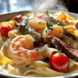 - 250 g Fettuccine-Nudeln - 450 g Garnelen, geschält und entdarmt - 450 g Rindersteak, in dünne Streifen geschnitten - 2 Esslöffel Cajun-Gewürz (nach Geschmack anpassen) - 2 Esslöffel Olivenöl - 4 Knoblauchzehen, fein gehackt - 240 ml Schlagsahne - 100 g geriebener Parmesan - 150 g Kirschtomaten, halbiert - Salz und Pfeffer nach Geschmack Die Hauptzutaten sind wichtig für das Gericht. Sie geben dem Essen den tollen Geschmack. Die Fettuccine sind die Grundlage. Die Garnelen und das Steak machen es besonders lecker. Cajun-Gewürz bringt den Pfiff. Es ist gut, die Gewürze nach deinem Geschmack anzupassen. - Frische Petersilie - Geriebener Parmesan Das Garnieren macht das Gericht schön und erhöht den Geschmack. Frische Petersilie bringt Farbe. Geriebener Parmesan fügt eine cremige Note hinzu. Diese Zutaten sind nicht nötig, machen aber viel aus. Wenn du Gäste hast, beeindrucken sie sicher mit dem schönen Teller. Wenn du mehr Details willst, sieh dir das [Full Recipe] an. Um die Fettuccine richtig zu kochen, bringe einen großen Topf mit Wasser zum Kochen. Füge großzügig Salz hinzu. Gib die Fettuccine hinein und koche sie laut Packungsanweisung al dente. Das bedeutet, sie sollten weich, aber noch bissfest sein. Wenn die Nudeln fertig sind, gieße sie ab und stelle sie beiseite. Tipps für die richtige Konsistenz: - Achte darauf, die Nudeln nicht zu lange zu kochen. - Ein Spritzer Olivenöl im Wasser kann das Verkleben verhindern. Würze das Rindersteak zuerst. Nimm die Steakstreifen und lege sie in eine Schüssel. Füge 1 Esslöffel Cajun-Gewürz hinzu und mische alles gut. Das Steak ist nun bereit. Erhitze 1 Esslöffel Olivenöl in einer großen Pfanne bei mittlerer Hitze. Gib die gewürzten Steakstreifen hinein und brate sie etwa 4-5 Minuten lang. Das Steak sollte schön braun sein. Nimm das Steak aus der Pfanne und stelle es beiseite. Jetzt kommt die Garnelen-Zubereitung. Füge das restliche Olivenöl in die Pfanne und gib die Garnelen hinein. Streue das verbleibende Cajun-Gewürz darüber. Brate die Garnelen 2-3 Minuten, bis sie rosa und gar sind. Nimm sie dann vom Herd. In derselben Pfanne, in der du das Steak und die Garnelen zubereitet hast, reduziere die Hitze auf mittel. Füge den gehackten Knoblauch hinzu und brate ihn 30 Sekunden lang an, bis er gut riecht. Gieße die Schlagsahne hinein und rühre langsam, bis die Sauce leicht köchelt. Jetzt kommt der Käse. Gib Schritt für Schritt den geriebenen Parmesan zur Sauce. Rühre konstant, bis der Käse schmilzt und die Sauce dicker wird. Das dauert etwa 2-3 Minuten. Würze die Sauce nach Geschmack mit Salz und Pfeffer. Jetzt ist es Zeit, alles zu kombinieren. Füge die gekochten Fettuccine, die halbierten Kirschtomaten, das gebratene Steak und die Garnelen zu der Alfredo-Sauce hinzu. Mische alles gut, bis es gleichmäßig warm ist. Serviervorschläge: - Serviere das Gericht in tiefen Tellern. - Garniere jeden Teller mit frischer Petersilie und etwas geriebenem Parmesan für extra Geschmack. Für das vollständige Rezept schaue dir die Beschreibung an und genieße dein köstliches Cajun Shrimp und Steak Alfredo! Für das Steak empfehle ich eine Garzeit von etwa 4-5 Minuten. Brate es bei mittelhoher Hitze, bis es braun ist. Du kannst die Garstufen mit einem Fleischthermometer überprüfen. Für medium rare sollte die Innentemperatur etwa 57 °C betragen. Die Garnelen benötigen nur 2-3 Minuten. Sie sind gar, wenn sie rosa sind. Achte darauf, sie nicht zu lange zu braten, sonst werden sie gummiartig. Füge die gekochten Fettuccine zur Sauce hinzu, wenn sie al dente sind. So bleibt die Pasta knackig und nimmt den Geschmack der Sauce gut auf. Du kannst die Gewürze nach deinem Geschmack anpassen. Mehr Cajun-Gewürz gibt dem Gericht eine schärfere Note. Wenn du es milder magst, reduziere die Menge. Zusätzliche Aromen machen das Gericht interessanter. Füge zum Beispiel etwas Zitronensaft hinzu. Das bringt Frische und hebt die anderen Geschmäcker hervor. Auch frische Kräuter wie Basilikum oder Thymian können einen tollen Effekt haben. Für mehr Tiefe kannst du einen Schuss Weißwein in die Sauce geben. Lass ihn kurz köcheln, bevor du die Sahne hinzufügst. So entsteht ein reicherer Geschmack. Für das vollständige Rezept, schau dir die Anleitung im [Full Recipe] an. {{image_4}} Für alle, die kein Fleisch essen, gibt es tolle Möglichkeiten. Du kannst die Garnelen und das Steak ganz weglassen. Stattdessen nimm frisches Gemüse. Zucchini, Paprika und Brokkoli passen sehr gut. Verwende auch Pflanzensahne, um die Sauce cremig zu machen. Sie gibt dem Gericht den gleichen Geschmack. Du kannst deinem Gericht eine mediterrane Note geben. Füge frischen Spinat und Artischockenherzen hinzu. Diese Zutaten bringen Farbe und Geschmack. Probiere auch andere Gewürzmischungen wie Oregano und Basilikum. So erhält dein Gericht eine ganz neue Richtung. Die Gewürze sind der Schlüssel zum perfekten Geschmack. Experimentiere mit verschiedenen Gewürzen. Du kannst mehr Cajun-Gewürz hinzufügen, um es schärfer zu machen. Oder mische Paprika und Knoblauchpulver, um neue Aromen zu schaffen. Das macht dein Gericht individuell und lecker. Um die Reste von Cajun Shrimp und Steak Alfredo richtig zu lagern, verwende einen luftdichten Behälter. So bleibt das Gericht frisch und lecker. Stelle sicher, dass die Reste vollständig abgekühlt sind, bevor du sie in den Kühlschrank stellst. Im Kühlschrank bleiben die Reste für etwa 3 bis 4 Tage gut. Wenn du die Reste aufwärmst, benutze eine Pfanne oder die Mikrowelle. In der Pfanne erwärmst du das Gericht bei niedriger Hitze. Füge einen Spritzer Wasser oder Sahne hinzu, um die Sauce wieder cremig zu machen. In der Mikrowelle kannst du das Gericht in kurzen Intervallen von 1 Minute aufwärmen. So bleibt der Geschmack und die Textur besser erhalten. Achte darauf, das Gericht gut zu rühren, um ein gleichmäßiges Aufwärmen zu gewährleisten. Die Zubereitung dauert insgesamt nur 30 Minuten. Die Vorbereitungszeit liegt bei etwa 15 Minuten. So bleibt dir genug Zeit, um das leckere Gericht zu genießen. Ja, du kannst die Garnelen durch Hühnchen oder Tofu ersetzen. Diese Optionen passen gut zur Alfredo-Sauce. Wenn du eine vegetarische Variante möchtest, wähle einfach Gemüse wie Zucchini oder Paprika. Zu Cajun Shrimp and Steak Alfredo passen viele Beilagen. Ein frischer grüner Salat ist eine gute Wahl. Auch knuspriges Brot oder geröstetes Gemüse ergänzen das Gericht perfekt. Du kannst auch einen einfachen Reis servieren, um die Sauce aufzusaugen. In diesem Blogbeitrag habe ich gezeigt, wie man ein köstliches Cajun Shrimp and Steak Alfredo zubereitet. Wir haben die wichtigsten Zutaten, die Zubereitungsschritte und hilfreiche Tipps durchgenommen. Du kannst sogar Variationen für Vegetarier oder mit mediterranen Aromen ausprobieren. Vergiss nicht, die Reste richtig zu lagern und aufzuwärmen. Experimentiere mit Gewürzen, um deinen eigenen Geschmack zu finden. Ich hoffe, du genießt dieses Gericht bald!