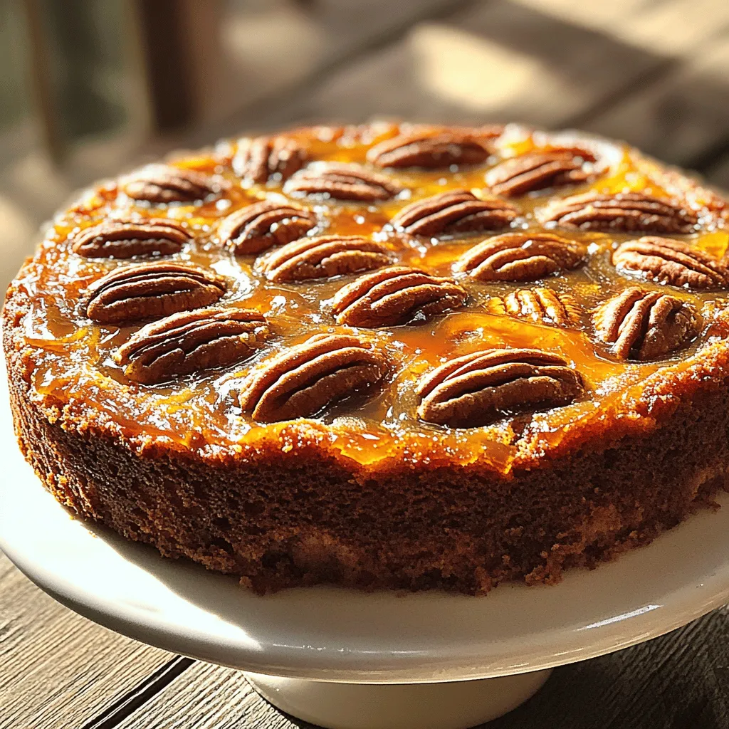 Für diesen Pecan Upside Down Cake braucht man einige wichtige Zutaten. Diese Zutaten machen den Kuchen so lecker und besonders. Hier ist die Liste: - 1 Tasse Pekannüsse, halbiert - 1/4 Tasse ungesalzenes Butter - 1/2 Tasse brauner Zucker - 1 Tasse Kristallzucker - 1/2 Tasse pflanzliches Öl - 3 große Eier - 1 Teelöffel Vanilleextrakt - 2 Tassen Weizenmehl (Typ 405) - 1 Esslöffel Backpulver - 1/2 Teelöffel Salz - 1 Tasse Buttermilch - 1/2 Teelöffel gemahlener Zimt Diese Zutaten ergeben einen feuchten und geschmackvollen Kuchen. Die Pekannüsse geben einen tollen Crunch und Geschmack. Wenn du etwas Abwechslung magst, kannst du ein paar zusätzliche Zutaten ausprobieren. Hier sind ein paar Ideen: - Schokoladenstückchen für eine süße Note. - Andere Nüsse wie Walnüsse oder Mandeln. - Gewürze wie Muskatnuss für einen anderen Geschmack. Diese Variationen machen den Kuchen einzigartig und spannend. Die richtige Auswahl der Zutaten ist wichtig. Hier sind einige Tipps: - Wähle frische Pekannüsse. Sie sollten knusprig und aromatisch sein. - Nutze hochwertige Butter. Sie trägt viel zum Geschmack bei. - Achte auf frische Eier. Sie helfen dem Kuchen, gut zu steigen. - Verwende echte Vanille für den besten Geschmack. Mit diesen Tipps wählst du die besten Zutaten für deinen Pecan Upside Down Cake. Wenn du mehr über das Rezept erfahren möchtest, schau dir das Full Recipe an. Zuerst heizen Sie den Ofen auf 175 °C vor. Dies sorgt für gleichmäßiges Backen. Fetten Sie eine runde Kuchenform mit einem Durchmesser von 23 cm gut ein. Dies hilft, den Kuchen später leicht herauszunehmen. Stellen Sie die Form beiseite und sammeln Sie alle Zutaten. Sie benötigen Pekannüsse, Butter, Zucker, Eier und mehr. Halten Sie alles bereit, um den Prozess reibungslos zu gestalten. In einem mittleren Topf schmelzen Sie die Butter und den braunen Zucker bei niedriger Hitze. Rühren Sie ständig, bis die Mischung gut vermischt ist. Wenn sie leicht zu köcheln beginnt, nehmen Sie den Topf vom Herd. Gießen Sie die Mischung gleichmäßig in die vorbereitete Kuchenform. Legen Sie die halbierten Pekannüsse in einem schönen Muster darauf. Drücken Sie sie leicht hinein, damit sie gut haften. In einer großen Schüssel mischen Sie den Kristallzucker mit dem pflanzlichen Öl. Vermengen Sie die Zutaten gut, bis sie eine einheitliche Masse bilden. Fügen Sie dann die Eier nacheinander hinzu und rühren Sie gut um. Geben Sie den Vanilleextrakt dazu und mischen Sie erneut. In einer separaten Schüssel kombinieren Sie das Mehl, Backpulver, Salz und Zimt. Fügen Sie diese trockenen Zutaten abwechselnd mit der Buttermilch zur Zuckermischung hinzu. Beginnen und enden Sie mit den trockenen Zutaten. Mischen Sie nur so lange, bis alles gut vermengt ist. Gießen Sie den Kuchenteig gleichmäßig über die Pekannüsse in der Form. Backen Sie alles für 35-40 Minuten. Ein Zahnstocher sollte sauber herauskommen. Lassen Sie den Kuchen abkühlen, bevor Sie ihn servieren. Wenn du beim Backen Fehler machst, kann das dein Ergebnis ruinieren. Ein häufiger Fehler ist das Übermixen des Teigs. Mische die Zutaten nur so lange, bis sie gerade zusammenkommen. Zu viel Rühren macht den Kuchen zäh. Ein weiterer Fehler ist das falsche Abmessen von Zutaten. Nutze eine Küchenwaage für genaue Mengen. Zu viel oder zu wenig Zucker kann den Geschmack stark beeinflussen. Das Kühlen des Kuchens ist wichtig für die Textur. Nach dem Backen lasse den Kuchen etwa 10 Minuten in der Form abkühlen. So kann sich der Sirup setzen. Danach stürze den Kuchen vorsichtig auf einen Teller. Lasse ihn vollständig abkühlen, damit die Schichten stabil bleiben. Das hilft dir, den Kuchen in schöne Stücke zu schneiden. Für die perfekte Konsistenz achte auf die Buttermilch. Sie sorgt für Feuchtigkeit und einen zarten Kuchen. Zudem ist der Zimmertemperatur der Eier wichtig. Kalte Eier können den Teig schwer machen. Lasse die Eier vor dem Gebrauch etwa 30 Minuten bei Raumtemperatur liegen. Achte ebenfalls darauf, dass die Butter weich ist, wenn du sie mit dem Zucker vermischst. So wird der Teig schön luftig. Für das beste Ergebnis folge dem Full Recipe und genieße deinen Pecan Upside Down Cake! {{image_4}} Wenn Sie glutenfrei backen möchten, gibt es einfache Lösungen. Sie können das Weizenmehl durch ein glutenfreies Mehl ersetzen. Mischen Sie Reismehl, Mandelmehl und Kartoffelstärke, um eine gute Textur zu erreichen. Achten Sie darauf, ein glutenfreies Backpulver zu verwenden. Diese Anpassungen helfen, den gleichen köstlichen Geschmack zu halten. Pekannüsse sind toll, aber Sie können auch andere Nüsse verwenden. Mandeln, Walnüsse oder Haselnüsse können neue Geschmäcker bringen. Jeder Nuss hat eine eigene Textur und einen eigenen Geschmack. Probieren Sie eine Mischung, um Ihr persönliches Rezept zu kreieren. Es macht Spaß, mit verschiedenen Nüssen zu spielen und die Ergebnisse zu genießen. Wenn Sie Zucker oder Butter reduzieren möchten, gibt es Alternativen. Sie können Honig oder Ahornsirup statt Zucker verwenden. Diese natürlichen Süßstoffe geben dem Kuchen einen eigenen Geschmack. Für Butter können Sie ungesüßtes Apfelmus oder natives Kokosöl nehmen. Diese Optionen sind gesünder und bieten eine neue Geschmacksrichtung. So bleibt Ihr Pecan Upside Down Cake lecker und interessant. Für das vollständige Rezept, schauen Sie sich den Pecan Paradise Upside Down Cake an. Nach dem Backen ist der Pecan Upside Down Cake eine wahre Freude. Wenn Sie ihn kurzfristig aufbewahren möchten, lassen Sie ihn zuerst vollständig abkühlen. Wickeln Sie den Kuchen dann in Frischhaltefolie oder legen Sie ihn in einen luftdichten Behälter. Bei Raumtemperatur bleibt er bis zu drei Tage frisch. Vermeiden Sie direkte Sonneneinstrahlung, um die beste Qualität zu erhalten. Für eine längere Aufbewahrung können Sie den Kuchen einfrieren. Warten Sie wieder, bis der Kuchen vollständig abgekühlt ist. Schneiden Sie ihn in Stücke oder lassen Sie ihn ganz. Wickeln Sie ihn fest in Frischhaltefolie und dann in Aluminiumfolie. So bleibt er bis zu drei Monate frisch. Zum Auftauen legen Sie den Kuchen einfach über Nacht in den Kühlschrank. Wenn Sie den Kuchen aufwärmen möchten, gibt es einfache Wege. Schneiden Sie ein Stück ab und legen Sie es auf einen Teller. Erhitzen Sie es für 10 bis 15 Sekunden in der Mikrowelle. Alternativ können Sie den Ofen auf 160 °C vorheizen und den Kuchen für 10 Minuten erhitzen. Dies sorgt dafür, dass der Kuchen warm und weich bleibt. Genießen Sie ihn mit einem Klecks Sahne oder einer Kugel Eis. Pecan Upside Down Cake bleibt bei Raumtemperatur etwa drei Tage frisch. Lagern Sie den Kuchen in einem luftdichten Behälter. Dies schützt ihn vor Austrocknen. Im Kühlschrank hält er sich bis zu einer Woche. Achten Sie darauf, ihn abzudecken, damit er nicht die Feuchtigkeit verliert. Wenn Sie den Kuchen länger aufbewahren möchten, frieren Sie ihn ein. So bleibt der Geschmack und die Textur gut erhalten. Ja, Sie können den Kuchen im Voraus backen. Bereiten Sie ihn bis zu zwei Tage vorher zu. Lassen Sie ihn nach dem Backen vollständig abkühlen. Wickeln Sie ihn dann in Frischhaltefolie. Lagern Sie ihn bei Raumtemperatur oder im Kühlschrank. Vor dem Servieren können Sie ihn leicht aufwärmen. So schmeckt er fast wie frisch gebacken. Wenn der Kuchen nicht aus der Form kommt, bleiben Sie ruhig. Lassen Sie ihn einige Minuten abkühlen. Manchmal hilft es, die Ränder mit einem Messer vorsichtig zu lösen. Wenn das nicht funktioniert, stellen Sie die Form kurz in warmes Wasser. Dies löst die Karamellschicht. Drehen Sie die Form dann vorsichtig um. Ein Klopfen auf die Form kann ebenfalls helfen. Seien Sie sanft, um den Kuchen nicht zu beschädigen. Zusammengefasst haben wir die Hauptzutaten und Tipps für den Pecan Upside Down Cake besprochen. Wir haben eine klare Anleitung zur Zubereitung gegeben und nützliche Tipps geteilt, um Fehler zu vermeiden. Außerdem konnten Sie viele Variationen kennenlernen, von glutenfreien Optionen bis zu Lagerungshinweisen. Experimentieren Sie, um Ihren eigenen perfekten Kuchen zu kreieren. Das Backen kann Spaß machen, auch mit kleinen Anpassungen. Nutzen Sie diese Informationen, um Ihre Backkünste zu verbessern und leckeren Kuchen zu genießen.