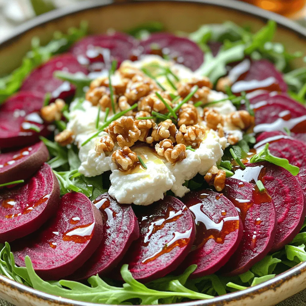 Für einen leckeren Röster Rüben und Ziegenkäse Salat brauchst du: - 4 mittlere Rüben - 140g Ziegenkäse, zerbröckelt - 4 Tassen gemischte Salatblätter (Rucola, Spinat und Frisée) - ½ Tasse Walnüsse, geröstet und grob gehackt Diese Zutaten sorgen für tolle Farben und Aromen. Die Rüben geben eine süße Note, während der Ziegenkäse eine cremige Textur hinzufügt. Die Walnüsse bringen einen knackigen Biss. Für ein einfaches und köstliches Dressing benötigst du: - ¼ Tasse Balsamico-Essig - 2 Esslöffel Honig - 3 Esslöffel Olivenöl - Salz und Pfeffer nach Geschmack - Frische Schnittlauch, gehackt (zum Garnieren) Das Dressing verbindet die Aromen im Salat. Balsamico bringt eine angenehme Säure. Honig fügt Süße hinzu, und Olivenöl sorgt für Glanz. Um diesen Salat zuzubereiten, verwende: - Ein Backblech - Aluminiumfolie - Eine große Salatschüssel - Eine kleine Schüssel für das Dressing - Ein Schneebesen Diese Werkzeuge helfen dir, die Rüben perfekt zu rösten und den Salat einfach zu mischen. Bereite alles gut vor, damit der Salat frisch und lecker bleibt. Du findest die vollständige Anleitung im Full Recipe. Heize den Ofen auf 200°C vor. Das ist wichtig, um die Rüben gleichmäßig zu garen. Wasche die Rüben gründlich. Wickele jede Rübe in Aluminiumfolie ein. So bleiben sie saftig. Lege die eingewickelten Rüben auf ein Backblech. Röste die Rüben 45 bis 60 Minuten. Sie sind fertig, wenn sie zart sind. Du kannst sie leicht mit einer Gabel durchstechen. Lass sie kurz abkühlen. Danach schäle die Rüben und schneide sie in Spalten. Während die Rüben im Ofen sind, bereite das Dressing vor. Nimm eine kleine Schüssel. Vermische dort Balsamico-Essig, Honig und Olivenöl. Füge Salz und Pfeffer nach Geschmack hinzu. Benutze einen Schneebesen, um alles gut zu mischen. So entsteht eine glatte Emulsion. Dies gibt deinem Salat viel Geschmack. Nimm eine große Salatschüssel. Gib die gemischten Salatblätter hinein. Füge die gerösteten Rübenstücke hinzu. Streue die grob gehackten Walnüsse darüber. Gieße das Dressing über den Salat. Mische vorsichtig alles, damit die Blätter und Rüben gut bedeckt sind. Richte den Salat auf Tellern an. Streue den zerbröckelten Ziegenkäse gleichmäßig darüber. Garniere den Salat mit frisch gehacktem Schnittlauch. Das sieht toll aus und schmeckt lecker. Für die vollständige Zubereitung schaue dir das Full Recipe an. Wähle frische, feste Rüben. Achte darauf, dass sie keine Flecken oder Druckstellen haben. Die Farbe sollte tief und gleichmäßig sein. Kleine bis mittelgroße Rüben schmecken oft besser. Sie sind süßer und zarter. Du kannst rote, goldene oder sogar gestreifte Rüben verwenden. Jede Sorte bringt ihren eigenen Geschmack mit. Ein gutes Dressing macht den Salat besonders. Nutze hochwertigen Balsamico-Essig für mehr Tiefe. Mische den Essig mit Honig, um die Säure auszugleichen. Das Olivenöl bringt einen feinen Geschmack. Schlage die Zutaten gut zusammen, bis sie cremig sind. Probiere das Dressing und passe es nach deinem Geschmack an. Wenn du es würziger magst, füge etwas Senf hinzu. Die Präsentation ist wichtig. Serviere den Salat in flachen Schalen für einen schönen Blickfang. Arrangiere die Rüben in Fächerform um die Salatmitte. Das macht das Gericht lebendiger. Streue den Ziegenkäse gleichmäßig darüber. Frisch gehackter Schnittlauch bringt Farbe und Geschmack. Für einen besonderen Touch, träufle etwas zusätzliches Dressing über den Salat. Das sieht nicht nur gut aus, sondern schmeckt auch köstlich! {{image_4}} Um den Röster Rüben und Ziegenkäse Salat zu verfeinern, kannst du verschiedene Zutaten hinzufügen. Ein paar Scheiben Avocado bringen Cremigkeit. Frische Früchte wie Birnen oder Äpfel geben Süße. Auch geröstete Pinienkerne oder Sonnenblumenkerne fügen einen knusprigen Biss hinzu. Für einen würzigeren Kick probiere einige Radieschen oder gehackte Peperoni. Diese Zutaten machen den Salat noch interessanter und abwechslungsreicher. Wenn du vegan bist, kannst du den Ziegenkäse durch einen pflanzlichen Käse ersetzen. Viele Marken bieten großartige Alternativen aus Nüssen oder Soja. Das Dressing bleibt einfach, wenn du Honig durch Ahornsirup ersetzt. Für glutenfreie Optionen achte darauf, dass alle Zutaten, wie das Dressing, glutenfrei sind. So kannst du den Salat ohne Bedenken genießen. Saisonal zu kochen bringt frische Aromen in deinen Salat. Im Frühling sind junge Spinatblätter oder frische Erbsen eine tolle Ergänzung. Im Sommer kannst du reife Tomaten oder Gurken hinzufügen. Im Herbst passen geröstete Kürbisstücke gut dazu. Und im Winter geben frische Kräuter wie Petersilie oder Thymian dem Salat eine besondere Note. Diese Anpassungen halten deinen Röster Rüben und Ziegenkäse Salat spannend und lecker. Um deinen Röster Rüben und Ziegenkäse Salat frisch zu halten, lege ihn in einen luftdichten Behälter. Vermeide es, das Dressing vor dem Lagern hinzuzufügen. Das hält den Salat knackig und schmackhaft. Wenn du den Salat aufbewahrst, lege ein Blatt Küchenpapier zwischen den Salat und den Deckel. Das nimmt überschüssige Feuchtigkeit auf. Im Kühlschrank bleibt dein Salat etwa drei Tage frisch. Achte darauf, dass die Rüben gut abgekühlt sind, bevor du sie lagerst. Wenn du den Salat länger aufbewahren möchtest, kannst du die Rüben und das Dressing separat lagern. So bleibt alles frisch. Rüben schmecken am besten kalt oder bei Raumtemperatur. Daher ist es nicht nötig, sie wieder aufzuwärmen. Wenn der Salat etwas trocken wirkt, füge einen Spritzer Balsamico-Essig oder etwas Olivenöl hinzu. Wenn du den Salat frisch machst, mische alles gut durch. Dann sieht es wieder appetitlich aus und schmeckt lecker. Für die besten Ergebnisse genieße deinen Salat frisch zubereitet. Du kannst die [Full Recipe] auch für neue Ideen nutzen. Der Rüben- und Ziegenkäse-Salat bleibt frisch, wenn du ihn richtig lagerst. Du kannst den Salat bis zu drei Tage im Kühlschrank aufbewahren. Achte darauf, das Dressing getrennt aufzubewahren. So bleibt der Salat knackig und lecker. Wenn du den Salat wieder servierst, kannst du das Dressing einfach hinzufügen. Ja, du kannst andere Käsesorten nutzen. Feta, Ricotta oder sogar Parmesan passen gut. Diese Käse bringen andere Aromen in den Salat. Achte darauf, dass der Käse gut zu den Rüben und dem Dressing passt. Probiere verschiedene Käsesorten aus, um deinen perfekten Geschmack zu finden. Zu diesem Salat passen viele Beilagen. Du kannst frisches Brot oder knusprige Cracker servieren. Auch gegrilltes Hähnchen oder gebratene Garnelen sind tolle Ergänzungen. Für ein komplettes Menü kannst du eine klare Suppe oder eine fruchtige Vorspeise anbieten. Diese Kombinationen machen dein Essen noch spannender. In diesem Artikel habe ich die wichtigsten Zutaten und die Schritt-für-Schritt-Anleitung für einen köstlichen Rüben- und Ziegenkäse-Salat vorgestellt. Du hast Tipps zur Zubereitung und Variationen kennengelernt, um den Geschmack zu verbessern. Achte auch auf die richtige Aufbewahrung, damit der Salat frisch bleibt. Willst du mehr über Salate wissen? Experimentiere mit neuen Zutaten und finde deine Favoriten. Viel Spaß beim Zubereiten und Genießen!