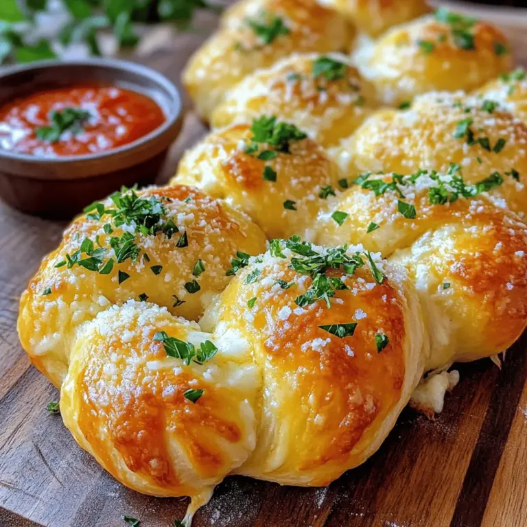 Die besten Cheesy Garlic Knots bestehen aus einfachen Zutaten. Hier ist, was du brauchst: - 1 Packung (450 g) Pizzateig (fertig gekauft oder selbst gemacht) - 4 Esslöffel ungesalzene Butter, geschmolzen - 3 Knoblauchzehen, fein gehackt - 1 Teelöffel getrockneter Oregano - 1 Teelöffel getrocknete Petersilie - 1 Tasse geriebener Mozzarella-Käse - ½ Tasse geriebener Parmesan-Käse - Salz nach Geschmack Diese Zutaten sorgen für einen tollen Geschmack und eine leckere Textur. Du möchtest etwas Neues ausprobieren? Hier sind ein paar Ideen: - Verwende frischen Knoblauch statt getrocknetem. - Probiere verschiedene Käsesorten, wie Cheddar oder Gouda. - Füge gehackte Jalapeños für einen scharfen Kick hinzu. - Nutze Kräuter wie Thymian oder Rosmarin für mehr Aroma. Diese Alternativen bringen frischen Wind in dein Gericht. Die Auswahl der Zutaten ist wichtig für den Geschmack. Hier sind einige Tipps: - Wähle hochwertigen Pizzateig. Frisch ist am besten. - Nutze frische Kräuter, wenn möglich. Das macht einen großen Unterschied. - Achte darauf, dass die Käsesorten frisch gerieben sind. Das schmilzt besser. - Verwende ungesalzene Butter für mehr Kontrolle über den Salzgehalt. Mit den richtigen Zutaten stellst du sicher, dass deine Cheesy Garlic Knots lecker und ansprechend sind. Du kannst das vollständige Rezept [hier](#) finden. Heize deinen Ofen auf 200°C vor. Das ist wichtig, damit die Knoten schön knusprig werden. Lege ein Backblech mit Backpapier aus, damit nichts kleben bleibt. So bleibt die Reinigung einfach. Nimm deinen Pizzateig und rolle ihn auf einer bemehlten Fläche aus. Mache ein Rechteck, das etwa 1,5 cm dick ist. Schneide den Teig in gleichmäßige Streifen von etwa 2,5 cm Breite und 15 cm Länge. Achte darauf, die Streifen schön gleichmäßig zu schneiden, damit die Knoten gleichmäßig backen. Nimm jeden Teigstreifen und forme ihn zu einem Knoten. Das geht einfach: Wickel die Enden um den Knoten und schiebe sie unter. Lege die Knoten auf das Backblech. In einer kleinen Schüssel vermenge die geschmolzene Butter, den Knoblauch, Oregano, Petersilie und etwas Salz. Bestreiche jeden Knoten mit dieser Mischung. Danach verteile den geriebenen Mozzarella und Parmesan gleichmäßig über die Knoten. Backe die Knoten im Ofen für 15-20 Minuten. Achte darauf, dass sie goldbraun werden und der Käse blubbert. Nach dem Backen nimm das Blech aus dem Ofen und träufle die restliche Knoblauch-Butter darüber. Lass die Knoten kurz abkühlen, bevor du sie servierst. So bleibt der Käse schön geschmolzen und die Knoten sind lecker zum Dipp. Für das vollständige Rezept, schau dir den Abschnitt "Full Recipe" an. Um klebrigen Teig zu vermeiden, arbeite immer mit Mehl. Streue Mehl auf deine Arbeitsfläche, bevor du den Teig ausrollst. Wenn der Teig zu klebrig ist, füge mehr Mehl hinzu. Achte darauf, dass du die Hände auch mehlst, bevor du den Teig anfasst. So bleibt alles schön trocken und handlich. Beim Formen der Knoten ist es wichtig, gleichmäßige Streifen zu schneiden. Schneide den Teig in Streifen von etwa 2,5 cm Breite. Nimm einen Streifen und forme ihn zu einem Knoten. Lege die Enden unter den Knoten. Dies gibt den Knoten eine schöne Form und sorgt dafür, dass der Käse nicht herausläuft. Heize den Ofen auf 200 °C vor. Backe die Knoten für 15 bis 20 Minuten. Achte darauf, dass sie goldbraun sind und der Käse blubbert. Die richtige Zeit und Temperatur sind wichtig, um die besten Ergebnisse zu erzielen. Wenn du die Knoten zu lange backst, werden sie trocken. {{image_4}} Ich liebe es, mit Käsesorten zu spielen. Mozzarella ist ein Klassiker, aber probiere auch Cheddar oder Gouda. Diese Käsesorten geben den Knötchen einen anderen Geschmack. Du kannst sogar Blauschimmelkäse für einen kräftigen Kick verwenden. Kombiniere verschiedene Käsesorten für mehr Tiefe. Die Mischung macht es spannend. Gewürze machen alles besser. Neben Oregano und Petersilie kannst du auch Rosmarin oder Thymian verwenden. Diese Kräuter bringen ein neues Aroma. Wenn du es würziger magst, füge etwas rote Paprika hinzu. Knoblauchliebhaber können mehr Knoblauch verwenden. Experimentiere und finde deine perfekte Kombination. Für eine vegetarische Variante kannst du den Pizzateig selbst machen. Verwende dafür einfach ein Rezept ohne Fleisch. Für glutenfreie Knötchen gibt es spezielle glutenfreie Pizzateige. Diese sind im Laden erhältlich oder du kannst einen eigenen herstellen. So kann jeder diese leckeren Knötchen genießen. Vergiss nicht, die Füllung nach deinem Geschmack anzupassen. Wenn Sie nach dem Genuss Ihrer Cheesy Garlic Knots Reste haben, gibt es einfache Methoden zur Aufbewahrung. Lassen Sie die Knoten zuerst auf Raumtemperatur abkühlen. Danach legen Sie sie in einen luftdichten Behälter. So bleiben sie frisch und lecker. Alternativ können Sie die Knoten auch in Frischhaltefolie einwickeln. Um den besten Geschmack zu erhalten, wärmen Sie die Knoten im Ofen auf. Heizen Sie den Ofen auf 180°C vor. Legen Sie die Knoten auf ein Backblech. Backen Sie sie etwa 5 bis 10 Minuten. So werden sie wieder knusprig und der Käse schmilzt perfekt. Mikrowellen sind ebenfalls möglich, aber sie machen die Knoten weicher. Im Kühlschrank bleiben die Cheesy Garlic Knots etwa 3 bis 4 Tage frisch. Wenn Sie sie länger aufbewahren möchten, frieren Sie sie ein. Wickeln Sie die Knoten gut in Frischhaltefolie ein. So halten sie sich bis zu 3 Monate im Gefrierfach. Denken Sie daran, sie vor dem Servieren aufzutauen und aufzuwärmen. Um Cheesy Garlic Knots einfacher zu machen, können Sie fertigen Pizzateig verwenden. Das spart Zeit und Aufwand. Wenn Sie möchten, können Sie auch die Butter-Knoblauch-Mischung vorbereiten, während der Teig ruht. Diese Schritte helfen, die Zubereitung schneller zu machen. Cheesy Garlic Knots schmecken großartig mit verschiedenen Dips. Marinara-Sauce ist ein beliebter Klassiker. Sie können auch Knoblauchbutter oder Pesto probieren. Für etwas Schärfe passt eine scharfe Salsa sehr gut. Experimentieren Sie mit Dips, um Ihren Favoriten zu finden! Ja, Sie können den Pizzateig selbst machen! Ein einfacher Teig benötigt nur Mehl, Wasser, Hefe und Salz. Mischen Sie die Zutaten gut und lassen Sie den Teig gehen. So erhalten Sie einen frischeren Geschmack und eine bessere Textur. Die besten Cheesy Garlic Knots finden Sie oft in Pizzerien oder italienischen Restaurants. Einige Bäckereien bieten auch frische Knoten an. Achten Sie auf lokale Bewertungen, um die besten Orte in Ihrer Nähe zu finden. Cheesy Garlic Knots sind einfach zuzubereiten und schmecken klasse. Wir haben die besten Zutaten und einfache Schritte behandelt, um perfekte Knoten zu formen. Die Tipps helfen dir, klebrigen Teig zu vermeiden und die beste Backzeit zu wählen. Du kannst kreativ sein und mit verschiedenen Käsesorten und Gewürzen experimentieren. Restliche Knoten bleiben frisch, wenn du sie richtig lagerst. Mit diesen Infos bist du bereit, deine Cheesy Garlic Knots zu genießen. Probier sie aus, es wird lecker!