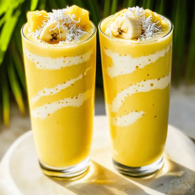 Um einen köstlichen Ananas-Kokos-Smoothie zu machen, brauchen Sie folgende Zutaten: - 1 Tasse frische Ananasstücke, gewürfelt - 1 reife Banane - 1/2 Tasse Kokosjoghurt - 1 Tasse Kokosmilch (oder Mandelmilch für eine leichtere Variante) - 1 Esslöffel Honig oder Ahornsirup (optional) - 1/2 Teelöffel Vanilleextrakt - 1/4 Tasse ungesüßte Kokosraspeln - Eiswürfel (optional, für einen dickeren Smoothie) Frische Zutaten geben dem Smoothie einen hellen Geschmack. Sie sind knackig und voller Nährstoffe. Gefrorene Zutaten sind praktisch und kühlen den Smoothie schnell. Sie bieten auch eine längere Haltbarkeit. Wenn Sie gefrorene Ananas oder Banane verwenden, stellen Sie sicher, dass sie reif sind, bevor Sie sie einfrieren. Der Unterschied ist oft in der Textur und im Geschmack. Sie können die Zutaten leicht ändern, um Ihren Geschmack zu treffen. Fügen Sie Beeren hinzu, um eine fruchtige Note zu erhalten. Mangostücke geben einen süßen, tropischen Geschmack. Für mehr Nährstoffe können Sie auch Spinat oder Grünkohl hinzufügen. Wenn Sie eine vegane Option suchen, verwenden Sie pflanzliche Joghurtalternativen. Diese Variationen machen den Smoothie spannend und einzigartig. Experimentieren Sie und finden Sie Ihre perfekte Mischung. Für das vollständige Rezept, schauen Sie sich die [Full Recipe] an. Zuerst müssen wir die Zutaten bereitstellen. Schneiden Sie die frische Ananas in kleine Stücke. Eine reife Banane bringt viel Süße. Verwenden Sie 1/2 Tasse Kokosjoghurt für die Cremigkeit. Nehmen Sie 1 Tasse Kokosmilch oder Mandelmilch. Das gibt dem Smoothie einen leichten Geschmack. Wenn Sie es süßer mögen, fügen Sie 1 Esslöffel Honig oder Ahornsirup hinzu. Ein wenig Vanilleextrakt macht den Geschmack runder. Vergessen Sie die Kokosraspeln nicht. Sie sorgen für einen tollen Biss. Jetzt kommt der Spaß! Geben Sie alle Zutaten in den Mixer. Starten Sie mit der Ananas, der Banane, dem Kokosjoghurt und der Kokosmilch. Fügen Sie dann den Honig oder Ahornsirup, den Vanilleextrakt und die Kokosraspeln hinzu. Mixen Sie alles auf hoher Stufe. Sie wollen eine glatte und cremige Konsistenz erreichen. Wenn Sie einen dickeren Smoothie haben möchten, fügen Sie einige Eiswürfel hinzu. Mixen Sie erneut, bis alles gut vermischt ist. Probieren Sie den Smoothie, bevor Sie ihn servieren. Vielleicht möchten Sie die Süße anpassen. Fügen Sie mehr Honig oder Ahornsirup hinzu, wenn nötig. Wenn der Smoothie zu dick ist, geben Sie etwas mehr Milch dazu. Mixen Sie kurz, um alles gut zu vermischen. Gießen Sie den fertigen Smoothie in Gläser. Garnieren Sie ihn mit zusätzlichen Kokosraspeln für den letzten Schliff. Fertig ist Ihr erfrischender Ananas-Kokos-Smoothie! Schauen Sie sich das vollständige Rezept an für mehr Details. Der Ananas-Kokos-Smoothie passt zu vielen Anlässen. Er ist perfekt für ein Sommerfest. Kinder lieben den süßen Geschmack. Servieren Sie ihn bei einem Brunch oder als Snack. Auch an heißen Tagen ist er eine tolle Erfrischung. Ein guter Trick: Machen Sie den Smoothie in kleinen Gläsern. So können Sie verschiedene Geschmäcker ausprobieren. Ein häufiger Fehler ist, zu viel Kokosmilch zu verwenden. Das macht den Smoothie zu flüssig. Halten Sie sich an die Mengenangaben im Rezept. Wenn der Smoothie nicht süß genug ist, fügen Sie etwas Honig hinzu. Ein weiterer Fehler ist, die Zutaten nicht gut zu mixen. Mixen Sie alles, bis die Mischung glatt ist. So vermeiden Sie Stückchen und erhalten die beste Textur. Die Reinigung des Mixers ist einfach. Fügen Sie nach dem Mixen etwas Wasser und einige Tropfen Spülmittel hinzu. Mixen Sie dies für ein paar Sekunden. Spülen Sie den Mixer danach gut aus. Achten Sie darauf, auch die Klingen zu reinigen. Lassen Sie den Mixer niemals lange stehen, ohne ihn zu reinigen. So bleibt er in gutem Zustand und bereit für den nächsten Smoothie. {{image_4}} Um den Ananas-Kokos-Smoothie interessanter zu machen, füge einige Zusätze hinzu. Hier sind einige Ideen: - Spinat oder Grünkohl: Diese grünen Blätter sind gesund und fügen eine schöne Farbe hinzu. - Chiasamen oder Leinsamen: Diese Samen geben Ballaststoffe und Omega-3-Fette. - Kakaopulver: Ein Hauch von Kakao sorgt für einen schokoladigen Geschmack. - Zimt: Eine Prise Zimt bringt Wärme und Tiefe in den Smoothie. Du kannst diesen Smoothie leicht vegan machen. Nutze einfach pflanzliche Milch. Hier sind einige Vorschläge: - Mandelmilch: Sie hat einen milden Geschmack und ist sehr beliebt. - Hafermilch: Diese Milch ist cremig und gibt einen tollen Geschmack. - Sojajoghurt: Verwende diesen, um die gleiche cremige Textur zu erreichen. Der Ananas-Kokos-Smoothie ist für alle Altersgruppen perfekt. Hier sind einige Ideen, um ihn anzupassen: - Für Kinder: Mache eine kleineren Portion und füge weniger Süße hinzu. Verwende frische Früchte zur Dekoration. - Für Erwachsene: Füge einen Schuss Rum oder Kokoslikör für einen tropischen Cocktail hinzu. Das macht den Smoothie zu einem tollen Drink für Partys. Mit diesen Variationen kannst du den Ananas-Kokos-Smoothie nach deinem Geschmack anpassen. Er bleibt frisch und lecker! Um deinen Ananas-Kokos-Smoothie frisch zu halten, gibt es einfache Tipps. Du solltest den Smoothie in einem luftdichten Behälter aufbewahren. Stelle ihn in den Kühlschrank. So bleibt er kühl und lecker. Am besten trinkst du ihn innerhalb von 24 Stunden. Je frischer der Smoothie ist, desto besser schmeckt er. Wenn du Reste hast, kannst du sie leicht einfrieren. Gieße den Smoothie in Eiswürfelformen. So kannst du kleine Portionen einfrieren. Später kannst du die gefrorenen Würfel in einen Mixer geben. Füge etwas Kokosmilch hinzu, um ihn wieder zu mixen. So hast du einen schnellen Snack oder ein leckeres Frühstück. Im Kühlschrank hält sich der Smoothie etwa 1 bis 2 Tage. Nach dieser Zeit kann er seine Frische verlieren. Du kannst die Konsistenz überprüfen. Wenn er dickflüssig wird oder komisch riecht, solltest du ihn nicht mehr trinken. Um sicherzugehen, probiere immer einen kleinen Schluck, bevor du ihn genießt. Um den Smoothie dicker zu machen, füge einfach einige Eiswürfel hinzu. Das hilft, die Konsistenz zu verbessern. Eine weitere Möglichkeit ist, mehr Banane oder Kokosjoghurt zu verwenden. Diese Zutaten geben dem Smoothie eine cremige Textur. Achte darauf, die Mischung gut zu mixen, damit alles gut vermischt wird. Ja, du kannst viele andere Früchte hinzufügen. Mango, Erdbeeren oder sogar Spinat passen gut dazu. Diese Früchte bringen neue Aromen und Farben in den Smoothie. Kombiniere sie mit der Ananas und dem Kokos, um einen tollen Geschmack zu erzielen. Experimentiere mit verschiedenen Kombinationen, um deinen perfekten Smoothie zu finden. Ja, dieser Smoothie kann in eine gesunde Diät integriert werden. Er enthält frische Zutaten und wenig Zucker. Wenn du den Honig weglässt, ist er noch kalorienärmer. Kokosmilch bietet gesunde Fette, die dir Energie geben. Achte darauf, die Portionen zu kontrollieren, um deine Diätziele zu erreichen. Die Zutaten sind der Grundstein jedes Smoothies. Frisch oder gefroren, die Wahl macht einen Unterschied. Die Schritt-für-Schritt-Anleitung hilft dir, einen perfekten Mix zu erstellen. Achte auf Konsistenz und Süße. Tipps und Tricks zeigen dir, wie du Fehler vermeidest und den Mixer pflegst. Variationen bieten neue Geschmäcker für alle. Bewahre deine Smoothies richtig auf, um sie frisch zu halten. Das beantwortet auch häufige Fragen. Setze dein Wissen um, um immer leckere Smoothies zu genießen.