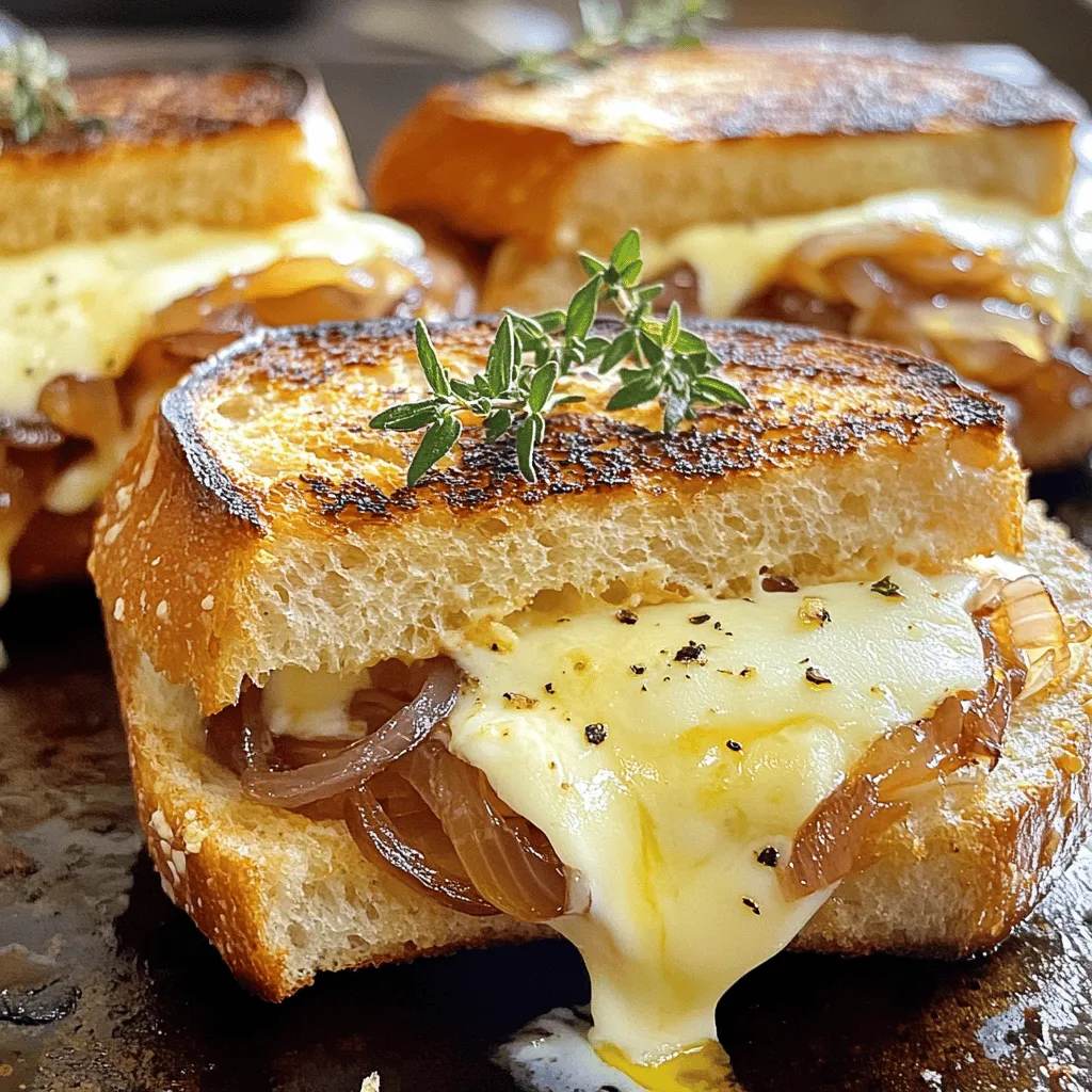 - 2 große Zwiebeln, dünn geschnitten - 2 Esslöffel Butter und 1 Esslöffel Olivenöl - 1 Tasse Gruyère Käse, gerieben Die Hauptzutaten sind einfach und lecker. Die Zwiebeln geben einen süßen Geschmack. Butter und Olivenöl sorgen für eine schöne Bräunung. Der Gruyère Käse schmilzt gut und hat einen tollen Geschmack. - 1 Teelöffel Zucker, Salz und schwarzer Pfeffer - 4 Scheiben Sauerteigbrot - 2 Esslöffel Mayonnaise Die Gewürze bringen das Sandwich zum Leben. Zucker hilft, die Zwiebeln zu karamellisieren. Salz und Pfeffer fügen Tiefe hinzu. Sauerteigbrot hat die perfekte Textur. Mayonnaise macht das Brot knusprig und lecker. - Frische Thymianblätter zur Dekoration Frische Thymianblätter sind eine tolle Garnierung. Sie geben einen aromatischen Hauch. Das sieht nicht nur gut aus, sondern schmeckt auch besser. Für das gesamte Rezept, schau dir das Käse-Französisches Zwiebelvergnügen an. Zuerst erhitze ich Butter und Öl in einer großen Pfanne. Ich stelle die Hitze auf mittel. Dann füge ich die dünn geschnittenen Zwiebeln, Zucker, Salz und Pfeffer hinzu. Das ist der Schlüssel zum Geschmack. Ich rühre die Mischung etwa 25 bis 30 Minuten. Die Zwiebeln sollten goldbraun und weich sein. Das langsame Garen bringt die süßen Aromen hervor. Während die Zwiebeln karamellisieren, bereite ich das Brot vor. Ich streiche Mayonnaise auf eine Seite jeder Brotscheibe. Dann lege ich zwei Scheiben mit der Mayonnaise-Seite nach unten in die Pfanne. Auf diese Brotscheiben platziere ich großzügig Gruyère und Mozzarella Käse. Der Käse sorgt für den perfekten Schmelz. Jetzt grillen die Sandwiches in der Pfanne. Sobald die Zwiebeln karamellisiert sind, verteile ich sie gleichmäßig auf dem Käse. Für ein extra käsiges Finish gebe ich noch eine Schicht Käse oben drauf. Jetzt lege ich die restlichen Brotscheiben darauf, mit der Mayonnaise-Seite nach oben. Ich grille die Sandwiches 3 bis 5 Minuten auf jeder Seite. Das Brot wird goldbraun und der Käse schmilzt. Nach dem Grillen lasse ich die Sandwiches eine Minute abkühlen. Dann schneide ich sie in der Mitte durch und garniere sie mit frischen Thymianblättern. Um Zwiebeln gleichmäßig zu karamellisieren, schneide sie dünn. Dünne Scheiben garen gleichmäßiger. Beginne mit mittlerer Hitze. Zu hohe Hitze kann Zwiebeln verbrennen. Rühre regelmäßig, damit sie nicht kleben. Die Zwiebeln sind fertig, wenn sie goldbraun und weich sind. Die richtige Hitze ist wichtig. Du willst, dass die Zwiebeln Zeit haben, um süß zu werden. Zu viel Hitze macht die Zwiebeln bitter. Geduld ist hier der Schlüssel. Lass sie einfach für 25 bis 30 Minuten garen. Für den besten Geschmack sind Gruyère und Mozzarella ideal. Gruyère hat einen reichen, nussigen Geschmack. Mozzarella sorgt für eine tolle Schmelze. Diese Kombination macht dein Sandwich besonders lecker. Wenn du etwas anderes probieren möchtest, sind Cheddar oder Fontina auch gute Optionen. Sie schmelzen gut und bringen neue Aromen. Denke daran, verschiedene Käsesorten zu mischen, um spannende Geschmäcker zu finden. Fühle dich frei, zusätzliche Zutaten auszuprobieren. Spinat oder Pilze passen gut. Diese Zutaten bringen Farbe und Geschmack. Du kannst auch ein wenig Knoblauch oder Paprika hinzufügen, um die Aromen zu vertiefen. Für vegane Optionen verwende pflanzliche Käsesorten. Es gibt viele gute Alternativen zu Käse. Nutze auch vegane Butter und Mayonnaise. So kannst du das Sandwich genießen, ohne tierische Produkte zu verwenden. {{image_4}} Füge Spinat oder Pilze zu deinem Sandwich hinzu. Diese Gemüse bringen neue Geschmäcker. Spinat verleiht einen frischen, grünen Geschmack. Pilze sorgen für einen erdigen, herzhaften Ton. Karamellisiere die Zwiebeln zuerst. Dann brate das Gemüse kurz an. So bleiben die Aromen klar und lecker. Diese Kombination macht dein Sandwich noch interessanter. Probiere aromatisierte Mayonnaise. Knoblauch- oder Kräutermayonnaise passt gut dazu. Du kannst auch frische Kräuter wie Basilikum oder Oregano verwenden. Diese Kräuter geben einen besonderen Kick. Mische verschiedene Gewürze wie Paprika oder Kreuzkümmel in die Käsemischung. So erhältst du eine neue Geschmacksrichtung. Experimentiere, um deinen eigenen Stil zu finden. Sauerteigbrot ist großartig, aber du kannst auch andere Brote verwenden. Vollkornbrot bringt mehr Nährstoffe. Baguette gibt einen französischen Touch. Wenn du glutenfrei bist, probiere glutenfreies Brot. Es gibt viele gute Optionen, die genauso lecker sind. Achte darauf, dass das Brot gut toastet. So bleibt es knusprig und lecker. Wenn du Reste von deinem französischen Zwiebel Grilled Cheese Sandwich hast, kannst du sie leicht lagern. Du solltest das Sandwich zuerst in Frischhaltefolie einwickeln. Das hilft, den Geschmack zu bewahren. Dann legst du es in einen luftdichten Behälter. So bleibt es frisch im Kühlschrank für bis zu drei Tage. Wenn du das Sandwich für die Gefriertruhe vorbereiten möchtest, lege es in einen gefrierfesten Beutel. Achte darauf, so viel Luft wie möglich herauszudrücken. So bleibt es bis zu zwei Monate gut. Um dein Sandwich wieder warm zu machen, gibt es einige gute Methoden. Eine der besten ist, es in einer Pfanne bei niedriger Hitze zu erhitzen. So wird das Brot knusprig. Du kannst auch einen Toaster verwenden, wenn du es aufpasst. Vermeide den Mikrowellenofen, wenn du matschiges Brot verhindern willst. Die Mikrowelle macht das Brot oft weich und gummiartig. Die Zutaten für dein Sandwich haben unterschiedliche Haltbarkeiten. Zwiebeln bleiben etwa zwei Wochen frisch, wenn du sie kühl und trocken lagerst. Butter kann im Kühlschrank etwa einen Monat frisch bleiben. Käse hält sich im Kühlschrank zwei bis drei Wochen, wenn du ihn gut verpackst. Achte auf Anzeichen von Verderb. Wenn Zwiebeln weich werden oder Schimmel zeigen, solltest du sie wegwerfen. Käse, der einen unangenehmen Geruch hat oder Schimmel aufweist, ist ebenfalls nicht mehr gut. Die Zubereitung eines French Onion Grilled Cheese Sandwich dauert insgesamt etwa 40 Minuten. Die Vorbereitungszeit beträgt etwa 10 Minuten. Die Kochzeit für die Zwiebeln dauert 25 bis 30 Minuten, um sie schön karamellisiert zu bekommen. In dieser Zeit kannst du das Brot und den Käse vorbereiten. Ja, du kannst das Sandwich im Voraus machen. Karamellisiere die Zwiebeln und lagere sie in einem Behälter im Kühlschrank. Wenn du bereit bist, das Sandwich zu machen, kannst du die Zwiebeln einfach auf das Brot legen und den Käse hinzufügen. So sparst du Zeit, wenn du Hunger hast. Du kannst auch das gesamte Sandwich vorbereiten, es dann in Folie wickeln und im Kühlschrank aufbewahren. Es bleibt so frisch bis zu einem Tag. Zu einem French Onion Grilled Cheese Sandwich passen viele Beilagen gut. Ein einfacher grüner Salat bringt Frische auf den Teller. Auch eine warme Tomatensuppe ist eine klassische Wahl. Wenn du etwas Knuspriges möchtest, sind Kartoffelchips oder Pommes frites eine tolle Option. Du kannst auch ein wenig Ketchup oder Aioli zum Dippen bereitstellen. Das Rezept für das Käse-Französisches Zwiebelvergnügen stammt aus der französischen Küche, wo Zwiebeln oft in herzhaften Gerichten verwendet werden. Die Kombination aus geschmolzenem Käse und karamellisierten Zwiebeln macht dieses Sandwich besonders lecker. Wenn du das vollständige Rezept ausprobieren möchtest, findest du es [hier](Full Recipe). Dieses Käse-Französische Zwiebel-Sandwich ist einfach zuzubereiten und ein Genuss. Du hast die Hauptzutaten wie Zwiebeln, Käse und Buttermischung kennengelernt. Ich habe dir gezeigt, wie du Zwiebeln karamellisierst und das perfekte Sandwich grillst. Variationen und Tipps helfen dir, Kreativität beim Kochen zu zeigen. Wenn du Reste hast, weißt du, wie du sie richtig lagerst und aufwärmst. Probiere verschiedene Brotsorten und Gemüse aus, um dein Sandwich einzigartig zu machen. Genieße das Kochen und lass deiner Kreativität freien Lauf!