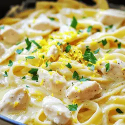Für die Zitronen-Hähnchen-Pasta brauchst du ein paar einfache, frische Zutaten: - 2 Hähnchenbrustfilets ohne Haut und Knochen, in mundgerechte Stücke geschnitten - 225 g Fettuccine oder deine bevorzugte Pasta - 1 Esslöffel Olivenöl - 3 Knoblauchzehen, fein gehackt - Schale von 1 Zitrone - 60 ml frisch gepresster Zitronensaft - 240 ml Hühnerbrühe - 240 ml Sahne - 1 Teelöffel getrockneter Oregano - Salz und Pfeffer nach Geschmack - 50 g geriebener Parmesan - Frische Petersilie, gehackt (zum Garnieren) Die Gewürze und Kräuter verleihen der Pasta ihren tollen Geschmack. Oregano passt gut zu Hähnchen und Zitrone. Außerdem kannst du frisch gemahlenen Pfeffer und feines Salz verwenden. Diese Gewürze bringen die Aromen perfekt zur Geltung. Du kannst auch frische Kräuter wie Basilikum oder Thymian hinzufügen, um einen neuen Geschmack zu kreieren. Fettuccine ist eine gute Wahl für dieses Gericht. Die breite Form nimmt die Sauce gut auf. Du kannst aber auch andere Pasta-Sorten wählen. Penne oder Spaghetti sind ebenfalls lecker. Achte darauf, dass die Pasta al dente ist, damit sie nicht matschig wird. Das macht den Biss einfach besser. Wenn du die genauen Schritte zur Zubereitung sehen möchtest, schau dir das [Full Recipe] an. Um die perfekte Pasta zu kochen, bringen Sie einen großen Topf mit Wasser zum Kochen. Fügen Sie eine Prise Salz hinzu. Geben Sie die Fettuccine oder Ihre bevorzugte Pasta hinein. Kochen Sie die Pasta nach den Anweisungen auf der Verpackung. Halten Sie etwas Nudelwasser zurück, bevor Sie die Pasta abgießen. Das Wasser hilft, die Sauce später zu binden. Erhitzen Sie in einer großen Pfanne einen Esslöffel Olivenöl bei mittlerer Hitze. Fügen Sie die Hähnchenstücke hinzu, die Sie zuvor gewürzt haben. Braten Sie das Hähnchen für etwa 6-7 Minuten. Es sollte goldbraun und durchgegart sein. Nehmen Sie das Hähnchen aus der Pfanne und stellen Sie es beiseite. Geben Sie den gehackten Knoblauch in die Pfanne. Braten Sie ihn kurz an, bis er duftet. Gießen Sie die Hühnerbrühe hinein und kratzen Sie den Pfannenboden ab. Fügen Sie den frisch gepressten Zitronensaft und die Zitronenschale hinzu. Lassen Sie die Mischung 3-4 Minuten köcheln. Reduzieren Sie die Hitze und rühren Sie die Sahne unter. Lassen Sie die Sauce leicht eindicken, etwa 2-3 Minuten. Geben Sie das gebratene Hähnchen und die Pasta in die Pfanne. Mischen Sie alles gut. Fügen Sie nach Bedarf das aufbewahrte Nudelwasser hinzu. Rühren Sie den geriebenen Parmesan unter und passen Sie die Gewürze an. Servieren Sie die Pasta warm. Um die Sauce perfekt zu machen, sollten Sie auf die Hitze achten. Lassen Sie die Sauce nach dem Hinzufügen der Sahne leicht köcheln. So dickt sie gut ein. Wenn die Sauce zu dick ist, fügen Sie etwas Nudelwasser hinzu. Dieses Wasser hat Stärke, die hilft, die Sauce cremig zu halten. Rühren Sie alles gut um, bis es schön gleichmäßig aussieht. Ein häufiger Fehler ist, das Hähnchen zu lange zu braten. Achten Sie darauf, dass es goldbraun wird, aber nicht trocken. Auch beim Kochen der Pasta ist es wichtig, sie al dente zu kochen. Überkochen führt zu matschiger Pasta. Vergessen Sie nicht, die Aromen abzugleichen. Zu viel Salz oder Pfeffer kann den Geschmack ruinieren. Probieren Sie die Sauce, bevor Sie sie servieren. Sie können das Hähnchen und die Sauce im Voraus zubereiten. Kochen Sie die Pasta frisch, wenn Sie bereit sind zu essen. Lagern Sie die Sauce in einem luftdichten Behälter im Kühlschrank. Sie bleibt bis zu drei Tage frisch. Zum Aufwärmen, nehmen Sie etwas Hühnerbrühe oder Wasser, um die Sauce wieder cremig zu machen. So bleibt der Geschmack erhalten und die Textur ist perfekt. Für die beste Erfahrung empfehle ich, das Vollrezept zu nutzen. So haben Sie alle Schritte und Zutaten klar vor Augen. {{image_4}} Wenn Sie eine vegetarische Variante der Zitronen-Hähnchen-Pasta möchten, können Sie das Hähnchen durch Tofu oder Kichererbsen ersetzen. Diese Zutaten geben der Pasta auch einen tollen Geschmack. Verwenden Sie festen Tofu, den Sie in kleine Stücke schneiden und anbraten. Kichererbsen können direkt in die Sauce gegeben werden. Beide Optionen sind proteinreich und lecker. Um den Geschmack Ihrer Zitronen-Hähnchen-Pasta zu intensivieren, können Sie einige zusätzliche Zutaten hinzufügen. Hier sind einige Vorschläge: - Spinat: Frischer Spinat passt gut und gibt Farbe. - Cherry-Tomaten: Diese bringen eine süße Note und Frische. - Artischockenherzen: Sie sorgen für einen herzhaften Geschmack. - Kapern: Für eine salzige, würzige Note. - Chili-Flocken: Wenn Sie es gerne scharf mögen. Für eine glutenfreie Zitronen-Hähnchen-Pasta können Sie glutenfreie Pasta verwenden. Es gibt viele gute Sorten aus Reis oder Quinoa. Diese Optionen haben einen ähnlichen Geschmack und eine ähnliche Textur. Achten Sie beim Kauf darauf, dass keine glutenhaltigen Zutaten enthalten sind. So genießen Sie Ihr Gericht ohne Sorgen. Um Reste von Zitronen-Hähnchen-Pasta richtig zu lagern, verwenden Sie einen luftdichten Behälter. Lassen Sie die Pasta zuerst auf Raumtemperatur abkühlen. Füllen Sie dann den Behälter und schließen Sie ihn gut. So bleibt die Pasta frisch und behält ihren Geschmack. Lagern Sie die Reste im Kühlschrank. Wenn Sie die Pasta aufwärmen, nutzen Sie eine Pfanne oder die Mikrowelle. In der Pfanne, fügen Sie etwas Wasser oder Brühe hinzu, damit die Sauce nicht zu dick wird. Bei der Mikrowelle, decken Sie den Behälter ab und erhitzen Sie sie in kurzen Intervallen. Rühren Sie zwischendurch um, um eine gleichmäßige Erwärmung zu gewährleisten. Servieren Sie die Pasta warm und garnieren Sie sie mit frischer Petersilie. Im Kühlschrank hält die Zitronen-Hähnchen-Pasta etwa 3 bis 4 Tage. Achten Sie darauf, sie schnell zu verbrauchen, um die beste Qualität zu genießen. Wenn Sie die Pasta länger aufbewahren möchten, können Sie sie auch einfrieren. In einem gefriergeeigneten Behälter bleibt sie bis zu 3 Monate frisch. Achten Sie darauf, die Pasta gut zu verpacken, um Gefrierbrand zu vermeiden. Um den Zitronengeschmack in deiner Zitronen-Hähnchen-Pasta zu verstärken, kannst du die folgende Tipps befolgen: - Füge mehr Zitronenschale hinzu. Die Schale hat einen starken, frischen Geschmack. - Nutze mehr frisch gepressten Zitronensaft. Ein Spritzer mehr kann viel bewirken. - Verwende Zitronenpfeffer als Gewürz. Er gibt deiner Pasta einen zusätzlichen Kick. - Lasse die Sauce länger köcheln. So intensiviert sich das Zitronenaroma. Ja, du kannst die Sahne durch leichtere Alternativen ersetzen. Hier sind einige Optionen: - Verwende griechischen Joghurt. Das gibt eine cremige Textur mit weniger Fett. - Nutze Kokosmilch für einen anderen Geschmack. Sie ist leicht und cremig. - Pflanzliche Sahne ist eine gute Wahl. Sie hat weniger Kalorien und Fett. - Verdünne Frischkäse mit etwas Wasser oder Brühe. Das ergibt eine reichhaltige, aber leichtere Sauce. Zu Zitronen-Hähnchen-Pasta passen viele Beilagen gut. Hier sind einige Vorschläge: - Ein frischer grüner Salat. Er sorgt für einen knackigen Kontrast. - Gegrilltes Gemüse. Das bringt Farbe und zusätzlichen Geschmack. - Knoblauchbrot. Es ergänzt die Pasta perfekt und ist einfach zuzubereiten. - Röstkartoffeln sind ebenfalls eine tolle Wahl. Sie sind herzhaft und lecker. Wenn du mehr über die Zubereitung erfahren möchtest, schaue dir das [Full Recipe] an. Zitronen-Hähnchen-Pasta ist einfach und lecker. Wir haben die Zutaten, Zubereitung und wichtige Tipps besprochen. Variationen bieten für jeden Geschmack etwas. Reste lassen sich gut aufbewahren und aufwärmen. Denke daran, die Sauce perfekt zu machen, um deinen Geschmack zu steigern. Mit den richtigen Tricks und Zutaten wird dein Gericht ein Hit. Experimentiere und finde deinen besten Weg, dieses Rezept zu genießen!