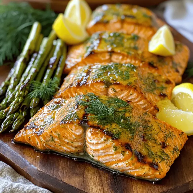 Für dieses leckere Rezept brauchst du frische und einfache Zutaten. Hier sind die Hauptzutaten: - 4 Lachsfilets (je 170 g) - 2 Esslöffel Olivenöl - 3 Esslöffel frischer Zitronensaft - Schale von 1 Zitrone - 2 Knoblauchzehen, fein gehackt - 1 Esslöffel frischer Dill, gehackt - 1 Esslöffel frische Petersilie, gehackt - 1 Teelöffel getrockneter Oregano - Salz und Pfeffer nach Geschmack Diese Zutaten machen den Lachs frisch und aromatisch. Die Gewürze und Kräuter sind wichtig für den Geschmack. Du brauchst: - Frischer Dill gibt eine schöne Note. - Petersilie sorgt für Frische. - Oregano bringt Tiefe in das Gericht. - Knoblauch gibt einen tollen Geschmack. - Salz und Pfeffer runden alles ab. Die Kombination dieser Kräuter macht deinen gegrillten Lachs besonders lecker. Zitronenspalten sind eine tolle Ergänzung. Sie geben Frische beim Servieren. Du kannst sie: - Frisch schneiden und daneben legen. - Auf den Lachs pressen, bevor du ihn isst. - Auch auf den Grill legen, um sie zu rösten. Zitronenspalten bringen eine schöne Säure und passen perfekt zu Lachs. Wenn du mehr über die Zubereitung wissen möchtest, schau dir das [Full Recipe] an. Um die Marinade zu machen, nimm eine kleine Schüssel. Mische dort das Olivenöl, den Zitronensaft und die Zitronenschale. Füge dann den gehackten Knoblauch, den Dill, die Petersilie und den Oregano hinzu. Rühre alles gut um. Das gibt dem Lachs einen frischen Geschmack. Vergiss nicht, Salz und Pfeffer nach deinem Geschmack hinzuzufügen. Lege die Lachsfilets in eine flache Auflaufform. Gieße die Marinade gleichmäßig über die Filets. Achte darauf, dass alle Seiten gut bedeckt sind. Decke die Form ab und stelle sie für mindestens 30 Minuten in den Kühlschrank. So kann der Lachs die leckeren Aromen aufnehmen. Heize deinen Grill auf mittelhohe Hitze vor. Wenn du eine Grillpfanne benutzt, stelle sie ebenfalls auf mittlere Hitze. So sorgt die hohe Hitze für schöne Grillstreifen und einen tollen Geschmack. Nimm die Lachsfilets aus der Marinade. Lass die überschüssige Marinade abtropfen, aber behalte etwas für später. Lege die Filets mit der Hautseite nach unten auf den Grill. Grill sie für etwa 5 bis 6 Minuten. Wende die Filets vorsichtig und grille sie weitere 4 bis 5 Minuten. Bestreiche sie dabei mit der restlichen Marinade. Der Lachs ist fertig, wenn er leicht mit einer Gabel zerfällt. Nimm den Lachs nach dem Grillen vom Grill und lass ihn ein paar Minuten ruhen. Serviere ihn heiß mit Zitronenspalten an der Seite. Das gibt einen frischen Kick. Du kannst den gegrillten Lachs auf einer schönen Platte anrichten, garniert mit frischen Kräutern. Eine Kombination mit gegrilltem Spargel oder einem gemischten Salat macht das Gericht perfekt. Wenn du mehr Details und Tipps haben möchtest, schau dir das Full Recipe an. Die ideale Grilltemperatur für Lachs liegt bei etwa 200 °C bis 230 °C. Bei dieser Temperatur wird der Lachs gleichmäßig gegart. Wenn der Grill zu heiß ist, kann der Lachs außen verbrennen, während er innen roh bleibt. Wenn er zu kühl ist, wird der Lachs trocken. Verwenden Sie ein Grillthermometer, um die Temperatur genau zu messen. Ein häufiger Fehler ist, den Lachs zu früh zu wenden. Warten Sie, bis sich die Haut leicht vom Grill löst, und wenden Sie ihn dann vorsichtig. Ein weiterer Fehler ist, den Lachs zu lange zu grillen. Überkochen führt zu trockenem Fisch. Achten Sie darauf, dass der Lachs nur leicht zerfällt, wenn Sie ihn mit einer Gabel prüfen. Die Marinierzeit hat großen Einfluss auf den Geschmack. Lassen Sie den Lachs mindestens 30 Minuten marinieren. So ziehen die Aromen gut ein. Wenn Sie etwas mehr Zeit haben, können Sie ihn bis zu zwei Stunden im Kühlschrank lassen. Eine längere Marinierzeit gibt dem Lachs noch mehr Geschmack. Aber übertreiben Sie es nicht! Zu lange Marinieren kann den Fisch zäh machen. Für das perfekte Ergebnis, probieren Sie mein Rezept für Zitronenkräuter Gegrillter Lachs. {{image_4}} Manchmal wollen wir den Geschmack ändern. Fügen Sie zum Beispiel Honig oder Sojasauce hinzu. Diese Zutaten bringen eine süße Note. Wenn Sie es schärfer mögen, probieren Sie frische Chilischoten oder geräucherten Paprika. Für eine asiatische Note, verwenden Sie Ingwer und Sesamöl. Es gibt viele Wege, um den Lachs einzigartig zu machen. Die Wahl der Beilagen macht das Gericht noch besser. Ein frischer gemischter Salat passt gut. Auch gegrilltes Gemüse wie Spargel oder Zucchini sind großartig. Reis oder Quinoa bieten eine gute Grundlage. Eine cremige Kartoffelbeilage ergänzt den Lachs ebenfalls. Denken Sie daran, die Beilagen einfach und frisch zu halten. Wenn Sie keinen Grill haben, können Sie den Lachs auch im Ofen zubereiten. Heizen Sie den Ofen auf 200 Grad vor. Legen Sie die Lachsfilets auf ein Backblech mit Backpapier. Backen Sie sie für etwa 15-20 Minuten. Überprüfen Sie, ob der Lachs leicht zerfällt. Auf dem Herd verwenden Sie eine Grillpfanne. Erhitzen Sie die Pfanne bei mittlerer Hitze. Braten Sie den Lachs 5-6 Minuten auf jeder Seite. Achten Sie auf die Hautseite, die knusprig werden sollte. Diese Methoden bieten Ihnen tolle Optionen, um den Lachs zuzubereiten. Für das vollständige Rezept schauen Sie sich [Full Recipe] an. Wenn du Reste von deinem Zitronenkräuter gegrillten Lachs hast, lagere sie gut. Lass den Lachs zuerst auf Raumtemperatur abkühlen. Dann lege ihn in einen luftdichten Behälter. Du kannst auch Frischhaltefolie verwenden, um ihn abzudecken. So bleibt der Lachs frisch und saftig. Um den Lachs wieder aufzuwärmen, benutze den Ofen oder die Mikrowelle. Bei der Mikrowelle lege den Lachs auf einen Teller. Decke ihn mit einem feuchten Küchenpapier ab. So bleibt er nicht trocken. Erhitze ihn in kurzen Intervallen, etwa 30 Sekunden. Prüfe dann, ob er warm genug ist. Im Ofen kannst du ihn bei 180 Grad Celsius für etwa 10 Minuten erhitzen. Achte darauf, ihn nicht zu lange zu backen. Im Kühlschrank bleibt der Lachs bis zu drei Tage frisch. Wenn du ihn länger aufbewahren möchtest, friere ihn ein. Im Gefrierschrank hält er bis zu drei Monate. Achte darauf, ihn gut einzupacken, um Gefrierbrand zu vermeiden. Wenn du den Lachs wieder auftauen möchtest, lege ihn über Nacht in den Kühlschrank. So bleibt der Geschmack und die Textur erhalten. Grillen Sie den Lachs etwa 5-6 Minuten auf jeder Seite. Der Lachs sollte durchgegart sein und sich leicht mit einer Gabel zerteilen lassen. Die Grillzeit kann je nach Dicke der Filets variieren. Dickere Stücke benötigen mehr Zeit. Achten Sie darauf, die Filets nicht zu lange zu grillen, damit sie nicht trocken werden. Ja, Sie können auch andere Fische verwenden. Forelle, Heilbutt oder Kabeljau sind gute Alternativen. Diese Fische haben ähnliche Garzeiten und eignen sich gut für die Marinade. Achten Sie darauf, die Grillzeit anzupassen, je nach Fischart und Dicke der Filets. Frische Kräuter sind ideal für gegrillten Lachs. Dill, Petersilie und Oregano harmonieren perfekt mit dem Geschmack des Fisches. Auch Thymian und Rosmarin sind tolle Optionen. Experimentieren Sie mit Ihren Lieblingskräutern für einen einzigartigen Geschmack. Zu gegrilltem Lachs passen viele Beilagen. Gegrillter Spargel und ein gemischter Salat sind großartige Optionen. Auch Quinoa oder Reis mit Zitronengeschmack ergänzen das Gericht gut. Servieren Sie den Lachs mit frischen Zitronenspalten für mehr Geschmack. Ja, dieses Rezept eignet sich gut für Meal Prep. Der gegrillte Lachs bleibt im Kühlschrank 3-4 Tage frisch. Bereiten Sie die Filets im Voraus zu und lagern Sie sie in luftdichten Behältern. Sie können den Lachs einfach wieder aufwärmen oder kalt in Salaten verwenden. Für das vollständige Rezept, schauen Sie sich die [Full Recipe] an. Um zusammenzufassen: Wir haben die wichtigsten Zutaten für Zitronenkräuter Gegrillter Lachs sowie eine einfache Schritt-für-Schritt-Anleitung behandelt. Tipps zur perfekten Grilltemperatur helfen, Fehler zu vermeiden. Variationen und Aufbewahrungshinweise bieten dir Flexibilität und Nachhaltigkeit. Die Zubereitung von Lachs kann simpel und schmackhaft sein. Mit diesen Tipps und dem Wissen kannst du sicher gegrillten Lachs zubereiten. Probiere es aus und genieße die Ergebnisse!
