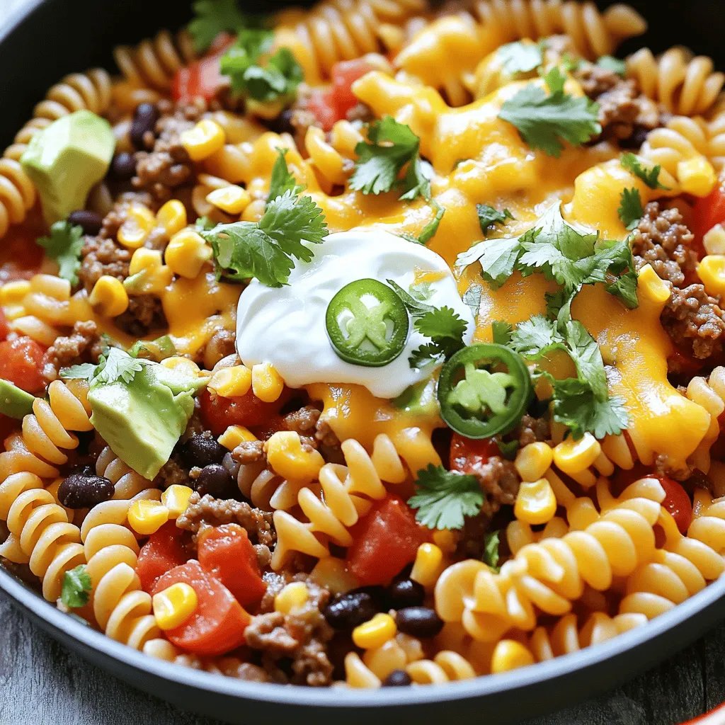 - 225 g Rotini-Pasta - 450 g gemischtes Hackfleisch - 1 Dose (400 g) gewürfelte Tomaten mit grünen Chili Die Rotini-Pasta ist perfekt, um die Sauce gut zu halten. Sie hat eine tolle Form, die jedem Bissen Freude bringt. Das gemischte Hackfleisch, ob Rind oder Pute, gibt der Pasta einen herzhaften Geschmack. Die gewürfelten Tomaten mit grünen Chili sorgen für eine fruchtige Note und etwas Schärfe. - 240 g Maiskörner - 240 g schwarze Bohnen - 100 g geriebener Cheddar-Käse Die Maiskörner fügen einen süßen Crunch hinzu. Die schwarzen Bohnen bringen Protein und machen die Mahlzeit sättigender. Der geriebene Cheddar-Käse schmilzt wunderbar und gibt einen cremigen Geschmack. - 1 Packung Taco-Gewürz - 120 g Sauerrahm - Frischer Koriander und optionale Toppings Das Taco-Gewürz bringt die typischen Aromen ins Essen. Sauerrahm sorgt für eine frische Note und einen tollen Kontrast zur Schärfe. Frischer Koriander ist ideal, um das Gericht zu garnieren. Für die, die es etwas schärfer mögen, sind Jalapeños und Avocado tolle Toppings. Die Zutaten sind einfach zu finden und machen die Zubereitung leicht. Für die vollständige Anleitung schauen Sie sich das [Full Recipe] an. - Bringen Sie in einem großen Topf gesalzenes Wasser zum Kochen. - Fügen Sie die Rotini-Pasta hinzu und kochen Sie sie gemäß den Anweisungen auf der Verpackung. - Wenn die Pasta al dente ist, gießen Sie sie ab und stellen Sie sie beiseite. - Erhitzen Sie das Olivenöl in einer großen Pfanne bei mittlerer Hitze. - Geben Sie die gewürfelte Zwiebel und den gehackten Knoblauch hinein. Braten Sie sie an, bis sie weich sind, was etwa 3-4 Minuten dauert. - Erhöhen Sie die Hitze auf mittelhoch und fügen Sie das gemischte Hackfleisch hinzu. Braten Sie es an, bis es gut gebräunt ist. Zerlegen Sie das Fleisch mit einem Löffel, was etwa 5-7 Minuten dauert. - Streuen Sie das Taco-Gewürz gleichmäßig über das gebräunte Fleisch. - Fügen Sie dann die gewürfelten Tomaten, den Mais und die schwarzen Bohnen hinzu. Rühren Sie alles gut um und lassen Sie die Mischung 5 Minuten köcheln. - Geben Sie die gekochte Pasta in die Pfanne. Mischen Sie alles gründlich, bis die Pasta gut bedeckt ist. - Reduzieren Sie die Hitze und fügen Sie den geriebenen Cheddar-Käse sowie den Sauerrahm hinzu. Lassen Sie alles für 2-3 Minuten schmelzen. - Nehmen Sie die Pfanne vom Herd. Garnieren Sie die Pasta mit frischem, gehacktem Koriander und optionalen Toppings wie Jalapeños oder Avocado-Scheiben. Mit dieser Schritt-für-Schritt-Anleitung gelingt Ihnen die beste Taco Pasta. Sie finden das vollständige Rezept in der Rezeptbeschreibung. Um die beste Taco Pasta zu machen, ist die Konsistenz wichtig. Koch die Rotini-Pasta al dente. Das bedeutet, sie sollte weich, aber noch bissfest sein. Behalte die Kochzeit auf der Verpackung im Auge. Wenn du die Pasta abgießt, lass etwas von dem Kochwasser übrig. Dieses Wasser kann helfen, die Sauce später zu binden. Du musst auch die Flüssigkeit anpassen. Wenn die Mischung zu trocken ist, füge etwas vom Kochwasser hinzu. Das gibt der Pasta mehr Geschmack und macht sie cremiger. Zusätzliche Gewürze können den Geschmack deiner Taco Pasta aufpeppen. Du kannst Paprika, Kreuzkümmel oder sogar etwas Chili hinzufügen. Diese Gewürze bringen mehr Tiefe und Wärme in das Gericht. Experimentiere mit verschiedenen Kombinationen, um deine perfekte Mischung zu finden. Die Wahl des Käses ist ebenfalls wichtig. Geriebener Cheddar ist toll, aber versuche auch Gouda oder Monterey Jack. Jeder Käse gibt einen anderen Geschmack und eine andere Textur. Gute Planung spart Zeit. Bereite die Zutaten im Voraus vor. Hacke die Zwiebel und den Knoblauch am Abend vorher. So bist du schneller fertig, wenn du kochst. Wenn du wenig Zeit hast, finde schnelle Alternativen. Verwende vorgegarte Bohnen oder tiefgekühltes Gemüse. Diese Optionen sind praktisch und sparen dir viel Zeit in der Küche. Für das vollständige Rezept schau dir die [Full Recipe] an und entdecke, wie einfach es ist, deine eigene Taco Pasta zuzubereiten! {{image_4}} Für eine vegetarische Taco Pasta tauschen Sie das Fleisch aus. Verwenden Sie Tofu oder mehr Gemüse. Zucchini, Paprika oder Bohnen sind tolle Optionen. Diese Zutaten geben Geschmack und machen das Gericht bunt. So bleibt die Pasta lecker und gesund. Wenn Sie es scharf mögen, probieren Sie eine würzige Version. Fügen Sie mehr Gewürze oder scharfe Saucen hinzu. Chili-Pulver oder Jalapeños sind super für extra Kick. Experimentieren Sie mit verschiedenen Schärfen, um Ihre perfekte Mischung zu finden. Diese Version bringt ordentlich Pfiff auf den Tisch. Für Käseliebhaber gibt es eine spezielle Variante. Fügen Sie mehr Käsearten hinzu oder überbacken Sie die Pasta. Mozzarella oder Gouda sind großartige Ergänzungen. So wird die Taco Pasta extra cremig und herzhaft. Genießen Sie diesen Käsegenuss direkt aus dem Ofen. Für das vollständige Rezept besuchen Sie [Full Recipe]. Lagere die Taco Pasta in einem luftdichten Behälter. So bleibt sie frisch und lecker. Du kannst sie bis zu drei Tage im Kühlschrank aufbewahren. Wenn du sie essen möchtest, erwärme sie einfach in der Mikrowelle oder in einer Pfanne. Achte darauf, dass sie gut durchhitzt ist. Wenn du mehr Taco Pasta zubereitest, kannst du Teile davon einfrieren. Lass die Pasta zuerst auf Raumtemperatur abkühlen. Teile sie dann in Portionen auf. Benutze gefriergeeignete Behälter oder Beutel. So kannst du die Pasta bis zu drei Monate lang einfrieren. Um sie aufzutauen, stelle die Portion in den Kühlschrank. Lass sie dort über Nacht auftauen. Du kannst die Taco Pasta dann in der Mikrowelle oder auf dem Herd wieder aufwärmen. Füge etwas Wasser oder Brühe hinzu, falls sie trocken ist. Die Zubereitung von Taco Pasta dauert etwa 15 Minuten. Die Gesamtzeit, bis du servieren kannst, beträgt rund 30 Minuten. Diese schnelle Zeit macht es perfekt für ein schnelles Abendessen. Ja, du kannst Taco Pasta im Voraus zubereiten. Koche die Pasta und die Mischung getrennt. Lagere sie in luftdichten Behältern. Wenn du bereit bist zu essen, erhitze alles zusammen. So sparst du Zeit und hast dennoch ein leckeres Gericht. Hier sind einige tolle Beilagen für Taco Pasta: - Ein frischer grüner Salat - Guacamole und Tortilla-Chips - Geschnittene Avocado mit Limette - Gebackene Nachos mit Käse Diese Beilagen ergänzen den Geschmack der Pasta wunderbar. Die beste Taco Pasta findest du in vielen lokalen Restaurants. Suche nach Tex-Mex- oder Fusionsküchen in deiner Nähe. Viele Food-Trucks bieten auch kreative Taco-Pasta-Gerichte an. Du kannst auch Online-Bewertungen lesen, um die besten Orte zu finden. Ja, du kannst das Rezept anpassen! Du kannst das Hackfleisch durch Tofu ersetzen, um es vegetarisch zu machen. Füge auch mehr Gemüse wie Paprika oder Zucchini hinzu. Für mehr Geschmack probiere verschiedene Käsesorten oder Gewürze. Das Rezept ist sehr flexibel und lässt sich leicht anpassen. Wenn du mehr Ideen brauchst, schau dir das Full Recipe an. Zusammenfassend haben wir die Hauptzutaten für Taco Pasta erkundet. Wir haben Schritt für Schritt gesehen, wie man sie zubereitet. Beachten Sie unsere Tipps, um den Geschmack zu verbessern und die perfekte Konsistenz zu erreichen. Variationen wie die vegetarische Option oder die würzige Version bieten tolle Alternativen. Wenn Sie wissen, wie man Taco Pasta lagert, bleibt sie frisch. Mit diesen Kenntnissen sind Sie bereit, ein tolles Gericht zu machen! Genießen Sie die Freude am Kochen und die leckeren Ergebnisse.