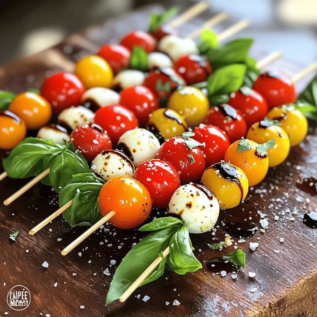 - Kirschtomaten (ca. 450 g) - Frische Mozzarella-Bällchen (225 g) - Frische Basilikumblätter - Balsamico-Glasur - Natives Olivenöl extra - Salz und Pfeffer - Spieße (Bambus oder Metall) Die Zutaten für die Caprese Salad Skewers sind einfach und frisch. Kirschtomaten bringen Süße und Saftigkeit. Frische Mozzarella-Bällchen bieten eine cremige Textur. Basilikumblätter fügen einen tollen Duft hinzu. Für das Dressing kombinieren Sie Balsamico-Glasur mit nativem Olivenöl extra. Diese Mischung gibt den Spießen einen großartigen Geschmack. Ein bisschen Salz und Pfeffer verstärken die Aromen. Stellen Sie sicher, dass Sie die richtigen Spieße haben. Bambus- oder Metallspieße funktionieren gut. Wenn Sie Bambusspieße verwenden, weichen Sie sie vorher in Wasser ein. So vermeiden Sie, dass sie beim Grillen brennen. Für das vollständige Rezept schauen Sie sich die Full Recipe an. Zuerst spüle die Kirschtomaten und die Basilikumblätter gründlich unter kaltem Wasser ab. Damit entfernst du Schmutz und Rückstände. Tupfe sie vorsichtig mit einem Küchentuch trocken, um sie für die Spieße vorzubereiten. Wenn du Holzspieße verwendest, lege sie für etwa 10 Minuten in Wasser. Das schützt sie vor dem Verbrennen beim Grillen. Jetzt kommt der kreative Teil! Stecke eine Kirschtomate zuerst auf den Spieß. Füge dann ein frisches Basilikumblatt hinzu. Bei großen Blättern kannst du sie leicht falten, damit sie besser passen. Anschließend setze eine Mozzarellakugel auf den Spieß. Wiederhole diesen Vorgang, bis jeder Spieß 3-4 Kombinationen aus Tomate, Basilikum und Mozzarella hat. Es gibt viele Möglichkeiten, die Zutaten anzuordnen. Lass deiner Kreativität freien Lauf! Nachdem alle Spieße fertig sind, träufle ein wenig natives Olivenöl und Balsamico-Glasur darüber. Das verleiht ihnen zusätzlichen Geschmack und Glanz. Würze die Spieße mit Salz und Pfeffer nach deinem Geschmack. Diese Schritte heben den Geschmack hervor und machen die Spieße noch leckerer. Arrangiere die Spieße auf einer Servierplatte und genieße sie frisch. Für mehr Details kannst du die [Full Recipe] ansehen. Um Ihre Caprese-Salat-Spieße hervorzuheben, nutzen Sie bunte Kirschtomaten. Sie bringen Farben und Freude auf den Tisch. Eine Mischung aus roten, gelben und orangefarbenen Tomaten sieht toll aus. Anrichten können Sie die Spieße auf einer großen Servierplatte. Eine Holzplatte wirkt rustikal und einladend. Sie können die Spieße auch aufrecht in einem Glas anrichten. Das sorgt für einen tollen Effekt. Bereiten Sie die Zutaten im Voraus vor. Waschen Sie die Tomaten und Basilikumblätter und lassen Sie sie trocknen. So sparen Sie Zeit, wenn Gäste kommen. Der beste Zeitpunkt zur Servierung ist, wenn die Spieße frisch sind. Servieren Sie sie direkt nach dem Zusammenstellen, damit sie knackig bleiben. Sie können auch andere Käsesorten verwenden. Zum Beispiel passt Feta gut zu den Spießen. Wenn Sie es etwas aufregender mögen, fügen Sie Gemüse oder Obst hinzu. Gegrillte Zucchini oder Ananas können tolle Ergänzungen sein. Diese Variationen machen Ihre Spieße noch interessanter. Sie können diese Tipps auch in der [Full Recipe] umsetzen. {{image_4}} Um die Aromen in Ihren Caprese-Salat-Spießen zu erweitern, fügen Sie einige Oliven hinzu. Grüne oder schwarze Oliven bringen ein salziges Element. Artischockenherzen sind auch eine gute Wahl. Sie verleihen einen leicht nussigen Geschmack. Ersetzen Sie die Balsamico-Glasur durch Pesto für einen frischen, kräuterigen Kick. Das Pesto passt perfekt zu Tomaten und Mozzarella. Für eine herzhaftere Variante können Sie Prosciutto oder Salami hinzufügen. Diese Wurstsorten geben einen tollen, salzigen Geschmack. Gegrilltes Gemüse ist eine weitere großartige Ergänzung. Zucchini oder Paprika bringen Farbe und Textur. Diese Kombination macht die Spieße sättigender und ideal für eine Hauptspeise. Für eine vegane Version verwenden Sie veganen Mozzarella. Es gibt viele Marken, die tollen Geschmack bieten. Sie können auch Rezepte für vegane Glasuren ausprobieren. Eine Mischung aus Olivenöl, Zitronensaft und Kräutern kann köstlich sein. Diese Optionen machen die Spieße für jeden zugänglich. Für die vollständige Anleitung und alle Zutaten schauen Sie sich das [Full Recipe] an. Um die Spieße frisch zu halten, lege sie in den Kühlschrank. Verwende einen luftdichten Behälter, um Gerüche zu vermeiden. So bleiben die Farben und der Geschmack erhalten. Wenn du die Spieße für eine Party machst, bereite sie erst kurz vorher zu. Die Spieße sind im Kühlschrank etwa zwei Tage haltbar. Du solltest sie am besten am Tag der Zubereitung genießen. Einfrieren ist nicht ratsam, da die Tomaten und der Käse matschig werden können. Hast du Reste? Verwende sie in einem Salat oder auf einer Pizza. Du kannst die Zutaten auch in einem Wrap nutzen. Variiere die Spieße, indem du zusätzliches Gemüse oder verschiedene Käsesorten hinzufügst. So bleibt das Kochen spannend! Sie können die Spieße bis zu 4 Stunden im Voraus zubereiten. Das hilft, Zeit zu sparen. Lagern Sie sie im Kühlschrank. Bedecken Sie die Spieße mit Frischhaltefolie. So bleiben sie frisch und sehen gut aus. Überlegen Sie, die Balsamico-Glasur erst kurz vor dem Servieren hinzuzufügen. Das macht jeden Biss noch köstlicher. Ja, Sie können andere Tomatensorten verwenden. Cocktailtomaten sind eine gute Wahl. Sie sind süß und saftig. Auch kleine Roma-Tomaten passen gut. Sie sind etwas fester und haben einen tollen Geschmack. Probieren Sie auch bunte Tomaten. Diese bringen Farbe und Frische in die Spieße. Für die Spieße passen verschiedene Dips gut. Ein klassischer Pesto-Dip ist immer lecker. Er ergänzt die Aromen perfekt. Auch ein einfacher Joghurt-Dip mit Kräutern ist eine gute Wahl. Für etwas Schärfe können Sie einen scharfen Chili-Dip versuchen. Diese Dips machen das Essen noch spannender. Frische Mozzarella-Bällchen finden Sie in vielen Supermärkten. Suchen Sie nach der Kühlschrankabteilung. Oft sind sie in Wasser verpackt. Frische Märkte oder italienische Geschäfte bieten oft die besten Optionen. Lagern Sie sie im Kühlschrank, bis Sie bereit sind, die Spieße zu machen. So bleiben sie frisch und lecker. Zusammengefasst, die Zubereitung köstlicher Spieße ist einfach und bringt frische Aromen. Beginne mit Kirschtomaten, Mozzarella und Basilikum. Achte beim Dressing auf Balsamico und Olivenöl. Variiere die Zutaten je nach Geschmack oder Anlass. Lagere übrig gebliebene Spieße im Kühlschrank. Denke daran, dass das Experimentieren mit verschiedenen Varianten Spaß macht. Nutze die Tipps für eine ansprechende Präsentation. Gehe raus und genieße deine leckeren Spieße mit Freunden!