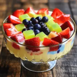 - 3 verschiedene Geschmacksrichtungen von Jello (z. B. Erdbeer, Limette, blaue Himbeere) - 1 Dose (14 oz) gesüßte Kondensmilch - 2 Tassen kochendes Wasser - 2 Tassen kaltes Wasser - 2 Esslöffel ungesüßtes Gelatinepulver - ½ Tasse Zucker (optional) - Frische Früchte zur Dekoration Um ein buntes Mosaik Jello zu machen, brauchst du verschiedene Jello-Geschmäcker. Ich empfehle Erdbeer, Limette und blaue Himbeere. Diese Farben machen dein Dessert lebendig. Die gesüßte Kondensmilch gibt dem Jello eine cremige Textur. Sie ist wichtig für den Geschmack. Das Gelatinepulver hilft, das Jello fest werden zu lassen. Du kannst auch Zucker hinzufügen, wenn du es süßer magst. Frische Früchte sind die perfekte Dekoration. Sie bringen zusätzlichen Geschmack und Farbe. Du kannst Erdbeeren, Heidelbeeren oder sogar Kiwi verwenden. Die Mischung aus Jello und der milchigen Gelatine sorgt für den besonderen Effekt. Wenn alles gut kombiniert ist, wird dein Mosaik Jello ein echter Hingucker. Du kannst die Zutaten ganz einfach im Supermarkt finden. Schaffe dir eine fröhliche und bunte Kreation! Um Jello zu machen, beginne mit 1 Tasse kochendem Wasser. Nimm eine Schüssel und füge die erste Geschmacksrichtung hinzu. Rühre gut, bis das Jello-Pulver vollständig aufgelöst ist. Wiederhole dies mit den anderen Geschmacksrichtungen. Du hast jetzt 3 bunte Flüssigkeiten. Lass sie auf Zimmertemperatur abkühlen. Danach stelle sie für 3-4 Stunden in den Kühlschrank. Warte, bis sie fest sind. Wenn die Jello-Schichten fest sind, schneide sie in kleine Würfel. Achte darauf, dass die Würfel gleich groß sind. Gib die Würfel in eine große Rührschüssel. Jetzt bereite die milchige Gelatine-Mischung vor. Streue 2 Esslöffel ungesüßtes Gelatinepulver über ½ Tasse kaltes Wasser. Lass es 5 Minuten quellen. Danach löse die Gelatine in 1 Tasse kochendem Wasser auf. Füge die gesüßte Kondensmilch zur Gelatine hinzu. Rühre alles gut um, bis die Mischung glatt ist. Gieße diese Mischung vorsichtig über die Jello-Würfel in der Schüssel. Achte darauf, dass alle Stücke gut bedeckt sind. Übertrage die Mischung in eine vorbereitete Form. Stelle die Form für 4-6 Stunden in den Kühlschrank. Dann ist dein Mosaik-Jello bereit! Um ein tolles Mosaik-Jello zu machen, benutze verschiedene Formen und Farben. Wähle helle Farben, die gut zusammenpassen. Das macht dein Dessert lebendig und einladend. Achte darauf, die Jello-Schichten gleichmäßig zu schneiden. Nutze ein scharfes Messer für saubere Schnitte. So bleiben deine Würfel gut geformt. Schneide jede Schicht in gleich große Stücke. Das sorgt für ein schönes Muster im Endprodukt. Du kannst viele Varianten ausprobieren. Nutze andere Geschmacksrichtungen wie Pfirsich oder Traube. Auch exotische Farben können Spaß machen. Wenn du keine gesüßte Kondensmilch magst, ersetze sie durch Joghurt. Das macht das Dessert cremig, aber weniger süß. Du kannst auch pflanzliche Milch verwenden, um es vegan zu machen. Sei kreativ und finde deine Lieblingskombinationen. Die Präsentation ist wichtig. Serviere das Jello in einem klaren Glasbehälter. So sieht man die schönen Farben gut. Du kannst das Dessert mit frischen Früchten dekorieren. Lege ein paar Beeren oder geschnittene Erdbeeren oben drauf. Das macht es noch ansprechender. Ein Minzblatt kann auch eine schöne Note hinzufügen. Mach das Dessert kühl und frisch, damit es lecker schmeckt. {{image_4}} Um deinen Mosaik-Jello frisch zu halten, lagere ihn im Kühlschrank. Stelle sicher, dass er in einem luftdichten Behälter ist. So bleibt die Textur weich und die Farben leuchtend. Es ist wichtig, ihn vor anderen Gerüchen zu schützen. Vermeide es, ihn neben stark riechenden Lebensmitteln zu lagern. Die Haltbarkeit des Jello-Desserts beträgt etwa eine Woche. Nach dieser Zeit kann der Geschmack nachlassen. Wenn du die Schichten gut trennst, bleibt der Jello länger frisch. Überprüfe immer das Aussehen und den Geruch, bevor du ihn isst. Du kannst den Jello bis zu drei Tage im Voraus zubereiten. So hast du mehr Zeit für andere Vorbereitungen. Stelle sicher, dass du ihn gut abdeckst, um eine Austrocknung zu verhindern. Wenn du ihn einige Tage im Voraus machst, schmeckt er sogar noch besser. Die Aromen können sich dann gut vermischen. Das ergibt einen tollen Geschmack, wenn du ihn servierst. Plane deine Zeit gut und genieße das Kochen! Mosaik-Jello bringt Farbe auf jede Feier. Es ist perfekt für Geburtstage, Hochzeiten oder Feste. Sie können die Farben an das Thema der Party anpassen. Verwenden Sie zum Beispiel Rot und Weiß für Weihnachten. Oder Blau und Gelb für den Sommer. Kombinieren Sie Mosaik-Jello mit anderen Desserts. Es passt gut zu einer frischen Obstplatte oder einem leckeren Schokoladenkuchen. Die Kombination erhöht den Spaß und die Freude am Essen. Zu Mosaik-Jello passen viele Getränke. Fruchtige Limonade ist eine gute Wahl. Sie ergänzt die süßen Geschmäcker des Jellos. Auch Sprudelwasser mit Limette schmeckt erfrischend dazu. Für Erwachsene können Sie leichte Cocktails anbieten. Ein fruchtiger Sangria passt gut zu diesem bunten Dessert. Denken Sie daran, die Getränke gut zu kühlen. So bleibt alles frisch und lecker. Verwenden Sie die [Full Recipe], um Ihr Mosaik-Jello zuzubereiten und zu genießen. Mosaik-Jello braucht Zeit, um fest zu werden. Die ersten Schichten sollten etwa 3-4 Stunden im Kühlschrank bleiben. Danach muss die gesamte Mischung für 4-6 Stunden kühlen. So stellt man sicher, dass alles gut zusammenhält. Wenn Sie verschiedene Jello-Rezepte machen, kann die Zeit variieren. Achten Sie darauf, dass die Schichten gut abgekühlt sind, bevor Sie sie schneiden. So vermeiden Sie ein Zerfallen der Formen. Ja, frische Früchte können viel Spaß bringen! Sie fügen Farbe und Geschmack hinzu. Verwenden Sie kleine Stücke von Erdbeeren, Heidelbeeren oder Trauben. Achten Sie darauf, dass die Früchte gut gewaschen und klein geschnitten sind. Fügen Sie sie einfach in die Jello-Mischung, bevor die milchige Gelatine hinzukommt. So bleiben die Früchte schön verteilt. Aber denken Sie daran, dass saftige Früchte die Konsistenz verändern können. Daher sollten Sie sie in Maßen verwenden. Ja, Mosaik-Jello ist glutenfrei! Die Zutaten wie Jello und Gelatine enthalten kein Gluten. Das macht es zu einer tollen Wahl für alle, die glutenfreie Ernährung benötigen. Überprüfen Sie jedoch die Etiketten, um sicher zu gehen, dass keine unerwünschten Zutaten enthalten sind. Wenn Sie frische Früchte hinzufügen, sind diese auch glutenfrei. So können alle das bunte Dessert genießen, ohne sich Sorgen zu machen. Zusammenfassend haben wir besprochen, wie man ein leckeres Mosaik-Jello zubereitet. Du hast die Zutaten kennengelernt und die Schritte zur Zubereitung und Präsentation gelesen. Denke daran, kreative Farben und Formen zu nutzen, um dein Dessert besonders zu machen. Du kannst auch frische Früchte hinzufügen, um den Geschmack zu verbessern. Experimentiere mit verschiedenen Varianten. So wird dein Jello immer ein Hit bei Feiern und Anlässen! Bereite es rechtzeitig vor, damit du es genießen kannst, wenn die Gäste kommen.