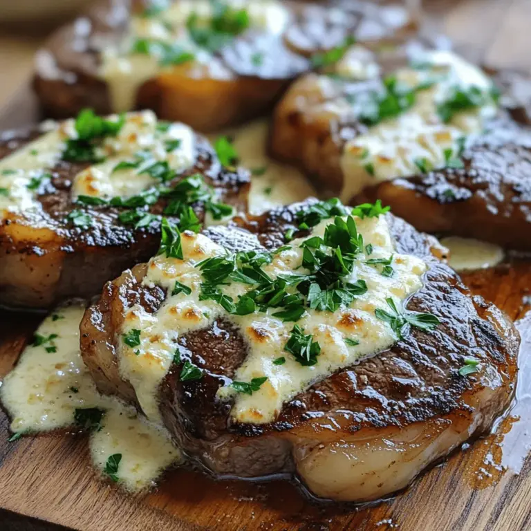 Um ein saftiges Steak zu machen, brauchen Sie: - 2 Ribeye-Steaks (1 Zoll dick) - Salz und schwarzer Pfeffer nach Geschmack - 2 Esslöffel Olivenöl Ribeye-Steaks sind ideal wegen ihres hohen Fettgehalts. Das Fett macht das Steak zart und gibt viel Geschmack. Achten Sie darauf, die Steaks vor dem Kochen auf Raumtemperatur zu bringen. Das hilft, ein gleichmäßiges Garen zu erreichen. Für die cremige Knoblauchsauce benötigen Sie: - 4 Knoblauchzehen, gehackt - 1 Tasse Schlagsahne - ½ Tasse Rinderbrühe - 1 Teelöffel Dijon-Senf - ¼ Tasse geriebener Parmesan - 1 Esslöffel frische Petersilie, gehackt (zum Garnieren) Knoblauch bringt einen tollen Geschmack. Schlagsahne macht die Sauce reichhaltig und cremig. Parmesan gibt der Sauce Tiefe und eine schöne Textur. Wählen Sie frische und hochwertige Zutaten aus. Achten Sie auf die Farbe des Fleisches. Es sollte rot und gut marmoriert sein. Fragen Sie Ihren Metzger nach der Herkunft des Fleisches. Frischer Knoblauch hat eine feste Haut und sollte nicht weich sein. Verwenden Sie echte Schlagsahne, nicht Sahneersatz. Dies sorgt für den besten Geschmack in der Sauce. Wenn Sie diese Tipps beachten, wird Ihr Steak mit cremiger Knoblauchsauce ein voller Erfolg. Weitere Details finden Sie in der [Full Recipe]. Nehmen Sie die Ribeye-Steaks aus dem Kühlschrank. Lassen Sie sie etwa 30 Minuten ruhen. Tupfen Sie die Steaks mit einem Küchenpapier trocken. Würzen Sie beide Seiten mit Salz und schwarzem Pfeffer. Dies gibt dem Steak einen tollen Geschmack. Erhitzen Sie 2 Esslöffel Olivenöl in einer großen Pfanne. Stellen Sie die Hitze auf mittel bis hoch. Wenn das Öl heiß ist, legen Sie die Steaks in die Pfanne. Braten Sie die Steaks 3-4 Minuten auf jeder Seite an. Sie sollten eine goldbraune Kruste sehen. Überprüfen Sie die Garstufe mit einem Fleischthermometer. Für medium-rare sind 130°F ideal. Nehmen Sie die Steaks aus der Pfanne und lassen Sie sie auf einem Teller ruhen. Reduzieren Sie die Hitze in der Pfanne auf mittel. Fügen Sie die gehackten Knoblauchzehen hinzu. Braten Sie den Knoblauch 30 Sekunden lang an, bis er duftet. Achten Sie darauf, dass er nicht verbrennt. Gießen Sie dann ½ Tasse Rinderbrühe in die Pfanne. Kratzen Sie die Reste vom Boden. Lassen Sie die Brühe 2-3 Minuten köcheln. Fügen Sie 1 Tasse Schlagsahne und 1 Teelöffel Dijon-Senf hinzu. Rühren Sie gut um. Kochen Sie die Sauce 4-5 Minuten weiter, bis sie eindickt. Rühren Sie ¼ Tasse geriebenen Parmesan ein. Schmecken Sie die Sauce mit Salz und Pfeffer ab. Jetzt sind Sie bereit, die Steaks mit der cremigen Knoblauchsauce zu servieren. Schneiden Sie die Steaks gegen die Faser auf. Träufeln Sie die Sauce darüber. Garnieren Sie mit frischer Petersilie. So einfach ist es! Wenn Sie die Details mögen, finden Sie die vollständige Anleitung in unserem [Full Recipe]. Um ein perfektes Steak zu garen, beachten Sie diese Schritte: - Bringen Sie das Steak auf Raumtemperatur. - Würzen Sie es reichlich mit Salz und Pfeffer. - Erhitzen Sie das Öl gut, bevor Sie das Steak hinzufügen. - Braten Sie es 3-4 Minuten pro Seite für eine schöne Kruste. - Nutzen Sie ein Fleischthermometer. 130°F sind ideal für medium-rare. Wenn Sie kein Rindfleisch mögen, probieren Sie diese Alternativen: - Lammsteaks sind zart und aromatisch. - Schweinefilet hat einen milden Geschmack. - Hähnchenbrust kann auch lecker sein. - Tofu eignet sich für eine pflanzliche Option. Hier sind häufige Fehler und wie Sie sie vermeiden: - Verwenden Sie kein kaltes Steak; es gart ungleichmäßig. - Überfüllen Sie die Pfanne nicht; das Steak dämpft sich sonst. - Lassen Sie den Knoblauch nicht verbrennen; er wird bitter. - Rühren Sie die Sauce oft, damit sie nicht ansetzt. - Schmecken Sie die Sauce ab, bevor Sie sie servieren. Für die vollständige Anleitung und das Rezept besuchen Sie [Full Recipe]. {{image_4}} Wenn Sie kein Rindfleisch mögen, probieren Sie Lamm oder Schwein. Beide Sorten passen gut zu der cremigen Knoblauchsauce. Wählen Sie ein Stück, das saftig bleibt, wie Lammkoteletts oder Schweinefilet. Würzen Sie diese wie die Ribeye-Steaks. Braten Sie sie bis zur gewünschten Garstufe. Die Sauce bleibt gleich, um den Geschmack zu betonen. Möchten Sie etwas Schärfe? Fügen Sie etwas rote Paprika oder Cayennepfeffer hinzu. Ein Teelöffel reicht oft aus, um der Sauce einen Kick zu geben. Fügen Sie die Gewürze zusammen mit dem Knoblauch hinzu. Achten Sie darauf, die Sauce gut zu kosten. So finden Sie die richtige Balance zwischen Knoblauch und Schärfe. Für eine vegetarische Option können Sie die Sauce ohne Fleisch zubereiten. Nutzen Sie einfach Gemüsebrühe statt Rinderbrühe. Diese Variante schmeckt ebenfalls köstlich. Servieren Sie die Sauce über gegrilltem Gemüse oder Pasta. Sie können auch Tofu anbraten und dazu reichen. So bleibt das Gericht herzhaft und voller Geschmack. Für das vollständige Rezept, schauen Sie sich die [Full Recipe] an. Um übrig gebliebenes Steak frisch zu halten, lege es in einen luftdichten Behälter. So bleibt der Geschmack erhalten. Du kannst das Steak auch in Aluminiumfolie einwickeln. Das schützt es vor Austrocknung. Stelle sicher, dass das Steak vollständig abgekühlt ist, bevor du es lagerst. So vermeidest du Kondenswasser im Behälter. Die Knoblauchsauce sollte ebenfalls in einem luftdichten Behälter aufbewahrt werden. Du kannst sie in einen kleinen Glasbehälter füllen. Achte darauf, dass die Sauce gut abgekühlt ist. So bleibt sie lange frisch. Wenn du die Sauce länger aufbewahren möchtest, kannst du sie auch einfrieren. Fülle sie dazu in Eiswürfelschalen und friere sie ein. Übrig gebliebenes Steak hält im Kühlschrank etwa 3 bis 4 Tage. Die Knoblauchsauce bleibt auch 3 bis 4 Tage frisch. Achte darauf, die Reste rechtzeitig zu essen. Wenn du die Sauce eingefroren hast, bleibt sie etwa 2 bis 3 Monate haltbar. Du kannst sie dann bei Bedarf auftauen und genießen. Um ein saftiges Steak zu machen, müssen Sie einige Schritte beachten. Zuerst lassen Sie das Steak etwa 30 Minuten bei Raumtemperatur ruhen. Dann tupfen Sie es trocken und würzen es mit Salz und Pfeffer. Erhitzen Sie das Olivenöl in einer Pfanne und braten Sie das Steak 3-4 Minuten pro Seite an. Dies gibt dem Steak eine schöne Kruste. Lassen Sie es nach dem Braten ruhen, damit die Säfte sich setzen können. Die beste Garstufe für Steak hängt von Ihrem Geschmack ab. Für medium-rare sollten Sie eine Innentemperatur von 130°F (54°C) anstreben. Für medium ist es 140°F (60°C). Verwenden Sie ein Fleischthermometer, um die richtige Garstufe zu prüfen. Jede Garstufe hat ihren eigenen Geschmack und ihre eigene Textur, also experimentieren Sie! Ja, Sie können die Sauce im Voraus zubereiten. Kochen Sie die Sauce wie im Rezept beschrieben und lassen Sie sie abkühlen. Bewahren Sie sie in einem luftdichten Behälter im Kühlschrank auf. Wenn Sie bereit sind, das Steak zu servieren, erhitzen Sie die Sauce sanft in der Pfanne. Fügen Sie etwas zusätzliche Sahne hinzu, um die Cremigkeit zu erhalten. Zu saftigen Steaks passen viele Beilagen. Hier sind einige Vorschläge: - Sautiertes Gemüse (wie Brokkoli oder grüne Bohnen) - Cremiges Kartoffelpüree - Gegrillte Pilze - Ein frischer grüner Salat Diese Beilagen ergänzen den Geschmack des Steaks und der Sauce wunderbar. Probieren Sie verschiedene Kombinationen aus! Für das vollständige Rezept schauen Sie sich bitte den Abschnitt "Full Recipe" an. In diesem Artikel haben wir die wichtigsten Zutaten für ein köstliches Steak behandelt. Wir haben die Schritte für die Zubereitung sowie Tipps für die Perfektion angesehen. Die Variationen und Lagerungshinweise helfen dir, das Beste aus deinem Gericht herauszuholen. Ich hoffe, diese Informationen machen es dir leichter, ein saftiges Steak zu kochen. Kleine Fehler sind oft leicht zu vermeiden, wenn du die richtigen Schritte befolgst. Denke daran, dass Qualität der Zutaten einen großen Unterschied macht. Viel Spaß beim Kochen und Genießen!
