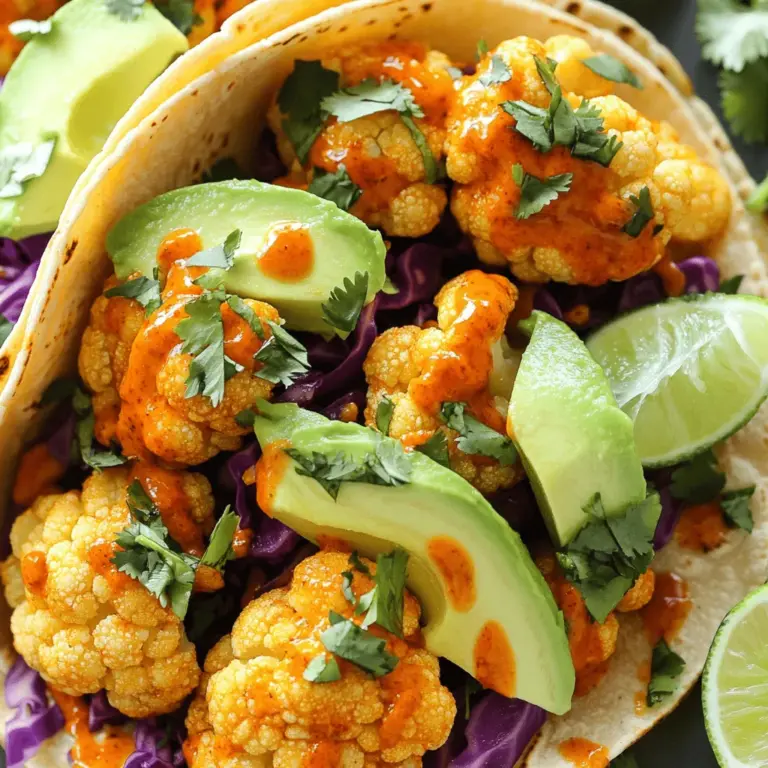 Für die Buffalo Cauliflower Tacos brauchst du einige einfache, aber wichtige Zutaten. Hier ist, was du benötigst: - 1 mittelgroßer Kopf Blumenkohl, in Röschen zerteilt - 1 Tasse Weizenmehl - 1 Tasse Wasser - 1 Teelöffel Knoblauchpulver - 1 Teelöffel Zwiebelpulver - 1 Teelöffel geräucherter Paprika - 1/2 Teelöffel Salz - 1/2 Teelöffel schwarzer Pfeffer - 1 Tasse Buffalo-Sauce (mild oder scharf, je nach Vorliebe) - 8 kleine Mais- oder Weizentortillas - 1 Avocado, in Scheiben geschnitten - 1 Tasse fein geschnittene rote Kohl - 1/2 Tasse Koriander, gehackt - 1 Limette, in Spalten geschnitten - Optional: vegane Ranch-Dressing zum Beträufeln Diese Zutaten sind leicht zu finden und machen deinen Taco köstlich. Die Gewürze sind entscheidend für den Geschmack. Knoblauchpulver und Zwiebelpulver bringen Tiefe. Geräucherter Paprika gibt einen rauchigen Geschmack. Das Salz und der schwarze Pfeffer heben die Aromen hervor. Die Buffalo-Sauce ist das Herzstück. Sie sorgt für den würzigen Kick, den wir alle lieben. Du kannst die Schärfe anpassen, indem du milde oder scharfe Sauce wählst. Wenn du keine Weizenmehl verwenden möchtest, probiere Kichererbsenmehl. Es ist glutenfrei und hat einen tollen Geschmack. Statt Blumenkohl kannst du auch Brokkoli verwenden. Für die Tortillas sind auch glutenfreie Optionen erhältlich. Wenn du Avocado nicht magst, nehme Guacamole oder einen anderen Dip. Sei kreativ und passe das Rezept an, wie es dir gefällt. Für das vollständige Rezept schaue dir die Details weiter oben an. Zuerst heize deinen Ofen auf 230°C vor. Das sorgt für perfekte Röstung. Bereite ein Backblech mit Backpapier vor. So klebt der Blumenkohl nicht fest. Jetzt geht es an die Teigmischung. Nimm eine große Schüssel und vermische Weizenmehl, Wasser, Knoblauchpulver, Zwiebelpulver, geräucherten Paprika, Salz und schwarzen Pfeffer. Rühre alles gut, bis die Mischung glatt ist. Die Röschen sollen gleichmäßig bedeckt werden. Jetzt ist es Zeit für den Blumenkohl. Teile einen mittelgroßen Kopf Blumenkohl in Röschen. Tauche jedes Röschen in den Teig. Lass den überschüssigen Teig abtropfen, bevor du sie auf das Backblech legst. Backe die Röschen für 20 Minuten. Wende sie nach 10 Minuten, damit sie gleichmäßig bräunen. Nach dem Backen vermenge die Röschen in einer Schüssel mit der Buffalo-Sauce. So wird jedes Stück gut bedeckt. Lege die Blumenkohlröschen wieder auf das Blech und backe sie für weitere 10 Minuten. So karamellisiert die Sauce schön. Jetzt kommt der spaßige Teil. Erwärme deine Tortillas in einer trockenen Pfanne für etwa 30 Sekunden. So werden sie weich und flexibel. Nimm eine Tortilla und fülle sie mit einer großzügigen Menge der Buffalo-Blumenkohlmischung. Toppe die Tacos mit Avocadoscheiben, Rotkohl und frisch gehacktem Koriander. Serviere die Tacos mit Limettenspalten an der Seite. Optional kannst du auch veganes Ranch-Dressing darauf träufeln. Das macht alles noch besser. Für das vollständige Rezept schau dir die [Full Recipe] an. Um den Teig perfekt zu machen, mische das Weizenmehl mit Wasser. Der Teig sollte glatt und etwas dick sein. Wenn er zu dünn ist, bleibt der Blumenkohl nicht gut haften. Wenn er zu dick ist, wird der Teig klumpig. Die richtige Konsistenz ist wichtig für den besten Geschmack. Die Backzeit ist entscheidend. Backe die Blumenkohlröschen zuerst 20 Minuten. Wende sie in der Mitte, damit sie gleichmäßig knusprig werden. Nach der ersten Backzeit gib die Buffalo-Sauce dazu und backe sie weitere 10 Minuten. So wird die Sauce schön karamellisiert und die Röschen bleiben knusprig. Die Tacos schmecken am besten frisch. Fülle die warmen Tortillas mit Blumenkohl, Avocado und Rotkohl. Die Limettenspalten sorgen für Frische. Du kannst auch veganes Ranch-Dressing hinzufügen. Stelle die Tacos auf einem großen Teller an und garniere sie mit Koriander. So wirken sie besonders einladend. Der Full Recipe gibt dir alle Infos für diese leckere Zubereitung. {{image_4}} Buffalo Blumenkohl-Tacos sind von Natur aus schon ziemlich gesund. Aber du kannst sie noch besser machen! Du kannst die Tortillas durch glutenfreie Optionen ersetzen. Das sorgt für mehr Vielfalt. Wenn du eine zusätzliche Geschmacksschicht willst, füge schwarze Bohnen oder Linsen hinzu. Diese geben mehr Protein und Ballaststoffe. Auch gebratene Zucchini oder Paprika passen gut. Sie bringen frische Aromen und Farben auf den Teller. Die Buffalo-Sauce ist der Star dieser Tacos. Du kannst die Schärfe ganz einfach anpassen. Wenn du es mild magst, nimm eine milde Sauce. Füge etwas Honig oder Agavensirup hinzu, um die Schärfe auszugleichen. Für extra Schärfe mische scharfe Sauce mit der Buffalo-Sauce. Du kannst auch frische Jalapeños oder Chili-Flocken hinzufügen. So gestaltest du deine Tacos nach deinem Geschmack. Beilagen bringen dein Gericht zum Leuchten. Serviere die Tacos mit frischem Salat. Ein einfacher grüner Salat sorgt für einen tollen Kontrast. Auch guacamole oder eine scharfe Salsa sind gute Begleiter. Für eine knusprige Note kannst du Tortilla-Chips dazugeben. Sie passen perfekt zu einer cremigen Dip-Sauce. Wenn du etwas Süßes möchtest, probiere Mango-Salsa. Sie bringt eine fruchtige Frische in dein Gericht. Denke daran, dass jede dieser Variationen deinen Buffalo Blumenkohl-Tacos das gewisse Etwas verleiht. Du kannst sie ganz nach deinem Geschmack gestalten und anpassen. Lass deiner Kreativität freien Lauf! Um die Reste der Buffalo Blumenkohl-Tacos frisch zu halten, lege sie in einen luftdichten Behälter. Achte darauf, dass die Tacos nicht zerdrückt werden. Du kannst die Füllung separat aufbewahren. So bleibt die Tortilla knusprig. Um die Tacos wieder warm zu machen, nutze eine Pfanne. Erhitze sie ohne Öl bei mittlerer Hitze. Lege die Tacos hinein und erwärme sie für etwa 3-5 Minuten. So bleiben sie knusprig. Du kannst auch die Füllung aufwärmen. Mache das in einem kleinen Topf bei niedriger Hitze. Im Kühlschrank halten die Reste 3 bis 5 Tage. Achte darauf, sie gut abzudecken. Wenn du sie länger aufbewahren willst, friere die Füllung ein. Im Gefrierfach bleiben sie 2 bis 3 Monate frisch. Achte darauf, sie in einem luftdichten Behälter zu lagern. Vor dem Verzehr lasse sie im Kühlschrank auftauen. Die Zubereitung der Buffalo Cauliflower Tacos dauert etwa 50 Minuten. Du brauchst 20 Minuten, um die Zutaten vorzubereiten. Dann backst du die Röschen für 30 Minuten. Das macht es einfach, diese leckeren Tacos schnell zu genießen. Ja, du kannst die Buffalo-Sauce ganz leicht selbst machen. Misch einfach scharfe Sauce mit etwas geschmolzener Butter. Du kannst auch Knoblauchpulver und Zwiebelpulver hinzufügen. So passt die Sauce perfekt zu deinem Geschmack. Es ist eine tolle Möglichkeit, die Würze selbst zu bestimmen. Buffalo Blumenkohl-Tacos können glutenfrei sein. Wenn du glutenfreies Mehl verwendest, ist das Rezept sicher. Achte darauf, dass die Tortillas glutenfrei sind. So kannst du die Tacos genießen, ohne dir Sorgen um Gluten machen zu müssen. Die Buffalo Blumenkohl Tacos bieten einen leckeren und gesunden Genuss. Wir haben die Hauptzutaten, die Zubereitung und wertvolle Tipps behandelt. Vergiss nicht, die Schärfe nach deinem Geschmack anzupassen. Lagere die Reste gut und genieße sie später. Mit diesen einfachen Schritten und Variationen wirst du deine Tacos perfekt hinbekommen. Experimentiere und finde deine Lieblingsversion. Kochen macht Spaß, und mit diesen Rezepten wirst du sicher viele begeistern!