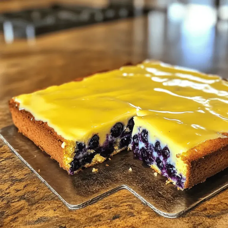 Für diesen Kuchen brauchst du einige wichtige Zutaten: - 2 Tassen Allzweckmehl - 1 ½ Teelöffel Backpulver - ½ Teelöffel Natron - ½ Teelöffel Salz - 1 Tasse ungesalzene Butter, weich - 1 ½ Tassen Kristallzucker - 3 große Eier - 1 Esslöffel frisch geriebene Zitronenschale - 1 Esslöffel frisch gepresster Zitronensaft - 1 Teelöffel Vanilleextrakt - 1 Tasse Buttermilch - 1 ½ Tassen frische Blaubeeren Diese Zutaten bilden die Basis für einen saftigen und leckeren Kuchen. Die Kombination aus Zitronen und Blaubeeren gibt dem Kuchen einen frischen, fruchtigen Geschmack. Manchmal hast du vielleicht nicht alle Zutaten zur Hand. Hier sind einige Alternativen, die du verwenden kannst: - Buttermilch: Wenn du keine Buttermilch hast, mische normale Milch mit einem Esslöffel Zitronensaft. Lass es kurz stehen, um es zu sauer zu machen. - Zucker: Du kannst auch braunen Zucker verwenden. Er gibt dem Kuchen eine tiefere Farbe und einen reicheren Geschmack. - Eier: Für eine vegane Option kannst du Apfelmus oder Leinsamen verwenden. Verwende 1/4 Tasse Apfelmus oder 1 Esslöffel Leinsamen mit 2 Esslöffeln Wasser pro Ei. Diese Alternativen helfen dir, den Kuchen nach deinem Geschmack anzupassen. Die Wahl der richtigen Blaubeeren ist wichtig für den Geschmack. Hier sind einige Tipps: - Frische: Wähle frische Blaubeeren. Sie sollten fest und prall sein. Vermeide welke oder matschige Beeren. - Farbe: Achte auf tiefblaue Beeren mit leichten roten oder violetten Tönen. Diese sind oft süßer und schmackhafter. - Größe: Größere Blaubeeren sind oft saftiger. Aber auch kleine Beeren können sehr lecker sein. Wenn du frische Blaubeeren verwendest, wird dein Kuchen besonders köstlich. Für das komplette Rezept, schaue dir [Full Recipe] an! Zuerst musst du deinen Ofen auf 175°C vorheizen. Das ist wichtig, damit der Kuchen gleichmäßig backt. Nimm ein Blech von 13x18 Zoll und fette es gut ein. Alternativ kannst du auch Backpapier verwenden. Das hilft, dass der Kuchen nicht kleben bleibt. Jetzt kommt der Spaß! In einer mittelgroßen Schüssel mischst du das Mehl, Backpulver, Natron und Salz. Stelle diese Mischung beiseite. In einer großen Rührschüssel schlägst du die weiche Butter und den Zucker für etwa 3-4 Minuten. Die Mischung sollte leicht und fluffig sein. Füge dann die Eier einzeln hinzu und rühre gut um. Danach kommen Zitronenschale, Zitronensaft und Vanilleextrakt dazu. Mixe alles gut. Nun gibst du die trockenen Zutaten abwechselnd mit der Buttermilch dazu. Beginne und beende mit dem Mehl. Mische nur kurz, bis alles gut verbunden ist. Hebe dann vorsichtig die Blaubeeren unter. Gieße den fertigen Teig in die Backform und verstreiche ihn gleichmäßig. Backe den Kuchen für 30-35 Minuten. Teste mit einem Zahnstocher, ob er fertig ist. Wenn er sauber herauskommt, ist der Kuchen bereit. Lass ihn dann 10 Minuten in der Form abkühlen. Danach kannst du ihn auf ein Kuchengitter legen, um vollständig auszukühlen. Für einen besonderen Touch kannst du eine Glasur zubereiten. Mische Puderzucker mit frischem Zitronensaft. Träufle die Glasur über den abgekühlten Kuchen, um ihm eine süße Note zu geben. Für das vollständige Rezept schaue dir bitte den Abschnitt [Full Recipe] an. Ein häufiger Fehler ist, den Teig zu lange zu mischen. Das kann den Kuchen zäh machen. Mixe nur, bis alles gut vermischt ist. Achte auch auf die Temperatur der Zutaten. Butter und Eier sollten Raumtemperatur haben. Kalte Zutaten können den Teig nicht gut binden. Ein anderer Fehler ist, den Kuchen zu früh aus dem Ofen zu nehmen. Teste mit einem Zahnstocher in der Mitte. Wenn er sauber herauskommt, ist der Kuchen fertig. Warte nicht nur auf die Zeit. Jeder Ofen backt anders. Um die perfekte Konsistenz zu erreichen, verwende frische Zutaten. Achte darauf, die Blaubeeren in Mehl zu wenden. Das verhindert, dass sie sinken. Die Buttermilch sorgt für Feuchtigkeit. Wenn du keine hast, mische Milch mit Zitronensaft. Die Backzeit ist wichtig. Überbacke den Kuchen nicht, um ihn saftig zu halten. Lass ihn nach dem Backen für 10 Minuten in der Form abkühlen, bevor du ihn auf ein Gitter legst. So bleibt er feucht. Eine Glasur kann dem Kuchen das gewisse Etwas geben. Mische Puderzucker mit Zitronensaft für eine frische Note. Träufle die Glasur über den abgekühlten Kuchen. Das gibt eine süße und saure Balance. Achte darauf, dass der Kuchen vollständig abgekühlt ist, bevor du die Glasur aufträgst. So verläuft sie nicht und bleibt schön. Für mehr Details schaue dir das Full Recipe an. {{image_4}} Es gibt viele Wege, diesen Kuchen zu variieren. Du kannst die Blaubeeren durch Himbeeren oder Erdbeeren ersetzen. Diese Früchte bringen eine andere Süße und Frische. Auch Zitronen-Limetten-Mischungen sind eine tolle Idee. Das gibt dem Kuchen eine spannende Note. Im Sommer sind frische Früchte ideal. Versuch, Pfirsiche oder Kirschen hinzuzufügen. Im Herbst passen Äpfel und Birnen sehr gut. Im Winter kannst du getrocknete Früchte wie Cranberries oder Feigen verwenden. Diese Saisonfrüchte bringen neue Aromen in dein Rezept. Für eine glutenfreie Version nimm einfach glutenfreies Mehl. Das funktioniert gut und macht den Kuchen lecker. Für eine vegane Variante kannst du die Eier durch Apfelmus ersetzen. Verwende pflanzliche Butter und pflanzliche Milch. So bleibt der Kuchen frisch und saftig. Du kannst die Full Recipe für weitere Details nutzen. Um deinen Zitronen-Blaubeer-Bliss-Blechkuchen frisch zu halten, verwende eine luftdichte Box. Stelle sicher, dass der Kuchen vollständig abgekühlt ist, bevor du ihn lagerst. So bleibt die Feuchtigkeit im Kuchen und er trocknet nicht aus. Du kannst den Kuchen auch in Frischhaltefolie einwickeln. Dies hilft, den Geschmack zu bewahren. Der Kuchen hält sich im Kühlschrank etwa 5 bis 7 Tage. Wenn du ihn länger aufbewahren möchtest, friere ihn ein. Schneide den Kuchen in Portionen, bevor du ihn einfrierst. Wickele jede Portion gut in Frischhaltefolie und lege sie in einen Gefrierbeutel. So bleibt der Kuchen bis zu 3 Monate frisch. Beschrifte die Tüten mit dem Datum, damit du die Haltbarkeit im Blick hast. Um den Geschmack des Kuchens beim Wiedererwärmen zu bewahren, lasse ihn zuerst auf Raumtemperatur kommen. Danach kannst du ihn in der Mikrowelle für 10-15 Sekunden erwärmen. Achte darauf, dass du ihn nicht überhitzt, da er sonst trocken werden kann. Du kannst auch den Ofen verwenden. Heize ihn auf 150°C vor und erwärme den Kuchen etwa 5 bis 10 Minuten. So bleibt er saftig und lecker. Du kannst den Zitronen-Blaubeer-Blechkuchen bis zu fünf Tage bei Raumtemperatur aufbewahren. Achte darauf, ihn in einem luftdichten Behälter zu lagern. Wenn du ihn länger aufbewahren möchtest, lege ihn in den Kühlschrank. Dort bleibt er bis zu einer Woche frisch. Ja, du kannst gefrorene Blaubeeren verwenden. Sie sind eine tolle Option, besonders außerhalb der Saison. Achte darauf, die gefrorenen Blaubeeren nicht aufzutauen, bevor du sie in den Teig gibst. Das hilft, dass der Teig nicht zu feucht wird. Einfach die gefrorenen Beeren in etwas Mehl wälzen, bevor du sie hinzufügst. So bleiben sie schön in Form. Um den Kuchen glutenfrei zu machen, ersetze das Allzweckmehl durch eine glutenfreie Mehlmischung. Achte darauf, eine Mischung zu wählen, die für Backwaren geeignet ist. Diese findest du in den meisten Supermärkten. Halte dich an die gleiche Menge wie im Rezept. So erhältst du einen leckeren Kuchen, der für alle geeignet ist. Der Zitronen-Blaubeer-Blechkuchen ist ein einfacher und leckerer Genuss. Wir haben die besten Zutaten, Tipps zur Zubereitung und hilfreiche Tricks geteilt. Die Variationen erlauben dir, mit verschiedenen Geschmäckern zu experimentieren. Achte darauf, den Kuchen richtig aufzubewahren, damit er frisch bleibt. Egal, ob du einen besonderen Anlass feierst oder einfach nur eine süße Leckerei suchst, dieser Kuchen ist perfekt für jeden Tag. Viel Spaß beim Backen und Genießen!