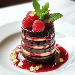 Für unseren Glamourösen Schokoladen-Himbeer-Turm brauchen wir: - 1 Tasse Zartbitterschokoladenstückchen - 1 Tasse Schlagsahne - 2 Esslöffel Puderzucker - 2 Tassen frische Himbeeren - 1 Teelöffel Vanilleextrakt - 1 Esslöffel Zitronensaft - Essbares Blattgold zur Dekoration (optional) - Minzblätter zur Garnierung Die Zartbitterschokoladenstückchen geben dem Dessert einen tiefen, reichen Geschmack. Sie schmelzen gut und sorgen für eine glatte Textur. Schlagsahne macht das Mousse luftig und leicht. Puderzucker süßt die Sahne, ohne die Textur zu beeinflussen. Frische Himbeeren bringen Säure und Frische ins Spiel. Vanilleextrakt gibt ein warmes Aroma, während Zitronensaft die Aromen aufhellt. Essbares Blattgold macht das Dessert besonders festlich und edel. Minzblätter runden das Bild ab und bringen Farbe. Wähle hochwertige Zartbitterschokolade. Sie sollte mindestens 60 % Kakao enthalten. Frische Himbeeren sind am besten, um den Geschmack zu maximieren. Achte darauf, dass sie fest und saftig sind. Verwende frische Schlagsahne, um die beste Konsistenz zu erreichen. Vermeide Sahne mit Zusatzstoffen. Wenn du Zitronensaft verwendest, greife zu frischen Zitronen für den besten Geschmack. Bei Blattgold, achte darauf, dass es essbar ist. So macht dein Dessert einen echten Wow-Effekt! Um das Schokoladenmousse perfekt zu machen, beginne mit 1/2 Tasse Schlagsahne. Erhitze sie in einem kleinen Topf. Warte, bis sie fast kocht. Nimm den Topf vom Herd. Jetzt füge die Zartbitterschokoladenstückchen hinzu. Lass die Mischung 2 Minuten ruhen. Rühre gut um, bis alles glatt ist. In einer neuen Schüssel schlag die restliche 1/2 Tasse Schlagsahne mit Puderzucker auf. Achte darauf, dass sich weiche Spitzen bilden. Hebe dann die geschlagene Sahne vorsichtig unter die Schokoladenmasse. Stelle die Mischung für mindestens 30 Minuten in den Kühlschrank. Für die Himbeersoße püriere 2 Tassen frische Himbeeren. Füge 1 Teelöffel Vanilleextrakt und 1 Esslöffel Zitronensaft hinzu. Mixe alles bis es ganz glatt ist. Wenn du magst, siebe die Mischung durch ein feines Sieb. So entfernst du die Samen. Diese Soße ist frisch und fruchtig. Sie passt perfekt zum Mousse. Jetzt kommt der spaßige Teil! Nimm einen runden Tortenring von 5 cm. Platziere ihn auf einem Servierteller. Beginne mit einer Schicht Schokoladenmousse. Träufle etwas Himbeersoße darüber. Füge dann einige frische Himbeeren hinzu. Wiederhole die Schichten, bis der Ring voll ist. Beende mit einer Schicht Mousse oben. Sobald du den Tortenring entfernst, sieht alles toll aus. Dekoriere die Oberseite mit Himbeersoße und frischen Himbeeren. Wenn du magst, füge essbares Blattgold hinzu. Garnieren mit Minzblättern macht das Dessert noch schöner. Mit dieser Schritt-für-Schritt-Anleitung kannst du den glamourösen Schokoladen-Himbeer-Turm ganz leicht selbst machen. Für das vollständige Rezept, schaue dir [Full Recipe] an. Um deinen Glamourösen Schokoladen-Himbeer-Turm richtig zu präsentieren, achte auf Details. Verwende einen eleganten Teller. Stelle den Turm in die Mitte des Tellers. Verteile die Himbeersoße kunstvoll um den Turm. Füge frische Himbeeren und essbares Blattgold hinzu. Diese kleinen Extras machen einen großen Unterschied und beeindrucken deine Gäste. Du kannst die Rezeptur leicht ändern. Möchtest du einen anderen Geschmack? Probiere Milchschokolade oder weiße Schokolade. Für eine fruchtige Note füge pürierte Erdbeeren oder Mangos hinzu. Du kannst auch die Himbeeren durch andere Beeren ersetzen. Das gibt deinem Dessert eine neue, frische Note. Für einen perfekten Abend kombiniere deinen Turm mit einem feinen Dessertwein. Ein süßer Moscato passt gut zu Schokolade und Himbeeren. Du kannst auch einen Espresso oder einen kräftigen Kaffee servieren. Diese Getränke heben die Aromen hervor und machen das Dessert noch besser. Wenn du weitere Speisen servierst, denke an leichte Häppchen wie Käse oder Nüsse. Diese Snacks ergänzen die Süße des Desserts. Für das vollständige Rezept, siehe den Abschnitt "Glamouröser Schokoladen-Himbeer-Turm". {{image_4}} Wenn du nach Alternativen zum Schokoladenmousse suchst, probiere eine Vanillecreme. Sie ist leicht und cremig. Eine weitere gute Wahl ist ein Zitronenmousse. Es bringt einen frischen, fruchtigen Geschmack. Du kannst auch ein Karamellmousse verwenden. Dieses hat eine süße, reichhaltige Note. Diese Variationen machen deinen Dessert-Turm einzigartig und spannend. Fruchtige Soßen sind ein toller Weg, um das Dessert aufzuwerten. Du kannst eine Erdbeersoße machen. Püriere frische Erdbeeren mit etwas Zucker. Eine Mangosoße passt auch gut. Mixe reife Mangos mit Limettensaft für einen tropischen Kick. Eine Himbeer- oder Blaubeersoße kann ebenfalls verwendet werden. Sie sind süß und geben Farbe. Diese Soßen sind einfach zu machen und lecker. Um deinen Dessert-Turm noch schöner zu machen, kannst du optionale Zutaten nutzen. Essbares Blattgold ist eine tolle Wahl für Glamour. Es verleiht deinem Dessert einen luxuriösen Look. Du kannst auch essbare Blumen verwenden. Sie bringen Farbe und Frische. Schokolade-Späne oder gehackte Nüsse sind weitere Optionen. Diese Zutaten sorgen für Textur und Geschmack. Mit diesen Ideen kannst du deinem Dessert eine persönliche Note geben. Der Glamouröse Schokoladen-Himbeer-Turm wird so zum echten Hingucker. Um den Glamourösen Schokoladen-Himbeer-Turm frisch zu halten, lagere ihn im Kühlschrank. Verwende eine luftdichte Box, um ihn vor Gerüchen zu schützen. Wenn du ihn noch nicht servierst, decke ihn mit Frischhaltefolie ab. So bleibt er schön. Das Dessert bleibt im Kühlschrank etwa 2 bis 3 Tage frisch. Nach dieser Zeit kann die Textur leicht leiden. Die Himbeersoße kann auch ihre Frische verlieren. Achte darauf, den Turm nicht zu lange stehen zu lassen, um den besten Geschmack zu genießen. Du kannst viele Schritte im Voraus machen. Das Schokoladenmousse lässt sich gut am Vortag zubereiten. So hat es genug Zeit, um fest zu werden. Die Himbeersoße kannst du ebenfalls frühzeitig zubereiten und im Kühlschrank aufbewahren. Achte darauf, dass alles gut gekühlt ist, wenn du es zusammenstellst. So sparst du Zeit und hast weniger Stress beim Servieren des Desserts. Die Zubereitung des Glamourösen Schokoladen-Himbeer-Turms dauert insgesamt etwa 1 Stunde. Die Vorbereitung des Schokoladenmousse beansprucht 30 Minuten. Danach muss das Mousse für mindestens 30 Minuten kühlen. Dies sorgt dafür, dass es die richtige Konsistenz hat. Ja, du kannst das Dessert vegan zubereiten. Ersetze die Zartbitterschokolade mit einer veganen Schokolade. Verwende auch Pflanzencreme anstelle von Schlagsahne. Achte darauf, dass der Puderzucker vegan ist. Mit diesen Änderungen bleibt der Geschmack gleich gut. Wenn frische Himbeeren nicht verfügbar sind, gibt es einige gute Alternativen. Du kannst gefrorene Himbeeren verwenden, die du vorher auftauen lässt. Auch Erdbeeren oder Blaubeeren sind tolle Optionen. Für eine andere Geschmacksrichtung probiere Mango oder Pfirsich. Diese Früchte passen gut zur Schokolade. Der Glamouröse Schokoladen-Himbeer-Turm ist einfach zu machen und sehr lecker. Wir haben die besten Zutaten besprochen, Schritt-für-Schritt-Anleitungen gegeben und nützliche Tipps geteilt. Variationen und Aufbewahrung wurden ebenfalls behandelt. Dieser Dessert-Turm ist perfekt für jeden Anlass. Mit diesen Informationen kannst du dein Gericht anpassen und kreativ gestalten. Probier es aus und beeindrucke deine Gäste mit diesem tollen Dessert!
