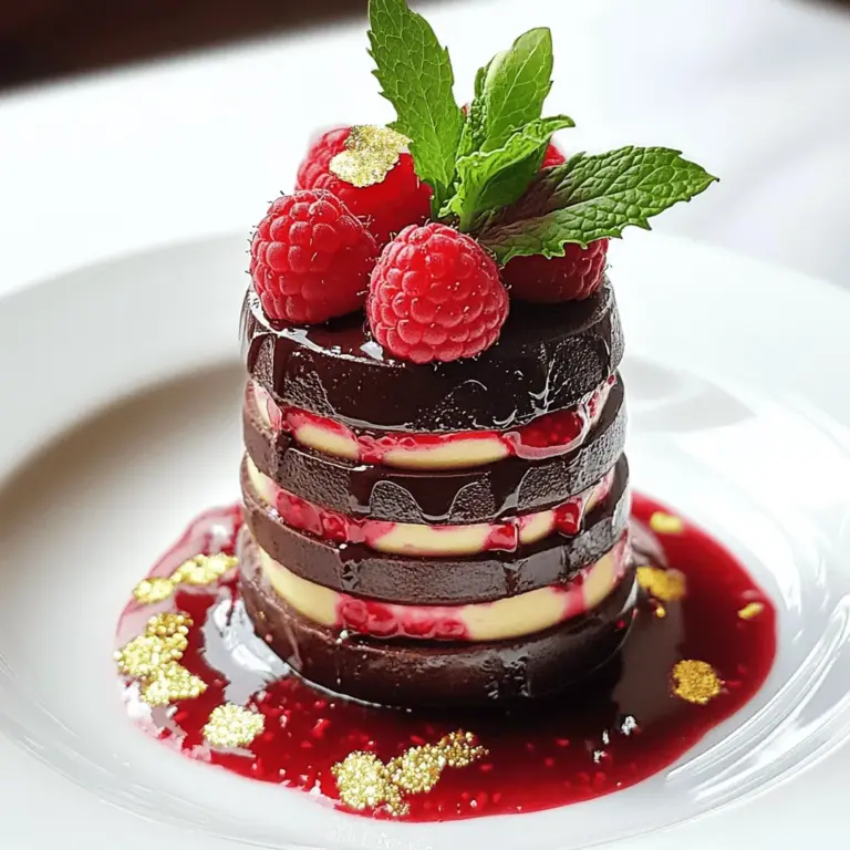 Für unseren Glamourösen Schokoladen-Himbeer-Turm brauchen wir: - 1 Tasse Zartbitterschokoladenstückchen - 1 Tasse Schlagsahne - 2 Esslöffel Puderzucker - 2 Tassen frische Himbeeren - 1 Teelöffel Vanilleextrakt - 1 Esslöffel Zitronensaft - Essbares Blattgold zur Dekoration (optional) - Minzblätter zur Garnierung Die Zartbitterschokoladenstückchen geben dem Dessert einen tiefen, reichen Geschmack. Sie schmelzen gut und sorgen für eine glatte Textur. Schlagsahne macht das Mousse luftig und leicht. Puderzucker süßt die Sahne, ohne die Textur zu beeinflussen. Frische Himbeeren bringen Säure und Frische ins Spiel. Vanilleextrakt gibt ein warmes Aroma, während Zitronensaft die Aromen aufhellt. Essbares Blattgold macht das Dessert besonders festlich und edel. Minzblätter runden das Bild ab und bringen Farbe. Wähle hochwertige Zartbitterschokolade. Sie sollte mindestens 60 % Kakao enthalten. Frische Himbeeren sind am besten, um den Geschmack zu maximieren. Achte darauf, dass sie fest und saftig sind. Verwende frische Schlagsahne, um die beste Konsistenz zu erreichen. Vermeide Sahne mit Zusatzstoffen. Wenn du Zitronensaft verwendest, greife zu frischen Zitronen für den besten Geschmack. Bei Blattgold, achte darauf, dass es essbar ist. So macht dein Dessert einen echten Wow-Effekt! Um das Schokoladenmousse perfekt zu machen, beginne mit 1/2 Tasse Schlagsahne. Erhitze sie in einem kleinen Topf. Warte, bis sie fast kocht. Nimm den Topf vom Herd. Jetzt füge die Zartbitterschokoladenstückchen hinzu. Lass die Mischung 2 Minuten ruhen. Rühre gut um, bis alles glatt ist. In einer neuen Schüssel schlag die restliche 1/2 Tasse Schlagsahne mit Puderzucker auf. Achte darauf, dass sich weiche Spitzen bilden. Hebe dann die geschlagene Sahne vorsichtig unter die Schokoladenmasse. Stelle die Mischung für mindestens 30 Minuten in den Kühlschrank. Für die Himbeersoße püriere 2 Tassen frische Himbeeren. Füge 1 Teelöffel Vanilleextrakt und 1 Esslöffel Zitronensaft hinzu. Mixe alles bis es ganz glatt ist. Wenn du magst, siebe die Mischung durch ein feines Sieb. So entfernst du die Samen. Diese Soße ist frisch und fruchtig. Sie passt perfekt zum Mousse. Jetzt kommt der spaßige Teil! Nimm einen runden Tortenring von 5 cm. Platziere ihn auf einem Servierteller. Beginne mit einer Schicht Schokoladenmousse. Träufle etwas Himbeersoße darüber. Füge dann einige frische Himbeeren hinzu. Wiederhole die Schichten, bis der Ring voll ist. Beende mit einer Schicht Mousse oben. Sobald du den Tortenring entfernst, sieht alles toll aus. Dekoriere die Oberseite mit Himbeersoße und frischen Himbeeren. Wenn du magst, füge essbares Blattgold hinzu. Garnieren mit Minzblättern macht das Dessert noch schöner. Mit dieser Schritt-für-Schritt-Anleitung kannst du den glamourösen Schokoladen-Himbeer-Turm ganz leicht selbst machen. Für das vollständige Rezept, schaue dir [Full Recipe] an. Um deinen Glamourösen Schokoladen-Himbeer-Turm richtig zu präsentieren, achte auf Details. Verwende einen eleganten Teller. Stelle den Turm in die Mitte des Tellers. Verteile die Himbeersoße kunstvoll um den Turm. Füge frische Himbeeren und essbares Blattgold hinzu. Diese kleinen Extras machen einen großen Unterschied und beeindrucken deine Gäste. Du kannst die Rezeptur leicht ändern. Möchtest du einen anderen Geschmack? Probiere Milchschokolade oder weiße Schokolade. Für eine fruchtige Note füge pürierte Erdbeeren oder Mangos hinzu. Du kannst auch die Himbeeren durch andere Beeren ersetzen. Das gibt deinem Dessert eine neue, frische Note. Für einen perfekten Abend kombiniere deinen Turm mit einem feinen Dessertwein. Ein süßer Moscato passt gut zu Schokolade und Himbeeren. Du kannst auch einen Espresso oder einen kräftigen Kaffee servieren. Diese Getränke heben die Aromen hervor und machen das Dessert noch besser. Wenn du weitere Speisen servierst, denke an leichte Häppchen wie Käse oder Nüsse. Diese Snacks ergänzen die Süße des Desserts. Für das vollständige Rezept, siehe den Abschnitt "Glamouröser Schokoladen-Himbeer-Turm". {{image_4}} Wenn du nach Alternativen zum Schokoladenmousse suchst, probiere eine Vanillecreme. Sie ist leicht und cremig. Eine weitere gute Wahl ist ein Zitronenmousse. Es bringt einen frischen, fruchtigen Geschmack. Du kannst auch ein Karamellmousse verwenden. Dieses hat eine süße, reichhaltige Note. Diese Variationen machen deinen Dessert-Turm einzigartig und spannend. Fruchtige Soßen sind ein toller Weg, um das Dessert aufzuwerten. Du kannst eine Erdbeersoße machen. Püriere frische Erdbeeren mit etwas Zucker. Eine Mangosoße passt auch gut. Mixe reife Mangos mit Limettensaft für einen tropischen Kick. Eine Himbeer- oder Blaubeersoße kann ebenfalls verwendet werden. Sie sind süß und geben Farbe. Diese Soßen sind einfach zu machen und lecker. Um deinen Dessert-Turm noch schöner zu machen, kannst du optionale Zutaten nutzen. Essbares Blattgold ist eine tolle Wahl für Glamour. Es verleiht deinem Dessert einen luxuriösen Look. Du kannst auch essbare Blumen verwenden. Sie bringen Farbe und Frische. Schokolade-Späne oder gehackte Nüsse sind weitere Optionen. Diese Zutaten sorgen für Textur und Geschmack. Mit diesen Ideen kannst du deinem Dessert eine persönliche Note geben. Der Glamouröse Schokoladen-Himbeer-Turm wird so zum echten Hingucker. Um den Glamourösen Schokoladen-Himbeer-Turm frisch zu halten, lagere ihn im Kühlschrank. Verwende eine luftdichte Box, um ihn vor Gerüchen zu schützen. Wenn du ihn noch nicht servierst, decke ihn mit Frischhaltefolie ab. So bleibt er schön. Das Dessert bleibt im Kühlschrank etwa 2 bis 3 Tage frisch. Nach dieser Zeit kann die Textur leicht leiden. Die Himbeersoße kann auch ihre Frische verlieren. Achte darauf, den Turm nicht zu lange stehen zu lassen, um den besten Geschmack zu genießen. Du kannst viele Schritte im Voraus machen. Das Schokoladenmousse lässt sich gut am Vortag zubereiten. So hat es genug Zeit, um fest zu werden. Die Himbeersoße kannst du ebenfalls frühzeitig zubereiten und im Kühlschrank aufbewahren. Achte darauf, dass alles gut gekühlt ist, wenn du es zusammenstellst. So sparst du Zeit und hast weniger Stress beim Servieren des Desserts. Die Zubereitung des Glamourösen Schokoladen-Himbeer-Turms dauert insgesamt etwa 1 Stunde. Die Vorbereitung des Schokoladenmousse beansprucht 30 Minuten. Danach muss das Mousse für mindestens 30 Minuten kühlen. Dies sorgt dafür, dass es die richtige Konsistenz hat. Ja, du kannst das Dessert vegan zubereiten. Ersetze die Zartbitterschokolade mit einer veganen Schokolade. Verwende auch Pflanzencreme anstelle von Schlagsahne. Achte darauf, dass der Puderzucker vegan ist. Mit diesen Änderungen bleibt der Geschmack gleich gut. Wenn frische Himbeeren nicht verfügbar sind, gibt es einige gute Alternativen. Du kannst gefrorene Himbeeren verwenden, die du vorher auftauen lässt. Auch Erdbeeren oder Blaubeeren sind tolle Optionen. Für eine andere Geschmacksrichtung probiere Mango oder Pfirsich. Diese Früchte passen gut zur Schokolade. Der Glamouröse Schokoladen-Himbeer-Turm ist einfach zu machen und sehr lecker. Wir haben die besten Zutaten besprochen, Schritt-für-Schritt-Anleitungen gegeben und nützliche Tipps geteilt. Variationen und Aufbewahrung wurden ebenfalls behandelt. Dieser Dessert-Turm ist perfekt für jeden Anlass. Mit diesen Informationen kannst du dein Gericht anpassen und kreativ gestalten. Probier es aus und beeindrucke deine Gäste mit diesem tollen Dessert!