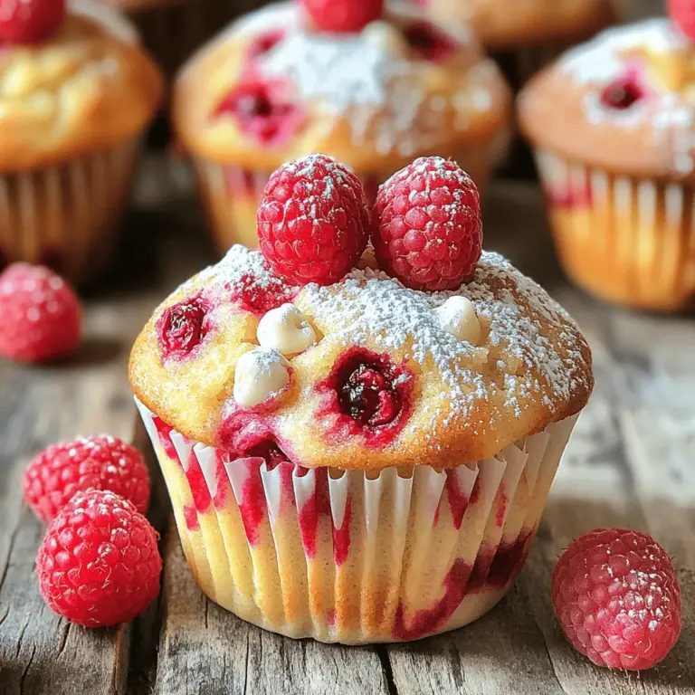 Für die Himbeer-Muffins mit weißer Schokolade benötigen wir einige Hauptzutaten. Diese Zutaten machen den Muffin lecker und saftig. Die wichtigsten Zutaten sind: - 1 Tasse frische Himbeeren - 1/2 Tasse weiße Schokoladenstückchen - 1 1/2 Tassen Weizenmehl - 1/2 Tasse Zucker - 1/2 Teelöffel Backpulver - 1/2 Teelöffel Natron - 1/4 Teelöffel Salz - 1/2 Tasse ungesalzene Butter, geschmolzen - 1/2 Tasse griechischer Joghurt - 2 große Eier - 1 Teelöffel Vanilleextrakt - Zeste von 1 Zitrone Einige Zutaten sind besonders wichtig für Geschmack und Textur. Die frischen Himbeeren geben fruchtige Süße und Feuchtigkeit. Die weiße Schokolade fügt Cremigkeit und einen süßen Kontrast hinzu. Der griechische Joghurt sorgt für Feuchtigkeit und macht die Muffins schön fluffig. Die Zitrone bringt einen frischen Kick und hebt die Aromen hervor. Die Butter sorgt für Reichtum und Geschmack, während das Backpulver und Natron die Muffins auflockern. Die genauen Maße sind wichtig für den Erfolg des Rezepts. Hier sind die Mengenangaben für das Rezept: - 1 Tasse = 240 ml - 1/2 Tasse = 120 ml - 1 1/2 Tassen = 360 ml - 1/2 Teelöffel = 2,5 ml - 1 Teelöffel = 5 ml Für das beste Ergebnis ist es wichtig, die Zutaten genau abzuwiegen. Das hilft beim Backen und sorgt für gleichmäßige Muffins. Für die vollständige Anleitung und alle Schritte, schau dir das Full Recipe an. Bevor du mit dem Backen beginnst, richte alles gut ein. Du brauchst ein Muffinblech und Papierförmchen oder Kochspray. Heize deinen Ofen auf 190°C vor. So sind die Muffins perfekt gebacken. 1. In einer mittleren Schüssel mische das Weizenmehl, den Zucker, das Backpulver, das Natron und das Salz. Achte darauf, dass alles gut vermengt ist. 2. In einer großen Schüssel rührst du die geschmolzene Butter, den griechischen Joghurt, die Eier, die Zitronen-Zeste und den Vanilleextrakt zusammen. Mische es gut, bis die Masse gleichmäßig aussieht. 3. Füge langsam die trockenen Zutaten zu den nassen Zutaten hinzu. Rühre vorsichtig, bis alles gerade so vermischt ist. Vermeide es, zu stark zu rühren. 4. Jetzt kommen die Himbeeren und die weißen Schokoladenstückchen dazu. Hebe sie vorsichtig unter den Teig. Achte darauf, dass die Himbeeren ganz bleiben. 5. Verteile den Teig gleichmäßig auf die Muffinförmchen. Fülle jedes Förmchen etwa zu 2/3. 6. Backe die Muffins 18-20 Minuten lang. Sie sind fertig, wenn die Oberseite goldbraun ist. Ein Zahnstocher sollte sauber herauskommen. 7. Lass die Muffins 5 Minuten in der Form abkühlen. Danach lege sie auf ein Kuchengitter, um vollständig auszukühlen. - Achte darauf, alle Zutaten vorher abzuwiegen. So bekommst du gleichmäßige Ergebnisse. - Verwende frische Himbeeren für den besten Geschmack. Sie sind saftiger und aromatischer. - Wenn du magst, kannst du die Muffins mit Puderzucker bestäuben. Das sieht schön aus und schmeckt toll. - Serviere sie warm, um das Aroma der weißen Schokolade zu genießen. Für eine vollständige Anleitung und weitere Details, siehe den [Full Recipe]. Um Ihre Himbeer-Muffins mit weißer Schokolade zu variieren, können Sie verschiedene Zutaten nutzen. Fügen Sie zum Beispiel andere Früchte hinzu. Heidelbeeren oder Erdbeeren passen gut. Sie können auch Nüsse wie Mandeln oder Walnüsse einrühren. Für einen besonderen Twist probieren Sie aromatische Gewürze wie Zimt oder Muskatnuss. Diese Zutaten geben den Muffins einen neuen Geschmack. Ein häufiger Fehler ist, den Teig zu stark zu rühren. Das führt zu zähen Muffins. Rühren Sie nur so lange, bis die Zutaten vermischt sind. Ein weiterer Fehler ist, die Muffins zu lange zu backen. Überprüfen Sie nach 18 Minuten, ob sie fertig sind. Stechen Sie mit einem Zahnstocher hinein. Wenn er sauber herauskommt, sind sie bereit. Auch das Einfüllen des Teigs ist wichtig. Füllen Sie die Förmchen nur zu zwei Dritteln, damit die Muffins genug Platz zum Aufgehen haben. Die richtige Konsistenz des Muffinteigs ist entscheidend. Der Teig sollte leicht klumpig sein, nicht glatt. Verwenden Sie frische Zutaten, besonders die Himbeeren. Wenn Sie gefrorene Himbeeren verwenden, tauen Sie sie vorher auf. Mischen Sie die Himbeeren und Schokoladenstückchen vorsichtig unter den Teig. Dadurch bleiben sie ganz und verleihen den Muffins eine schöne Textur. Für ein besonders luftiges Ergebnis können Sie die Eier vorher aufschlagen und leicht schaumig schlagen. {{image_4}} Wenn Sie Abwechslung mögen, probieren Sie andere Früchte. Äpfel bringen Süße und Saftigkeit. Bananen können die Muffins schön feucht machen. Erdbeeren sind ebenfalls eine tolle Wahl. Sie geben einen fruchtigen Geschmack und schöne Farbe. Auch Heidelbeeren sind lecker und passen gut zu weißer Schokolade. Experimentieren Sie mit verschiedenen Obstsorten. Jeder Biss wird etwas Neues bieten. Weißer Schokolade ist eine wunderbare Wahl, aber Sie können variieren. Zartbittere Schokolade gibt den Muffins eine herbe Note. Vollmilchschokolade fügt eine süße Tiefe hinzu. Für einen besonderen Kick, probieren Sie Schokoladenstückchen mit Nüssen. Schokoladenstückchen können auch in verschiedenen Formen kommen, wie Tropfen oder Riegel. Wählen Sie, was Ihnen am besten schmeckt. Es wird immer köstlich sein. Wenn Sie glutenfrei backen möchten, ersetzen Sie Weizenmehl durch Mandel- oder Reismehl. Diese Mehle geben eine andere Textur, aber die Muffins bleiben lecker. Für vegane Muffins lassen Sie die Eier weg. Ersetzen Sie sie durch Apfelmus oder Leinsamen. Verwenden Sie pflanzliche Butter und Joghurt. So können alle genießen. Jeder Biss wird immer noch frisch und köstlich sein. Es gibt viele Möglichkeiten, kreativ zu werden! Für die vollständige Zubereitung schauen Sie sich das [Full Recipe] an. Um die Frische deiner Himbeer-Muffins mit weißer Schokolade zu bewahren, lege sie in einen luftdichten Behälter. So bleiben sie weich und lecker. Du kannst auch ein Stück Brot hinzufügen. Das Brot hält die Muffins länger frisch. Stelle den Behälter an einen kühlen, trockenen Ort. Vermeide die Nähe von Wärmequellen oder Sonnenlicht. Wenn du viele Muffins hast, kannst du sie einfrieren. Lasse die Muffins zuerst vollständig abkühlen. Wickele jeden Muffin einzeln in Frischhaltefolie. Lege sie dann in einen Gefrierbeutel. So bleiben sie bis zu drei Monate frisch. Zum Auftauen nimm die Muffins aus dem Gefrierfach. Lass sie bei Raumtemperatur stehen oder erwärme sie kurz in der Mikrowelle. Himbeer-Muffins halten sich bei richtiger Lagerung etwa 3 bis 4 Tage bei Raumtemperatur. Wenn du sie im Kühlschrank aufbewahrst, können sie bis zu einer Woche frisch bleiben. Achte darauf, sie gut abzudecken, um das Austrocknen zu vermeiden. Wenn du die Muffins gefroren hast, genieße sie innerhalb von drei Monaten für den besten Geschmack. Um die Muffins fluffig zu machen, nutzen Sie frische Zutaten. Verwenden Sie Raumtemperatur-Eier und Joghurt. Mischen Sie die trockenen und nassen Zutaten nur kurz. Überarbeiten Sie den Teig nicht. Lassen Sie etwas Luft im Teig, das macht ihn leicht. Eine Prise Backpulver hilft auch, die Muffins aufzulockern. Ja, Sie können gefrorene Himbeeren verwenden. Achten Sie darauf, sie vorher leicht aufzutauen. Tupfen Sie die Himbeeren mit einem Küchentuch trocken. So verhindern Sie, dass der Teig zu feucht wird. Die gefrorenen Himbeeren geben den Muffins eine schöne Farbe und Geschmack. Die Muffins halten sich bis zu drei Tage bei Raumtemperatur. Bewahren Sie sie in einem luftdichten Behälter auf. Für längere Haltbarkeit können Sie die Muffins einfrieren. So bleiben sie bis zu drei Monate frisch. Lassen Sie sie einfach bei Raumtemperatur auftauen. Genießen Sie die Muffins frisch aus dem Ofen oder nach dem Aufwärmen. Diese Blogpost bietet eine einfache Anleitung für Himbeer-Muffins mit weißer Schokolade. Wir haben die Haupt- und besonderen Zutaten besprochen. Zudem gab es Tipps für perfekte Ergebnisse beim Backen. Variationen und Lagerung wurden erklärt. Nehmt euch die Zeit, die Schritte zu befolgen. Mit ein wenig Übung werdet ihr die besten Muffins backen. Guten Appetit!