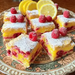 Für die Himbeer-Zitronen-Bars brauchen wir einige einfache Zutaten: - 1 Tasse Weizenmehl - 1/2 Tasse Puderzucker - 1/4 Teelöffel Salz - 1/2 Tasse ungesalzene Butter, geschmolzen - 2 große Eier - 1 Tasse Kristallzucker - 1/4 Tasse frischer Zitronensaft (ca. 2 Zitronen) - Schale von 1 Zitrone (abgerieben) - 1 Tasse frische Himbeeren (oder aufgetaute gefrorene Himbeeren) - 1 Teelöffel Backpulver - 1/2 Teelöffel Vanilleextrakt - Zusätzlicher Puderzucker zum Bestäuben Diese Zutaten sorgen für einen frischen und fruchtigen Geschmack. Die Kombination aus Himbeeren und Zitrone gibt den Bars eine tolle Balance aus süß und sauer. Wenn du einige Zutaten nicht hast, gibt es Alternativen. Du kannst anstelle von Weizenmehl auch Mandelmehl verwenden. Das macht die Bars glutenfrei. Für die Himbeeren kannst du andere Beeren nutzen, wie Erdbeeren oder Blaubeeren. Wenn du keinen Puderzucker hast, kannst du normalen Zucker fein mahlen. Die Butter macht die Kruste schön zart. Der Zitronensaft gibt den Bars Frische. Die Zitronenschale bringt noch mehr Aroma. Die Eier sorgen für die Bindung der Füllung. Die Himbeeren fügen nicht nur Geschmack hinzu, sondern machen die Bars auch bunt. Das Backpulver sorgt dafür, dass die Füllung leicht aufgeht und fluffig bleibt. Für das ganze Rezept kannst du die [Full Recipe] ansehen. Heizen Sie den Ofen auf 175°C vor. Bereiten Sie eine 20x20 cm große Backform vor. Fetten Sie die Form ein oder legen Sie sie mit Backpapier aus. So lassen sich die Bars später leichter herausnehmen. In einer mittelgroßen Schüssel vermengen Sie Weizenmehl, Puderzucker und Salz. Gießen Sie die geschmolzene Butter dazu. Rühren Sie, bis die Mischung krümelig ist. Drücken Sie die Mischung gleichmäßig auf den Boden der Form. Backen Sie die Kruste für 15 Minuten, bis sie leicht goldbraun ist. In einer großen Schüssel rühren Sie die Eier und den Kristallzucker gut zusammen. Fügen Sie den frischen Zitronensaft, die Zitronenschale und den Vanilleextrakt hinzu. Mischen Sie alles gut. Fügen Sie dann vorsichtig die Himbeeren und das Backpulver hinzu. Seien Sie behutsam, damit die Himbeeren nicht zerdrückt werden. Gießen Sie die Mischung gleichmäßig über die vorgebackene Kruste. Backen Sie die Bars weitere 20-25 Minuten. Die Ränder sollten fest sein und die Mitte leicht wackeln. Ein Zahnstocher sollte sauber herauskommen oder nur wenige feuchte Krümel haben. Einige Fehler können das Ergebnis ruinieren. Ein häufiger Fehler ist, die Kruste zu lange zu backen. Sie sollte nur leicht goldbraun sein. Wenn die Kruste zu fest wird, wird das ganze Dessert trocken. Ein weiterer Fehler ist, die Himbeeren zu zerdrücken. Seien Sie vorsichtig, wenn Sie die Beeren unterheben. Zu starkes Rühren kann die Füllung matschig machen. Achten Sie darauf, die Bars gut abkühlen zu lassen. Wenn Sie sie zu früh schneiden, zerfallen sie leicht. Die Konsistenz ist der Schlüssel zu perfekten Himbeer-Zitronen-Bars. Verwenden Sie frische Zitronen für den besten Geschmack. Die Mischung aus Eiern und Zucker sollte schaumig sein, bevor Sie die anderen Zutaten hinzufügen. Der Zitronensaft und die Schale geben den Bars den frischen Kick. Fügen Sie das Backpulver erst kurz vor dem Backen hinzu. So bleibt die Füllung schön luftig. Wenn die Bars nach dem Backen wackeln, ist das normal. Sie festigen sich beim Abkühlen im Kühlschrank. Die Präsentation macht viel aus. Arrangieren Sie die Bars auf einem schönen Teller. Bestäuben Sie die Oberseite mit Puderzucker. Das sieht toll aus und schmeckt gut. Garnieren Sie die Bars mit frischen Himbeeren und Zitronenscheiben. Dies bringt Farbe auf den Teller. Ein kleiner Minzblatt kann auch gut dazu passen. So wirken Ihre Himbeer-Zitronen-Bars noch einladender. Für die besten Ergebnisse, verwenden Sie das Full Recipe. {{image_4}} Um vegane Himbeer-Zitronen-Bars zu machen, ersetzen Sie die Eier durch Apfelmus. Verwenden Sie etwa 1/4 Tasse Apfelmus für jedes Ei. Statt Butter können Sie Kokosöl oder pflanzliche Margarine verwenden. Das gibt der Kruste eine tolle Textur. Schmecken Sie die Füllung mit etwas mehr Zitronensaft ab. Das sorgt für mehr Frische. Für glutenfreie Himbeer-Zitronen-Bars nehmen Sie einfach glutenfreies Mehl. Achten Sie darauf, dass das Mehl eine gute Bindung hat. Eine Mischung aus Reismehl und Kartoffelstärke funktioniert bestens. Die Bars bleiben so schön saftig und lecker. Fügen Sie verschiedene Früchte hinzu, um neue Geschmäcker zu entdecken. Probieren Sie Heidelbeeren oder Erdbeeren. Ein Hauch von Ingwer oder Minze kann auch einen tollen Twist geben. Für einen exotischen Touch können Sie auch etwas Kokosnuss hinzufügen. So wird jede Variante einzigartig und spannend. Für das vollständige Rezept schauen Sie sich die Full Recipe an. Bewahren Sie Ihre Himbeer-Zitronen-Bars in einem luftdichten Behälter auf. Dies schützt sie vor Austrocknung und bewahrt den frischen Geschmack. Legen Sie ein Blatt Backpapier zwischen die Schichten, damit sie nicht kleben bleiben. Im Kühlschrank halten die Bars bis zu einer Woche. Stellen Sie sicher, dass der Behälter gut verschlossen ist. So bleiben die Bars kühl und lecker. Nach ein paar Tagen können die Aromen intensiver werden. Einfrieren ist eine tolle Option für lange Haltbarkeit. Schneiden Sie die Bars in Stücke und legen Sie sie in einen Gefrierbeutel. Entfernen Sie so viel Luft wie möglich. Sie können die Bars bis zu drei Monate einfrieren. Zum Auftauen einfach über Nacht in den Kühlschrank legen. Für das beste Ergebnis, genießen Sie die Bars frisch! Für das genaue Rezept schauen Sie in die [Full Recipe]. Die Himbeer-Zitronen-Bars halten sich gut im Kühlschrank. Sie bleiben frisch für etwa fünf bis sieben Tage. Achte darauf, sie in einem luftdichten Behälter aufzubewahren. So bleiben sie saftig und lecker. Ja, du kannst gefrorene Himbeeren verwenden. Achte darauf, sie vorher leicht aufzutauen. Tupfe sie mit einem Küchentuch trocken, damit die Füllung nicht zu wässrig wird. Gefrorene Beeren sind eine tolle Option, wenn frische nicht verfügbar sind. Um die Bars weniger süß zu machen, reduziere den Kristallzucker. Du kannst auch weniger Puderzucker für das Bestäuben verwenden. Eine Prise Salz kann die Süße ausbalancieren und den Geschmack verbessern. Experimentiere ruhig mit der Zuckermenge, um deinen idealen Geschmack zu finden. Die Himbeer-Zitronen-Bars sind einfach zu machen und lecker. Wir haben die Hauptzutaten sowie Alternativen besprochen, um verschiedene Geschmäcker zu treffen. Die Schritt-für-Schritt-Anleitung hilft Ihnen, Fehler zu vermeiden und die perfekte Konsistenz zu erreichen. Denken Sie daran, die Bars kühl aufzubewahren oder einzufrieren, damit sie frisch bleiben. Machen Sie Ihre eigenen Varianten für noch mehr Genuss! Experimentieren Sie mit den Tipps und Tricks aus dem Artikel. Viel Spaß beim Backen!