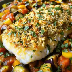 Für dieses Rezept brauchst du frischen Kabeljau. Ich empfehle, vier Filets zu verwenden, etwa 170 g jedes. Diese Portion ist perfekt für ein Abendessen. Die Filets sind zart und lecker. Die Ratatouille ist bunt und gesund. Du benötigst: - 1 mittelgroße Aubergine, gewürfelt - 1 Zucchini, gewürfelt - 1 Paprika (rot oder gelb), gewürfelt - 1 Zwiebel, gewürfelt - 2 Knoblauchzehen, gehackt - 1 Dose (400 g) gewürfelte Tomaten (ohne Salz) Diese Zutaten sorgen für viel Geschmack und Farbe auf deinem Teller. Die Gewürze sind der Schlüssel zum guten Geschmack. Du brauchst: - 2 Esslöffel frische Petersilie, gehackt - 2 Esslöffel frisches Basilikum, gehackt - 1 Teelöffel Knoblauchpulver - 1 Teelöffel getrockneter Thymian - 1 Teelöffel getrockneter Oregano - Eine Prise rote Pfefferflocken (optional) - Salz und Pfeffer nach Geschmack Diese Gewürze und Kräuter bringen die Aromen zusammen. Wenn du mehr über die Zubereitung erfahren möchtest, sieh dir das [Full Recipe] an. Heize deinen Ofen auf 200°C vor. Dies sorgt dafür, dass der Kabeljau gleichmäßig gar wird. Ein vorgeheizter Ofen hilft auch, die Kruste knusprig zu machen. 1. Nimm eine große Pfanne und erhitze 2 Esslöffel Olivenöl bei mittlerer Hitze. 2. Füge die gewürfelte Zwiebel hinzu und brate sie an, bis sie glasig ist. Das dauert etwa 3-4 Minuten. 3. Gib die gewürfelte Aubergine, Zucchini und Paprika in die Pfanne. Koche das Gemüse für 5-7 Minuten und rühre gelegentlich um. 4. Füge den gehackten Knoblauch, die gewürfelten Tomaten, Thymian, Oregano und rote Pfefferflocken hinzu. Rühre alles gut um und würze mit Salz und Pfeffer. 5. Lass die Mischung 10-15 Minuten köcheln, bis das Gemüse zart ist. 1. Während die Ratatouille kocht, mische in einer Schüssel die Semmelbrösel, den geriebenen Parmesan, Petersilie, Basilikum, und Knoblauchpulver. Würze die Mischung mit Salz und Pfeffer. 2. Lege die Kabeljau-Filets auf ein Backblech mit Backpapier. 3. Beträufle jedes Filet mit etwas Olivenöl. Drücke die Semmelbröselmischung gleichmäßig auf jedes Filet. 4. Backe die Filets im vorgeheizten Ofen für 12-15 Minuten. Der Fisch sollte leicht auseinanderfallen und die Kruste goldbraun sein. Jetzt hast du eine köstliche Kombination aus Kabeljau und Ratatouille. Du kannst das vollständige Rezept [hier](#) finden. Um die beste Kruste für den Kabeljau zu bekommen, mische die Semmelbrösel gut. Verwende frische Kräuter wie Basilikum und Petersilie. Diese geben Geschmack und Farbe. Drücke die Mischung fest auf den Fisch, damit sie nicht abfällt. Ein wenig Olivenöl hilft dabei, die Kruste goldbraun zu machen. Backe den Kabeljau bei 200°C für 12-15 Minuten. Achte darauf, dass er leicht mit einer Gabel zerfällt. Ratatouille kann viele Formen annehmen. Du kannst verschiedene Gemüsesorten verwenden. Probiere zum Beispiel Kürbis oder grüne Bohnen. Auch Zucchini gibt es in verschiedenen Farben. Für mehr Geschmack füge frische Kräuter wie Rosmarin oder Estragon hinzu. Ein Spritzer Zitronensaft macht das Gemüse frisch und lebendig. Wer es schärfer mag, kann rote Pfefferflocken hinzufügen. Serviere den Kabeljau direkt auf der Ratatouille. Das Gemüse wird so schön gewürzt. Dekoriere mit frischen Kräutern, um das Gericht lebendig zu machen. Ein Stück Zitrone dazu gibt einen schönen Kontrast. Du kannst auch ein Stück Baguette servieren, um die Säfte aufzutunken. Für eine festliche Note kannst du das Gericht in einer großen Servierschüssel anrichten. So können sich alle bedienen. Vergiss nicht, das [Full Recipe] für die genauen Mengen zu beachten. {{image_4}} Kabeljau ist ein toller Fisch, aber du kannst auch andere Sorten verwenden. Zum Beispiel ist Seelachs eine gute Wahl. Er hat einen milden Geschmack und eine feste Textur. Auch Heilbutt passt gut zu Ratatouille. Dieser Fisch ist zart und leicht süßlich. Du kannst auch Lachs probieren, wenn du etwas Reichhaltigeres möchtest. Achte darauf, die Garzeit anzupassen, je nach Fischsorte. Wenn du eine vegane Option möchtest, kannst du die Ratatouille einfach anpassen. Statt Käse kannst du Nuss-Pesto verwenden, um einen cremigen Geschmack zu bekommen. Du kannst auch Tofu oder Tempeh für mehr Protein hinzufügen. Achte darauf, das Gemüse gut zu würzen, damit es viel Geschmack hat. Vegane Versionen sind genauso lecker und gesund. Zu Kabeljau mit Ratatouille passen viele Beilagen. Reis ist immer eine gute Wahl. Auch Quinoa ist nahrhaft und gibt etwas Biss. Kartoffelpüree passt perfekt, wenn du es cremig magst. Ein frischer Salat rundet das Gericht ab. Denk daran, dass die Beilagen einfach sein sollten, um den Geschmack des Fisches und der Ratatouille nicht zu überdecken. Bewahre die Reste in einem luftdichten Behälter auf. So bleibt der Kabeljau frisch. Die Ratatouille sollte ebenfalls gut verpackt werden. Ich empfehle, beide Komponenten getrennt zu lagern. So bleibt die Textur des Fisches und das Aroma des Gemüses erhalten. Du kannst die Reste innerhalb von zwei Tagen genießen. Um den Kabeljau wieder aufzuwärmen, nutze den Ofen. Heize ihn auf 180°C vor. Lege den Kabeljau auf ein Backblech. Erwärme ihn für etwa 10 Minuten. So bleibt die Kruste knusprig. Die Ratatouille kannst du in einem Topf bei niedriger Hitze erwärmen. Rühre regelmäßig um, damit sie nicht anbrennt. Im Kühlschrank bleibt der Kabeljau bis zu zwei Tage frisch. Die Ratatouille hält sich etwas länger, bis zu drei Tage. Achte darauf, die Reste gut zu verpacken. So schützt du sie vor Gerüchen von anderen Lebensmitteln. Wenn du länger aufbewahren möchtest, friere die Ratatouille ein. Der Kabeljau eignet sich weniger gut zum Einfrieren, da er an Qualität verlieren kann. Verwende die Informationen aus dem [Full Recipe], um die besten Ergebnisse zu erzielen. Kabeljau braucht etwa 12 bis 15 Minuten im Ofen. Der Fisch ist fertig, wenn er leicht mit einer Gabel auseinanderfällt. Achte darauf, dass die Kruste goldbraun und knusprig ist. Diese Backzeit gilt bei 200°C. Ja, du kannst die Ratatouille im Voraus machen. Sie schmeckt sogar besser, wenn sie einige Stunden oder einen Tag im Kühlschrank steht. Das Gemüse kann die Aromen gut aufnehmen. Erhitze die Ratatouille einfach vor dem Servieren. Frischer Kabeljau hat einen besseren Geschmack und eine bessere Textur. Wenn du frischen Fisch findest, greif zu! Gefrorener Kabeljau ist jedoch auch eine gute Wahl, wenn du keinen frischen bekommst. Achte darauf, dass der gefrorene Fisch von guter Qualität ist. Für das vollständige Rezept, schau dir das Rezept für Kräuter-Crusted Kabeljau mit Farbiger Ratatouille an. Um Kabeljau mit Ratatouille zuzubereiten, brauchst du einige frische Zutaten. Hier sind die wichtigsten: - 4 Kabeljau-Filets (ca. 170 g jedes) - 1 Tasse Semmelbrösel - 1/4 Tasse geriebener Parmesan - 2 Esslöffel frische Petersilie, gehackt - 2 Esslöffel frisches Basilikum, gehackt - 1 Teelöffel Knoblauchpulver - Salz und Pfeffer nach Geschmack - 2 Esslöffel Olivenöl (für den Kabeljau) - 1 mittelgroße Aubergine, gewürfelt - 1 Zucchini, gewürfelt - 1 Paprika (rot oder gelb), gewürfelt - 1 Zwiebel, gewürfelt - 2 Knoblauchzehen, gehackt - 1 Dose (400 g) gewürfelte Tomaten (ohne Salz) - 1 Teelöffel getrockneter Thymian - 1 Teelöffel getrockneter Oregano - Eine Prise rote Pfefferflocken (optional) Um den Kabeljau vorzubereiten, heize den Ofen auf 200°C vor. Während du das Gemüse für die Ratatouille machst, kannst du den Kabeljau vorbereiten. Er wird mit einer knusprigen Kräuterkruste überzogen. Zuerst, bereite die Ratatouille. Brate die Zwiebel in Olivenöl an, bis sie glasig ist. Füge dann die gewürfelte Aubergine, Zucchini und Paprika hinzu. Rühre alles gut um und lasse es für einige Minuten kochen. Dann gib die gehackten Knoblauchzehen und die gewürfelten Tomaten dazu. Würze alles mit Thymian, Oregano und optional roten Pfefferflocken. Für den Kabeljau mischst du Semmelbrösel, Parmesan, Petersilie, Basilikum und Knoblauchpulver in einer Schüssel. Bedecke die Kabeljau-Filets mit Olivenöl und drücke die Mischung gleichmäßig darauf. Backe die Filets etwa 12 bis 15 Minuten lang, bis sie durchgegart sind. Der Fisch sollte leicht zerfallen, und die Kruste wird goldbraun. Serviere die Kabeljau-Filets auf einem Bett aus Ratatouille. Füge frische Kräuter als Garnierung hinzu. Dieses Gericht ist nicht nur gesund, sondern auch sehr lecker. Es bietet den perfekten Mix aus Aromen und Farben. Für das gesamte Rezept, schau dir die Anleitung an. Dieser Artikel hat die wichtigsten Zutaten und Schritte für ein köstliches Gericht behandelt. Wir haben die Hauptzutaten für Kabeljau und Ratatouille betrachtet und die besten Gewürze entdeckt. Zudem gab es Tipps für eine perfekte Kruste und leckere Variationen. Auch die richtige Lagerung und häufige Fragen wurden beantwortet. Du kannst jetzt kreativ werden und dein eigenes Gericht zubereiten. Mit diesen Tipps und Rezepten wirst du sicher Freude beim Kochen haben. Lass uns gemeinsam genießen!