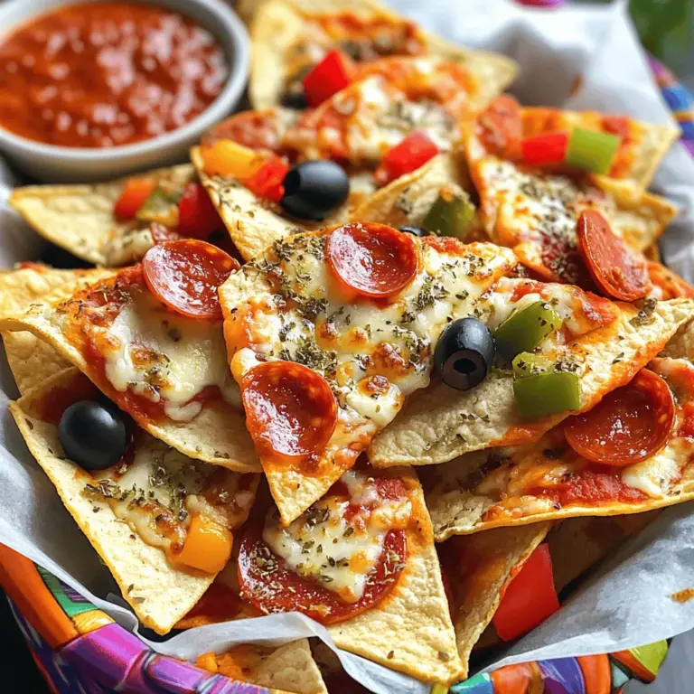 - 2 große Mehltortillas - 1/2 Tasse Pizzasoße - 1 Tasse geriebener Mozzarella-Käse Die Basis für unsere Pizza Chips sind Mehltortillas. Sie sind dünn und knusprig, perfekt für einen Snack. Pizzasoße bringt den klassischen Geschmack. Mozzarella-Käse sorgt für dezenten Schmelz und cremigen Genuss. - 1/4 Tasse Peperoni-Scheiben - 1/4 Tasse gewürfelte Paprika (rot und grün) - 1/4 Tasse geschnittene schwarze Oliven Peperoni-Scheiben fügen Würze hinzu. Gewürfelte Paprika bringen frische Farbe. Schwarze Oliven geben einen salzigen Biss und ergänzen die Aromen. - 1 Teelöffel getrockneter Oregano - 1 Teelöffel Knoblauchpulver - 1 Esslöffel Olivenöl - Salz und Pfeffer nach Geschmack Getrockneter Oregano gibt den italienischen Flair. Knoblauchpulver hebt den Geschmack. Olivenöl hilft, die Chips knusprig zu machen. Salz und Pfeffer runden alles ab. Für das komplette Rezept, schau dir die [Full Recipe] an. Heize deinen Ofen auf 200°C vor. Das sorgt für die perfekte Temperatur. Nimm zwei große Mehltortillas. Lege sie auf ein Schneidebrett. Pinsle eine Seite leicht mit Olivenöl ein. Dies macht die Chips knusprig und lecker. Drehe die Tortillas um. Verteile eine Schicht Pizzasoße gleichmäßig auf der ungesäuberten Seite jeder Tortilla. Streue dann großzügig geriebenen Mozzarella-Käse darüber. Jetzt kommt der Spaß! Verteilt Peperoni-Scheiben, die gewürfelten Paprika und die schwarzen Oliven gleichmäßig über den Käse. Zum Schluss bestreue alles mit getrocknetem Oregano, Knoblauchpulver, Salz und Pfeffer. Lege die vorbereiteten Tortillas auf ein Backblech mit Backpapier. Backe sie für 10-12 Minuten. Die Ränder sollten goldbraun sein und der Käse blubbern. Nimm die Tortillas aus dem Ofen und lasse sie ein paar Minuten abkühlen. Schneide die Tortillas in Chips-große Keile. Diese Schritte helfen dir, köstliche Pizza-Chips zu machen. Für die komplette Anleitung, schau dir das Full Recipe an! Verwenden Sie ein Backblech aus Aluminium. Es leitet die Wärme gut und sorgt für gleichmäßiges Backen. Ein Blech mit Rand ist ideal, um die Chips zu halten. Wenn Sie ein Gitter verwenden, kann die Luft zirkulieren und die Chips werden noch knuspriger. Heizen Sie Ihren Ofen auf 200°C vor. Ein gut vorgeheizter Ofen hilft, die Chips gleichmäßig zu backen. Achten Sie darauf, die Chips in die Mitte des Ofens zu legen. Das sorgt für die beste Hitzeverteilung. Um die Knusprigkeit zu erzielen, verwenden Sie weniger Pizzasoße. Eine dünne Schicht sorgt dafür, dass die Chips nicht matschig werden. Achten Sie auch darauf, die Tortillas gut mit Olivenöl einzupinseln. Das Öl hilft, die Chips goldbraun und knusprig zu machen. Variieren Sie die Beläge für neuen Geschmack. Fügen Sie frische Kräuter oder verschiedene Käsesorten hinzu. Probieren Sie auch Zutaten wie Jalapeños oder Artischocken für einen anderen Twist. Richten Sie die Chips auf einem bunten Teller an. Dies macht das Gericht einladender. Sie können die Chips in einem Korb mit Backpapier servieren. Das sieht nicht nur schön aus, sondern hält die Chips auch frisch. Reichen Sie verschiedene Dips dazu. Neben Pizzasoße sind auch Käse- oder Avocado-Dips eine gute Wahl. So kann jeder nach Geschmack dippen und genießen. {{image_4}} Ich liebe es, mit verschiedenen Käsesorten zu experimentieren. Mozzarella ist der Klassiker, aber es gibt auch tolle Alternativen. - Cheddar: Er hat einen starken, reichen Geschmack. Das gibt den Chips einen ganz neuen Kick. - Parmesan: Er ist perfekt für einen würzigen Touch. Einfach etwas darüber streuen für mehr Tiefe. - Feta: Dieser Käse bringt eine salzige Note, die super mit den anderen Zutaten harmoniert. Wenn du vegan bist, gibt es viele großartige Käse-Alternativen. - Cashew-Käse: Er ist cremig und kann leicht gewürzt werden. - Kokos-Käse: Dieser hat einen milden Geschmack und schmilzt gut. - Soja-Käse: Er ist eine einfache Option und oft gut erhältlich. Gemüse kann deine Pizza-Chips noch besser machen. Du kannst viele verschiedene Sorten nutzen. - Zucchini: Sie geben einen frischen Geschmack. Einfach in dünne Scheiben schneiden und hinzufügen. - Champignons: Diese sind herzhaft und passen gut zu Käse. - Spinat: Er bringt Farbe und einen gesunden Kick. Saisonale Zutaten machen die Chips besonders. - Tomaten: Im Sommer sind sie saftig und süß. - Kürbis: Im Herbst bringt er eine süße Note. - Spargel: Im Frühling passt er perfekt. Würze deine Chips, um sie aufregend zu machen. Extra Gewürze können viel bewirken. - Paprikapulver: Es gibt den Chips eine rauchige Note. - Chili-Flocken: Für einen scharfen Kick sind sie ideal. - Basilikum: Dieser frische Geschmack passt perfekt zur Pizza. Du kannst auch verschiedene Saucen ausprobieren. - BBQ-Sauce: Sie bringt eine süßliche Note. - Sriracha: Für scharfe Fans ist das ein Muss. - Honig-Senf: Diese süß-scharfe Kombination ist genial. Diese Variationen machen deine Pizza-Chips einzigartig. Probier sie aus und finde deine Favoriten! Um die Pizza Chips frisch zu halten, lagere sie in einem luftdichten Behälter. So bleibt die Knusprigkeit erhalten. Stelle sicher, dass die Chips vollständig abgekühlt sind, bevor du sie einpackst. Feuchtigkeit schadet den Chips. Vermeide daher, sie in einem feuchten Raum zu lagern. Du kannst auch ein Papiertuch in den Behälter legen, um Feuchtigkeit zu absorbieren. Wenn du die Chips wieder knusprig machen willst, gibt es einfache Tricks. Du kannst sie im Ofen auf 180°C (350°F) für 5-7 Minuten aufbacken. Dadurch wird die Knusprigkeit zurückgebracht. Die Mikrowelle ist auch eine Option, aber sie macht die Chips oft weich. Wenn du die besten Ergebnisse erzielen willst, nutze den Ofen. Pizza Chips halten sich etwa 3-5 Tage, wenn sie richtig gelagert werden. Überprüfe sie regelmäßig. Anzeichen für Verderb sind ein weicher Biss oder ein unangenehmer Geruch. Wenn du diese Anzeichen bemerkst, schmeiß die Chips weg. So bleibst du gesund und sicher! Um Pizza Chips einfach zuzubereiten, benötigen Sie nur wenige Schritte. Beginnen Sie mit zwei großen Mehltortillas. Pinseln Sie eine Seite leicht mit Olivenöl. Dies macht sie knusprig. Legen Sie sie dann auf ein Backblech. Verteilen Sie Pizzasoße auf der ungesäuberten Seite. Streuen Sie Mozzarella-Käse darauf. Fügen Sie Peperoni, Paprika und Oliven hinzu. Bestreuen Sie alles mit Oregano und Knoblauchpulver. Backen Sie die Tortillas 10 bis 12 Minuten bei 200°C. Lassen Sie sie abkühlen und schneiden Sie sie in Chips-große Stücke. So einfach ist das! Pizza Chips sind in vielen Supermärkten erhältlich. Schauen Sie in der Snack-Abteilung nach. Auch einige Marken bieten sie online an. Websites wie Amazon oder lokale Lebensmittel-Lieferdienste können ebenfalls helfen. Manchmal finden Sie auch spezielle Sorten in Feinkostläden. Prüfen Sie die Angebote, um die beste Auswahl zu finden. Pizza Chips sind meist nicht die gesündeste Wahl. Sie enthalten viel Käse und Öl, was sie kalorienreich macht. Allerdings können Sie gesündere Optionen wählen. Verwenden Sie Vollkorn-Tortillas oder weniger Käse. Für mehr Nährstoffe fügen Sie mehr Gemüse hinzu. So werden die Chips etwas gesünder, ohne den Geschmack zu verlieren. Ja, es ist einfach, Pizza Chips vegan oder glutenfrei zu machen. Für vegane Chips nutzen Sie pflanzlichen Käse. Achten Sie darauf, die Pizzasoße ohne tierische Produkte zu wählen. Für glutenfreie Optionen verwenden Sie glutenfreie Tortillas. Diese Anpassungen machen die Chips für alle Diäten geeignet. So kann jeder die leckeren Pizza Chips genießen! Eine Pizza, die knusprig und köstlich ist, kann leicht als Chips zubereitet werden. Wir haben die wichtigsten Zutaten wie Tortillas, Pizzasoße und Käse besprochen. Dann führten wir Schritt für Schritt durch die Zubereitung bis zum perfekten Backprozess. Tipps zur Knusprigkeit und schöne Präsentationen machen das Gericht noch besser. Variationen erlauben Kreativität, während die Lagerungshinweise für Frische sorgen. Experimentiere mit deinen Lieblingszutaten und genieße einen leckeren Snack, der immer gut ankommt!
