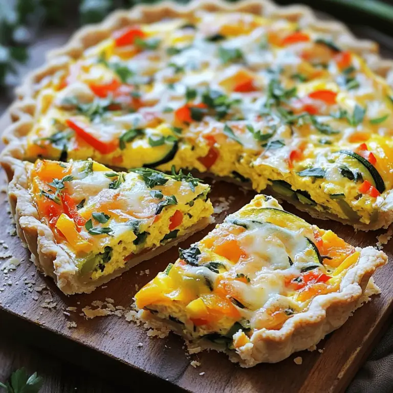Für eine schmackhafte Gemüsegefüllte Quiche brauchst du folgende Hauptzutaten: - 1 fertiger Mürbeteigboden (aus dem Geschäft oder selbstgemacht) - 6 große Eier - 1 Tasse Sahne - 1 Tasse Milch - 1 Tasse geriebener Käse (Cheddar oder Mozzarella) - 1 Tasse frischer Spinat, grob gehackt - 1 Tasse Paprika, gewürfelt (eine Mischung aus verschiedenen Farben) - 1 kleine Zucchini, gerieben - ¼ Tasse rote Zwiebel, fein gehackt - 1 Esslöffel Olivenöl - ½ Teelöffel Knoblauchpulver - ½ Teelöffel Salz - ¼ Teelöffel schwarzer Pfeffer - Frische Kräuter (zum Beispiel Petersilie oder Schnittlauch) zur Garnierung Diese Zutaten sind einfach zu finden. Du kannst die Quiche schnell zubereiten und servieren. Wenn du etwas Abwechslung möchtest, kannst du andere Gemüsesorten verwenden. Hier sind einige gute Alternativen: - Brokkoli - Champignons - Tomaten - Karotten - Kürbis Diese Gemüsesorten bringen neue Farben und Geschmäcker in deine Quiche. Du kannst auch Reste verwenden, die du noch zu Hause hast. Der Käse ist wichtig für den Geschmack. Hier sind einige tolle Empfehlungen: - Feta für einen salzigen, würzigen Geschmack - Gouda für einen milden, cremigen Effekt - Parmesan für einen intensiven, nussigen Geschmack Nutze deinen Lieblingskäse oder mische verschiedene Käsesorten für mehr Tiefe. Das macht die Quiche noch leckerer. Vergiss nicht, die Käsemenge nach deinem Geschmack anzupassen. Du findest das vollständige Rezept in der [Full Recipe]. Heize deinen Ofen auf 190°C vor. Während der Ofen sich aufheizt, bereite das Gemüse vor. Nimm eine Pfanne und erhitze das Olivenöl bei mittlerer Hitze. Füge die gewürfelte Paprika, die rote Zwiebel und die geriebene Zucchini hinzu. Sauté die Mischung für etwa 3-5 Minuten. Das Gemüse sollte weich, aber nicht matschig sein. Danach gib den gehackten Spinat dazu. Lass ihn zwei Minuten garen, bis er zusammenfällt. Nimm die Pfanne vom Herd und lass das Gemüse abkühlen. In einer großen Schüssel verquirlst du die Eier, die Sahne und die Milch. Achte darauf, dass alles gut vermischt ist. Füge das Knoblauchpulver, Salz und Pfeffer hinzu. Vermische alles erneut, bis die Mischung gleichmäßig aussieht. Diese Eimischung bringt die Quiche zusammen. Wenn das Gemüse abgekühlt ist, hebe es vorsichtig in die Eimischung. Streue dann den geriebenen Käse dazu. Rühre alles gut um, damit sich die Zutaten verteilen. Lege den fertigen Mürbeteigboden in eine Quiche- oder Pie-Form. Gieße die Gemüse-Ei-Mischung gleichmäßig in die Teigkruste. Achte darauf, dass die Füllung gut verteilt ist. Stelle die Quiche in den vorgeheizten Ofen. Backe sie 30-35 Minuten lang. Die Oberseite sollte goldbraun sein. Wenn ein Messer, das du in die Mitte steckst, sauber herauskommt, ist sie fertig. Lass die Quiche nach dem Backen 10 Minuten abkühlen. Schneide sie dann in Stücke und garniere sie mit frischen Kräutern. Für die vollständige Anleitung schau dir das Full Recipe an. Die Backzeit für Quiches ist wichtig. Die meisten Quiches brauchen 30 bis 35 Minuten. Der Ofen sollte auf 190°C vorgeheizt sein. Die Quiche ist fertig, wenn die Oberseite goldbraun ist. Ein Messer in die Mitte gesteckt sollte sauber herauskommen. Achte darauf, dass die Quiche nicht zu lange backt. Sonst wird sie trocken. Um die Quiche interessanter zu machen, kannst du verschiedene Kräuter verwenden. Frische Kräuter wie Basilikum oder Thymian bringen tollen Geschmack. Gewürze wie Paprika oder Kreuzkümmel geben einen besonderen Kick. Auch etwas Senf in die Eimischung kann helfen. Wenn du eine scharfe Note magst, füge etwas Chili hinzu. Experimentiere mit verschiedenen Käsesorten für neue Geschmäcker. Ein guter Mixer ist wichtig für die Eimischung. Du kannst auch einen Schneebesen benutzen, aber der Mixer macht es schneller. Eine große Schüssel hilft beim Mischen der Zutaten. Eine Quiche- oder Pie-Form ist notwendig für das Backen. Ein scharfes Messer ist hilfreich zum Schneiden der Quiche. Wenn du diese Geräte hast, wird das Kochen einfacher und schneller. Du kannst das komplette Rezept für die Gemüsegefüllte Quiche hier finden: [Full Recipe]. {{image_4}} Um eine vegane Quiche zu machen, ersetzen Sie die Eier und die Milch. Sie können 1 Tasse Kichererbsenmehl und 1 Tasse Wasser verwenden. Fügen Sie einen Esslöffel Leinsamen hinzu, um die Bindung zu verbessern. Der Käse kann durch eine Mischung aus Nüssen und Hefeflocken ersetzt werden. Dies gibt einen ähnlichen Geschmack und eine cremige Textur. In Frankreich finden Sie die Quiche Lorraine, die Speck und Käse enthält. In Italien wird oft Ricotta oder Gorgonzola verwendet. In Mexiko können Sie Jalapeños und schwarze Bohnen hinzufügen. Jede Region hat ihre eigene Note. Experimentieren Sie mit lokalen Zutaten, um Ihre eigene Variante zu kreieren. Für eine glutenfreie Quiche verwenden Sie einen glutenfreien Mürbeteig. Achten Sie darauf, dass die Zutaten auch glutenfrei sind. Für die laktosefreie Version können Sie laktosefreie Milch und Käse wählen. Das sorgt für einen gleichen Genuss ohne die Laktose. Diese Anpassungen machen die Quiche für alle zugänglich. Um die Quiche frisch zu halten, lasse sie zuerst abkühlen. Schneide sie in Portionen. Lege die Stücke in einen luftdichten Behälter. Du kannst sie auch mit Frischhaltefolie abdecken. So bleibt die Quiche bis zu drei Tage im Kühlschrank gut. Achte darauf, dass der Behälter sauber ist, um den Geschmack zu bewahren. Wenn du die Quiche länger aufbewahren möchtest, friere sie ein. Wickele die Quiche in Frischhaltefolie ein. Lege sie dann in einen gefrierfesten Behälter oder einen Gefrierbeutel. So hält sie bis zu drei Monate. Zum Auftauen lasse sie über Nacht im Kühlschrank. Das sorgt dafür, dass die Quiche gleichmäßig auftaut. Um die Quiche aufzuwärmen, heize den Ofen auf 175°C vor. Lege die Quiche für etwa 15 bis 20 Minuten in den Ofen. So wird sie gleichmäßig warm und knusprig. Du kannst die Quiche auch in der Mikrowelle aufwärmen. Stelle sie auf einen mikrowellenfesten Teller und erhitze sie für ein bis zwei Minuten. So ist sie schnell bereit zum Genießen. Für die besten Ergebnisse, konsultiere das [Full Recipe]. Die Quiche bleibt bis zu fünf Tage frisch im Kühlschrank. Achte darauf, sie gut abzudecken. Ein luftdichter Behälter hilft, die Feuchtigkeit zu halten. So bleibt die Quiche saftig und lecker. Wenn du sie länger aufbewahren möchtest, friere sie ein. Ja, du kannst viele Gemüsesorten in die Quiche geben. Zum Beispiel sind Brokkoli, Pilze und Karotten tolle Alternativen. Verwende, was dir schmeckt oder was du gerade hast. Das macht die Quiche noch interessanter und bunt. Sei kreativ und mische verschiedene Gemüsesorten für neue Geschmäcker. Zu dieser Quiche passen viele Beilagen. Ein frischer Salat ist immer eine gute Wahl. Du kannst auch eine einfache Tomatensauce dazu servieren. Für einen herzhaften Touch probiere knuspriges Brot oder Baguette. Diese Beilagen ergänzen die Quiche perfekt und machen das Essen rundum lecker. Die Gemüsegefüllte Quiche ist vielseitig und einfach zuzubereiten. Wir haben die Hauptzutaten, Tipps und Varianten betrachtet. Jeder kann seine Quiche anpassen und seine Lieblingsstoffe wählen. Denke auch an die richtigen Aufbewahrungshinweise, damit du sie länger genießen kannst. In meiner Erfahrung schmeckt eine selbstgemachte Quiche immer am besten. Probiere verschiedene Kombinationen aus und entdecke, was dir am meisten Freude bringt. Gute Küche bringt gute Laune!