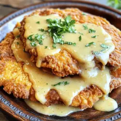 - 2 große Rinder-Cube-Steaks - 240 ml Buttermilch - 120 g Weizenmehl Für Chicken Fried Steak sind die Hauptzutaten einfach und frisch. Die Rinder-Cube-Steaks geben dem Gericht seinen Geschmack. Buttermilch macht das Fleisch zart. Weizenmehl wird für die Panade benötigt. Diese drei Zutaten sind die Basis für ein tolles Gericht. - Knoblauchpulver, Zwiebelpulver, Paprika - Cayennepfeffer (optional) - Salz, schwarzer Pfeffer und Pflanzenöl Gewürze bringen viel Geschmack. Ich verwende Knoblauchpulver, Zwiebelpulver und Paprika. Diese Gewürze geben dem Steak eine leckere Note. Cayennepfeffer sorgt für einen kleinen Kick. Salz und Pfeffer sind wichtig, um alles abzurunden. Pflanzenöl benutzen wir zum Braten, um die Steaks knusprig zu machen. - Ungesalzene Butter - Milch Die Soße ist ein wichtiger Teil des Gerichts. Ungesalzene Butter sorgt für einen reichen Geschmack. Milch macht die Soße cremig. Diese Zutaten sind einfach, aber sie machen einen großen Unterschied. Die Soße ergänzt die knusprigen Steaks perfekt. Für das vollständige Rezept, schau dir die [Full Recipe] an. Um die Steaks zart und geschmackvoll zu machen, vermische ich Buttermilch mit etwas Salz und Pfeffer. Ich nehme eine flache Schüssel und gebe die Buttermilch hinein. Danach lege ich die Rinder-Cube-Steaks hinein. Es ist wichtig, dass die Steaks vollständig in der Buttermilch schwimmen. Ich decke die Schüssel ab und stelle sie für mindestens eine Stunde in den Kühlschrank. So können die Steaks gut ziehen und werden sehr zart. In einer anderen Schüssel mische ich das Weizenmehl mit Knoblauchpulver, Zwiebelpulver, Paprika und Cayennepfeffer. Ich füge eine Prise Salz und Pfeffer hinzu, um die Aromen zu verstärken. Diese Mischung sollte gut verrührt werden, damit alle Gewürze gleichmäßig verteilt sind. Anschließend nehme ich die Steaks aus der Buttermilch. Ich lasse die überschüssige Flüssigkeit abtropfen. Dann wende ich jedes Steak in der Mehlmischung, bis es gut bedeckt ist. Ich drücke sanft, damit die Panade gut haftet. Jetzt kommt der spannende Teil: das Braten. Ich erhitze das Pflanzenöl in einer großen Pfanne bei mittlerer Hitze. Wenn das Öl schimmert, ist es bereit. Ich gebe vorsichtig die Steaks hinein, ohne die Pfanne zu überfüllen. Jedes Steak brate ich für 3 bis 4 Minuten pro Seite, bis sie goldbraun und knusprig sind. Es ist wichtig, die Temperatur im Auge zu behalten, damit die Steaks nicht anbrennen. Nach dem Braten nehme ich die Steaks heraus und lasse sie auf Küchenpapier abtropfen. In der gleichen Pfanne reduziere ich die Hitze. Ich füge 2 Esslöffel Butter hinzu und lasse sie schmelzen. Danach rühre ich ¼ Tasse der übrig gebliebenen Mehlmischung ein, um eine Mehlschwitze zu machen. Ich lasse sie etwa 1 bis 2 Minuten köcheln, bis sie leicht bräunlich wird. Danach gebe ich langsam 240 ml Milch dazu und rühre kräftig, bis die Soße glatt ist. Ich lasse sie einige Minuten köcheln, bis sie eindickt. Jetzt ist es Zeit, alles anzurichten. Ich lege die knusprigen Chicken Fried Steaks auf einen Teller. Dann gieße ich großzügig die Soße darüber. Wenn ich möchte, kann ich das Gericht noch mit frischer Petersilie garnieren. Es sieht nicht nur gut aus, sondern schmeckt auch fantastisch. Wenn du nach dem Rezept suchst, schau dir die Full Recipe an. - Verwende Buttermilch für optimale Zartheit. Buttermilch macht das Fleisch weich und saftig. - Ein häufiger Fehler ist, die Steaks nicht richtig zu trocknen. Entferne die überschüssige Buttermilch. - Achte darauf, die Steaks gut in der Mehlmischung zu wenden. Das sorgt für eine dickere Panade. - Drücke leicht auf die Panade, damit sie gut haftet. So bleibt sie beim Braten intakt. - Temperatur ist entscheidend für knusprige Steaks. Erhitze das Öl auf etwa 175 °C. - Teste die Temperatur, indem du etwas Mehl ins Öl wirfst. Es sollte sofort brutzeln. - Verwende Pflanzenöl, da es einen hohen Rauchpunkt hat. Das sorgt für eine bessere Bräunung. - Brate die Steaks nicht zu dicht. Lass Platz in der Pfanne, damit sie gleichmäßig garen. - Du kannst die Soße kreativ anpassen. Füge frische Kräuter oder Gewürze hinzu. - Wenn du keine Milch willst, probiere pflanzliche Alternativen. Mandelmilch oder Hafermilch sind gute Optionen. - Für einen besonderen Kick, füge einen Spritzer Worcestershire-Sauce hinzu. - Achte darauf, die Soße gut zu rühren, um Klumpen zu vermeiden. Für das vollständige Rezept kannst du die vorherige Sektion "Zutaten" oder "Schritt-für-Schritt-Anleitung" anschauen. {{image_4}} Chicken Fried Steak ist ein beliebtes Gericht, aber du kannst auch andere Fleischsorten verwenden. Schweinefleisch ist eine tolle Wahl. Es hat einen eigenen Geschmack und wird zart, wenn du es marinierst. Hähnchen ist eine weitere Option. Du kannst Hähnchenbrust oder Hähnchenschenkel verwenden. Die Marinade bleibt gleich, aber du kannst die Gewürze nach deinem Geschmack anpassen. Das gibt dir viele Möglichkeiten, das Gericht zu variieren. Wenn du eine vegetarische oder vegane Version machen möchtest, gibt es viele Alternativen. Anstelle von Steak kannst du Tofuscheiben oder Seitan verwenden. Diese Optionen sind großartig, da sie die Textur des Fleisches nachahmen. Für die Soße kannst du pflanzliche Milch verwenden, wie Mandel- oder Hafermilch. Diese Milchsorten sind leicht und verleihen der Soße einen feinen Geschmack. So kannst du ein köstliches Gericht ohne tierische Produkte zaubern. Serviere Chicken Fried Steak mit Beilagen, die gut dazu passen. Kartoffelpüree ist eine klassische Wahl. Es ist cremig und harmoniert gut mit der Soße. Auch gebratene grüne Bohnen oder Mais können gut dazu passen. Für die Präsentation lege das Steak auf einen schönen Teller. Gieße die Soße großzügig darüber und garniere es mit frischer Petersilie. Das sieht nicht nur toll aus, es schmeckt auch hervorragend! Um die Reste von Chicken Fried Steak gut aufzubewahren, legen Sie sie in einen luftdichten Behälter. Stellen Sie sicher, dass der Behälter vollständig verschlossen ist. Im Kühlschrank bleiben die Steaks bis zu drei Tage frisch. Zum Wiedererwärmen legen Sie die Steaks auf ein Backblech. Erhitzen Sie sie bei 180 °C im Ofen, bis sie heiß und knusprig sind. Wenn Sie Chicken Fried Steak einfrieren möchten, lassen Sie die Steaks zuerst auf Raumtemperatur abkühlen. Wickeln Sie sie dann fest in Frischhaltefolie und legen Sie sie in einen Gefrierbeutel. So bleiben sie bis zu drei Monate haltbar. Zum Auftauen nehmen Sie die Steaks über Nacht aus dem Gefrierfach und legen sie in den Kühlschrank. Braten Sie sie dann in der Pfanne, bis sie wieder heiß sind. Die Soße sollten Sie separat aufbewahren. Gießen Sie sie in einen kleinen Behälter und lassen Sie sie abkühlen. Sie können die Soße im Kühlschrank bis zu fünf Tage aufbewahren. Um die Soße erneut zu verwenden, erwärmen Sie sie in einem kleinen Topf. Fügen Sie bei Bedarf etwas Milch hinzu, um die Konsistenz zu verbessern. Für den besten Geschmack empfehle ich, die Steaks mindestens eine Stunde zu marinieren. Wenn du Zeit hast, lass sie über Nacht im Kühlschrank. So dringt die Buttermilch tief ein und macht die Steaks zart und saftig. Ja, du kannst Chicken Fried Steak im Ofen zubereiten. Heize den Ofen auf 200 Grad Celsius vor. Lege die panierten Steaks auf ein Blech und besprühe sie leicht mit Öl. Backe sie etwa 20 Minuten, wende sie nach der Hälfte der Zeit. So werden sie schön knusprig. Chicken Fried Steak hat eine knusprige Panade und wird oft mit einer weißen Soße serviert. Country Fried Steak hat keine knusprige Panade und wird häufig mit einer braunen Soße serviert. Der Hauptunterschied liegt in der Panade und der Soße. Um die Panade gut haften zu lassen, drücke die Steaks leicht in die Mehlmischung. Lass die panierten Steaks kurz ruhen, bevor du sie brätst. So kann die Panade besser haften. Achte auch darauf, das Öl heiß genug zu erhitzen, bevor du die Steaks hineingibst. Ja, du kannst Chicken Fried Steak glutenfrei machen. Ersetze das Weizenmehl durch eine glutenfreie Mehlmischung. Achte darauf, dass alle anderen Zutaten ebenfalls glutenfrei sind. So kannst du das Gericht ohne Sorgen genießen. Klumpige Soße entsteht oft, wenn du die Milch zu schnell hinzufügst. Rühre die Mehlschwitze gut um, bevor du die Milch hinzufügst. Gieße die Milch langsam ein und rühre ständig. So bleibt die Soße schön glatt und cremig. Wir haben die Hauptzutaten für Chicken Fried Steak sowie die Zubereitungsschritte besprochen. Tipps für die perfekte Panade und Variationen sind ebenfalls behandelt. Die richtige Lagerung sorgt dafür, dass Reste frisch bleiben. Mit diesen einfachen Schritten und Tipps kannst du ein tolles Gericht zaubern. Probiere es aus und finde deinen eigenen Stil! Kochen soll Spaß machen, und Chicken Fried Steak kann ein Highlight auf deinem Teller sein.