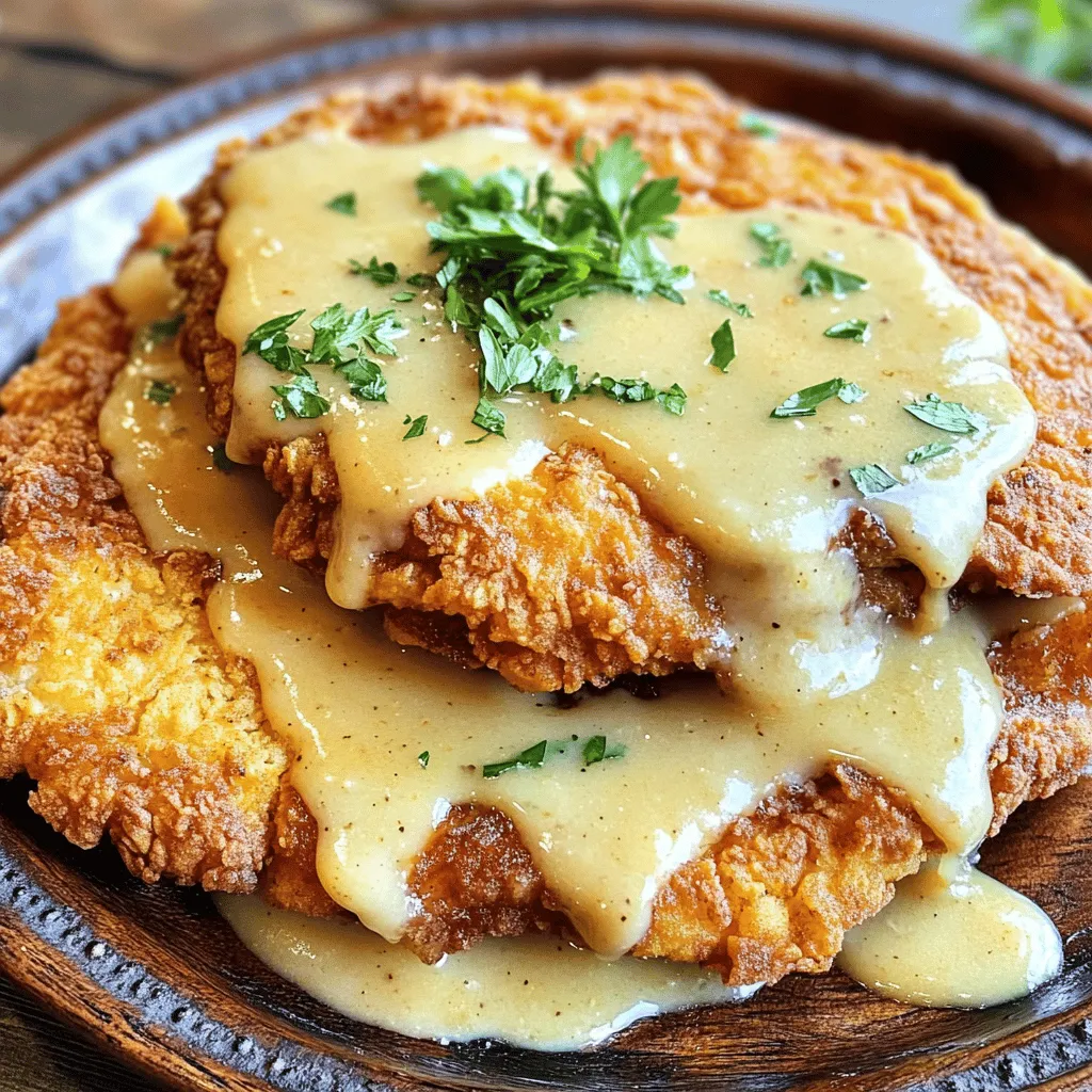 - 2 große Rinder-Cube-Steaks - 240 ml Buttermilch - 120 g Weizenmehl Für Chicken Fried Steak sind die Hauptzutaten einfach und frisch. Die Rinder-Cube-Steaks geben dem Gericht seinen Geschmack. Buttermilch macht das Fleisch zart. Weizenmehl wird für die Panade benötigt. Diese drei Zutaten sind die Basis für ein tolles Gericht. - Knoblauchpulver, Zwiebelpulver, Paprika - Cayennepfeffer (optional) - Salz, schwarzer Pfeffer und Pflanzenöl Gewürze bringen viel Geschmack. Ich verwende Knoblauchpulver, Zwiebelpulver und Paprika. Diese Gewürze geben dem Steak eine leckere Note. Cayennepfeffer sorgt für einen kleinen Kick. Salz und Pfeffer sind wichtig, um alles abzurunden. Pflanzenöl benutzen wir zum Braten, um die Steaks knusprig zu machen. - Ungesalzene Butter - Milch Die Soße ist ein wichtiger Teil des Gerichts. Ungesalzene Butter sorgt für einen reichen Geschmack. Milch macht die Soße cremig. Diese Zutaten sind einfach, aber sie machen einen großen Unterschied. Die Soße ergänzt die knusprigen Steaks perfekt. Für das vollständige Rezept, schau dir die [Full Recipe] an. Um die Steaks zart und geschmackvoll zu machen, vermische ich Buttermilch mit etwas Salz und Pfeffer. Ich nehme eine flache Schüssel und gebe die Buttermilch hinein. Danach lege ich die Rinder-Cube-Steaks hinein. Es ist wichtig, dass die Steaks vollständig in der Buttermilch schwimmen. Ich decke die Schüssel ab und stelle sie für mindestens eine Stunde in den Kühlschrank. So können die Steaks gut ziehen und werden sehr zart. In einer anderen Schüssel mische ich das Weizenmehl mit Knoblauchpulver, Zwiebelpulver, Paprika und Cayennepfeffer. Ich füge eine Prise Salz und Pfeffer hinzu, um die Aromen zu verstärken. Diese Mischung sollte gut verrührt werden, damit alle Gewürze gleichmäßig verteilt sind. Anschließend nehme ich die Steaks aus der Buttermilch. Ich lasse die überschüssige Flüssigkeit abtropfen. Dann wende ich jedes Steak in der Mehlmischung, bis es gut bedeckt ist. Ich drücke sanft, damit die Panade gut haftet. Jetzt kommt der spannende Teil: das Braten. Ich erhitze das Pflanzenöl in einer großen Pfanne bei mittlerer Hitze. Wenn das Öl schimmert, ist es bereit. Ich gebe vorsichtig die Steaks hinein, ohne die Pfanne zu überfüllen. Jedes Steak brate ich für 3 bis 4 Minuten pro Seite, bis sie goldbraun und knusprig sind. Es ist wichtig, die Temperatur im Auge zu behalten, damit die Steaks nicht anbrennen. Nach dem Braten nehme ich die Steaks heraus und lasse sie auf Küchenpapier abtropfen. In der gleichen Pfanne reduziere ich die Hitze. Ich füge 2 Esslöffel Butter hinzu und lasse sie schmelzen. Danach rühre ich ¼ Tasse der übrig gebliebenen Mehlmischung ein, um eine Mehlschwitze zu machen. Ich lasse sie etwa 1 bis 2 Minuten köcheln, bis sie leicht bräunlich wird. Danach gebe ich langsam 240 ml Milch dazu und rühre kräftig, bis die Soße glatt ist. Ich lasse sie einige Minuten köcheln, bis sie eindickt. Jetzt ist es Zeit, alles anzurichten. Ich lege die knusprigen Chicken Fried Steaks auf einen Teller. Dann gieße ich großzügig die Soße darüber. Wenn ich möchte, kann ich das Gericht noch mit frischer Petersilie garnieren. Es sieht nicht nur gut aus, sondern schmeckt auch fantastisch. Wenn du nach dem Rezept suchst, schau dir die Full Recipe an. - Verwende Buttermilch für optimale Zartheit. Buttermilch macht das Fleisch weich und saftig. - Ein häufiger Fehler ist, die Steaks nicht richtig zu trocknen. Entferne die überschüssige Buttermilch. - Achte darauf, die Steaks gut in der Mehlmischung zu wenden. Das sorgt für eine dickere Panade. - Drücke leicht auf die Panade, damit sie gut haftet. So bleibt sie beim Braten intakt. - Temperatur ist entscheidend für knusprige Steaks. Erhitze das Öl auf etwa 175 °C. - Teste die Temperatur, indem du etwas Mehl ins Öl wirfst. Es sollte sofort brutzeln. - Verwende Pflanzenöl, da es einen hohen Rauchpunkt hat. Das sorgt für eine bessere Bräunung. - Brate die Steaks nicht zu dicht. Lass Platz in der Pfanne, damit sie gleichmäßig garen. - Du kannst die Soße kreativ anpassen. Füge frische Kräuter oder Gewürze hinzu. - Wenn du keine Milch willst, probiere pflanzliche Alternativen. Mandelmilch oder Hafermilch sind gute Optionen. - Für einen besonderen Kick, füge einen Spritzer Worcestershire-Sauce hinzu. - Achte darauf, die Soße gut zu rühren, um Klumpen zu vermeiden. Für das vollständige Rezept kannst du die vorherige Sektion "Zutaten" oder "Schritt-für-Schritt-Anleitung" anschauen. {{image_4}} Chicken Fried Steak ist ein beliebtes Gericht, aber du kannst auch andere Fleischsorten verwenden. Schweinefleisch ist eine tolle Wahl. Es hat einen eigenen Geschmack und wird zart, wenn du es marinierst. Hähnchen ist eine weitere Option. Du kannst Hähnchenbrust oder Hähnchenschenkel verwenden. Die Marinade bleibt gleich, aber du kannst die Gewürze nach deinem Geschmack anpassen. Das gibt dir viele Möglichkeiten, das Gericht zu variieren. Wenn du eine vegetarische oder vegane Version machen möchtest, gibt es viele Alternativen. Anstelle von Steak kannst du Tofuscheiben oder Seitan verwenden. Diese Optionen sind großartig, da sie die Textur des Fleisches nachahmen. Für die Soße kannst du pflanzliche Milch verwenden, wie Mandel- oder Hafermilch. Diese Milchsorten sind leicht und verleihen der Soße einen feinen Geschmack. So kannst du ein köstliches Gericht ohne tierische Produkte zaubern. Serviere Chicken Fried Steak mit Beilagen, die gut dazu passen. Kartoffelpüree ist eine klassische Wahl. Es ist cremig und harmoniert gut mit der Soße. Auch gebratene grüne Bohnen oder Mais können gut dazu passen. Für die Präsentation lege das Steak auf einen schönen Teller. Gieße die Soße großzügig darüber und garniere es mit frischer Petersilie. Das sieht nicht nur toll aus, es schmeckt auch hervorragend! Um die Reste von Chicken Fried Steak gut aufzubewahren, legen Sie sie in einen luftdichten Behälter. Stellen Sie sicher, dass der Behälter vollständig verschlossen ist. Im Kühlschrank bleiben die Steaks bis zu drei Tage frisch. Zum Wiedererwärmen legen Sie die Steaks auf ein Backblech. Erhitzen Sie sie bei 180 °C im Ofen, bis sie heiß und knusprig sind. Wenn Sie Chicken Fried Steak einfrieren möchten, lassen Sie die Steaks zuerst auf Raumtemperatur abkühlen. Wickeln Sie sie dann fest in Frischhaltefolie und legen Sie sie in einen Gefrierbeutel. So bleiben sie bis zu drei Monate haltbar. Zum Auftauen nehmen Sie die Steaks über Nacht aus dem Gefrierfach und legen sie in den Kühlschrank. Braten Sie sie dann in der Pfanne, bis sie wieder heiß sind. Die Soße sollten Sie separat aufbewahren. Gießen Sie sie in einen kleinen Behälter und lassen Sie sie abkühlen. Sie können die Soße im Kühlschrank bis zu fünf Tage aufbewahren. Um die Soße erneut zu verwenden, erwärmen Sie sie in einem kleinen Topf. Fügen Sie bei Bedarf etwas Milch hinzu, um die Konsistenz zu verbessern. Für den besten Geschmack empfehle ich, die Steaks mindestens eine Stunde zu marinieren. Wenn du Zeit hast, lass sie über Nacht im Kühlschrank. So dringt die Buttermilch tief ein und macht die Steaks zart und saftig. Ja, du kannst Chicken Fried Steak im Ofen zubereiten. Heize den Ofen auf 200 Grad Celsius vor. Lege die panierten Steaks auf ein Blech und besprühe sie leicht mit Öl. Backe sie etwa 20 Minuten, wende sie nach der Hälfte der Zeit. So werden sie schön knusprig. Chicken Fried Steak hat eine knusprige Panade und wird oft mit einer weißen Soße serviert. Country Fried Steak hat keine knusprige Panade und wird häufig mit einer braunen Soße serviert. Der Hauptunterschied liegt in der Panade und der Soße. Um die Panade gut haften zu lassen, drücke die Steaks leicht in die Mehlmischung. Lass die panierten Steaks kurz ruhen, bevor du sie brätst. So kann die Panade besser haften. Achte auch darauf, das Öl heiß genug zu erhitzen, bevor du die Steaks hineingibst. Ja, du kannst Chicken Fried Steak glutenfrei machen. Ersetze das Weizenmehl durch eine glutenfreie Mehlmischung. Achte darauf, dass alle anderen Zutaten ebenfalls glutenfrei sind. So kannst du das Gericht ohne Sorgen genießen. Klumpige Soße entsteht oft, wenn du die Milch zu schnell hinzufügst. Rühre die Mehlschwitze gut um, bevor du die Milch hinzufügst. Gieße die Milch langsam ein und rühre ständig. So bleibt die Soße schön glatt und cremig. Wir haben die Hauptzutaten für Chicken Fried Steak sowie die Zubereitungsschritte besprochen. Tipps für die perfekte Panade und Variationen sind ebenfalls behandelt. Die richtige Lagerung sorgt dafür, dass Reste frisch bleiben. Mit diesen einfachen Schritten und Tipps kannst du ein tolles Gericht zaubern. Probiere es aus und finde deinen eigenen Stil! Kochen soll Spaß machen, und Chicken Fried Steak kann ein Highlight auf deinem Teller sein.