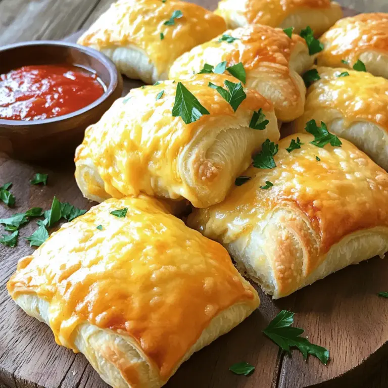 Für diese leckeren Rollen brauchen Sie: - 1 Dose (226 g) gekühlter Croissant-Teig - 1 Tasse geriebener Mozzarella-Käse - 1/2 Tasse Frischkäse, weichgemacht - 2 Esslöffel geriebener Parmesan-Käse - 2 Knoblauchzehen, fein gehackt - 1 Esslöffel frische Petersilie, fein gehackt (oder 1 Teelöffel getrocknete Petersilie) - 1 Teelöffel Zwiebelpulver - 1/2 Teelöffel Salz - 1/4 Teelöffel schwarzer Pfeffer - 1 Esslöffel Butter, geschmolzen Diese Zutaten sorgen für einen tollen Käsegeschmack und einen herzhaften Knoblauchkick. Falls Sie einige Zutaten nicht haben, gibt es Alternativen: - Ersetzen Sie Mozzarella durch Cheddar für mehr Geschmack. - Verwenden Sie Ricotta anstelle von Frischkäse für eine leichtere Füllung. - Frischer Knoblauch kann durch Knoblauchpulver ersetzt werden. - Petersilie kann durch Schnittlauch oder Basilikum ersetzt werden. Das Experimentieren mit Zutaten macht das Kochen spannend und kreativ! Um die Käse-Knoblauch-Croissant-Rollen einfach zuzubereiten, benötigen Sie: - Eine große Schüssel zum Mischen - Ein Backblech mit Backpapier - Ein scharfes Messer zum Hacken - Ein Esslöffel zum Portionieren der Füllung - Ein Pinsel zum Bestreichen mit Butter Mit diesen Werkzeugen wird die Zubereitung schnell und leicht. Für das vollständige Rezept schauen Sie sich die [Full Recipe] an. Heizen Sie Ihren Ofen auf 190°C vor. Nehmen Sie ein Backblech und legen Sie es mit Backpapier aus. Dies hilft, die Croissant-Rollen nicht kleben zu lassen. In einer großen Schüssel vermengen Sie die Zutaten für die Füllung. Geben Sie den geriebenen Mozzarella, den weichen Frischkäse und den Parmesan in die Schüssel. Fügen Sie die gehackten Knoblauchzehen, die Petersilie, das Zwiebelpulver, das Salz und den Pfeffer hinzu. Mischen Sie alles gründlich, bis es gut verbunden ist. Lassen Sie die Mischung kurz stehen. Rollen Sie den Croissant-Teig auf einer sauberen Arbeitsfläche aus. Teilen Sie den Teig in Dreiecke, wie auf der Verpackung angegeben. Nehmen Sie einen Esslöffel der Käsemischung und legen Sie ihn an das breite Ende eines Dreiecks. Rollen Sie den Teig vorsichtig vom breiten Ende zur Spitze auf. Drücken Sie die Ränder gut zusammen, um die Füllung zu versiegeln. Legen Sie die gerollten Croissant-Rollen auf das Backblech, wobei die Spitze nach unten zeigt. Bestreichen Sie die Oberseite mit geschmolzener Butter. Backen Sie die Rollen im Ofen für 12-15 Minuten, bis sie goldbraun sind. Lassen Sie sie ein paar Minuten abkühlen, bevor Sie sie servieren. Diese Käse-Knoblauch-Croissant-Rollen sind jetzt bereit für den Genuss! Für das vollständige Rezept schauen Sie sich [Full Recipe] an. Um die besten Käse-Knoblauch-Croissant-Rollen zu machen, achte auf die Backtemperatur. Heize deinen Ofen immer auf 190°C vor. Dies sorgt für eine gleichmäßige Bräunung. Verwende frische Zutaten für den besten Geschmack. Achte darauf, die Rollen gleichmäßig auf dem Backblech zu platzieren. So backen sie gleichmäßig. Ein häufiger Fehler ist, den Teig zu dick auszurollen. Halte den Teig dünn, damit er schön knusprig wird. Wenn die Füllung herausquillt, drücke die Ränder gut zusammen. Ein weiterer Fehler ist, den Ofen nicht vorzuheizen. Dies kann dazu führen, dass die Rollen nicht gut aufgehen. Schau während des Backens nach, um sicherzustellen, dass sie nicht verbrennen. Du kannst die Füllung ganz nach deinem Geschmack anpassen. Probiere andere Käsesorten wie Cheddar oder Gouda aus. Für eine schärfere Note füge etwas Cayennepfeffer hinzu. Wenn du mehr Textur willst, füge gehackte Oliven oder Paprika hinzu. Diese kleinen Anpassungen machen deine Käse-Knoblauch-Croissant-Rollen noch spannender und leckerer. Für das vollständige Rezept schaue dir die [Full Recipe] an. {{image_4}} Du kannst die Käsefüllung ganz einfach anpassen. Füge Gemüse hinzu, wie Spinat oder Paprika. Diese Optionen bringen frische Aromen. Du kannst auch gekochtes Fleisch verwenden. Hähnchen oder Schinken passen gut. Diese Variationen machen die Croissant-Rollen noch spannender. Experimentiere mit verschiedenen Käsesorten in deiner Füllung. Cheddar gibt einen scharfen Geschmack. Feta bringt einen salzigen, cremigen Genuss. Gouda hat einen süßeren, nussigen Geschmack. Diese Käsesorten verändern das gesamte Gericht und machen es einzigartig. Für einen kick kannst du Gewürze hinzufügen. Paprika oder Cayennepfeffer bringen Schärfe. Auch italienische Kräuter wie Oregano passen gut. Möchtest du es noch würziger? Probiere Jalapeños oder frische Chilis. Diese Optionen sorgen für eine aufregende Geschmacksexplosion. Wenn Sie Käse-Knoblauch-Croissant-Rollen übrig haben, lagern Sie sie in einem luftdichten Behälter. So bleiben sie frisch. Lassen Sie die Rollen zuerst abkühlen. Wickeln Sie sie dann in Folie ein oder legen Sie sie in einen Behälter. Sie können die Reste bis zu drei Tage im Kühlschrank aufbewahren. Zum Aufwärmen nutzen Sie den Ofen. Heizen Sie ihn auf 175°C vor. Legen Sie die Croissant-Rollen auf ein Backblech. Backen Sie sie etwa fünf bis sieben Minuten. So werden sie wieder knusprig. Alternativ können Sie die Rollen in der Mikrowelle aufwärmen. Dies macht sie jedoch weich. Im Kühlschrank halten die Käse-Knoblauch-Croissant-Rollen bis zu drei Tage. Wenn Sie sie länger aufbewahren möchten, frieren Sie sie ein. Wickeln Sie jede Rolle einzeln in Folie ein. Lagern Sie sie dann in einem Gefrierbeutel. Gefroren bleiben sie bis zu drei Monate frisch. Denken Sie daran, sie vor dem Servieren aufzutauen. Die Zubereitung dauert etwa 10 Minuten. Das Backen braucht 12 bis 15 Minuten. In weniger als 30 Minuten sind die Käse-Knoblauch-Croissant-Rollen fertig. So schnell habt ihr ein leckeres Gericht. Ja, ihr könnt die Croissant-Rollen im Voraus zubereiten. Macht die Füllung und rollt den Teig ein. Lagert die Rollen im Kühlschrank für bis zu 24 Stunden. Backt sie einfach frisch, wenn ihr bereit seid zu genießen. Die besten Dips sind Marinara-Sauce und Knoblauchbutter. Diese Dips ergänzen den Käse und den Knoblauch. Auch ein cremiger Ranch-Dip passt gut zu diesen Rollen. Probiert verschiedene Dips aus, um euren Favoriten zu finden. Ja, diese Croissant-Rollen sind vegetarisch. Die Zutaten enthalten keinen Fleischbestandteil. Ihr könnt die Füllung aber auch anpassen, wenn ihr möchtet. Fügt zum Beispiel Spinat oder Pilze hinzu, um mehr Geschmack zu erhalten. Käse-Knoblauch-Croissant-Rollen sind einfach und lecker. Wir haben die Hauptzutaten, praktische Tipps und kreative Variationen behandelt. Die richtige Technik und Utensilien helfen dir, tolle Ergebnisse zu erzielen. Denke daran, Fehler zu vermeiden und Aromen anzupassen. Mit guter Lagerung kannst du die Rollen länger genießen. Probiere sie mit verschiedenen Dips aus, um neue Geschmäcker zu entdecken. Viel Spaß beim Backen und guten Appetit!