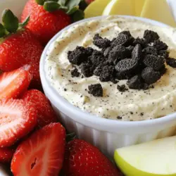 - 1 Packung (14,3 oz) Oreo-Kekse, zerbröselt - 1 Tasse Frischkäse, weich gemacht - 1 Tasse Puderzucker Die Hauptzutaten sind einfach und lecker. Die Oreo-Kekse bringen den einzigartigen Geschmack. Frischkäse macht den Dip cremig und glatt. Puderzucker fügt die süße Note hinzu. Diese drei Zutaten sind die Basis für den perfekten Oreo Dip. - 1 Tasse Sahne (Schlagsahne) - 1 Teelöffel Vanilleextrakt - Zusätzliche zerbröselte Oreos zum Garnieren - Frische Erdbeeren und Apfelscheiben zum Dippen Sahne macht den Dip luftig und leicht. Vanilleextrakt bringt eine feine, aromatische Note. Die zusätzlichen zerbröselten Oreos auf dem Dip sorgen für einen schönen Look. Frische Erdbeeren und Apfelscheiben sind tolle Begleiter. Sie bieten eine fruchtige Frische und passen perfekt. Probiere das Rezept aus, um den cremigen Genuss zu erleben. Du wirst den Oreo Genuss Dip lieben! [Full Recipe] 1. Frischkäse cremig schlagen Beginne mit 1 Tasse weichem Frischkäse. Nimm eine Rührschüssel und benutze einen Handmixer. Schlage den Frischkäse, bis er schön glatt und cremig ist. Das dauert nur ein paar Minuten. 2. Puderzucker hinzufügen Füge nun 1 Tasse Puderzucker hinzu. Mixe alles gut zusammen. Achte darauf, dass keine Klumpen bleiben. Die Mischung sollte leicht und locker aussehen. 1. Sahne schlagen und hinzufügen In einer separaten Schüssel schlage 1 Tasse Sahne mit 1 Teelöffel Vanilleextrakt. Schlage, bis weiche Spitzen entstehen. Die Sahne macht den Dip schön luftig. 2. Zerbröselte Oreos einmengen Nimm 1 Packung Oreo-Kekse und zerbrösele sie. Füge die zerbröselten Oreos in die Frischkäsemasse. Rühre vorsichtig, bis alles gut vermischt ist. Du kannst ein paar Oreos für die Garnierung aufbewahren. 1. Dip in Servierschüssel umfüllen Übertrage den Dip in eine schöne Servierschüssel. Das macht ihn einladend. 2. Mit Oreos und Früchten garnieren Streue die aufbewahrten zerbröselten Oreos obenauf. Du kannst auch frische Erdbeeren und Apfelscheiben anrichten. So sieht der Dip toll aus und schmeckt noch besser. Für das komplette Rezept schau dir die [Full Recipe] an. Um eine cremige Konsistenz für deinen Oreo Dip zu erreichen, sind einige Tipps wichtig. Erstens, stelle sicher, dass der Frischkäse weich genug ist. Lass ihn etwa 30 Minuten vor der Zubereitung bei Raumtemperatur stehen. So wird das Mischen einfacher. Die richtige Menge an Sahne ist ebenfalls entscheidend. Zu viel Sahne macht den Dip flüssig. Nutze genau eine Tasse Sahne, wie im Rezept angegeben. Das gibt dem Dip die richtige Festigkeit und Cremigkeit. Präsentation macht viel aus. Serviere den Dip in einer schönen Schüssel, die farblich zu den Oreo-Keksen passt. Du kannst auch die zerbröselten Oreos obenauf streuen. Verwende frische Früchte, um deinen Dip zu dekorieren. Bunte Erdbeeren und knackige Apfelscheiben sehen nicht nur toll aus, sie bieten auch einen tollen Geschmack. Platziere die Früchte schön um die Schüssel. Das macht den Dip noch einladender. Um den Geschmack zu verbessern, kannst du zusätzliche Aromen hinzufügen. Ein Spritzer Zitronensaft gibt eine frische Note. Du könntest auch einen Hauch von Zimt ausprobieren. Experimentiere mit verschiedenen Oreo-Sorten. Nutze zum Beispiel Erdbeer- oder Minze-Oreos für einen neuen Twist. Das macht deinen Dip einzigartig und spannend. Der Full Recipe gibt dir die Basis, um kreativ zu werden. {{image_4}} Oreo Dip lässt sich leicht anpassen. Du kannst verschiedene Geschmäcker ausprobieren. - Schokoladen-Oreo Dip: Füge geschmolzene Schokolade hinzu. Diese macht den Dip noch reichhaltiger. Du kannst auch Schokoladenstückchen in den Dip mischen. Das gibt einen tollen Biss. - Minze-Oreo Dip: Verwende Minzextrakt für eine frische Note. Diese Kombination erweckt Erinnerungen an die beliebten Minz-Oreos. Du kannst auch grüne Lebensmittelfarbe hinzufügen, um den Dip noch festlicher zu gestalten. Wenn du nach gesünderen Optionen suchst, gibt es einige einfache Tricks. - Verwendung von griechischem Joghurt: Ersetze den Frischkäse durch griechischen Joghurt. Das macht den Dip leichter und proteinreicher. Der Geschmack bleibt trotzdem köstlich. - Zuckeralternativen: Nutze Stevia oder Honig anstelle von Puderzucker. Diese Optionen senken den Zuckergehalt. Das ist eine gute Wahl für alle, die auf ihre Zuckeraufnahme achten wollen. Saisonale Dips bringen Abwechslung in deine Küche. - Halloween-Oreo Dip: Füge orange Lebensmittelfarbe und kleine Süßigkeiten hinzu. Diese machen deinen Dip perfekt für Halloween-Partys. - Geschmacksrichtungen des Weihnachtsdips: Experimentiere mit Zimt oder Muskatnuss. Der Dip erhält so einen festlichen Geschmack. Du kannst auch Weihnachtskekse zerbröseln und unterrühren. Mit diesen Variationen wird dein Oreo Dip immer spannend und lecker bleiben. Für das vollständige Rezept, schau dir den [Full Recipe] an. Um deinen Oreo Dip frisch zu halten, lagere ihn im Kühlschrank. Du kannst ihn bis zu zwei Stunden vor dem Servieren zubereiten. So haben die Aromen Zeit, sich zu entfalten. Wenn du Reste hast, nutze sie kreativ! Du kannst den Dip als Füllung für Cupcakes verwenden. Er passt auch gut in Schichtdesserts. Einfach einige Löffel Dip in ein Glas geben und mit Keksen und Früchten schichten. Der Dip bleibt im Kühlschrank etwa drei bis vier Tage frisch. Achte auf Anzeichen von Verderb. Wenn der Dip seltsam riecht oder die Farbe sich ändert, wirf ihn weg. So bleibst du auf der sicheren Seite. Um Oreo Dip schnell zuzubereiten, halte dich an einfache Schritte. Du kannst die Zutaten gut vorbereiten. Zerbrich die Oreos in einer Schüssel. Das geht schnell mit einem Mixer oder einfach mit der Hand. Verwende weichen Frischkäse. Er lässt sich leichter mixen. Wenn du keinen Handmixer hast, nimm einfach einen Löffel. Alles gut vermischen. So sparst du Zeit und Aufwand. Wenn du keinen Frischkäse magst, probiere griechischen Joghurt. Er gibt dem Dip eine ähnliche, cremige Textur. Du kannst auch Mascarpone verwenden. Dieser ist noch reichhaltiger. Beide Optionen bringen ihren eigenen Geschmack. Überlege, was dir besser gefällt. Oreo Dip schmeckt toll mit frischen Erdbeeren und Apfelscheiben. Diese Früchte sind süß und knackig. Du kannst auch Bananen oder Trauben verwenden. Diese passen gut zu dem süßen Dip. Wenn du nach Snacks suchst, probiere Brezeln oder Kekse. Sie sorgen für einen tollen Crunch. Experimentiere mit verschiedenen Dipsäften, um deinen Favoriten zu finden. Der Oreo Dip ist einfach zuzubereiten und sehr vielseitig. Wir haben die Hauptzutaten wie Oreo-Kekse, Frischkäse und Puderzucker besprochen. Die Schritt-für-Schritt-Anleitung zeigt dir genau, wie du den Dip perfekt machst. Tipps helfen dir, die ideale Konsistenz zu erreichen und kreative Präsentationen zu finden. Denke auch an die Variationen, um diesen Dip anzupassen. Egal, ob für eine Party oder einen Snack, dieser Dip wird garantiert ein Hit!