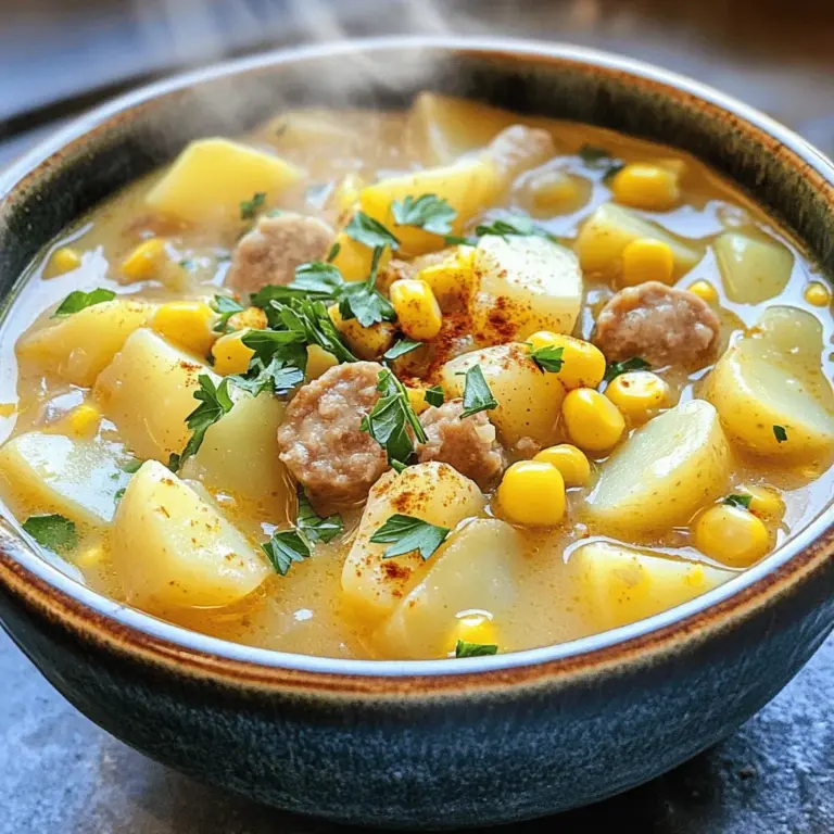 - 4 mittlere Russet-Kartoffeln, geschält und gewürfelt - 450 g Hähnchen- oder Truthahnwurst, in Scheiben geschnitten - 1 mittlere Zwiebel, gehackt - 3 Knoblauchzehen, fein gehackt In diesem Rezept sind die Hauptzutaten einfach zu finden. Russet-Kartoffeln sind perfekt, weil sie gut kochen. Die Wurst gibt dem Eintopf einen herzhaften Geschmack. Zwiebeln und Knoblauch bringen eine tolle Würze. - 960 ml Hühnerbrühe - 240 ml Schlagsahne - 1 Teelöffel Thymian - 1 Teelöffel geräuchertes Paprika Hühnerbrühe ist die Basis für den Eintopf. Sie gibt viel Geschmack und macht ihn reichhaltig. Schlagsahne verleiht eine cremige Konsistenz. Thymian und geräuchertes Paprika bringen zusätzliche Aromen und Tiefe. - 300 g Mais (frisch oder gefroren) - Salz und Pfeffer nach Geschmack - 2 Esslöffel Olivenöl - Frische Petersilie, gehackt, zum Garnieren Mais gibt dem Eintopf eine süße Note. Salz und Pfeffer sind wichtig, um den Geschmack zu betonen. Olivenöl hilft, die Wurst anzubraten und bringt gesunde Fette. Frische Petersilie ist eine schöne Garnitur. Für das vollständige Rezept, schauen Sie sich das [Full Recipe] an. - Kartoffeln schälen und würfeln - Wurst in Scheiben schneiden - Zwiebeln und Knoblauch vorbereiten Zuerst kümmere dich um die Kartoffeln. Du musst sie schälen und dann in kleine Würfel schneiden. Das hilft, dass sie gleichmäßig garen. Nimm dir dann die Wurst. Schneide sie in dünne Scheiben. Die Zwiebel kommt als Nächstes. Hacke sie fein. Schließlich nimm den Knoblauch und hacke ihn ebenfalls klein. Diese Schritte sind wichtig für den Geschmack. - Wurst anbraten und beiseite stellen - Zwiebeln und Knoblauch anschwitzen - Kartoffeln und Brühe hinzufügen, köcheln lassen Jetzt erhitzt du das Olivenöl in einem großen Topf. Füge die Wurstscheiben hinzu und brate sie. Es dauert etwa 5 bis 7 Minuten. Die Wurst sollte schön braun sein. Danach nimm die Wurst aus dem Topf und stelle sie beiseite. Im selben Topf kommen die Zwiebeln. Brate sie für 3 bis 4 Minuten, bis sie glasig sind. Jetzt kommt der Knoblauch dazu. Brate ihn für eine weitere Minute mit. Dann gib die gewürfelten Kartoffeln und die Hühnerbrühe in den Topf. Lass alles aufkochen und dann köcheln. Das dauert 15 bis 20 Minuten. - Kartoffeln leicht zerdrücken - Mais und Schlagsahne hinzufügen - Abschmecken und servieren Wenn die Kartoffeln weich sind, nimm einen Kartoffelstampfer. Zerdrücke einige Kartoffeln leicht. So wird die Chowder dicker. Dabei solltest du einige Stücke ganz lassen, für die Textur. Jetzt kommt der Mais in den Topf, gefolgt von der Schlagsahne. Rühre gut um und gib die Wurst wieder dazu. Lass alles für 5 bis 7 Minuten köcheln. Abschmecke die Chowder. Füge nach Belieben Salz und Pfeffer hinzu. Dann ist die Chowder fertig zum Servieren. Du kannst das Rezept hier [Full Recipe] nachlesen. Um den Geschmack Ihres Kartoffel-Wurst Eintopfs zu verbessern, probieren Sie verschiedene Gewürze aus. - Kreuzkümmel: Fügt eine warme Note hinzu. - Lorbeerblätter: Geben einen tollen, herzhaften Geschmack. - Frische Kräuter: Petersilie oder Schnittlauch bieten Frische. Um den Geschmack zu intensivieren, bereiten Sie die Zutaten vor. Lassen Sie die Zwiebeln und den Knoblauch einige Minuten anbraten. Dies bringt natürliche Süße in den Eintopf. Für eine dickere Chowder zerdrücken Sie einige Kartoffeln nach dem Kochen. Dies gibt der Chowder eine cremige Textur. Vermeiden Sie Überkochen, indem Sie die Hitze reduzieren, sobald die Chowder kocht. Rühren Sie regelmäßig um, damit nichts am Boden kleben bleibt. Die besten Beilagen zu Kartoffel-Wurst Eintopf sind knuspriges Brot oder ein frischer Salat. Diese ergänzen das Gericht gut. Servieren Sie den Eintopf in tiefen Schalen. Dies hält ihn warm und sieht ansprechend aus. Garnieren Sie mit frischer Petersilie und einem Hauch geräuchertem Paprika für extra Farbe. Für mehr Details, schauen Sie sich das [Full Recipe] an. {{image_4}} Wenn Sie eine vegetarische Version des Kartoffel und Wurst Eintopfs machen möchten, können Sie die Wurst leicht ersetzen. Nutzen Sie pflanzliche Alternativen wie Soja- oder Linsenwürste. Diese geben einen ähnlichen Geschmack und Textur. Zusätzlich können Sie Gemüsebrühe anstelle von Hühnerbrühe verwenden. Diese Brühe bringt viel Geschmack und macht das Gericht für alle geeignet. Um neue Aromen zu entdecken, denken Sie an asiatische Einflüsse. Fügen Sie beispielsweise Ingwer oder Sojasauce hinzu. Diese Zutaten bringen einen frischen, würzigen Kick in den Eintopf. Mediterrane Einflüsse sind ebenfalls eine gute Wahl. Kräuter wie Oregano oder Basilikum können dem Gericht eine neue Dimension verleihen. Diese Varianten machen den Eintopf aufregend und anders. Verwenden Sie saisonales Gemüse für den Eintopf. Im Frühling können Sie frische Erbsen oder Spargel hinzufügen. Im Herbst passen Kürbiswürfel gut. Diese Zutaten verbessern den Geschmack und die Nährstoffe. Passen Sie die Rezeptur je nach Jahreszeit an. Im Winter können Sie Wurzelgemüse wie Karotten oder Sellerie verwenden. Diese Variationen machen den Eintopf zu einem ganzjährigen Favoriten. Schauen Sie sich das Full Recipe an, um die Grundzutaten zu sehen. Um die Chowder richtig zu lagern, lasse sie zuerst abkühlen. Fülle sie dann in einen luftdichten Behälter. So bleibt der Eintopf frisch und lecker. Die Haltbarkeit im Kühlschrank beträgt bis zu fünf Tage. Achte darauf, die Chowder vor dem Servieren gut durchzuwärmen. Das Einfrieren der Chowder ist einfach. Teile sie in Portionen auf und fülle sie in gefriergeeignete Behälter. Achte darauf, etwas Platz zu lassen, damit sich die Chowder ausdehnen kann. Zum Wiederaufwärmen lasse die Chowder über Nacht im Kühlschrank auftauen. Erhitze sie langsam auf dem Herd oder in der Mikrowelle. Rühre gut um, damit sie gleichmäßig warm wird. Es gibt viele kreative Wege, Reste zu verwenden. Du kannst die Chowder als Sauce über Pasta verwenden. Oder mache eine herzhafte Gemüsepfanne, indem du die Chowder hinzufügst. Eine weitere Idee ist, sie in einem Auflauf zu verwenden. So schaffst du neue Gerichte mit dem Übriggebliebenen und reduzierst Abfall. Du kannst Kartoffel-Wurst-Eintopf im Kühlschrank bis zu fünf Tage aufbewahren. Stelle sicher, dass du ihn in einem luftdichten Behälter lagerst. Wenn du ihn einfrieren möchtest, halte ihn bis zu drei Monate frisch. Achte darauf, ihn in Portionsgrößen einzufrieren, damit du nur das auftauen musst, was du brauchst. Ja, du kannst die Wurst durch viele Alternativen ersetzen. Eine gute Option ist Tofu oder Seitan für eine vegetarische Variante. Du kannst auch andere Fleischsorten wie Rinder- oder Schweinswurst verwenden. Wenn du eine würzige Note magst, probiere Chorizo oder italienische Wurst. Zu Kartoffel-Wurst-Eintopf passen viele Beilagen. Ein einfaches Brot ist ideal, um die leckere Brühe aufzutunken. Auch ein frischer grüner Salat oder gedämpftes Gemüse ergänzen das Gericht gut. Du kannst auch knusprige Brötchen dazu anbieten. Um die Chowder glutenfrei zu machen, achte darauf, glutenfreie Brühe zu verwenden. Überprüfe die Wurst, da einige Wurstsorten Gluten enthalten können. Du kannst auch Maisstärke als Verdickungsmittel einsetzen, um die Chowder schön cremig zu machen. Für Eintöpfe sind festkochende Kartoffeln ideal. Diese Sorten behalten ihre Form gut. Russet-Kartoffeln sind besonders beliebt, da sie die Chowder cremig machen. Du kannst auch Yukon Gold verwenden, die einen tollen Geschmack haben. Der Kartoffel-Wurst-Eintopf ist einfach und lecker. Wir haben die Hauptzutaten, die Zubereitung und viele Tipps geteilt. Variationen des Rezepts ermöglichen Anpassungen für jeden Geschmack. Das Aufbewahren und kreative Nutzen von Resten machen dieses Gericht nachhaltig. Die Antworten auf häufige Fragen helfen dir, häufige Fehler zu vermeiden. Probiere dieses Rezept aus und genieße einen herzhaften Eintopf.