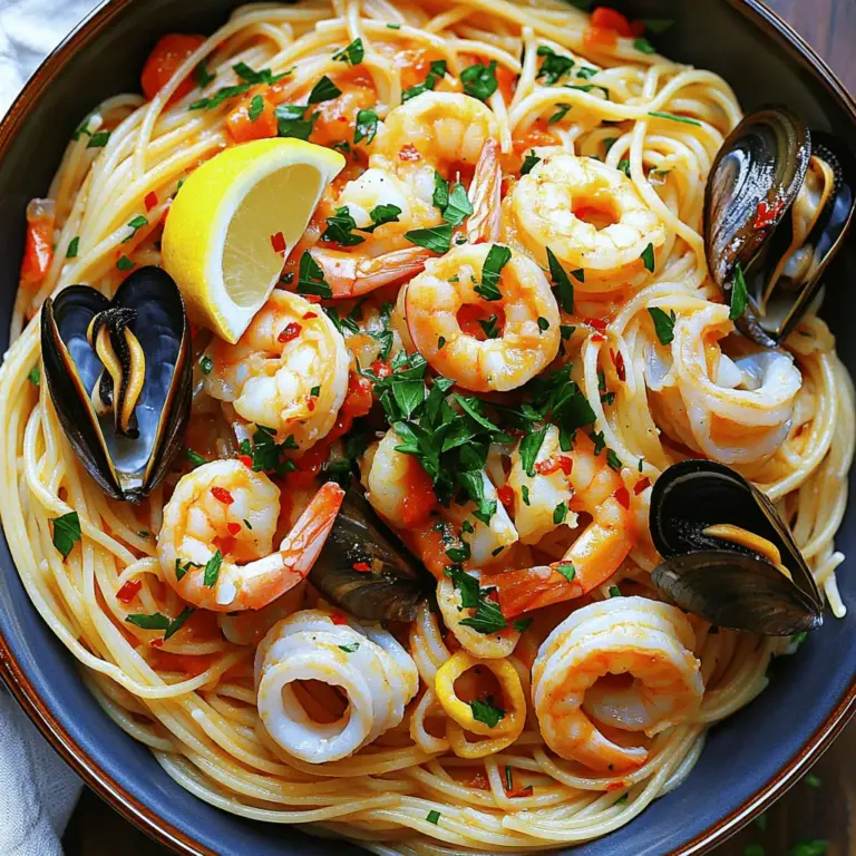 Für dieses leckere Gericht brauchen Sie folgende Hauptzutaten: - 300g Spaghetti oder Linguine - 200g Garnelen, geschält und entdarmt - 200g Muscheln, gereinigt und enthaart - 200g Calamari, gereinigt und in Ringe geschnitten Die Pasta ist das Herzstück. Spaghetti oder Linguine passen perfekt zu den Meeresfrüchten. Garnelen bringen süßen Geschmack, während Muscheln und Calamari eine salzige Note hinzufügen. Wählen Sie frische Meeresfrüchte für die beste Qualität. Garnelen sollten fest und glänzend sein. Muscheln müssen geschlossen sein. Offene Muscheln sind nicht frisch. Calamari sollten einen milden Geruch haben. Kaufen Sie die Meeresfrüchte am besten am Morgen, wenn sie frisch vom Markt kommen. Die richtigen Gewürze machen den Unterschied. Hier sind die Zutaten, die Sie benötigen: - 3 Knoblauchzehen, fein gehackt - 1 Teelöffel rote Chiliflocken - 400g Dosen-Tomaten, gewürfelt - 1 Tasse Gemüsebrühe - 3 Esslöffel Olivenöl - Salz und Pfeffer nach Geschmack - Frische Petersilie, gehackt (zum Garnieren) - Zesten von 1 Zitrone Knoblauch gibt ein starkes Aroma. Chiliflocken bringen eine schöne Schärfe. Dosen-Tomaten sorgen für die Sauce. Olivenöl bringt den Geschmack zusammen. Zitronenzesten fügen Frische hinzu. Frische Petersilie ist das I-Tüpfelchen für die Garnitur. Für das gesamte Rezept schauen Sie sich die [Full Recipe] an. Um perfekte Pasta zu machen, koche einen großen Topf mit Wasser. Füge etwa 1 Esslöffel Salz hinzu, um den Geschmack zu verbessern. Wenn das Wasser sprudelt, gib die Spaghetti oder Linguine hinein. Koche sie nach der Anleitung auf der Packung, bis sie al dente sind. Halte eine Tasse des Kochwassers zurück, bevor du die Pasta abgießt. Erhitze in einer großen Pfanne 3 Esslöffel Olivenöl bei mittlerer Hitze. Füge die fein gehackten Knoblauchzehen und 1 Teelöffel rote Chiliflocken hinzu. Brate sie etwa 1 Minute lang an, bis sie duften. Achte darauf, dass der Knoblauch nicht verbrennt, denn das schmeckt bitter. Erhöhe die Hitze auf mittelhoch. Jetzt kommen die 200g Garnelen, 200g Muscheln und 200g Calamari in die Pfanne. Koche alles für etwa 3-4 Minuten. Die Garnelen sollten rosa werden und die Muscheln beginnen, sich zu öffnen. Gib die 400g gewürfelten Dosen-Tomaten und 1 Tasse Gemüsebrühe in die Pfanne. Rühre alles gut um und bringe die Mischung zum Köcheln. Lass die Sauce 5-7 Minuten köcheln, damit sie gut schmeckt. Schmecke die Sauce mit Salz, Pfeffer und den Zesten von 1 Zitrone ab. Jetzt ist es Zeit, die abgetropfte Pasta in die Pfanne zu geben. Vermenge die Pasta gut mit der Meeresfrüchte-Sauce. Wenn die Sauce zu dick ist, füge etwas vom aufbewahrten Pasta-Wasser hinzu, um die gewünschte Konsistenz zu erreichen. Nimm die Pfanne vom Herd und garniere das Gericht mit frischer, gehackter Petersilie. Du kannst auch einen Zitronenschnitz dazugeben, damit jeder nach Belieben etwas Zitrone auspressen kann. Für mehr Schärfe streue einen Hauch von Chiliflocken oben drauf. Bon Appétit! Wenn Sie frische Meeresfrüchte wählen, achten Sie auf einige wichtige Punkte. Sehen Sie sich die Farbe an. Muscheln und Garnelen sollten lebhaft und glänzend sein. Riechen Sie daran. Frische Meeresfrüchte sollten nach Meer riechen, nicht fischig. Fragen Sie beim Kauf nach der Herkunft. Frische Meerestiere stammen oft aus nachhaltigem Fang. Überprüfen Sie das Verfallsdatum, wenn Sie verpackte Meeresfrüchte kaufen. Kaufen Sie auch nur von vertrauenswürdigen Händlern. Die Kochzeit variiert je nach Art der Meeresfrüchte. Hier sind einige Richtwerte: - Garnelen: 2-4 Minuten, bis sie rosa sind. - Muscheln: 5-7 Minuten, bis sie sich öffnen. - Calamari: 2-3 Minuten, bis sie zart sind. Überkochen Sie die Meeresfrüchte nicht. Sie werden zäh und verlieren ihren Geschmack. Achten Sie darauf, die Hitze gut zu regulieren. Um den Geschmack Ihrer Frutti di Mare Pasta zu verbessern, probieren Sie diese Tipps: - Fügen Sie frische Kräuter wie Basilikum oder Oregano hinzu. - Verwenden Sie hochwertige Olivenöle für mehr Tiefe. - Ein Spritzer Zitrone am Ende bringt Frische. - Experimentieren Sie mit verschiedenen Gewürzen, z.B. Safran oder Fenchelsamen. All diese Zutaten können Sie im [Full Recipe] nutzen, um Ihre Pasta noch köstlicher zu machen. {{image_4}} Wenn Sie eine vegetarische Version von Frutti di Mare Pasta möchten, gibt es viele Optionen. Ersetzen Sie die Meeresfrüchte durch frisches Gemüse. Zucchini, Paprika und Brokkoli sind tolle Alternativen. Auch Artischocken und Oliven bringen einen schönen Geschmack. Verwenden Sie zusätzlich Tofu oder Seitan für mehr Struktur. Kombinieren Sie die Gemüsesorten mit der gleichen Sauce für ein leckeres Gericht. In Italien gibt es viele regionale Variationen von Frutti di Mare Pasta. In Neapel fügen Köche oft Kapern und Oliven hinzu. In der Toskana verwenden sie frische Tomaten und Basilikum, um einen anderen Geschmack zu erzeugen. Auf Sizilien wird der Einsatz von Zitrusfrüchten wie Orange oder Zitrone beliebt. Jede Region hat ihren eigenen Twist, der die Pasta besonders macht. Sie können die Meeresfrüchte nach Ihrem Geschmack anpassen. Probieren Sie verschiedene Sorten wie Jakobsmuscheln oder Krabben. Auch Fisch wie Kabeljau oder Lachs ist eine gute Wahl. Wenn Sie es schärfer mögen, fügen Sie mehr Chiliflocken hinzu. Für einen frischen Kick verwenden Sie frische Kräuter wie Basilikum oder Thymian. Diese kleinen Änderungen machen das Gericht einzigartig und spannend. Um die Reste deiner Frutti di Mare Pasta gut zu lagern, folge diesen Schritten: - Lass das Gericht auf Raumtemperatur abkühlen. - Fülle die Pasta in einen luftdichten Behälter. - Stelle sicher, dass du die Meeresfrüchte gleichmäßig verpackst. - Du kannst die Reste bis zu drei Tage im Kühlschrank aufbewahren. Wenn du bereit bist, die Reste zu essen, erwärme sie einfach. Hier ist, wie ich es mache: - Nimm die Reste aus dem Kühlschrank. - Gib sie in eine Pfanne mit einem Spritzer Olivenöl. - Erhitze sie bei mittlerer Hitze. - Füge etwas Wasser oder Brühe hinzu, wenn die Pasta trocken ist. - Rühre gut um, bis alles heiß ist. Die Haltbarkeit ist wichtig, um die Frische zu bewahren. - Im Kühlschrank bleibt die Pasta bis zu drei Tage frisch. - Du kannst die Pasta auch einfrieren. - Im Gefrierschrank hält sie bis zu drei Monate. - Achte darauf, die Pasta in einem gefrierfesten Behälter zu lagern. - So hast du immer eine köstliche Mahlzeit zur Hand! Mit diesen einfachen Tipps bleibt deine Frutti di Mare Pasta lecker und frisch! Frutti di Mare Pasta ist ein italienisches Gericht. Es bedeutet „Früchte des Meeres“. Dieses Gericht verbindet verschiedene Meeresfrüchte mit Pasta. Die häufigsten Zutaten sind Garnelen, Muscheln und Calamari. Die Sauce ist oft tomatig und würzig. Frutti di Mare Pasta ist einfach zuzubereiten und sehr lecker. Sie schmeckt nach dem Meer und frischen Zutaten. Die Zubereitung von Frutti di Mare Pasta dauert etwa 30 Minuten. Davon sind 15 Minuten für die Vorbereitung. Das Kochen der Pasta und der Meeresfrüchte dauert weitere 15 Minuten. Es ist ein schnelles Gericht, ideal für ein Abendessen unter der Woche. Zu Frutti di Mare Pasta passen am besten leichte Weißweine. Ein trockener Sauvignon Blanc ist eine gute Wahl. Er ergänzt die frischen Meeresfrüchte. Ein Pinot Grigio bringt auch frische Aromen. Beide Weine heben den Geschmack des Gerichts hervor. Vermeide schwere Rotweine, da sie den feinen Geschmack überdecken. Ja, gefrorene Meeresfrüchte sind eine gute Option. Sie sind oft frisch gefangen und schnell eingefroren. Achte darauf, sie vor dem Kochen aufzutauen. Das geht am besten über Nacht im Kühlschrank. Gefrorene Meeresfrüchte können genauso lecker sein wie frische. Verwende sie in deinem Rezept für Frutti di Mare Pasta. Du kannst das [Full Recipe] dafür nutzen! Zusammenfassend haben wir die Zutaten und die Zubereitung von Frutti di Mare Pasta behandelt. Du hast gelernt, welche frischen Meeresfrüchte gut geeignet sind und wie man die Pasta perfekt zubereitet. Tipps und Variationen helfen dir, das Gericht zu verfeinern. Denke daran, Reste richtig zu lagern, um deren Haltbarkeit zu maximieren. Mit diesen Informationen kannst du ein köstliches Gericht zaubern, das alle beeindruckt. Viel Spaß beim Kochen und Genießen deiner Frutti di Mare Pasta!