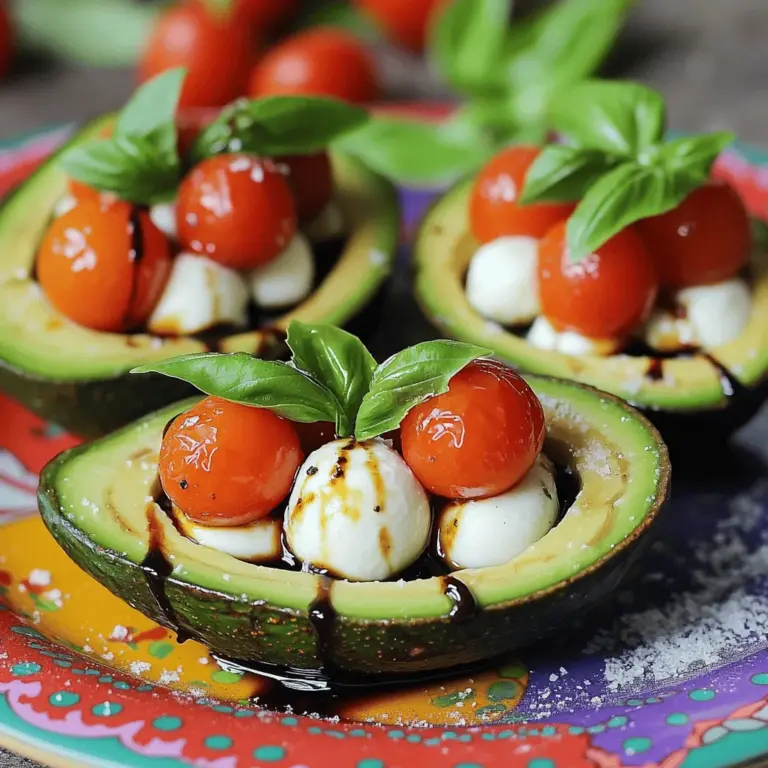 Für die Caprese gefüllten Avocados benötigst du wenige, frische Zutaten. Hier ist, was du brauchst: - 2 reife Avocados - 1 Tasse Kirschtomaten, halbiert - 1 Tasse frische Mozzarella-Bällchen (Bocconcini) - 1/4 Tasse frische Basilikumblätter, gehackt - 2 Esslöffel Balsamico-Glasur - 1 Esslöffel extra natives Olivenöl - Salz und Pfeffer nach Geschmack Diese Zutaten ergeben eine leckere und gesunde Mahlzeit. Die Avocado gibt eine cremige Basis, während die Tomaten und der Mozzarella einen frischen Geschmack bieten. Frische Kräuter sind ideal für dieses Rezept. Sie bringen mehr Aroma und Farbe. Ich empfehle, immer frisches Basilikum zu verwenden. Getrocknete Kräuter sind oft weniger intensiv im Geschmack. Wenn du jedoch keine frischen Kräuter hast, kannst du getrocknete verwenden. Beachte, dass du weniger davon brauchst. Ein Teelöffel getrocknetes Basilikum ersetzt etwa einen Esslöffel frisches Basilikum. Die Nährwerte für eine Portion Caprese gefüllte Avocados sind sehr ausgewogen: - Kalorien: etwa 300 - Fett: 24 g - Kohlenhydrate: 15 g - Eiweiß: 9 g Diese Nährwerte machen das Gericht zu einer tollen Wahl für ein leichtes Mittagessen oder einen Snack. Es liefert gesunde Fette und Proteine. Das macht die gefüllten Avocados sättigend und nahrhaft. Achte darauf, die Portionen nicht zu groß zu machen, um die Balance zu halten. Wenn du mehr über die Zubereitung erfahren möchtest, schau dir das Full Recipe an. Um die Avocados vorzubereiten, schneide sie der Länge nach durch. Entferne vorsichtig den Kern. Mit einem Löffel kannst du etwas Fruchtfleisch herausnehmen, um mehr Platz zu schaffen. Bewahre das entfernte Fruchtfleisch auf, um es später zu verwenden. Es passt gut in einen Smoothie oder einen Dip. Jetzt bereitest du die Füllung vor. Nimm eine Schüssel und gib die halbierten Kirschtomaten hinein. Füge die frischen Mozzarella-Bällchen und die gehackten Basilikumblätter hinzu. Beträufle alles mit dem Olivenöl. Würze die Mischung mit Salz und Pfeffer. Mische alles gut, bis die Zutaten gleichmäßig verteilt sind. Diese Mischung bringt die Aromen zusammen und macht die Füllung frisch und lecker. Nimm die vorbereiteten Avocadohälften und fülle sie großzügig mit der Tomaten- und Mozzarella-Mischung. Achte darauf, dass du nicht zu viel drückst, damit die Avocados nicht brechen. Träufle die Balsamico-Glasur darüber, um eine süße Note hinzuzufügen. Du kannst auch etwas gehacktes Basilikum zur Dekoration verwenden. Das macht die Avocados noch schöner. Serviere sie auf einem bunten Teller für einen tollen Look. Du kannst die gefüllten Avocados auch kalt halten, bis du bereit bist, sie zu genießen. Schau dir das [Full Recipe] an, um alle Schritte im Detail zu sehen. Um die Avocados perfekt zu schneiden, wähle reife Früchte. Drücke sanft darauf; sie sollten leicht nachgeben. Halbiere die Avocado der Länge nach. Setze das Messer an den Kern und drehe die Avocado. Entferne den Kern vorsichtig mit einem Löffel. Mit einem Löffel kannst du etwas Fruchtfleisch herausnehmen, um mehr Platz für die Füllung zu schaffen. So bleiben die Hälften stabil und die Füllung passt gut hinein. Du kannst die Caprese gefüllten Avocados ganz nach deinem Geschmack anpassen. Füge schwarze Oliven für einen salzigen Kick hinzu. Oder probiere geröstete Pinienkerne für einen nussigen Geschmack. Ein Spritzer Zitronensaft kann die Frische erhöhen. Wenn du es scharf magst, füge einige gehackte Peperoni hinzu. Sei kreativ und entdecke neue Kombinationen, die dir gefallen! Wenn du mehr Portionen zubereiten möchtest, steigere die Zutaten einfach. Für jede zusätzliche Avocado, füge eine halbe Tasse Kirschtomaten und eine halbe Tasse Mozzarella hinzu. Denke daran, die Balsamico-Glasur und das Olivenöl nach Bedarf anzupassen. Teile die gefüllten Avocados auf einem großen Teller an, wenn du Gäste hast. So sieht es schön aus und jeder kann probieren. {{image_4}} Für eine vegetarische Version kannst du den Mozzarella einfach weglassen. Stattdessen nutze mehr Kirschtomaten und Basilikum. Du kannst auch eine vegane Käsealternative verwenden. Diese gibt deinem Gericht eine cremige Note. Ein Spritzer Zitrone kann auch helfen, den Geschmack zu heben. Wenn du etwas Abwechslung magst, probiere verschiedene Füllungen. Füge gegrilltes Gemüse, wie Zucchini oder Paprika, hinzu. Du kannst auch Quinoa oder Hummus verwenden. Diese Varianten bringen neue Texturen und Geschmäcker in dein Gericht. So bleibt es spannend und lecker. Caprese gefüllte Avocados sind ideal für viele Anlässe. Serviere sie als Vorspeise bei einer Feier oder als Snack für Gäste. Für ein Picknick kannst du sie leicht transportieren. Stelle sie auf eine schöne Platte mit frischen Kräutern. So sehen sie noch einladender aus. Diese gefüllten Avocados passen zu vielen Gerichten und sind immer ein Hit. Wenn du die gefüllten Avocados aufbewahren möchtest, lege sie in einen luftdichten Behälter. So bleiben sie frisch und lecker. Du kannst sie auch in Frischhaltefolie einwickeln. Stelle sicher, dass die Avocados gut abgedeckt sind, damit sie nicht austrocknen. Avocados neigen dazu, sich schnell zu verfärben. Um dies zu verhindern, träufle etwas Zitronensaft auf die Schnittflächen. Der Saft hilft, die Farbe zu bewahren. Alternativ kannst du die Avocadohälften mit der Füllung abdecken. So bleibt die grüne Farbe länger erhalten. Im Kühlschrank sind gefüllte Avocados etwa 1 bis 2 Tage haltbar. Achte darauf, sie gut verpackt zu lagern, um die Frische zu erhalten. Wenn du sie länger aufbewahren möchtest, empfehle ich, die Füllung separat zu lagern. So bleiben die Zutaten frisch und knackig. Für das beste Ergebnis genieße die gefüllten Avocados frisch, direkt nach der Zubereitung. Wenn du mehr Details benötigst, schau dir das Full Recipe an. Die Zubereitung dauert nur 10 Minuten. Das ist schnell und einfach. Du kannst die Avocados in der Zwischenzeit vorbereiten. Die frischen Zutaten machen es schnell. Ja, du kannst andere Käsesorten verwenden. Feta oder Ziegenkäse sind tolle Alternativen. Sie bringen einen anderen Geschmack. Achte darauf, dass der Käse gut schmilzt oder gut mit den anderen Zutaten harmoniert. Zu Caprese gefüllten Avocados passen viele Beilagen. Ein frischer grüner Salat ist perfekt. Auch geröstetes Brot oder Knäckebrot passt gut dazu. Du kannst auch ein leichtes Dressing für den Salat verwenden. So bleibt die Mahlzeit leicht und lecker. Für die vollständige Zubereitung schau dir das [Full Recipe] an. Caprese gefüllte Avocados sind einfach zuzubereiten und lecker. Wir haben die besten Zutaten gesehen und die Schritt-für-Schritt-Anleitung. Außerdem habe ich Tipps zur perfekten Zubereitung gegeben. Variationen machen deine Avocado-Reise spannend und kreativ. Denk daran, sie richtig zu lagern, damit sie frisch bleiben. Mit diesen Infos kannst du ganz einfach köstliche Avocados zubereiten. Probiere verschiedene Füllungen und serviere sie bei deinem nächsten Anlass!