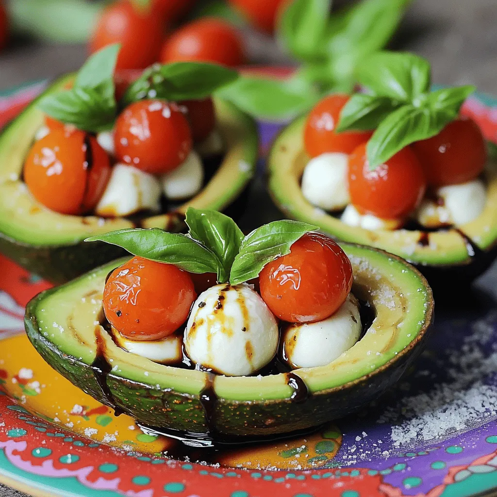 Für die Caprese gefüllten Avocados benötigst du wenige, frische Zutaten. Hier ist, was du brauchst: - 2 reife Avocados - 1 Tasse Kirschtomaten, halbiert - 1 Tasse frische Mozzarella-Bällchen (Bocconcini) - 1/4 Tasse frische Basilikumblätter, gehackt - 2 Esslöffel Balsamico-Glasur - 1 Esslöffel extra natives Olivenöl - Salz und Pfeffer nach Geschmack Diese Zutaten ergeben eine leckere und gesunde Mahlzeit. Die Avocado gibt eine cremige Basis, während die Tomaten und der Mozzarella einen frischen Geschmack bieten. Frische Kräuter sind ideal für dieses Rezept. Sie bringen mehr Aroma und Farbe. Ich empfehle, immer frisches Basilikum zu verwenden. Getrocknete Kräuter sind oft weniger intensiv im Geschmack. Wenn du jedoch keine frischen Kräuter hast, kannst du getrocknete verwenden. Beachte, dass du weniger davon brauchst. Ein Teelöffel getrocknetes Basilikum ersetzt etwa einen Esslöffel frisches Basilikum. Die Nährwerte für eine Portion Caprese gefüllte Avocados sind sehr ausgewogen: - Kalorien: etwa 300 - Fett: 24 g - Kohlenhydrate: 15 g - Eiweiß: 9 g Diese Nährwerte machen das Gericht zu einer tollen Wahl für ein leichtes Mittagessen oder einen Snack. Es liefert gesunde Fette und Proteine. Das macht die gefüllten Avocados sättigend und nahrhaft. Achte darauf, die Portionen nicht zu groß zu machen, um die Balance zu halten. Wenn du mehr über die Zubereitung erfahren möchtest, schau dir das Full Recipe an. Um die Avocados vorzubereiten, schneide sie der Länge nach durch. Entferne vorsichtig den Kern. Mit einem Löffel kannst du etwas Fruchtfleisch herausnehmen, um mehr Platz zu schaffen. Bewahre das entfernte Fruchtfleisch auf, um es später zu verwenden. Es passt gut in einen Smoothie oder einen Dip. Jetzt bereitest du die Füllung vor. Nimm eine Schüssel und gib die halbierten Kirschtomaten hinein. Füge die frischen Mozzarella-Bällchen und die gehackten Basilikumblätter hinzu. Beträufle alles mit dem Olivenöl. Würze die Mischung mit Salz und Pfeffer. Mische alles gut, bis die Zutaten gleichmäßig verteilt sind. Diese Mischung bringt die Aromen zusammen und macht die Füllung frisch und lecker. Nimm die vorbereiteten Avocadohälften und fülle sie großzügig mit der Tomaten- und Mozzarella-Mischung. Achte darauf, dass du nicht zu viel drückst, damit die Avocados nicht brechen. Träufle die Balsamico-Glasur darüber, um eine süße Note hinzuzufügen. Du kannst auch etwas gehacktes Basilikum zur Dekoration verwenden. Das macht die Avocados noch schöner. Serviere sie auf einem bunten Teller für einen tollen Look. Du kannst die gefüllten Avocados auch kalt halten, bis du bereit bist, sie zu genießen. Schau dir das [Full Recipe] an, um alle Schritte im Detail zu sehen. Um die Avocados perfekt zu schneiden, wähle reife Früchte. Drücke sanft darauf; sie sollten leicht nachgeben. Halbiere die Avocado der Länge nach. Setze das Messer an den Kern und drehe die Avocado. Entferne den Kern vorsichtig mit einem Löffel. Mit einem Löffel kannst du etwas Fruchtfleisch herausnehmen, um mehr Platz für die Füllung zu schaffen. So bleiben die Hälften stabil und die Füllung passt gut hinein. Du kannst die Caprese gefüllten Avocados ganz nach deinem Geschmack anpassen. Füge schwarze Oliven für einen salzigen Kick hinzu. Oder probiere geröstete Pinienkerne für einen nussigen Geschmack. Ein Spritzer Zitronensaft kann die Frische erhöhen. Wenn du es scharf magst, füge einige gehackte Peperoni hinzu. Sei kreativ und entdecke neue Kombinationen, die dir gefallen! Wenn du mehr Portionen zubereiten möchtest, steigere die Zutaten einfach. Für jede zusätzliche Avocado, füge eine halbe Tasse Kirschtomaten und eine halbe Tasse Mozzarella hinzu. Denke daran, die Balsamico-Glasur und das Olivenöl nach Bedarf anzupassen. Teile die gefüllten Avocados auf einem großen Teller an, wenn du Gäste hast. So sieht es schön aus und jeder kann probieren. {{image_4}} Für eine vegetarische Version kannst du den Mozzarella einfach weglassen. Stattdessen nutze mehr Kirschtomaten und Basilikum. Du kannst auch eine vegane Käsealternative verwenden. Diese gibt deinem Gericht eine cremige Note. Ein Spritzer Zitrone kann auch helfen, den Geschmack zu heben. Wenn du etwas Abwechslung magst, probiere verschiedene Füllungen. Füge gegrilltes Gemüse, wie Zucchini oder Paprika, hinzu. Du kannst auch Quinoa oder Hummus verwenden. Diese Varianten bringen neue Texturen und Geschmäcker in dein Gericht. So bleibt es spannend und lecker. Caprese gefüllte Avocados sind ideal für viele Anlässe. Serviere sie als Vorspeise bei einer Feier oder als Snack für Gäste. Für ein Picknick kannst du sie leicht transportieren. Stelle sie auf eine schöne Platte mit frischen Kräutern. So sehen sie noch einladender aus. Diese gefüllten Avocados passen zu vielen Gerichten und sind immer ein Hit. Wenn du die gefüllten Avocados aufbewahren möchtest, lege sie in einen luftdichten Behälter. So bleiben sie frisch und lecker. Du kannst sie auch in Frischhaltefolie einwickeln. Stelle sicher, dass die Avocados gut abgedeckt sind, damit sie nicht austrocknen. Avocados neigen dazu, sich schnell zu verfärben. Um dies zu verhindern, träufle etwas Zitronensaft auf die Schnittflächen. Der Saft hilft, die Farbe zu bewahren. Alternativ kannst du die Avocadohälften mit der Füllung abdecken. So bleibt die grüne Farbe länger erhalten. Im Kühlschrank sind gefüllte Avocados etwa 1 bis 2 Tage haltbar. Achte darauf, sie gut verpackt zu lagern, um die Frische zu erhalten. Wenn du sie länger aufbewahren möchtest, empfehle ich, die Füllung separat zu lagern. So bleiben die Zutaten frisch und knackig. Für das beste Ergebnis genieße die gefüllten Avocados frisch, direkt nach der Zubereitung. Wenn du mehr Details benötigst, schau dir das Full Recipe an. Die Zubereitung dauert nur 10 Minuten. Das ist schnell und einfach. Du kannst die Avocados in der Zwischenzeit vorbereiten. Die frischen Zutaten machen es schnell. Ja, du kannst andere Käsesorten verwenden. Feta oder Ziegenkäse sind tolle Alternativen. Sie bringen einen anderen Geschmack. Achte darauf, dass der Käse gut schmilzt oder gut mit den anderen Zutaten harmoniert. Zu Caprese gefüllten Avocados passen viele Beilagen. Ein frischer grüner Salat ist perfekt. Auch geröstetes Brot oder Knäckebrot passt gut dazu. Du kannst auch ein leichtes Dressing für den Salat verwenden. So bleibt die Mahlzeit leicht und lecker. Für die vollständige Zubereitung schau dir das [Full Recipe] an. Caprese gefüllte Avocados sind einfach zuzubereiten und lecker. Wir haben die besten Zutaten gesehen und die Schritt-für-Schritt-Anleitung. Außerdem habe ich Tipps zur perfekten Zubereitung gegeben. Variationen machen deine Avocado-Reise spannend und kreativ. Denk daran, sie richtig zu lagern, damit sie frisch bleiben. Mit diesen Infos kannst du ganz einfach köstliche Avocados zubereiten. Probiere verschiedene Füllungen und serviere sie bei deinem nächsten Anlass!