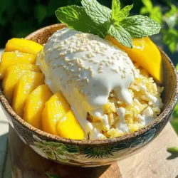 - 1 Tasse Klebreis - 1 ½ Tassen Kokosmilch - ½ Tasse Zucker Die Hauptzutaten sind einfach. Klebreis ist wichtig. Er gibt diesem Dessert die richtige Textur. Kokosmilch bringt eine süße, cremige Note. Zucker sorgt für die Süße. Kombinieren Sie diese Zutaten gut. - 2 reife Mangos - 1 Esslöffel Sesamsamen - Frische Minzblätter Die Garnitur macht das Gericht schön. Reife Mangos fügen Frische hinzu. Ihre Süße harmoniert perfekt mit dem Klebreis. Sesamsamen geben einen knackigen Biss. Minzblätter sorgen für Farbe und Frische. Diese Extras machen das Essen noch besser. Sie sollten diese Zutaten immer frisch wählen. So schmeckt es am besten. Für das vollständige Rezept schauen Sie in den Abschnitt "Full Recipe". Um den perfekten Klebreis für Thai Mango Sticky Rice zu machen, beginne ich mit dem Reis abspülen. Spüle den Klebreis unter kaltem Wasser 3-4 Mal. So entfernst du die überschüssige Stärke. Das Wasser sollte klar sein. Nach dem Abspülen lasse den Reis für 4-6 Stunden einweichen. Am besten über Nacht. Nach dem Einweichen lasse den Reis abtropfen. Lege ihn in einen Dampfkorb, der mit einem Käsetuch ausgelegt ist. Dämpfe den Reis für 30-40 Minuten. Der Reis sollte weich und zart sein. Während der Reis dämpft, bereite ich die Kokossoße vor. Ich gebe die Kokosmilch, den Zucker und das Salz in einen mittelgroßen Topf. Bei mittlerer Hitze erwärme ich die Mischung. Rühre sie, bis sich der Zucker auflöst. Lass die Soße nicht kochen. Bewahre etwa ½ Tasse dieser Kokossoße zum späteren Übergießen auf. Sobald der Reis fertig ist, gebe ich ihn in eine große Schüssel. Gieße die restliche Kokossoße über den heißen Klebreis. Falten Sie sie vorsichtig ein, damit der Reis gleichmäßig überzogen wird. Lass es für 15-20 Minuten stehen. So entfalten sich die Aromen. Um zu servieren, nehme ich eine Portion Klebreis und lege sie auf einen Teller. Arrangiere die Mangoscheiben daneben. Träufle die aufbewahrte Kokossoße darüber. Optional bestreue das Gericht mit Sesamsamen. Frische Minzblätter sind eine tolle Garnitur. Sie fügen Geschmack und Farbe hinzu. Um den besten Klebreis zu machen, ist die Einweichzeit wichtig. Ich empfehle, den Reis mindestens 4-6 Stunden einzuweichen. Optimal ist es, wenn du ihn über Nacht in Wasser lässt. So wird der Reis weich und klebrig. Bei der Dämpftechnik ist es wichtig, den Reis gleichmäßig zu dämpfen. Lege den eingeweichten Reis in einen Dampfer und nutze ein Käsetuch. Das verhindert, dass Wasser in den Reis gelangt. Dämpfe den Reis für 30-40 Minuten. Achte darauf, dass er vollständig gegart ist, bevor du ihn nimmst. Frische Zutaten machen einen großen Unterschied. Kaufe reife Mangos, die süß und saftig sind. Du kannst sie leicht drücken, um den Reifegrad zu prüfen. Wenn sie leicht nachgeben, sind sie perfekt. Die Auswahl der Mangos ist entscheidend. In Thailand wird oft die Sorte Nam Dok Mai verwendet. Diese Mangos sind sehr süß und aromatisch. Wenn du keine frischen Mangos findest, suche nach einer ähnlichen Sorte. So bleibt der Geschmack authentisch. Verwende die Tipps und tricks, um dein Gericht zu verbessern. Für das gesamte Rezept schau dir [Full Recipe] an. {{image_4}} Für vegane Varianten von Thai Mango Sticky Rice kannst du pflanzlichen Zucker verwenden. Kokoszucker oder Agavensirup sind tolle Optionen. Diese süßen Alternativen sind oft weniger verarbeitet. Sie geben dem Gericht einen einzigartigen Geschmack. Du kannst auch die Kokosmilch modifizieren. Viele Marken bieten ungesüßte Kokosmilch an. Diese ist oft leichter und gesünder. Achte darauf, dass du eine gute Qualität wählst. Du kannst auch Hafer- oder Mandelmilch verwenden. Diese geben einen anderen, aber leckeren Geschmack. Eine einfache Methode, um dein Thai Mango Sticky Rice zu verbessern, ist das Hinzufügen von Kokosraspeln. Diese verleihen dem Gericht mehr Textur und Geschmack. Streue sie einfach über den Klebreis, bevor du die Kokossoße darauf gibst. Experimentiere auch mit verschiedenen Früchten. Ananas, Papaya oder sogar Beeren sind großartig. Diese Früchte bringen Frische und Farbe auf den Teller. Du kannst auch verschiedene Kombinationen ausprobieren. Lass deiner Kreativität freien Lauf! Wenn Sie Reste von Thai Mango Sticky Rice haben, lagern Sie den abgekühlten Klebreis in einem luftdichten Behälter. So bleibt er frisch. Achten Sie darauf, dass der Behälter gut verschlossen ist. Lagern Sie den Klebreis im Kühlschrank. Er hält sich so bis zu drei Tage. Die Kokossoße können Sie ebenfalls aufbewahren. Gießen Sie die restliche Soße in einen kleinen Behälter. Stellen Sie sicher, dass der Behälter auch gut verschlossen ist. Die Soße bleibt im Kühlschrank etwa eine Woche lang frisch. Frische Zutaten sind der Schlüssel für den besten Geschmack. Achten Sie darauf, dass die Mangos reif und saftig sind. Die beste Zeit, um sie zu kaufen, ist während der Erntezeit. Diese liegt meist zwischen April und August. Verzehren Sie Thai Mango Sticky Rice am besten innerhalb von drei Tagen. So schmeckt er frisch und lecker. Wenn Sie den Klebreis oder die Soße länger lagern, könnten sie ihren Geschmack verlieren. Thai Mango Sticky Rice bleibt im Kühlschrank für 2 bis 3 Tage frisch. Lagern Sie den Klebreis und die Kokossoße getrennt. Stellen Sie sicher, dass der Reis abgekühlt ist, bevor Sie ihn einlagern. Verwenden Sie einen luftdichten Behälter, um Feuchtigkeit zu vermeiden. Ja, Sie können Thai Mango Sticky Rice auch ohne Mangos machen. Probieren Sie andere Früchte wie Papaya, Ananas oder Erdbeeren. Diese Alternativen bringen frische Aromen und Farben in Ihr Gericht. Auch eine Kombination aus verschiedenen Früchten kann gut schmecken. Ja, Thai Mango Sticky Rice ist glutenfrei. Klebreis, das Hauptbestandteil ist, enthält kein Gluten. Achten Sie jedoch darauf, dass die Kokosmilch und andere Zutaten auch glutenfrei sind. So können Sie sicher genießen. Thai Mango Sticky Rice hat seine Wurzeln in Thailand. Es ist ein beliebtes Dessert, das oft bei Festen und Feiern serviert wird. Dieses Gericht zeigt die Verbindung von süßen und salzigen Aromen, die in der thailändischen Küche geschätzt werden. Es symbolisiert auch die Frische tropischer Früchte. Thai Mango Sticky Rice ist ein einfaches, aber schmackhaftes Dessert. Du hast gelernt, welche Zutaten du brauchst, und wie du sie zubereitest. Die Tipps helfen dir, die perfekte Konsistenz und den besten Geschmack zu erzielen. Variationen geben dir die Möglichkeit, kreativ zu sein, während die Lagerungshinweise sicherstellen, dass du Reste gut aufbewahrst. Denke daran, frische Zutaten zu wählen, um das Beste aus diesem Gericht herauszuholen. Probiere es selbst aus und entdecke, wie einfach es ist, diese thailändische Köstlichkeit zu machen.