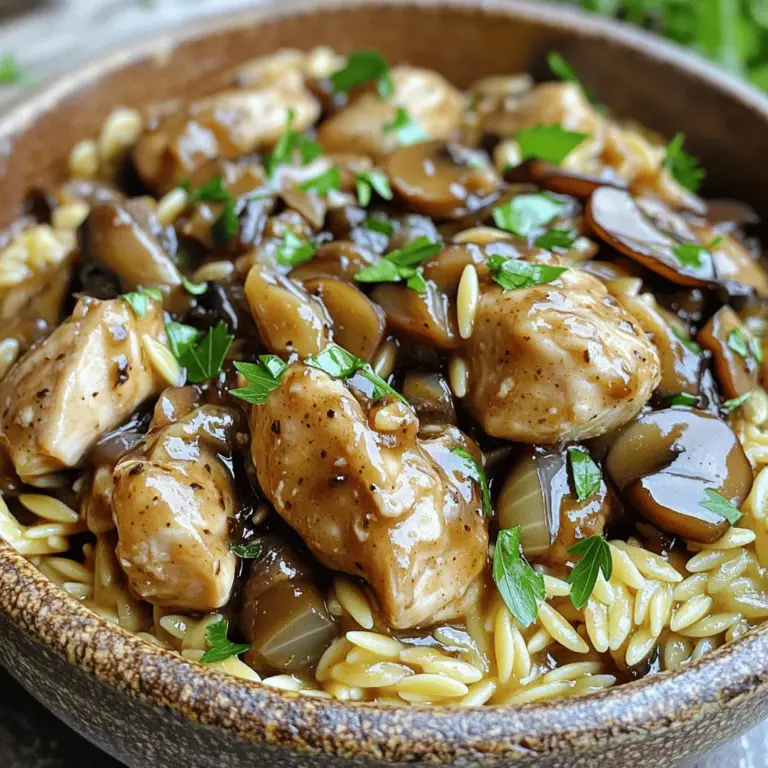 - 450 g Hähnchenbrustfilets ohne Haut und Knochen, in mundgerechte Stücke geschnitten - 150 g Orzo-Nudeln - 150 g Champignons, in Scheiben geschnitten Die Hauptzutaten sind die Basis für unser Gericht. Hähnchenbrustfilets geben uns zartes Fleisch, das gut kocht. Orzo-Nudeln sind kleine, reisähnliche Pasta, die schnell garen. Champignons fügen einen schönen, erdigen Geschmack hinzu. - 1 Esslöffel Olivenöl - 1 Esslöffel Balsamico-Essig - 1 Teelöffel getrockneter Thymian - 1 Teelöffel Knoblauchpulver Die Gewürze und Öle bringen Leben in unser Gericht. Olivenöl sorgt für Geschmack und hilft beim Anbraten. Balsamico-Essig fügt eine süß-saure Note hinzu. Thymian und Knoblauchpulver geben uns ein tolles Aroma. - 480 ml Hühnerbrühe - 1 mittelgroße Zwiebel, fein gehackt - 3 Knoblauchzehen, minced - Frische Petersilie, gehackt, zum Garnieren Weitere Zutaten bringen Tiefe und Geschmack. Hühnerbrühe macht das Gericht saftig. Zwiebeln und Knoblauch geben uns eine aromatische Basis. Frische Petersilie bringt eine schöne Farbe und Frische. Für das vollständige Rezept, schau dir [Full Recipe] an. - Hähnchenstücke anbraten Erhitze das Olivenöl in einer großen Pfanne. Gib die Hähnchenstücke hinein. Würze sie mit Salz, Pfeffer und etwas Knoblauchpulver. Brate sie für 5-7 Minuten an, bis sie goldbraun sind. Nehme das Hähnchen aus der Pfanne und lege es beiseite. - Zwiebel und Champignons sautieren Füge im gleichen Bratfett die gehackte Zwiebel und die geschnittenen Champignons hinzu. Sautiere sie für etwa 5 Minuten. Die Zwiebel sollte glasig sein und die Pilze zart. - Brühe und Balsamico hinzufügen Gib den minced Knoblauch und den getrockneten Thymian dazu. Brate alles für 1-2 Minuten weiter. Dann gieße die Hühnerbrühe und den Balsamico-Essig in die Pfanne. Rühre gut um, bis alles vermischt ist. Lass die Mischung aufkochen. - Orzo-Nudeln und Hähnchen integrieren Rühre die Orzo-Nudeln ein und lege das angebratene Hähnchen zurück in die Pfanne. Reduziere die Hitze auf niedrig und decke die Pfanne ab. Lass alles für 10-12 Minuten köcheln. Rühre gelegentlich um, damit nichts anklebt. - Gericht würzen und servieren Probiere das Gericht und passe die Würze mit mehr Salz oder Pfeffer an. Nimm die Pfanne vom Herd und lass es für 2-3 Minuten ruhen. Serviere das Hähnchen Marsala Orzo in Schalen und garniere es mit frischer Petersilie. Du findest das vollständige Rezept in der vorherigen Sektion. - Hähnchen richtig anbraten: Brate das Hähnchen in einer großen Pfanne an. Erhitze das Olivenöl gut. Das Hähnchen muss goldbraun sein. So bleibt es saftig und lecker. - Flüssigkeit während des Kochens im Auge behalten: Achte darauf, dass die Brühe nicht zu schnell verdampft. Rühre oft um, um ein Ankleben zu vermeiden. - Überkochen der Orzo-Nudeln: Orzo braucht nicht lange zum Kochen. Halte dich an die Kochzeit. Wenn sie zu weich sind, wird das Gericht matschig. - Falsches Würzen: Zu viel oder zu wenig Salz kann den Geschmack ruinieren. Schmecke immer wieder ab und passe die Würze an. - Zutaten im Voraus schneiden: Schneide alles vor dem Kochen. So sparst du Zeit und kannst dich besser auf das Kochen konzentrieren. - Parallel arbeiten: Während das Hähnchen brät, schneide das Gemüse. So geht alles schneller und du bekommst ein tolles Ergebnis. {{image_4}} Einer der besten Teile von Hähnchen Marsala Orzo ist die Vielfalt. Du kannst mit verschiedenen Zutaten spielen, um das Gericht nach deinem Geschmack zu gestalten. Eine mediterrane Note bringt frisches Gemüse. Füge schwarze Oliven und zerbröckelten Feta hinzu. Diese Zutaten sorgen für einen tollen Geschmack. Die Oliven geben einen salzigen, herzhaften Biss. Der Feta bringt eine cremige Textur. Das Gericht wird so noch bunter und aromatischer. Wenn du mehr Gemüse magst, probiere Spinat oder Zucchini. Füge frischen Spinat in den letzten Minuten des Kochens hinzu. Zucchini kannst du in kleine Stücke schneiden und mit den Champignons anbraten. Diese Gemüsevariationen machen das Gericht leicht und frisch. Sie sind eine gute Wahl für ein gesundes Essen. Hähnchen ist nicht die einzige Option. Du kannst auch mit anderen Fleischsorten experimentieren. Kalbfleisch oder Pute passen gut zu diesem Rezept. Für eine vegetarische Variante kannst du Tofu oder Kichererbsen verwenden. Diese Proteinvarianten machen dein Gericht einzigartig und lecker. Denke daran, deine Variationen gut zu würzen. So bleibt der Geschmack intensiv und köstlich. Wenn du mehr Ideen brauchst, schau dir das Full Recipe an. Das Hähnchen Marsala Orzo hält sich im Kühlschrank bis zu drei Tage. Achte darauf, es in einem luftdichten Behälter zu lagern. So bleibt der Geschmack frisch. Vor dem Essen kannst du einfach eine Portion herausnehmen. Das Gericht lässt sich gut einfrieren. Teile das Orzo in Portionen auf und verwende gefriergeeignete Behälter. Achte darauf, die Flüssigkeit etwas zu reduzieren, da sie beim Einfrieren expandiert. Zum Auftauen, lege das Gericht über Nacht in den Kühlschrank. Um das Hähnchen Marsala Orzo aufzuwärmen, nutze eine Pfanne oder die Mikrowelle. In der Pfanne, erwärme es bei mittlerer Hitze. Füge etwas Brühe hinzu, um die Feuchtigkeit zu erhalten. In der Mikrowelle, erwärme es in kurzen Intervallen und rühre zwischendurch um. So bleibt es gleichmäßig warm und lecker. Die Zubereitungszeit für Hähnchen Marsala Orzo beträgt insgesamt nur 30 Minuten. - Vorbereitungszeit: 10 Minuten - Kochzeit: 20 Minuten Ja, du kannst das Rezept ohne Alkohol machen. Statt Balsamico-Essig kannst du Traubensaft verwenden. Das gibt eine süße Note und bleibt nah am Geschmack des Gerichts. Zu Hähnchen Marsala Orzo passen viele Beilagen. Hier sind einige Vorschläge: - Ein frischer grüner Salat - Knuspriges Brot oder Ciabatta - Gedünstetes Gemüse wie Brokkoli oder grüne Bohnen Diese Beilagen ergänzen das Gericht perfekt und sorgen für eine schöne Balance. Dieses Rezept für Hähnchen Marsala mit Orzo ist einfach und lecker. Wir haben die Hauptzutaten wie Hähnchenbrust und Champignons genutzt. Mit den richtigen Gewürzen und einer klaren Anleitung zaubert man schnell ein tolles Gericht. Achte auf wichtige Tipps, um häufige Fehler zu vermeiden. Du kannst auch Variationen probieren, um es deinem Geschmack anzupassen. Denk an die Aufbewahrung und das Aufwärmen für die nächsten Tage. Probiere es aus und genieße die vielen Möglichkeiten!