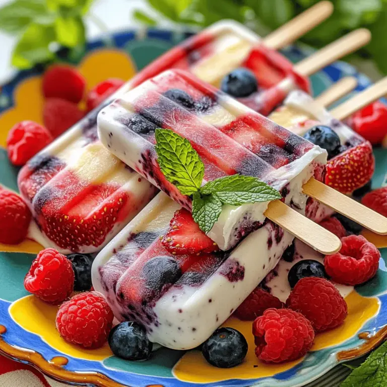 Um die besten Berry Smoothie Popsicles zu machen, brauchst du: - 1 Tasse gemischte Beeren (Erdbeeren, Heidelbeeren, Himbeeren) - 1 Banane, in Scheiben geschnitten - 1 Tasse griechischer Joghurt (natur oder Vanille) - 1 Esslöffel Honig oder Ahornsirup (nach Geschmack anpassen) - 1/2 Tasse Kokoswasser oder Mandelmilch - Ein Spritzer frischer Zitronensaft Diese Zutaten sorgen für einen leckeren und gesunden Snack. Du kannst die Beeren nach dem Saisonangebot wählen. Du kannst deine Popsicles leicht anpassen. Probiere diese Alternativen: - Verwende andere Beeren wie Brombeeren oder Johannisbeeren. - Tausche die Banane gegen einen Apfel oder Pfirsich aus. - Nutze pflanzlichen Joghurt für eine vegane Option. - Ersetze Kokoswasser durch Fruchtsaft für mehr Geschmack. Diese Variationen machen deine Popsicles einzigartig und spannend. Wenn du Beeren kaufst, achte auf einige Dinge: - Wähle frische, reife Beeren ohne Druckstellen. - Achte darauf, dass sie leuchtend in der Farbe sind. - Kaufe Bio-Beeren, wenn möglich, für mehr Geschmack und weniger Pestizide. - Lagere Beeren im Kühlschrank, um ihre Frische zu bewahren. Mit diesen Tipps findest du die besten Beeren für deine Popsicles. Zuerst musst du die Zutaten sammeln. Du brauchst eine Tasse gemischte Beeren. Verwende Erdbeeren, Heidelbeeren und Himbeeren. Nimm auch eine Banane und schneide sie in Scheiben. Dann bereite griechischen Joghurt vor. Du kannst Natur- oder Vanillejoghurt verwenden. Als Nächstes benötigst du Honig oder Ahornsirup. Ein Esslöffel reicht oft aus. Wenn du es gerne etwas flüssiger magst, nimm Kokoswasser oder Mandelmilch. Schließlich brauchst du einen Spritzer frischen Zitronensaft. Jetzt kommt der spaßige Teil. Gib alle Zutaten in einen Mixer. Füge die Beeren, die Bananenscheiben und den Joghurt hinzu. Dann kommen Honig oder Sirup, das Kokoswasser oder die Mandelmilch und der Zitronensaft dazu. Mixe alles auf hoher Stufe. Du willst eine glatte und cremige Mischung. Manchmal musst du die Seiten des Mixbehälters mit einem Spatel abkratzen. So vermischst du alles gut. Probiere die Mischung. Wenn du mehr Süße magst, füge etwas mehr Honig oder Sirup hinzu. Jetzt ist es Zeit, die Mischung in die Popsicle-Formen zu gießen. Gieße die Mischung vorsichtig hinein. Lass etwas Platz oben, damit die Popsicles beim Gefrieren wachsen können. Stecke Holzstäbchen in die Formen. Stelle sicher, dass sie gut sitzen. Jetzt musst du nur noch warten. Friere die Popsicles für mindestens 4 bis 6 Stunden ein. Wenn sie fest gefroren sind, halte die Formen kurz unter warmes Wasser. So lassen sich die Popsicles leicht herausnehmen. Genieß deine leckeren Berry Smoothie Popsicles! Ein häufiger Fehler ist, die Zutaten nicht richtig zu mixen. Achte darauf, dass alles gut vermischt ist. Wenn die Mischung klumpig ist, wird der Popsicle nicht cremig. Ein anderer Fehler ist zu wenig Platz in den Formen. Lass etwas Raum, damit die Popsicles beim Gefrieren wachsen können. Zu wenig Platz führt zu Rissen in der Struktur. Die besten Gefrierzeiten für deine Berry Smoothie Popsicles sind mindestens 4 bis 6 Stunden. Wenn du sie länger gefrierst, werden sie fester und kühler. Überprüfe sie nach 4 Stunden. Wenn sie noch weich sind, lass sie weiter gefrieren. Bei weniger Zeit sind sie nicht stabil und schwer zu entfernen. Die Präsentation macht einen großen Unterschied. Serviere die Popsicles auf einem bunten Teller oder stelle sie in einen Becher mit Eis. Das sieht frisch und einladend aus. Eine einfache Garnitur mit Beeren oder Minzblättern sorgt für einen zusätzlichen Akzent. Das macht das Essen noch mehr Spaß! Du kannst die komplette Anleitung für die Berry Bliss Popsicles in der [Full Recipe] finden. {{image_4}} Du kannst viele Beeren für deine Popsicles nutzen. Erdbeeren, Himbeeren und Heidelbeeren sind die besten. Jedes Mal, wenn du eine neue Mischung machst, erhältst du einen anderen Geschmack. Du kannst auch Brombeeren oder Johannisbeeren hinzufügen. Diese Optionen bringen neue Aromen. Probiere verschiedene Kombinationen aus und finde deinen Favoriten. Superfoods machen deine Popsicles noch gesünder. Chiasamen sind eine tolle Wahl. Sie fügen Ballaststoffe und Omega-3-Fettsäuren hinzu. Ein Esslöffel reicht aus. Spinat ist eine weitere gute Option. Er hat wenig Geschmack, aber viele Nährstoffe. Füge eine Handvoll frischen Spinat in die Mischung. So machst du die Popsicles bunt und nährstoffreich. Wenn du eine vegane Version möchtest, ersetze den Joghurt. Verwende Kokosjoghurt oder Mandeljoghurt. Diese sind cremig und lecker. Für eine zuckerfreie Option kannst du den Honig weglassen. Stattdessen nutze reife Bananen oder eine kleine Menge Stevia. So bleiben die Popsicles süß und gesund. Diese Anpassungen machen die Popsicles für jeden geeignet. Um die Berry Smoothie Popsicles frisch zu halten, lege sie in den Gefrierschrank. Verwende einen luftdichten Behälter oder einen Gefrierbeutel. So schütze ich die Popsicles vor Gerüchen und Feuchtigkeit. Achte darauf, die Popsicles nicht direkt neben stark riechenden Lebensmitteln zu lagern. Die Popsicles halten sich bis zu zwei Monate im Gefrierfach. Nach dieser Zeit können sie an Geschmack verlieren. Überprüfe immer den Zustand der Popsicles, bevor du sie isst. Wenn sie unangenehm riechen oder sich die Farbe verändert hat, solltest du sie besser wegwerfen. Gefrierbrand passiert, wenn die Popsicles Luft ausgesetzt sind. Um dies zu vermeiden, decke die Popsicles gut ab. Eine Schicht Frischhaltefolie über den Behälter hilft. Du kannst auch die Formen direkt nach dem Einfüllen mit Folie abdecken. Dadurch bleiben sie frisch und lecker. Berry Smoothie Popsicles halten im Gefrierfach bis zu zwei Monate. Es ist wichtig, sie gut zu verpacken. Verwenden Sie luftdichte Behälter oder Frischhaltefolie. Dadurch vermeiden Sie Gefrierbrand. Vor der Lagerung sollten die Popsicles vollständig gefroren sein. So bleibt der Geschmack frisch und lecker. Ja, Sie können frische Beeren verwenden. Sie ergeben eine tolle Textur und Geschmack. Achten Sie darauf, die Beeren gut zu waschen. Frische Beeren geben den Popsicles einen frischen Geschmack. Wenn Sie gefrorene Beeren verwenden, ist der Prozess schneller und einfacher. Beide Optionen sind lecker und gesund. Silikonformen sind ideal für Popsicles. Sie sind flexibel und erleichtern das Herausnehmen. Auch klassische Plastikformen sind gut, aber sie können fester sein. Wählen Sie Formen, die Platz für Stiele bieten. So bleibt alles stabil während des Einfrierens. Es gibt auch kreative Formen für besondere Anlässe. Diese Anleitung zeigt dir, wie du köstliche Berry Smoothie Popsicles machst. Du hast nun die besten Zutaten, Variationen und Tipps zur Zubereitung kennengelernt. Achte auf häufige Fehler und perfekte Präsentation, um deine Popsicles zu genießen. Lagere sie richtig, damit sie frisch bleiben. Nutze die FAQs als schnelle Hilfe für deine Fragen. Bereite diese leckeren Snacks zu und teile sie mit anderen! Du wirst begeistert sein von den vielen Möglichkeiten. Viel Spaß beim Mixen und Genießen!
