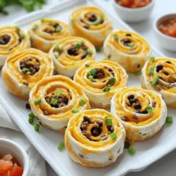 Die Hauptzutaten sind einfach und lecker. Du brauchst: - 4 große Weizentortillas - 1 Tasse Frischkäse, weich gewalzt - 1 Tasse geriebener Cheddar-Käse - 1 Tasse gekochtes Rinderhackfleisch (mit Taco-Gewürz gewürzt) - 1/2 Tasse schwarze Bohnen, abgespült und abgetropft - 1/2 Tasse gewürfelte Tomaten (frisch oder aus der Dose) - 1/4 Tasse fein gehackte Frühlingszwiebeln Diese Zutaten bieten einen tollen Geschmack und eine schöne Textur. Du kannst die Pinwheels anpassen. Probiere diese Zusatzstoffe: - Gekochte Hühnchenstücke für mehr Eiweiß - Avocado oder Guacamole für Cremigkeit - Paprika oder Jalapeños für etwas Schärfe - Mais für eine süße Note Diese Zutaten bringen neue Geschmäcker in dein Gericht. Die richtigen Gewürze machen den Unterschied. Ich benutze: - 1/2 Teelöffel Knoblauchpulver - 1/2 Teelöffel Chilipulver - Salz und Pfeffer nach Geschmack Diese Gewürze bringen die Aromen zusammen und machen die Pinwheels unwiderstehlich. Du wirst die Kombination lieben! Wenn du mehr Vielfalt willst, experimentiere mit anderen Gewürzen. Für die vollständige Anleitung und Zubereitung schaue dir das Full Recipe an. Zuerst mische ich die Füllung für die Käse Taco Pinwheels. In einer mittelgroßen Schüssel nehme ich 1 Tasse weichen Frischkäse und 1 Tasse geriebenen Cheddar-Käse. Ich füge 1/2 Teelöffel Knoblauchpulver und 1/2 Teelöffel Chilipulver hinzu. Eine Prise Salz und Pfeffer rundet den Geschmack ab. Ich rühre alles gut um, bis die Mischung schön cremig ist. Diese Füllung ist die Basis für die Pinwheels. Jetzt kommt der spannende Teil – das Rollen! Ich lege eine große Weizentortilla auf meine saubere Arbeitsfläche. Dann verteile ich eine gute Schicht der Käsesauce gleichmäßig darauf. Danach füge ich die gewürzte Mischung aus 1 Tasse Rinderhackfleisch, 1/2 Tasse schwarzen Bohnen, 1/2 Tasse gewürfelten Tomaten und 1/4 Tasse Frühlingszwiebeln hinzu. Ich beginne an einem Ende der Tortilla und rolle sie fest auf. Dabei achte ich, dass alle Zutaten gut drin bleiben. Nach dem Rollen wickele ich jede Tortilla in Frischhaltefolie. Ich lege die Rollen in den Kühlschrank für mindestens 30 Minuten. Das hilft, sie fest zu machen und leicht zu schneiden. Nach dem Kühlen nehme ich die Pinwheels heraus und schneide sie mit einem scharfen Messer in 2,5 cm dicke Stücke. Jetzt sind die Käse Taco Pinwheels bereit zum Servieren! Ich richte sie schön an und serviere sie mit Sauerrahm und Salsa. So lecker und einfach! Um die perfekte Konsistenz des Frischkäses zu erreichen, lasse ihn zuerst auf Raumtemperatur kommen. Dieser Schritt hilft, ihn weicher und leichter zu verteilen. Mische ihn mit einem Löffel oder einer Gabel, bis keine Klumpen mehr vorhanden sind. Füge etwas Salz und Pfeffer hinzu, um den Geschmack zu verbessern. So wird die Füllung schön cremig. Du kannst diese Käse Taco Pinwheels gut im Voraus zubereiten. Bereite die Füllung am Vortag vor und rolle die Tortillas. Wickele sie in Frischhaltefolie und lege sie in den Kühlschrank. So können die Aromen gut einziehen. Schneide sie erst kurz vor dem Servieren. Das gibt dir mehr Zeit für die Gäste und ist stressfreier. Für die beste Präsentation lege die Pinwheels auf eine große Platte. Du kannst sie in Scheiben schneiden und aufrecht stellen, so sehen sie toll aus. Serviere sie mit Sauerrahm und Salsa in kleinen Schalen. Du kannst auch einige frische Kräuter oder geschnittene Limetten für Farbe hinzufügen. So wird dein Gericht nicht nur lecker, sondern sieht auch großartig aus! {{image_4}} Wenn du eine vegetarische Version der Käse Taco Pinwheels machen möchtest, gibt es viele tolle Alternativen. Du kannst das Rinderhackfleisch einfach durch mehr Gemüse ersetzen. Probiere zum Beispiel: - 1 Tasse gewürfelte Zucchini - 1 Tasse gewürfelte Paprika - 1 Tasse Mais Diese Zutaten geben deinen Pinwheels Farbe und Geschmack. Auch Kichererbsen sind eine gute Wahl. Sie bringen eine tolle Textur und sind reich an Eiweiß. Du kannst die Gewürze und den Käse nach deinem Geschmack anpassen. Wenn du keinen Cheddar magst, nimm Gouda oder Monterey Jack. Sie schmelzen gut und bieten tollen Geschmack. Für die Gewürze kannst du mit verschiedenen Mixen experimentieren: - Taco-Gewürz für mehr Geschmack - Paprikapulver für eine süßliche Note - Kreuzkümmel für einen Hauch von Wärme Diese Änderungen machen deine Käse Taco Pinwheels einzigartig und besonders. Wenn du es süß und scharf magst, füge einige interessante Zutaten hinzu. Ein paar Esslöffel süße Chili-Sauce passen hervorragend dazu. Du kannst auch Jalapeños hinzufügen, wenn du es schärfer magst. Hier sind einige zusätzliche Ideen: - 1/2 Tasse Ananasstücke für eine süße Note - 1/4 Tasse gehackte frische Korianderblätter für Frische Diese Komponenten machen deine Pinwheels spannend und lecker. Probiere die Variationen aus und finde deine Lieblingskombination! Käse Taco Pinwheels bleiben frisch im Kühlschrank. Wickeln Sie die Pinwheels in Frischhaltefolie. So schützen Sie sie vor dem Austrocknen. Sie können sie bis zu drei Tage aufbewahren. Lagern Sie sie am besten in einem luftdichten Behälter. Dies hilft, die Aromen zu bewahren. Sie können Käse Taco Pinwheels auch einfrieren. Wickeln Sie jede Rolle in Frischhaltefolie ein und legen Sie sie in einen Gefrierbeutel. So halten sie bis zu drei Monate. Denken Sie daran, die Pinwheels vor dem Servieren aufzutauen. Lassen Sie sie einfach über Nacht im Kühlschrank auftauen. Um die Pinwheels wieder warm zu machen, verwenden Sie eine Mikrowelle oder einen Ofen. In der Mikrowelle dauert es etwa 30 Sekunden bis eine Minute. Im Ofen bei 180 Grad Celsius erwärmen. Backen Sie sie für 10 bis 15 Minuten. So werden sie schön warm und der Käse schmilzt perfekt. Genießen Sie das leckere Ergebnis! Du kannst Käse Taco Pinwheels bis zu drei Tage im Kühlschrank aufbewahren. Stelle sicher, dass du sie in Frischhaltefolie oder einem luftdichten Behälter aufbewahrst. Wenn du sie länger lagern möchtest, friere sie ein. Eingefrorene Pinwheels halten bis zu drei Monate. Lass sie einfach über Nacht im Kühlschrank auftauen, bevor du sie servierst. Ja, du kannst die Tortillas selbst machen! Es ist einfach und macht viel Spaß. Du brauchst nur Mehl, Wasser und Salz. Mische die Zutaten, knete den Teig und rolle ihn dünn aus. Dann brate die Tortillas in einer heißen Pfanne, bis sie leicht gebräunt sind. Selbstgemachte Tortillas geben deinen Käse Taco Pinwheels einen tollen Geschmack. Die besten Dips für Käse Taco Pinwheels sind Sauerrahm und Salsa. Sauerrahm ist cremig und mildert die Schärfe. Salsa bringt Frische und Geschmack. Du kannst auch Guacamole oder einen scharfen Dip ausprobieren. Jeder Dip ergänzt die Aromen der Pinwheels perfekt. Käse Taco Pinwheels sind einfach zuzubereiten und lecker. Ich habe die Hauptzutaten, Variationen und die Vorbereitung erklärt. Jeder kann diese Snacks anpassen und für jeden Anlass nutzen. Halte die Konsistenz des Frischkäses im Blick und bereite alles im Voraus vor. Denke auch an die Lagerungsmöglichkeiten, um die Frische zu bewahren. Diese leckeren Snacks bringen Vielfalt auf deinen Tisch. Probier sie aus und finde deine Lieblingsversion!