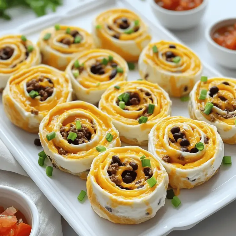 Die Hauptzutaten sind einfach und lecker. Du brauchst: - 4 große Weizentortillas - 1 Tasse Frischkäse, weich gewalzt - 1 Tasse geriebener Cheddar-Käse - 1 Tasse gekochtes Rinderhackfleisch (mit Taco-Gewürz gewürzt) - 1/2 Tasse schwarze Bohnen, abgespült und abgetropft - 1/2 Tasse gewürfelte Tomaten (frisch oder aus der Dose) - 1/4 Tasse fein gehackte Frühlingszwiebeln Diese Zutaten bieten einen tollen Geschmack und eine schöne Textur. Du kannst die Pinwheels anpassen. Probiere diese Zusatzstoffe: - Gekochte Hühnchenstücke für mehr Eiweiß - Avocado oder Guacamole für Cremigkeit - Paprika oder Jalapeños für etwas Schärfe - Mais für eine süße Note Diese Zutaten bringen neue Geschmäcker in dein Gericht. Die richtigen Gewürze machen den Unterschied. Ich benutze: - 1/2 Teelöffel Knoblauchpulver - 1/2 Teelöffel Chilipulver - Salz und Pfeffer nach Geschmack Diese Gewürze bringen die Aromen zusammen und machen die Pinwheels unwiderstehlich. Du wirst die Kombination lieben! Wenn du mehr Vielfalt willst, experimentiere mit anderen Gewürzen. Für die vollständige Anleitung und Zubereitung schaue dir das Full Recipe an. Zuerst mische ich die Füllung für die Käse Taco Pinwheels. In einer mittelgroßen Schüssel nehme ich 1 Tasse weichen Frischkäse und 1 Tasse geriebenen Cheddar-Käse. Ich füge 1/2 Teelöffel Knoblauchpulver und 1/2 Teelöffel Chilipulver hinzu. Eine Prise Salz und Pfeffer rundet den Geschmack ab. Ich rühre alles gut um, bis die Mischung schön cremig ist. Diese Füllung ist die Basis für die Pinwheels. Jetzt kommt der spannende Teil – das Rollen! Ich lege eine große Weizentortilla auf meine saubere Arbeitsfläche. Dann verteile ich eine gute Schicht der Käsesauce gleichmäßig darauf. Danach füge ich die gewürzte Mischung aus 1 Tasse Rinderhackfleisch, 1/2 Tasse schwarzen Bohnen, 1/2 Tasse gewürfelten Tomaten und 1/4 Tasse Frühlingszwiebeln hinzu. Ich beginne an einem Ende der Tortilla und rolle sie fest auf. Dabei achte ich, dass alle Zutaten gut drin bleiben. Nach dem Rollen wickele ich jede Tortilla in Frischhaltefolie. Ich lege die Rollen in den Kühlschrank für mindestens 30 Minuten. Das hilft, sie fest zu machen und leicht zu schneiden. Nach dem Kühlen nehme ich die Pinwheels heraus und schneide sie mit einem scharfen Messer in 2,5 cm dicke Stücke. Jetzt sind die Käse Taco Pinwheels bereit zum Servieren! Ich richte sie schön an und serviere sie mit Sauerrahm und Salsa. So lecker und einfach! Um die perfekte Konsistenz des Frischkäses zu erreichen, lasse ihn zuerst auf Raumtemperatur kommen. Dieser Schritt hilft, ihn weicher und leichter zu verteilen. Mische ihn mit einem Löffel oder einer Gabel, bis keine Klumpen mehr vorhanden sind. Füge etwas Salz und Pfeffer hinzu, um den Geschmack zu verbessern. So wird die Füllung schön cremig. Du kannst diese Käse Taco Pinwheels gut im Voraus zubereiten. Bereite die Füllung am Vortag vor und rolle die Tortillas. Wickele sie in Frischhaltefolie und lege sie in den Kühlschrank. So können die Aromen gut einziehen. Schneide sie erst kurz vor dem Servieren. Das gibt dir mehr Zeit für die Gäste und ist stressfreier. Für die beste Präsentation lege die Pinwheels auf eine große Platte. Du kannst sie in Scheiben schneiden und aufrecht stellen, so sehen sie toll aus. Serviere sie mit Sauerrahm und Salsa in kleinen Schalen. Du kannst auch einige frische Kräuter oder geschnittene Limetten für Farbe hinzufügen. So wird dein Gericht nicht nur lecker, sondern sieht auch großartig aus! {{image_4}} Wenn du eine vegetarische Version der Käse Taco Pinwheels machen möchtest, gibt es viele tolle Alternativen. Du kannst das Rinderhackfleisch einfach durch mehr Gemüse ersetzen. Probiere zum Beispiel: - 1 Tasse gewürfelte Zucchini - 1 Tasse gewürfelte Paprika - 1 Tasse Mais Diese Zutaten geben deinen Pinwheels Farbe und Geschmack. Auch Kichererbsen sind eine gute Wahl. Sie bringen eine tolle Textur und sind reich an Eiweiß. Du kannst die Gewürze und den Käse nach deinem Geschmack anpassen. Wenn du keinen Cheddar magst, nimm Gouda oder Monterey Jack. Sie schmelzen gut und bieten tollen Geschmack. Für die Gewürze kannst du mit verschiedenen Mixen experimentieren: - Taco-Gewürz für mehr Geschmack - Paprikapulver für eine süßliche Note - Kreuzkümmel für einen Hauch von Wärme Diese Änderungen machen deine Käse Taco Pinwheels einzigartig und besonders. Wenn du es süß und scharf magst, füge einige interessante Zutaten hinzu. Ein paar Esslöffel süße Chili-Sauce passen hervorragend dazu. Du kannst auch Jalapeños hinzufügen, wenn du es schärfer magst. Hier sind einige zusätzliche Ideen: - 1/2 Tasse Ananasstücke für eine süße Note - 1/4 Tasse gehackte frische Korianderblätter für Frische Diese Komponenten machen deine Pinwheels spannend und lecker. Probiere die Variationen aus und finde deine Lieblingskombination! Käse Taco Pinwheels bleiben frisch im Kühlschrank. Wickeln Sie die Pinwheels in Frischhaltefolie. So schützen Sie sie vor dem Austrocknen. Sie können sie bis zu drei Tage aufbewahren. Lagern Sie sie am besten in einem luftdichten Behälter. Dies hilft, die Aromen zu bewahren. Sie können Käse Taco Pinwheels auch einfrieren. Wickeln Sie jede Rolle in Frischhaltefolie ein und legen Sie sie in einen Gefrierbeutel. So halten sie bis zu drei Monate. Denken Sie daran, die Pinwheels vor dem Servieren aufzutauen. Lassen Sie sie einfach über Nacht im Kühlschrank auftauen. Um die Pinwheels wieder warm zu machen, verwenden Sie eine Mikrowelle oder einen Ofen. In der Mikrowelle dauert es etwa 30 Sekunden bis eine Minute. Im Ofen bei 180 Grad Celsius erwärmen. Backen Sie sie für 10 bis 15 Minuten. So werden sie schön warm und der Käse schmilzt perfekt. Genießen Sie das leckere Ergebnis! Du kannst Käse Taco Pinwheels bis zu drei Tage im Kühlschrank aufbewahren. Stelle sicher, dass du sie in Frischhaltefolie oder einem luftdichten Behälter aufbewahrst. Wenn du sie länger lagern möchtest, friere sie ein. Eingefrorene Pinwheels halten bis zu drei Monate. Lass sie einfach über Nacht im Kühlschrank auftauen, bevor du sie servierst. Ja, du kannst die Tortillas selbst machen! Es ist einfach und macht viel Spaß. Du brauchst nur Mehl, Wasser und Salz. Mische die Zutaten, knete den Teig und rolle ihn dünn aus. Dann brate die Tortillas in einer heißen Pfanne, bis sie leicht gebräunt sind. Selbstgemachte Tortillas geben deinen Käse Taco Pinwheels einen tollen Geschmack. Die besten Dips für Käse Taco Pinwheels sind Sauerrahm und Salsa. Sauerrahm ist cremig und mildert die Schärfe. Salsa bringt Frische und Geschmack. Du kannst auch Guacamole oder einen scharfen Dip ausprobieren. Jeder Dip ergänzt die Aromen der Pinwheels perfekt. Käse Taco Pinwheels sind einfach zuzubereiten und lecker. Ich habe die Hauptzutaten, Variationen und die Vorbereitung erklärt. Jeder kann diese Snacks anpassen und für jeden Anlass nutzen. Halte die Konsistenz des Frischkäses im Blick und bereite alles im Voraus vor. Denke auch an die Lagerungsmöglichkeiten, um die Frische zu bewahren. Diese leckeren Snacks bringen Vielfalt auf deinen Tisch. Probier sie aus und finde deine Lieblingsversion!