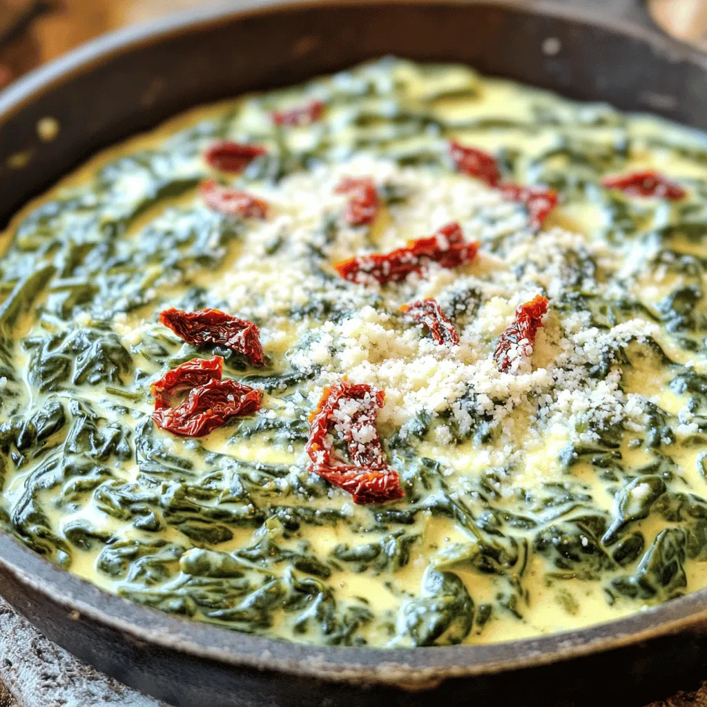 Um einen schmackhaften Pfannen-Creme-Spinat zuzubereiten, brauchst du: - 2 Tassen frischen Spinat, gewaschen und grob gehackt - 1 Tasse Sahne - 1 Esslöffel Butter - 1 Esslöffel Olivenöl - 2 Knoblauchzehen, fein gehackt - 1/2 Tasse Frischkäse, weich - 1/4 Teelöffel Muskatnuss - 1/2 Teelöffel Salz (nach Geschmack anpassen) - 1/4 Teelöffel schwarzer Pfeffer - 1/4 Tasse geriebenen Parmesan - 1/4 Tasse gehackte getrocknete Tomaten (für eine besondere Note) Diese Zutaten bilden die Basis für ein einfaches und köstliches Gericht. Der Spinat gibt dir viele Nährstoffe. Die Sahne und der Käse sorgen für eine cremige Textur. Die Gewürze in diesem Rezept sind entscheidend für den Geschmack. Muskatnuss gibt eine warme Note. Salz hebt die Aromen hervor. Schwarzer Pfeffer bringt etwas Schärfe. Diese Gewürze machen den Spinat lebendig und schmackhaft. Wenn du etwas Neues ausprobieren möchtest, kannst du zusätzliche Zutaten hinzufügen. Zum Beispiel passen frische Kräuter wie Petersilie oder Basilikum gut dazu. Du kannst auch andere Käsesorten verwenden, wie Feta oder Cheddar. Diese Optionen machen deinen Pfannen-Creme-Spinat noch interessanter. Für das vollständige Rezept, schau dir die [Full Recipe] an. Zuerst wasche den frischen Spinat gut. Schneide ihn dann grob. Du kannst auch gefrorenen Spinat verwenden, aber frischer Spinat hat mehr Geschmack. Halte alle Zutaten bereit, um den Kochprozess einfach zu gestalten. 1. Erhitze in einer großen Pfanne bei mittlerer Hitze das Olivenöl und die Butter. 2. Warte, bis die Butter schmilzt und leicht schäumt. 3. Füge die gehackten Knoblauchzehen hinzu und dünste sie 1-2 Minuten. Achte darauf, dass der Knoblauch nicht anbrennt. 4. Gib den Spinat nach und nach dazu. Rühre oft um, bis er verwelkt, etwa 3-4 Minuten. 5. Reduziere die Hitze und füge den Frischkäse hinzu. Rühre, bis er schmilzt und sich gut vermischt. 6. Gieße die Sahne langsam hinein und schlage sie vorsichtig mit einem Schneebesen um. Lass die Mischung 3-5 Minuten köcheln. 7. Mische die Muskatnuss, das Salz und den Pfeffer unter. 8. Füge den Parmesan und die getrockneten Tomaten hinzu. Rühre weiter bis alles cremig ist. 9. Probiere und passe die Würze nach deinem Geschmack an. Für eine dickere Konsistenz lass die Mischung länger köcheln. Wenn sie zu dick wird, füge etwas mehr Sahne hinzu. Achte darauf, die Hitze nicht zu hoch einzustellen. So bleibt der Spinat schön zart. Du kannst auch etwas Gemüsebrühe verwenden, um den Spinat aufzupeppen. Das macht ihn noch schmackhafter. Um dein Gericht perfekt zu machen, achte auf ein paar Dinge. Verwende frischen Spinat, nicht gefrorenen. Gefrorener Spinat hat oft zu viel Wasser. Das kann deinen Spinat verwässern. Achte darauf, den Knoblauch nicht zu verbrennen. Übermäßige Hitze kann ihm einen bitteren Geschmack verleihen. Rühre den Spinat oft um, damit er gleichmäßig gart. Wenn du die Sahne hinzufügst, mach das langsam. So vermeidest du Klumpen und sorgst für eine gleichmäßige Konsistenz. Um den Geschmack zu verbessern, füge mehr Gewürze hinzu. Muskatnuss bringt eine warme Note. Getrocknete Tomaten geben einen süßen, herzhaften Geschmack. Du kannst auch etwas Zitronensaft hinzufügen. Das sorgt für Frische und hebt den Geschmack des Spinats hervor. Experimentiere mit verschiedenen Käsesorten. Feta oder Gouda können auch gut passen. Probiere verschiedene Kombinationen aus, um deinen perfekten Geschmack zu finden. Um Zeit zu sparen, wasche den Spinat vorher. So bist du beim Kochen bereit. Hacke den Knoblauch und den Spinat im Voraus. Bewahre sie in einem Behälter im Kühlschrank auf. Das verkürzt deine Kochzeit. Nutze eine große Pfanne. So verwelkt der Spinat schneller und gleichmäßiger. Wenn du Reste hast, kannst du sie einfach aufwärmen. Skillet Creamed Spinach schmeckt auch am nächsten Tag gut. {{image_4}} Du kannst eine vegane Version des Pfannen-Creme-Spinat machen. Statt Sahne nimmst du Kokosmilch oder Sojasahne. Diese Alternativen geben viel Geschmack und Cremigkeit. Verwende veganen Frischkäse oder pürierte Cashewkerne. Das sorgt für eine tolle Textur und ist ganz einfach. Um den Geschmack zu verbessern, füge Zwiebeln oder Lauch hinzu. Diese Zutaten bringen mehr Tiefe. Du kannst auch etwas Zitronensaft für Frische hinzufügen. Achte darauf, die getrockneten Tomaten nicht zu vergessen. Sie geben eine süße Note und passen perfekt zum Spinat. Experimentiere mit verschiedenen Käsesorten, um deinen Spinat zu variieren. Feta oder Ziegenkäse sind großartige Optionen. Sie bringen eine salzige Komponente. Auch Gouda oder Cheddar machen das Gericht reichhaltiger. Probiere verschiedene Kombinationen, um deinen Favoriten zu finden. Dein Pfannen-Creme-Spinat wird jedes Mal anders und lecker! Wenn du übrig gebliebenen Spinat hast, kühl ihn schnell ab. Fülle ihn in einen luftdichten Behälter. Das hilft, die Frische zu bewahren. Stelle den Behälter in den Kühlschrank. So bleibt der Spinat für bis zu drei Tage gut. Um den Spinat wieder aufzuwärmen, benutze eine Pfanne. Erhitze ihn bei mittlerer Hitze. Füge einen Spritzer Wasser oder etwas Sahne hinzu. So bleibt der Spinat cremig und lecker. Rühre gut um und achte darauf, dass er nicht anbrennt. Im Kühlschrank bleibt der Spinat etwa drei Tage frisch. Achte darauf, dass er gut verpackt ist. Nach drei Tagen kann der Geschmack nachlassen. Es ist besser, ihn vorher zu verbrauchen. Wenn du den Spinat länger aufbewahren willst, friere ihn ein. So kannst du ihn bis zu drei Monate lagern. Die Zubereitung von Pfannen-Creme-Spinat dauert etwa 20 Minuten. Du bereitest die Zutaten in 10 Minuten vor. Das Kochen benötigt dann weitere 10 Minuten. So kannst du schnell ein leckeres Gericht zaubern. Ja, du kannst gefrorenen Spinat verwenden. Achte darauf, ihn vorher gut abzutropfen. So vermeidest du einen wässrigen Spinat. Erhitze ihn einfach in der Pfanne, bis er vollständig aufgetaut ist. Dann folge dem Rezept wie gewohnt. Es ist eine praktische Option, wenn frischer Spinat nicht verfügbar ist. Pfannen-Creme-Spinat passt gut zu vielen Beilagen. Hier sind einige Vorschläge: - Gegrilltes Hühnchen - Gebackener Fisch - Reis oder Quinoa - Frisches Brot oder Baguette - Pasta Diese Kombinationen machen dein Essen nahrhaft und lecker. Verwende die Beilagen, die dir am besten gefallen. Du hast nun alles, was du für den perfekten Pfannen-Creme-Spinat brauchst. Wir haben die Hauptzutaten, Gewürze und die Zubereitung Schritt für Schritt durchgearbeitet. Zudem gab es Tipps, um Fehler zu vermeiden und den Geschmack zu verbessern. Du kannst Variationen ausprobieren, wie vegane Alternativen oder verschiedene Käsesorten. Achte auf die Lagerungshinweise, damit du deinen Restgenuss verlängern kannst. Experimentiere mit den Ideen und finde deine perfekte Version von diesem leckeren Gericht. Guten Appetit!