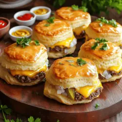 Die Hauptzutaten sind einfach und lecker. Hier ist, was Sie brauchen: - 450 g Rinderhackfleisch - 100 g geriebener Cheddar-Käse - 75 g gewürfelte Zwiebeln - 60 g Dillgurken, fein gehackt - 1 Dose Kühlschrank-Teig (8 Brötchen) Diese Zutaten geben Ihrer Füllung den typischen Cheeseburger-Geschmack. Das Rinderhackfleisch sorgt für die saftige Basis. Der Cheddar-Käse macht alles schön cremig. Zwiebeln und Gurken bringen Frische und Crunch. Die Gewürze sind entscheidend für den Geschmack. Hier sind die wichtigsten: - 1 Teelöffel Knoblauchpulver - 1 Teelöffel Zwiebelpulver - Salz und Pfeffer nach Geschmack Knoblauchpulver und Zwiebelpulver geben Tiefe. Sie verstärken den herzhaften Geschmack des Fleisches. Salz und Pfeffer runden alles ab. Sie können die Mengen nach Ihrem Geschmack anpassen. Ein paar zusätzliche Zutaten können den Geschmack verbessern: - 1 Esslöffel Senf (optional für die Füllung) - 1 Ei, verquirlt (zum Bestreichen) Senf bringt eine leichte Schärfe. Das Ei hilft, die Oberfläche goldbraun zu machen. So sehen die Cheeseburger Bomben nicht nur gut aus, sondern schmecken auch besser. Für das vollständige Rezept, schauen Sie sich die [Full Recipe] an. Zuerst heizen Sie den Ofen auf 190°C vor. Legen Sie ein Backblech mit Backpapier aus. Bereiten Sie alle Zutaten vor. Messen Sie die 450 g Rinderhackfleisch in eine Schüssel. Hacken Sie die 75 g Zwiebeln und die 60 g Dillgurken klein. Das macht die Mischung lecker und frisch. Erhitzen Sie eine Pfanne bei mittlerer Hitze. Fügen Sie das Rinderhackfleisch hinzu und zerbröseln Sie es mit einem Holzlöffel. Kochen Sie das Fleisch, bis es durchgegart ist. Würzen Sie es mit 1 Teelöffel Knoblauchpulver und 1 Teelöffel Zwiebelpulver. Fügen Sie Salz und Pfeffer nach Geschmack hinzu. Nehmen Sie die Pfanne vom Herd, wenn das Fleisch fertig ist. Rühren Sie dann die Zwiebeln und Gurken unter das Fleisch. Mischen Sie 100 g geriebenen Cheddar-Käse gut unter. Öffnen Sie die Dose mit Kühlschrank-Teig. Trennen Sie jedes Brötchen und formen Sie es zu einer kleinen Scheibe in Ihrer Hand. Geben Sie etwa 2 Esslöffel der Cheeseburger-Füllung in die Mitte. Wenn Sie möchten, fügen Sie einen kleinen Klecks Senf hinzu. Falten Sie die Ränder des Teigs über die Füllung. Drücken Sie alles gut zusammen, um eine Kugel zu formen. Platzieren Sie die gefüllte Kugel mit der Nahtseite nach unten auf das Backblech. Wiederholen Sie den Vorgang mit den restlichen Brötchen und der Füllung. Bestreichen Sie die Oberseiten mit dem verquirlten Ei. Das gibt eine schöne goldene Farbe. Backen Sie die Bomben für 12-15 Minuten, bis sie goldbraun sind. Lassen Sie die Bomben einige Minuten abkühlen, bevor Sie sie servieren. So vermeiden Sie Verbrennungen durch die heiße Füllung. Für das vollständige Rezept schauen Sie bitte auf die Vollrezept-Seite. Ein häufiger Fehler ist, die Füllung zu überfüllen. Das kann dazu führen, dass die Bomben aufplatzen. Halte dich an etwa zwei Esslöffel Füllung pro Brötchen. Ein weiterer Fehler ist, die Ränder nicht gut zu verschließen. Drücke sie fest zusammen, um die Füllung zu halten. Wenn du zu wenig würzt, schmecken die Bomben fad. Nutze genug Salz und Pfeffer für einen tollen Geschmack. Die richtige Temperatur ist wichtig. Heize deinen Ofen auf 190°C vor. Backe die Cheeseburger Bomben für 12 bis 15 Minuten. Achte darauf, dass sie goldbraun sind. Wenn die Oberseite braun wird, sind sie bereit. Lass sie kurz abkühlen, damit du dich nicht verbrennst. Du kannst die Füllung anpassen. Probiere, verschiedene Käsesorten wie Gouda oder Mozzarella zu verwenden. Füge auch Gewürze wie Paprika oder Chili hinzu, um mehr Geschmack zu bekommen. Für eine besondere Note kannst du gebratene Speckwürfel hinzufügen. Das gibt einen tollen Crunch und Geschmack. Wenn du eine scharfe Note magst, verwende Jalapeños oder scharfen Senf in der Füllung. {{image_4}} Um Cheeseburger Bomben vegetarisch zu machen, ersetzen Sie das Rinderhackfleisch. Nutzen Sie stattdessen schwarze Bohnen oder Linsen. Diese geben Ihnen eine gute Textur und sind gesund. Fügen Sie mehr Gemüse hinzu, wie Paprika oder Spinat, um den Geschmack zu erweitern. Sie können auch etwas Feta-Käse für einen zusätzlichen Kick verwenden. Cheddar ist großartig, aber Sie können auch andere Käsesorten nutzen. Probieren Sie Mozzarella für einen schmelzenden Effekt. Gouda bringt einen süßeren Geschmack. Für etwas Schärfe, verwenden Sie Jalapeño-Käse. Kombinieren Sie Käsesorten für mehr Tiefe in Ihrem Gericht. Seien Sie kreativ und finden Sie Ihre Lieblingskombination. Verändern Sie die Gewürze, um neue Geschmäcker zu entdecken. Fügen Sie Paprika oder Cayennepfeffer für Schärfe hinzu. Kräuter wie Oregano oder Basilikum bringen Frische. Experimentieren Sie mit BBQ-Sauce oder Worcestershire-Sauce in der Füllung. Diese kleinen Anpassungen machen Ihre Cheeseburger Bomben einzigartig und spannend. Um die Cheeseburger Bomben frisch zu halten, lege sie in einen luftdichten Behälter. Achte darauf, dass der Behälter sauber und trocken ist. Wenn du sie nicht sofort isst, lagere sie im Kühlschrank. So bleiben sie bis zu drei Tage lecker. Wenn du die Cheeseburger Bomben aufwärmen möchtest, nutze den Ofen. Heize ihn auf 180°C vor. Lege die Bomben auf ein Backblech und backe sie für etwa 10 Minuten. So werden sie schön knusprig. Du kannst auch die Mikrowelle verwenden, aber sie werden nicht so knusprig. Die Cheeseburger Bomben halten sich im Kühlschrank etwa drei Tage. Du kannst sie auch einfrieren. Wickel sie gut in Frischhaltefolie oder Alufolie ein. Im Gefrierschrank sind sie bis zu drei Monate haltbar. Zum Auftauen lasse sie einfach im Kühlschrank über Nacht. Die Zubereitung der Cheeseburger Bomben dauert etwa 30 Minuten. Davon sind 15 Minuten für die Vorbereitung und 15 Minuten für das Backen nötig. Es ist schnell und einfach, wenn Sie alles bereit haben. Ja, Sie können die Füllung im Voraus zubereiten. Sie können das Rinderhackfleisch, die Zwiebeln und den Käse am Vortag mischen. Bewahren Sie die Mischung im Kühlschrank auf. So sparen Sie Zeit, wenn es Zeit zum Backen ist. Zu Cheeseburger Bomben passen viele Dips. Ketchup und Senf sind klassisch. Sie können auch BBQ-Sauce oder Ranch-Dressing verwenden. Diese Dips bringen zusätzlichen Geschmack und machen das Essen noch besser. Das vollständige Rezept für Cheeseburger Bomben finden Sie in der obenstehenden Rezeptbeschreibung. Dort stehen alle Zutaten und Schritte, um diese leckeren Snacks zuzubereiten. Cheeseburger Bomben sind einfach und lecker. Wir haben die besten Zutaten und Gewürze betrachtet. Die Schritt-für-Schritt-Anleitung macht das Zubereiten kinderleicht. Mit unseren Tipps und Tricks vermeidest du Fehler und findest die perfekte Backzeit. Es gibt tolle Variationen, die du ausprobieren kannst, auch vegetarische. Denk an die besten Aufbewahrungshinweise, damit sie frisch bleiben. Schaff dir ein tolles Rezept und genieße es! Cheeseburger Bomben bringen Freude auf deinen Teller. Probiere sie aus und teile deine Erfahrungen!