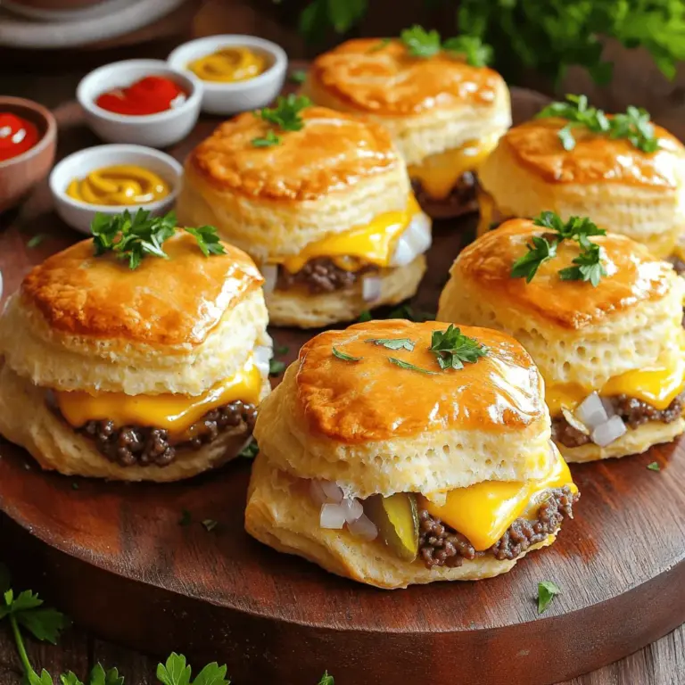 Die Hauptzutaten sind einfach und lecker. Hier ist, was Sie brauchen: - 450 g Rinderhackfleisch - 100 g geriebener Cheddar-Käse - 75 g gewürfelte Zwiebeln - 60 g Dillgurken, fein gehackt - 1 Dose Kühlschrank-Teig (8 Brötchen) Diese Zutaten geben Ihrer Füllung den typischen Cheeseburger-Geschmack. Das Rinderhackfleisch sorgt für die saftige Basis. Der Cheddar-Käse macht alles schön cremig. Zwiebeln und Gurken bringen Frische und Crunch. Die Gewürze sind entscheidend für den Geschmack. Hier sind die wichtigsten: - 1 Teelöffel Knoblauchpulver - 1 Teelöffel Zwiebelpulver - Salz und Pfeffer nach Geschmack Knoblauchpulver und Zwiebelpulver geben Tiefe. Sie verstärken den herzhaften Geschmack des Fleisches. Salz und Pfeffer runden alles ab. Sie können die Mengen nach Ihrem Geschmack anpassen. Ein paar zusätzliche Zutaten können den Geschmack verbessern: - 1 Esslöffel Senf (optional für die Füllung) - 1 Ei, verquirlt (zum Bestreichen) Senf bringt eine leichte Schärfe. Das Ei hilft, die Oberfläche goldbraun zu machen. So sehen die Cheeseburger Bomben nicht nur gut aus, sondern schmecken auch besser. Für das vollständige Rezept, schauen Sie sich die [Full Recipe] an. Zuerst heizen Sie den Ofen auf 190°C vor. Legen Sie ein Backblech mit Backpapier aus. Bereiten Sie alle Zutaten vor. Messen Sie die 450 g Rinderhackfleisch in eine Schüssel. Hacken Sie die 75 g Zwiebeln und die 60 g Dillgurken klein. Das macht die Mischung lecker und frisch. Erhitzen Sie eine Pfanne bei mittlerer Hitze. Fügen Sie das Rinderhackfleisch hinzu und zerbröseln Sie es mit einem Holzlöffel. Kochen Sie das Fleisch, bis es durchgegart ist. Würzen Sie es mit 1 Teelöffel Knoblauchpulver und 1 Teelöffel Zwiebelpulver. Fügen Sie Salz und Pfeffer nach Geschmack hinzu. Nehmen Sie die Pfanne vom Herd, wenn das Fleisch fertig ist. Rühren Sie dann die Zwiebeln und Gurken unter das Fleisch. Mischen Sie 100 g geriebenen Cheddar-Käse gut unter. Öffnen Sie die Dose mit Kühlschrank-Teig. Trennen Sie jedes Brötchen und formen Sie es zu einer kleinen Scheibe in Ihrer Hand. Geben Sie etwa 2 Esslöffel der Cheeseburger-Füllung in die Mitte. Wenn Sie möchten, fügen Sie einen kleinen Klecks Senf hinzu. Falten Sie die Ränder des Teigs über die Füllung. Drücken Sie alles gut zusammen, um eine Kugel zu formen. Platzieren Sie die gefüllte Kugel mit der Nahtseite nach unten auf das Backblech. Wiederholen Sie den Vorgang mit den restlichen Brötchen und der Füllung. Bestreichen Sie die Oberseiten mit dem verquirlten Ei. Das gibt eine schöne goldene Farbe. Backen Sie die Bomben für 12-15 Minuten, bis sie goldbraun sind. Lassen Sie die Bomben einige Minuten abkühlen, bevor Sie sie servieren. So vermeiden Sie Verbrennungen durch die heiße Füllung. Für das vollständige Rezept schauen Sie bitte auf die Vollrezept-Seite. Ein häufiger Fehler ist, die Füllung zu überfüllen. Das kann dazu führen, dass die Bomben aufplatzen. Halte dich an etwa zwei Esslöffel Füllung pro Brötchen. Ein weiterer Fehler ist, die Ränder nicht gut zu verschließen. Drücke sie fest zusammen, um die Füllung zu halten. Wenn du zu wenig würzt, schmecken die Bomben fad. Nutze genug Salz und Pfeffer für einen tollen Geschmack. Die richtige Temperatur ist wichtig. Heize deinen Ofen auf 190°C vor. Backe die Cheeseburger Bomben für 12 bis 15 Minuten. Achte darauf, dass sie goldbraun sind. Wenn die Oberseite braun wird, sind sie bereit. Lass sie kurz abkühlen, damit du dich nicht verbrennst. Du kannst die Füllung anpassen. Probiere, verschiedene Käsesorten wie Gouda oder Mozzarella zu verwenden. Füge auch Gewürze wie Paprika oder Chili hinzu, um mehr Geschmack zu bekommen. Für eine besondere Note kannst du gebratene Speckwürfel hinzufügen. Das gibt einen tollen Crunch und Geschmack. Wenn du eine scharfe Note magst, verwende Jalapeños oder scharfen Senf in der Füllung. {{image_4}} Um Cheeseburger Bomben vegetarisch zu machen, ersetzen Sie das Rinderhackfleisch. Nutzen Sie stattdessen schwarze Bohnen oder Linsen. Diese geben Ihnen eine gute Textur und sind gesund. Fügen Sie mehr Gemüse hinzu, wie Paprika oder Spinat, um den Geschmack zu erweitern. Sie können auch etwas Feta-Käse für einen zusätzlichen Kick verwenden. Cheddar ist großartig, aber Sie können auch andere Käsesorten nutzen. Probieren Sie Mozzarella für einen schmelzenden Effekt. Gouda bringt einen süßeren Geschmack. Für etwas Schärfe, verwenden Sie Jalapeño-Käse. Kombinieren Sie Käsesorten für mehr Tiefe in Ihrem Gericht. Seien Sie kreativ und finden Sie Ihre Lieblingskombination. Verändern Sie die Gewürze, um neue Geschmäcker zu entdecken. Fügen Sie Paprika oder Cayennepfeffer für Schärfe hinzu. Kräuter wie Oregano oder Basilikum bringen Frische. Experimentieren Sie mit BBQ-Sauce oder Worcestershire-Sauce in der Füllung. Diese kleinen Anpassungen machen Ihre Cheeseburger Bomben einzigartig und spannend. Um die Cheeseburger Bomben frisch zu halten, lege sie in einen luftdichten Behälter. Achte darauf, dass der Behälter sauber und trocken ist. Wenn du sie nicht sofort isst, lagere sie im Kühlschrank. So bleiben sie bis zu drei Tage lecker. Wenn du die Cheeseburger Bomben aufwärmen möchtest, nutze den Ofen. Heize ihn auf 180°C vor. Lege die Bomben auf ein Backblech und backe sie für etwa 10 Minuten. So werden sie schön knusprig. Du kannst auch die Mikrowelle verwenden, aber sie werden nicht so knusprig. Die Cheeseburger Bomben halten sich im Kühlschrank etwa drei Tage. Du kannst sie auch einfrieren. Wickel sie gut in Frischhaltefolie oder Alufolie ein. Im Gefrierschrank sind sie bis zu drei Monate haltbar. Zum Auftauen lasse sie einfach im Kühlschrank über Nacht. Die Zubereitung der Cheeseburger Bomben dauert etwa 30 Minuten. Davon sind 15 Minuten für die Vorbereitung und 15 Minuten für das Backen nötig. Es ist schnell und einfach, wenn Sie alles bereit haben. Ja, Sie können die Füllung im Voraus zubereiten. Sie können das Rinderhackfleisch, die Zwiebeln und den Käse am Vortag mischen. Bewahren Sie die Mischung im Kühlschrank auf. So sparen Sie Zeit, wenn es Zeit zum Backen ist. Zu Cheeseburger Bomben passen viele Dips. Ketchup und Senf sind klassisch. Sie können auch BBQ-Sauce oder Ranch-Dressing verwenden. Diese Dips bringen zusätzlichen Geschmack und machen das Essen noch besser. Das vollständige Rezept für Cheeseburger Bomben finden Sie in der obenstehenden Rezeptbeschreibung. Dort stehen alle Zutaten und Schritte, um diese leckeren Snacks zuzubereiten. Cheeseburger Bomben sind einfach und lecker. Wir haben die besten Zutaten und Gewürze betrachtet. Die Schritt-für-Schritt-Anleitung macht das Zubereiten kinderleicht. Mit unseren Tipps und Tricks vermeidest du Fehler und findest die perfekte Backzeit. Es gibt tolle Variationen, die du ausprobieren kannst, auch vegetarische. Denk an die besten Aufbewahrungshinweise, damit sie frisch bleiben. Schaff dir ein tolles Rezept und genieße es! Cheeseburger Bomben bringen Freude auf deinen Teller. Probiere sie aus und teile deine Erfahrungen!