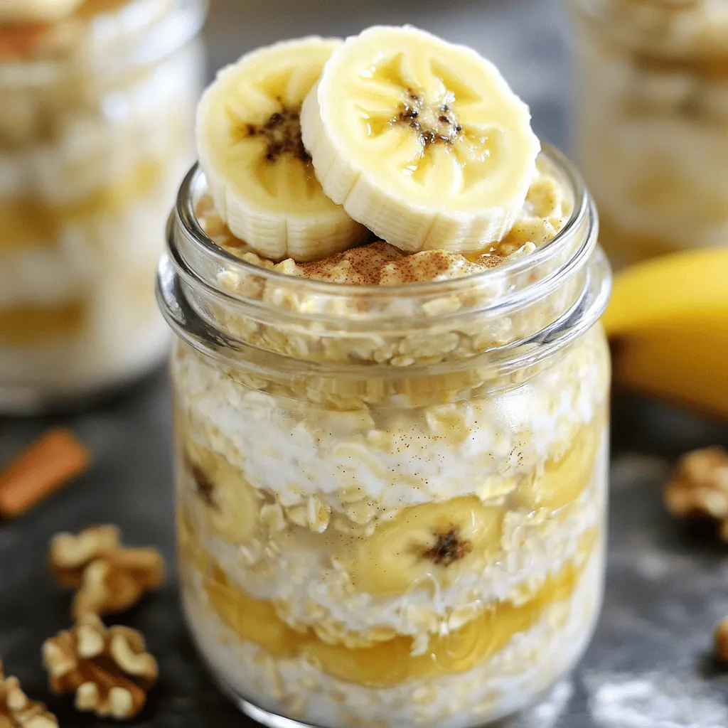 Um die perfekten Bananenbrot Übernacht Haferflocken zuzubereiten, benötigen Sie folgende Zutaten: - 1 Tasse zarte Haferflocken - 2 reife Bananen, zerdrückt - 1 Tasse Mandelmilch (oder Milch Ihrer Wahl) - 1 Esslöffel Chiasamen - 1 Teelöffel Vanilleextrakt - ½ Teelöffel gemahlener Zimt - ⅓ Tasse Walnüsse, gehackt - ¼ Tasse Rosinen (optional) - Honig oder Ahornsirup nach Geschmack (optional) - Eine Prise Salz Diese Zutaten sind einfach zu finden und machen das Rezept lecker. Wählen Sie reife Bananen mit vielen braunen Flecken. Diese geben den Haferflocken mehr Geschmack und Süße. Achten Sie auf zarte Haferflocken, da sie eine weichere Textur bieten. Mandelmilch ist eine großartige Wahl, aber jede Milch passt gut. Chiasamen sind wichtig für die Textur. Sie helfen, die Mischung cremig zu machen. Vermeiden Sie alte oder harte Nüsse. Frische Walnüsse haben mehr Geschmack und Knusprigkeit. Wenn Sie Rosinen hinzufügen möchten, wählen Sie süße und saftige. Das macht Ihr Frühstück noch schmackhafter. Frische Zutaten sind oft geschmackvoller und gesünder. Sie bieten mehr Vitamine und Nährstoffe. Zum Beispiel enthalten frische Bananen mehr Antioxidantien. Diese helfen, Ihren Körper zu schützen. Trockene Zutaten können bequem sein, sind aber oft weniger schmackhaft. Sie haben oft weniger Nährstoffe. Wenn Sie die Wahl haben, verwenden Sie frische Zutaten. Sie machen Ihr Essen besser und nährstoffreicher. Durch die richtige Auswahl der Zutaten erzielen Sie die besten Ergebnisse. Ihre Bananenbrot Übernacht Haferflocken werden köstlich und gesund. Wenn Sie mehr über das Rezept erfahren möchten, schauen Sie sich die Full Recipe an. Um Bananenbrot Overnight Oats zu machen, folgen Sie diesen einfachen Schritten: 1. Nehmen Sie eine mittelgroße Schüssel. 2. Geben Sie 1 Tasse zarte Haferflocken hinein. 3. Zerdrücken Sie 2 reife Bananen und fügen Sie sie hinzu. 4. Messen Sie 1 Tasse Mandelmilch ab und gießen Sie sie in die Schüssel. 5. Fügen Sie 1 Esslöffel Chiasamen, 1 Teelöffel Vanilleextrakt, und ½ Teelöffel gemahlenen Zimt hinzu. 6. Streuen Sie eine Prise Salz über die Mischung. 7. Rühren Sie alles gut um, bis es gleichmäßig vermischt ist. 8. Wenn Sie es süßer mögen, geben Sie Honig oder Ahornsirup hinzu. 9. Fügen Sie ⅓ Tasse gehackte Walnüsse und optional ¼ Tasse Rosinen hinzu. 10. Teilen Sie die Mischung in Gläser oder Behälter auf. 11. Verschließen Sie die Gläser gut und stellen Sie sie in den Kühlschrank. 12. Lassen Sie die Haferflocken über Nacht ziehen oder mindestens 4 Stunden. 13. Am Morgen gut umrühren und nach Bedarf etwas Mandelmilch hinzufügen. 14. Garnieren Sie die Haferflocken mit Bananenscheiben oder Walnüssen. Achten Sie darauf, die Bananen gut zu zerdrücken. So vermischen sie sich leicht. Wählen Sie reife Bananen für mehr Süße. Verwenden Sie klare Gläser, um die Schichten zu zeigen. So sieht Ihr Gericht noch besser aus. Die Vorbereitung dauert etwa 10 Minuten. Planen Sie dann mindestens 4 Stunden Kühlzeit ein. Am besten bereiten Sie die Haferflocken am Abend vor. So haben Sie am Morgen ein leckeres Frühstück. Für das vollständige Rezept schauen Sie auf die [Full Recipe]. Um die perfekten Overnight Oats zu machen, wähle die richtigen Zutaten. Frische Bananen sind wichtig. Sie geben den Oats einen tollen Geschmack. Achte darauf, dass die Bananen reif sind. Je reifer, desto süßer. Mische alle Zutaten gut in einer Schüssel. Lass sie dann über Nacht im Kühlschrank. So nehmen die Haferflocken die Flüssigkeit auf und werden weich. Ein häufiger Fehler ist, zu wenig Flüssigkeit zu verwenden. Die Oats müssen genügend Flüssigkeit haben. Wenn sie zu trocken sind, sind sie nicht lecker. Auch das Verhältnis von Haferflocken zu Flüssigkeit ist wichtig. Verwende eine Tasse Haferflocken mit einer Tasse Flüssigkeit. So bleiben sie cremig. Ein weiterer Fehler ist, die Oats nicht gut umzurühren. Rühre alles gut, damit sich die Aromen verbinden. Du kannst die Overnight Oats leicht anpassen. Füge Nüsse wie Mandeln oder Haselnüsse hinzu. Sie geben Crunch und gesunde Fette. Auch andere Früchte sind eine gute Wahl. Probiere Äpfel oder Beeren. Für mehr Süße kannst du Honig oder Ahornsirup verwenden. Zimt macht die Oats noch besser. Wenn du mehr Protein willst, gib griechischen Joghurt hinzu. Denke daran, dass die Bananenbrot Übernacht Haferflocken einfach zu machen sind. Du kannst mit den Zutaten spielen, um deine perfekte Mischung zu finden! {{image_4}} Du kannst deine Banana Bread Overnight Oats abwechslungsreich gestalten. Füge verschiedene Früchte hinzu. Hier sind einige Ideen: - Äpfel, gewürfelt - Beeren, wie Himbeeren oder Erdbeeren - Mangostücke - Pfirsiche, frisch oder aus der Dose Nüsse bringen Crunch. Walnüsse sind toll, aber probiere auch: - Mandeln, gehackt - Haselnüsse, grob zerstoßen - Pecannüsse für einen süßeren Geschmack Wenn du Schokolade magst, füge Kakaopulver hinzu. Ein Esslöffel reicht oft. Du kannst auch: - Schokoladenstückchen oder -stückchen verwenden - Eine Prise Schokoladensirup hinzufügen Das gibt deinen Haferflocken einen süßen Kick. Es macht sie noch schokoladiger und leckerer. Für eine vegane Version nimm pflanzliche Milch. Achte darauf, dass du auch: - Chiasamen als Ei-Ersatz nutzt - Glutenfreie Haferflocken wählst Das macht deine Overnight Oats für alle zugänglich. So kannst du die köstlichen Aromen genießen, ohne auf deine Vorlieben zu verzichten. Die Lagerung ist wichtig, um die Frische der Bananenbrot Übernacht Haferflocken zu bewahren. Verwende saubere, luftdichte Behälter. Diese helfen, die Feuchtigkeit zu halten und Gerüche zu vermeiden. Stelle die Behälter in den Kühlschrank. So bleiben die Haferflocken kühl und lecker. Im Kühlschrank bleiben die Haferflocken bis zu fünf Tage frisch. Achte darauf, die Behälter gut zu verschließen. Nach ein paar Tagen kann die Konsistenz etwas dicker werden. Das ist normal. Rühre einfach etwas Mandelmilch unter, um sie wieder cremig zu machen. Wenn du die Haferflocken länger aufbewahren möchtest, friere sie ein. Portioniere die Mischung in geeignete Behälter oder Gefrierbeutel. Achte darauf, etwas Platz für die Ausdehnung zu lassen. Im Gefrierfach halten sie bis zu drei Monate. Zum Auftauen stelle die Behälter einfach in den Kühlschrank oder lasse sie bei Raumtemperatur stehen. So bleiben die Aromen frisch und köstlich. Du kannst deine Overnight Oats bis zu fünf Tage im Kühlschrank aufbewahren. Sie bleiben frisch, wenn du sie gut abdeckst. Achte darauf, den Geruch und die Textur zu überprüfen, bevor du sie isst. Wenn sie seltsam riechen oder komisch aussehen, wirf sie lieber weg. Ja, du kannst viele Milchalternativen verwenden. Hafermilch, Sojamilch oder Kokosmilch sind tolle Optionen. Jede Milch hat ihren eigenen Geschmack und Nährwert. Probiere verschiedene Sorten aus, um deine perfekte Mischung zu finden. Du kannst die Oats leicht aufpeppen. Füge frische Früchte wie Erdbeeren oder Himbeeren hinzu. Ein Löffel Joghurt macht sie cremiger. Streue Nüsse oder Samen für zusätzlichen Crunch darüber. Ein Spritzer Honig oder Ahornsirup kann die Süße erhöhen. Sei kreativ und genieße die Vielfalt! Übernacht-Haferflocken sind einfach und gesund. Wir haben Zutaten besprochen, die wichtig sind. Die Auswahl der besten Zutaten macht einen großen Unterschied. Ich habe eine Schritt-für-Schritt-Anleitung gegeben, um dir den Prozess zu erleichtern. Wir haben auch Tipps und Tricks geteilt, um dir beim Zubereiten zu helfen. Variationen ermöglichen dir, kreativ zu sein. Die richtigen Lagerungshinweise verlängern die Haltbarkeit. Du kannst viel mit Overnight Oats machen! Experimentiere weiter und finde deine liebsten Kombinationen.