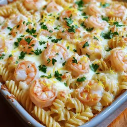- 340 g ungekochte Pasta (Fusilli oder Penne) - 450 g Garnelen, geschält und entdarmt - 60 g ungesalzene Butter - 4 Knoblauchzehen, fein gehackt - 1/2 Teelöffel rote Pfefferflocken - 1 Zitrone, abgerieben und ausgepresst - 240 ml Hühner- oder Gemüsebrühe - 240 ml Schlagsahne - 100 g geriebener Mozzarella - 50 g geriebener Parmesan - Salz und Pfeffer nach Geschmack - 1/4 Tasse frische Petersilie, gehackt Ich nutze die Hauptzutaten, um den vollen Geschmack zu erreichen. Die Pasta gibt dem Gericht Struktur. Die Garnelen bringen eine zarte Textur und den Meeresgeschmack. Butter ist wichtig, um die Aromen zu binden. Die aromatischen Zusatzstoffe sind der Schlüssel zu einem tollen Geschmack. Knoblauch gibt eine leckere Tiefe. Rote Pfefferflocken fügen einen Hauch von Schärfe hinzu. Zitrone bringt Frische und einen tollen Kontrast. Die flüssigen Zutaten machen die Sauce cremig. Brühe bringt umami und Geschmack. Schlagsahne sorgt für eine reiche Konsistenz. Käse ist das Tüpfelchen auf dem i. Mozzarella und Parmesan schmelzen schön und geben eine goldene Kruste. Petersilie bringt Farbe und Frische. Ich empfehle, alle Zutaten frisch zu kaufen. So wird dein Shrimp Scampi Pasta Bake noch besser! Neugierig auf die Zubereitung? Schau dir das Full Recipe an! - Ofen auf 175°C vorheizen. - Pasta nach Anweisung al dente kochen und beiseite stellen. Zuerst heizen Sie den Ofen vor. Dies sorgt dafür, dass Ihr Shrimp Scampi Pasta Bake gleichmäßig gart. Kochen Sie die Pasta in einem großen Topf mit gesalzenem Wasser. Achten Sie darauf, dass sie al dente ist. Das ist wichtig, da die Pasta im Ofen noch etwas gart. Nach dem Kochen abgießen und beiseite stellen. - Butter in einer großen Pfanne schmelzen. - Knoblauch und rote Pfefferflocken anbraten. - Garnelen hinzufügen und braten bis sie rosa sind. Nun schmelzen Sie die Butter in einer großen Pfanne bei mittlerer Hitze. Fügen Sie den gehackten Knoblauch und die roten Pfefferflocken hinzu. Braten Sie diese Mischung für eine Minute an, bis sie duftet. Dann kommen die Garnelen in die Pfanne. Braten Sie sie, bis sie rosa und durchscheinend sind. Das dauert etwa drei bis vier Minuten. Vergessen Sie nicht, mit Salz und Pfeffer zu würzen. - Hühner- oder Gemüsebrühe und Schlagsahne einrühren. - Käsesorten und Zitronenschale hinzufügen. Jetzt gießen Sie die Hühner- oder Gemüsebrühe in die Pfanne. Fügen Sie dann die Schlagsahne hinzu. Lassen Sie die Mischung sanft köcheln. Rühren Sie die Hälfte des Mozzarella und Parmesan ein. Fügen Sie die Zitronenschale dazu. Rühren Sie weiter, bis der Käse geschmolzen und die Sauce cremig ist. - Gekochte Pasta mit Garnelenmischung kombinieren. - In eine gefettete Auflaufform übertragen und mit Käse bestreuen. Mischen Sie nun die gekochte Pasta mit der Garnelenmischung. Achten Sie darauf, dass die Pasta gut mit der Sauce bedeckt ist. Übertragen Sie die Mischung in eine gefettete Auflaufform. Bestreuen Sie die Oberseite mit dem restlichen Mozzarella und Parmesan. - 25-30 Minuten im Ofen backen. - Mit frischer Petersilie garnieren. Schieben Sie die Auflaufform in den vorgeheizten Ofen. Backen Sie das Gericht für 25 bis 30 Minuten, bis die Oberseite sprudelnd und goldbraun ist. Nach dem Backen nehmen Sie den Auflauf aus dem Ofen. Garnieren Sie ihn mit frischer Petersilie. So sieht Ihr Shrimp Scampi Pasta Bake nicht nur lecker aus, sondern schmeckt auch fantastisch. Um Pasta al dente zu kochen, folge diesen einfachen Tipps: - Koche die Pasta in viel Wasser. Das hilft, dass sie gleichmäßig gart. - Gib ausreichend Salz ins Wasser. Ein guter Richtwert sind 10 g Salz pro Liter Wasser. - Probiere die Pasta etwa zwei Minuten vor Ende der Kochzeit. Sie sollte noch einen leichten Biss haben. Garnelen brauchen nur kurze Zeit in der Pfanne. Hier sind einige Tipps: - Gar die Garnelen nur bis sie rosa sind. Das dauert etwa 3-4 Minuten. - Achte darauf, dass sie nicht zu lange garen. Überkochen macht sie zäh. - Frische Garnelen haben eine klare Farbe und riechen nach Meer. Wenn sie unangenehm riechen, sind sie nicht frisch. Eine gute Sauce macht das Gericht besonders. Hier sind einige Ideen: - Füge frische Kräuter wie Basilikum oder Thymian hinzu. Sie geben der Sauce mehr Geschmack. - Wenn du es würziger magst, probiere etwas Cayennepfeffer oder Paprika. - Für eine cremigere Note kannst du mehr Schlagsahne verwenden. Das macht die Sauce reichhaltiger. Für das vollständige Rezept, schau dir das [Full Recipe] an. {{image_4}} Für eine vegetarische Version des Shrimp Scampi Pasta Bakes tauschen Sie die Garnelen gegen Ihr Lieblingsgemüse aus. Brokkoli, Spinat oder Paprika sind gute Optionen. Diese Gemüsesorten sorgen für Farbe und Geschmack. Verwenden Sie milde Käsesorten wie Ricotta oder Hüttenkäse. Diese Käsesorten geben dem Gericht eine cremige Textur. Sie können auch etwas Feta für einen würzigen Kick hinzufügen. Möchten Sie etwas mehr Crunch? Fügen Sie Spargel oder Brokkoli hinzu. Diese Gemüsesorten bringen eine knackige Note in das Gericht. Für eine glutenfreie Version können Sie glutenfreie Pasta verwenden. Achten Sie darauf, dass die anderen Zutaten ebenfalls glutenfrei sind. So können alle mitessen. Das Topping ist wichtig für den Geschmack. Experimentieren Sie mit verschiedenen Käsesorten. Parmesan, Gouda oder Cheddar bringen unterschiedliche Aromen. Für eine knusprige Oberseite können Sie Brotkrumen hinzufügen. Mischen Sie die Brotkrumen mit etwas Öl und Käse. Dieses Topping wird goldbraun und lecker. Um den Shrimp Scampi Pasta Bake frisch zu halten, bewahre ihn in einem luftdichten Behälter im Kühlschrank auf. Du kannst ihn bis zu drei Tage aufbewahren. Achte darauf, die Reste nicht länger als nötig stehen zu lassen, um die beste Qualität zu sichern. Das Aufwärmen sollte sanft erfolgen, um die Textur zu bewahren. Ich empfehle, den Auflauf in einem Ofen bei 160 °C aufzuwärmen. Decke ihn mit Alufolie ab, um ein Austrocknen zu verhindern. Nach etwa 20 Minuten sollte er gut durchgewärmt sein. Du kannst auch die Mikrowelle nutzen, aber hier ist Vorsicht geboten. Erhitze ihn in kurzen Intervallen, damit er gleichmäßig warm wird. Für das Einfrieren ist der Shrimp Scampi Pasta Bake ideal. Lass ihn ganz abkühlen, bevor du ihn in einem gefrierfesten Behälter aufbewahrst. So bleibt er bis zu drei Monate frisch. Um ihn wieder aufzutauen, lege ihn über Nacht in den Kühlschrank. Danach kannst du ihn wie gewohnt aufwärmen. Achte darauf, dass die Garnelen beim Auftauen nicht gummiartig werden. Die Zubereitung dauert insgesamt 55 Minuten. Die Vorbereitungszeit beträgt 15 Minuten. Die Kochzeit ist 40 Minuten. Das macht das Gericht schnell und einfach. Ja, du kannst frische Garnelen verwenden. Achte darauf, dass sie geschält und entdarmt sind. Frische Garnelen haben einen tollen Geschmack. Sie sind oft zarter als gefrorene. Wenn du gefrorene Garnelen nimmst, taue sie vorher auf. So verhinderst du, dass sie wässrig werden. Beilagen, die gut passen, sind ein frischer Salat oder Knoblauchbrot. Diese ergänzen den Geschmack des Auflaufs. Auch gedünstetes Gemüse ist eine gute Wahl. Es bietet eine schöne Farbe auf dem Teller. Ja, du kannst den Auflauf im Voraus machen. Bereite alles bis zur Backzeit vor. Decke die Auflaufform ab und stelle sie in den Kühlschrank. So bleibt der Auflauf frisch. Du kannst ihn dann einfach backen, wenn du bereit bist. Fusilli oder Penne sind ideal für diesen Auflauf. Diese Pastaarten halten die Sauce gut fest. Du kannst auch andere Sorten verwenden, aber achte darauf, dass sie gut kochen. Die richtige Pasta macht einen großen Unterschied im Geschmack. Diese Anleitung zeigt, wie man ein leckeres Shrimp Scampi Pasta Bake zubereitet. Mit einfachen Zutaten und Schritt-für-Schritt-Anweisungen gelingt dir ein tolles Gericht. Du hast gelernt, wie man perfekte Garnelen brät und die Sauce verfeinert. Probiere ruhig Variationen oder zusätzliche Gewürze aus. Denke daran, Reste gut zu lagern und richtig aufzuwärmen. So bleibt der Geschmack frisch. Viel Spaß beim Kochen und Genießen!