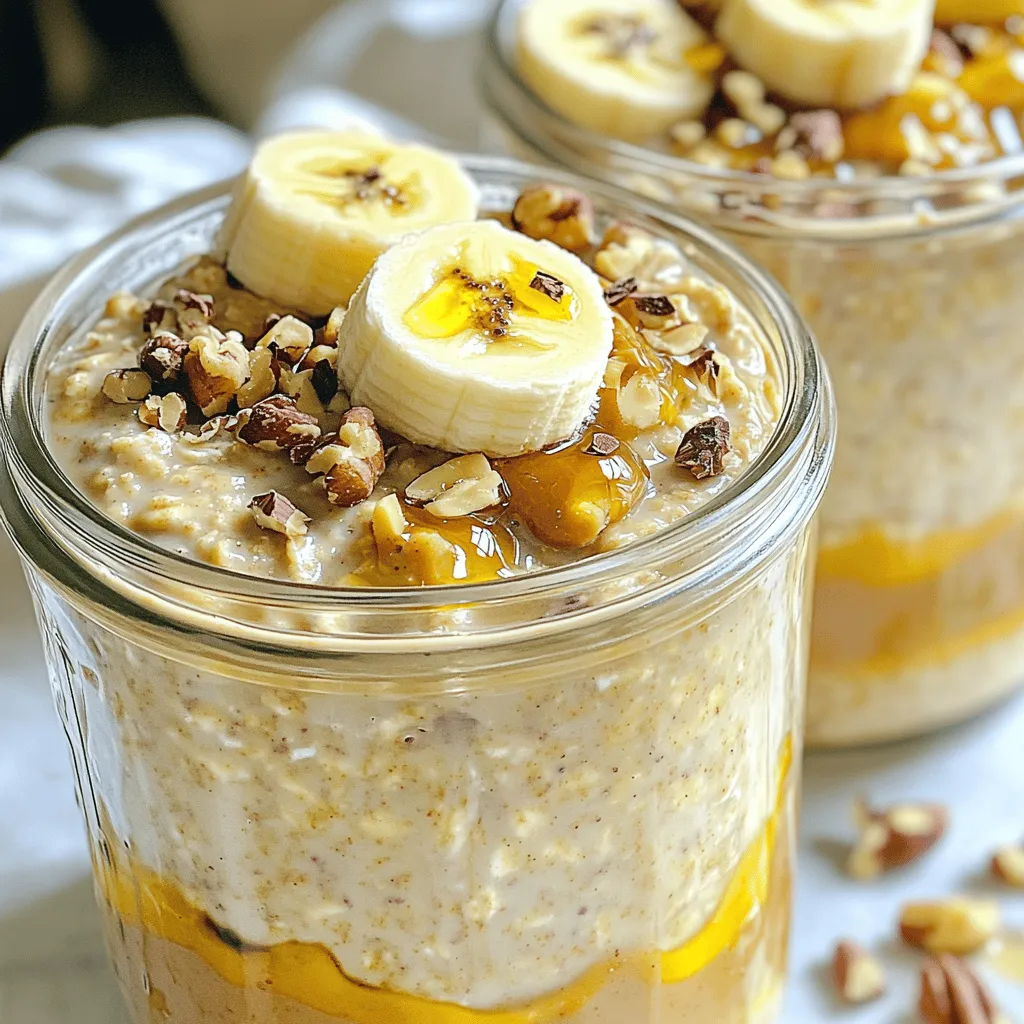 Die Hauptzutaten sind einfach und lecker. Hier ist, was du brauchst: - 1 Tasse Haferflocken - 2 Tassen Milch (Vollmilch oder pflanzliche Variante) - 2 Esslöffel Chiasamen - 2 reife Bananen, zerdrückt - 4 Esslöffel cremige Erdnussbutter - 2 Esslöffel Honig oder Ahornsirup (nach Geschmack anpassen) - 1 Teelöffel Vanilleextrakt - Eine Prise Salz Diese Mischung ergibt eine cremige und sättigende Frühstücksoption. Die Haferflocken geben dir Energie, während die Banane für Süße sorgt. Erdnussbutter bringt den nussigen Geschmack, den wir lieben. Für das perfekte Finish kannst du einige leckere Toppings hinzufügen. Hier sind einige Ideen: - Bananenscheiben - Gehackte Nüsse - Kakaonibs - Ein Hauch Zimt Diese Toppings geben dir mehr Geschmack und Textur. Du kannst sie nach Lust und Laune wählen. Experimentiere und finde deine Lieblingskombination! Wenn du keine Milch magst, gibt es tolle Alternativen. Hier sind einige Optionen: - Mandelmilch - Hafermilch - Sojamilch - Kokosmilch Diese Pflanzenmilchsorten sind lecker und passen gut zu den Haferflocken. Sie machen dein Frühstück noch gesünder. Du kannst auch ungesüßte Varianten wählen, wenn du den Zuckergehalt reduzieren willst. Um die Basis für die Erdnussbutter Bananen Übernacht-Haferflocken zuzubereiten, beginne ich mit einer großen Schüssel. Ich gebe 1 Tasse Haferflocken, 2 Esslöffel Chiasamen und eine Prise Salz hinein. Diese Zutaten sorgen für eine gute Textur und Nährstoffe. Es ist wichtig, die trockenen Zutaten gut zu vermengen. So stellen wir sicher, dass die Feuchtigkeit gleichmäßig verteilt wird. In einer separaten Schüssel vermische ich 2 Tassen Milch mit 2 zerdrückten Bananen und 4 Esslöffeln Erdnussbutter. Ich füge dann 2 Esslöffel Honig oder Ahornsirup und 1 Teelöffel Vanilleextrakt hinzu. Die Mischung sollte glatt sein. Ich rühre alles gut um, bis es einheitlich wirkt. Danach gieße ich die Mischung über die Haferflocken und Chiasamen. Ich rühre alles vorsichtig um, bis jede Flocke gut bedeckt ist. Nun teile ich die Mischung auf Gläser oder luftdichte Behälter auf. Ich verschließe die Gläser mit Deckeln. Dann stelle ich sie in den Kühlschrank. Es ist wichtig, die Haferflocken über Nacht oder mindestens 4 Stunden ruhen zu lassen. So können die Haferflocken die Flüssigkeit aufnehmen und weich werden. Am nächsten Morgen rühre ich die Mischung gut um. Wenn ich eine dünnere Konsistenz möchte, füge ich einfach etwas mehr Milch oder Wasser hinzu. Um die perfekte Konsistenz zu erreichen, ist es wichtig, die Haferflocken gut einzuweichen. Die Mischung braucht Zeit, um die Flüssigkeit aufzunehmen. Verwenden Sie die richtige Menge Milch, die im Rezept angegeben ist. Wenn Sie eine cremigere Textur möchten, fügen Sie mehr Milch hinzu. Rühren Sie die Mischung vor dem Kühlen gut um. So stellen Sie sicher, dass alles gleichmäßig verteilt ist. Ein häufiger Fehler ist, nicht genug Zeit zum Einweichen zu geben. Die Haferflocken müssen mindestens vier Stunden im Kühlschrank bleiben. Ein weiterer Fehler ist, zu wenig Flüssigkeit zu verwenden. Das führt zu trockenen Haferflocken. Achten Sie darauf, die Bananen gut zu zerdrücken, damit sie sich gut mischen. Wenn die Mischung zu dick wird, können Sie etwas Milch hinzufügen. Um die Übernacht-Haferflocken frisch zu halten, lagern Sie sie in luftdichten Behältern. So bleiben sie länger lecker. Im Kühlschrank halten sie sich bis zu fünf Tage. Wenn Sie viele Portionen zubereiten, können Sie die Gläser vorbereiten. So haben Sie ein schnelles Frühstück für die Woche. Ich empfehle, die Toppings erst kurz vor dem Essen hinzuzufügen. So bleiben sie frisch und knusprig. {{image_4}} Um die Erdnussbutter-Bananen-Übernacht-Haferflocken noch nahrhafter zu machen, füge proteinreiche Zutaten hinzu. Du kannst zum Beispiel griechischen Joghurt oder Proteinpulver verwenden. Joghurt macht die Mischung cremiger und gibt einen zusätzlichen Eiweißkick. Eine halbe Tasse Joghurt passt gut in das Rezept. Bei Proteinpulver nimm einen Esslöffel und mische ihn gut unter die feuchten Zutaten. So bleibt der Geschmack lecker und die Nährstoffe steigen. Wenn du keine Bananen magst oder einfach etwas anderes ausprobieren möchtest, gibt es viele fruchtige Alternativen. Äpfel bieten eine knackige Textur. Du kannst sie klein schneiden und unter die Mischung rühren. Auch Beeren wie Himbeeren oder Heidelbeeren sind großartig. Sie bringen eine frische Note. Einfach eine halbe Tasse in die Mischung geben. So wird das Frühstück bunt und voller Vitamine. Für Schokoladenliebhaber gibt es eine tolle Möglichkeit, das Rezept zu ändern. Füge Kakaonibs hinzu! Diese kleinen Stücke bringen einen tollen Schokoladengeschmack ohne viel Zucker. Ein Esslöffel reicht aus, um die Aromen zu verstärken. Du kannst auch etwas Kakaopulver in die feuchten Zutaten mischen. So wird dein Frühstück nicht nur lecker, sondern auch besonders schokoladig. Für das komplette Rezept, schau dir die Übersicht an. Die Erdnussbutter-Bananen-Übernacht-Haferflocken sind nahrhaft und lecker. Eine Portion hat etwa 350 bis 400 Kalorien. Diese Zahl kann je nach Zutaten variieren. Die Hauptmakronährstoffe sind: - Kohlenhydrate: 50 g - Eiweiß: 10 g - Fett: 15 g Diese Mischung gibt dir Energie für den Tag und hält dich satt. Die Zutaten in diesem Rezept bieten viele gesundheitliche Vorteile. Zum Beispiel: - Haferflocken sind reich an Ballaststoffen. Sie helfen der Verdauung und senken den Cholesterinspiegel. - Bananen enthalten Kalium. Kalium ist wichtig für die Herzgesundheit und die Muskelfunktion. - Erdnussbutter bietet gesunde Fette. Diese Fette sind wichtig für das Gehirn und die Haut. - Chiasamen sind eine großartige Quelle für Omega-3-Fettsäuren. Diese fördern die Gesundheit des Herzens. Diese Zutaten machen das Frühstück nahrhaft und energiegeladen. Bevor du die Erdnussbutter-Bananen-Übernacht-Haferflocken zubereitest, bedenke die Allergene: - Erdnüsse: Eine häufige Allergie. Achte darauf, dass niemand allergisch ist. - Milch: Verwende bei Milchunverträglichkeit pflanzliche Alternativen. - Gluten: Haferflocken können Gluten enthalten. Wähle glutenfreie Haferflocken, wenn nötig. Achte auf diese Punkte, um das Rezept für alle sicher zu machen. Ja, du kannst die Übernacht-Haferflocken bis zu drei Tage im Voraus zubereiten. Das macht sie zu einer großartigen Option für einen schnellen Snack oder ein Frühstück. Du musst nur sicherstellen, dass du sie in luftdichten Behältern im Kühlschrank aufbewahrst. So bleiben sie frisch und lecker. Die Erdnussbutter-Bananen-Übernacht-Haferflocken halten sich im Kühlschrank etwa 3 bis 5 Tage. Achte darauf, die Haferflocken gut abzudecken, damit sie nicht austrocknen. Wenn du sie länger aufbewahren möchtest, kannst du sie auch einfrieren. So bleiben sie bis zu einem Monat frisch. Du kannst viele Zutaten hinzufügen, um deine Übernacht-Haferflocken zu variieren. Hier sind einige Ideen: - Griechischer Joghurt für mehr Cremigkeit - Beeren wie Erdbeeren oder Heidelbeeren für fruchtigen Geschmack - Nüsse wie Mandeln oder Walnüsse für einen Crunch - Kakaonibs für einen schokoladigen Kick - Zimt oder Kardamom für zusätzliche Gewürznoten Deine Kreativität kennt keine Grenzen. Probiere verschiedene Kombinationen aus! Wenn du mehr über die Zubereitung erfahren möchtest, schau dir das vollständige Rezept an. Erdnussbutter-Bananen-Übernacht-Haferflocken sind einfach und lecker. Wir haben die besten Zutaten und mögliche Toppings besprochen. Die Schritt-für-Schritt-Anleitung machte die Zubereitung leicht. Tipps helfen dir, Fehler zu vermeiden und die richtige Konsistenz zu erzielen. Variationen bieten kreative Möglichkeiten, und die Nährwertinformationen zeigen die gesunden Vorteile. Du kannst vieles anpassen und ausprobieren. Bleib kreativ und genieße deine gesunden Übernacht-Haferflocken!