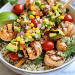 - 450 g große Garnelen - 1 Tasse gekochter Quinoa - 1 Avocado Die Garnelen sind die Hauptattraktion in dieser Bowl. Sie geben Geschmack und Textur. Wählen Sie große Garnelen, da sie beim Grillen saftig bleiben. Quinoa ist eine gute Basis. Er ist nahrhaft und hat einen feinen Geschmack. Die Avocado bringt Cremigkeit und gesunde Fette. - 2 Esslöffel Olivenöl - 1 Teelöffel Paprika - 1 Teelöffel Knoblauchpulver Das Olivenöl ist wichtig für die Marinade. Es hilft, die Gewürze an die Garnelen zu binden. Paprika fügt eine rauchige Note hinzu. Knoblauchpulver bringt einen leckeren Geschmack. Diese Kombination macht die Garnelen besonders köstlich. - 1 Tasse Kirschtomaten - 1 Tasse süßer Mais - 1/4 rote Zwiebel Kirschtomaten bringen Süße und Frische. Sie sind toll für die Salsa. Süßer Mais gibt der Bowl Textur und Farbe. Die rote Zwiebel fügt einen knackigen Biss hinzu. Zusammen mit den Garnelen und Quinoa ergibt das eine bunte, gesunde Mahlzeit. Für die vollständige Anleitung, schauen Sie bitte auf das Full Recipe. Heizen Sie Ihren Grill auf mittelhoher Hitze vor. Das sorgt für die perfekte Grilltemperatur. Nehmen Sie eine Schüssel und geben Sie die Garnelen hinein. Fügen Sie 2 Esslöffel Olivenöl, 1 Teelöffel Paprika, 1 Teelöffel Knoblauchpulver, Salz und Pfeffer hinzu. Vermengen Sie alles gut. So schmecken die Garnelen lecker. Jetzt bereiten Sie die Salsa vor. Nehmen Sie eine andere Schüssel. Schneiden Sie die Avocado in kleine Würfel. Halbe Kirschtomaten und den süßen Mais dazugeben. Fügen Sie 1/4 rote Zwiebel, 1 Esslöffel Limettensaft, Salz und Pfeffer hinzu. Mischen Sie die Zutaten vorsichtig, um die Salsa zu erstellen. Stecken Sie die Garnelen auf Spieße. Das erleichtert das Grillen. Wenn Sie Holzspieße verwenden, weichen Sie diese vorher für 30 Minuten in Wasser ein. Legen Sie die Spieße auf den Grill. Grillen Sie die Garnelen etwa 2-3 Minuten auf jeder Seite. Sie sind fertig, wenn sie undurchsichtig sind und leicht angekohlt aussehen. Nehmen Sie die Garnelen nach dem Grillen vom Grill. Um die Bowls zu erstellen, beginnen Sie mit einer Basis aus 1 Tasse gekochtem Quinoa. Legen Sie die gegrillten Garnelen darauf. Fügen Sie dann die frische Salsa hinzu. Garnieren Sie die Bowls mit frischem Koriander. Das sieht nicht nur gut aus, sondern schmeckt auch frisch und lecker. Nutzen Sie das [Full Recipe], um alle Schritte genau zu befolgen und ein köstliches Gericht zu zaubern. Die ideale Grilltemperatur für Garnelen liegt bei mittelhoher Hitze. Diese Temperatur hilft, die Garnelen gleichmäßig zu garen. Wenn Ihr Grill zu heiß ist, können die Garnelen außen verbrennen und innen roh bleiben. Ein guter Test ist, die Hand über den Grill zu halten. Wenn Sie die Hitze nach fünf Sekunden nicht mehr aushalten, ist es perfekt. Um den besten Geschmack zu erzielen, würzen Sie die Garnelen vor dem Grillen. Verwenden Sie eine Mischung aus Olivenöl, Paprika, Knoblauchpulver, Salz und Pfeffer. Diese Gewürze bringen die natürliche Süße der Garnelen hervor. Achten Sie darauf, die Garnelen gut zu vermengen. So verteilt sich die Würze gleichmäßig. Lassen Sie die Garnelen für etwa 15 Minuten marinieren, damit die Aromen gut einziehen. Für die beste Präsentation der Garnelen-Bowl, verwenden Sie schöne Schalen. Beginnen Sie mit einer Schicht gekochtem Quinoa als Basis. Legen Sie dann die gegrillten Garnelen darauf. Fügen Sie die frische Mais-Salsa hinzu, um Farbe und Geschmack zu bringen. Garnieren Sie die Bowls mit frischem Koriander und einem Limettenschnitz. Dies sorgt für einen frischen Kick und sieht toll aus. Wenn Sie möchten, können Sie auch andere schöne Kräuter hinzufügen. {{image_4}} Die Gegrillte Garnelen-Bowl mit Avocado und Mais-Salsa ist sehr flexibel. Es gibt viele Wege, sie zu ändern. Wenn Sie Garnelen nicht mögen oder eine pflanzliche Option suchen, probieren Sie Tofu. Tofu hat eine tolle Textur und nimmt die Aromen gut auf. Sie können auch Gemüse verwenden. Zucchini oder Paprika sind gute Optionen. Schneiden Sie sie in Stücke, marinieren Sie sie wie die Garnelen und grillen Sie sie. So erhalten Sie eine leckere, vegetarische Bowl. Um die Bowl noch bunter zu machen, fügen Sie schwarze Bohnen hinzu. Sie sind proteinreich und gut für die Gesundheit. Eine weitere leckere Idee ist Avocado-Reis. Mischen Sie gekochten Reis mit gewürfelter Avocado. Das gibt der Bowl eine cremige Note. Auch frische Kräuter wie Petersilie oder Schnittlauch passen gut. Sie bringen zusätzlichen Geschmack und Farbe. Inspirierte Variationen bringen neue Geschmäcker in die Bowl. Eine texanische Version könnte BBQ-Sauce verwenden. Diese verleiht einen rauchigen Geschmack. Für eine asiatische Note probieren Sie Sojasauce und Sesamöl. Fügen Sie noch ein paar Edamame und Reisnudeln hinzu. So wird die Bowl exotisch und aufregend. Für das vollständige Rezept besuchen Sie bitte den Abschnitt "Full Recipe". Nach dem Grillen sollten Sie die Reste in einem luftdichten Behälter aufbewahren. Stellen Sie sicher, dass die Garnelen und die Quinoa gut abgekühlt sind, bevor Sie sie in den Kühlschrank legen. So bleibt die Frische erhalten. Reste können bis zu drei Tage im Kühlschrank bleiben. Vermeiden Sie es, die Bowls zusammenzusetzen. Lagern Sie die Garnelen, die Quinoa und die Salsa getrennt. Die Salsa bleibt frisch, wenn Sie sie in einem luftdichten Behälter aufbewahren. Fügen Sie ein wenig Limettensaft hinzu, um die Aromen zu bewahren. Wenn Sie die Salsa länger lagern möchten, können Sie sie auch einfrieren. Verwenden Sie einen gefriergeeigneten Behälter und füllen Sie ihn nicht ganz, damit die Salsa beim Gefrieren Platz hat. So bleibt die Salsa bis zu drei Monate haltbar. Wenn Sie die Garnelen wieder aufwärmen, tun Sie dies sanft. Legen Sie die Garnelen in eine Pfanne bei mittlerer Hitze. Fügen Sie einen Spritzer Olivenöl hinzu, um sie saftig zu halten. Erhitzen Sie sie nur kurz, etwa ein bis zwei Minuten, bis sie warm sind. Überhitzen Sie die Garnelen nicht, da sie sonst zäh werden. Genießen Sie die Garnelen am besten frisch, aber mit diesen Tipps bleiben sie auch beim Erwärmen lecker. Garnelen brauchen nur 2-3 Minuten pro Seite. Sie sind fertig, wenn sie undurchsichtig und leicht angekohlt sind. Achten Sie darauf, sie nicht zu lange zu grillen. Sonst werden sie zäh. Die Grillzeit ist entscheidend für den perfekten Biss. Ja, du kannst die Bowl vegan machen. Tausche die Garnelen gegen Tofu oder gegrilltes Gemüse aus. Nutze die gleiche Marinade für mehr Geschmack. Auch die Salsa bleibt vegan. Du kannst Avocado, Mais und Tomaten verwenden. So bleibt der frische Geschmack erhalten. Diese Bowl passt gut zu frischem Brot oder Tortillas. Ein einfacher grüner Salat ergänzt das Gericht perfekt. Wenn du etwas trinken möchtest, probiere einen fruchtigen Eistee oder ein leichtes Bier. Diese Beilagen runden das Essen ab und machen es noch besser. Diese Bowl ist einfach und lecker. Mit Garnelen, Quinoa und frischem Gemüse hast du ein tolles Gericht. Die richtigen Gewürze und die Grilltechnik machen den Unterschied. Du kannst auch kreativ sein und Zutaten nach deinem Geschmack ändern, z.B. durch Tofu oder zusätzliche Beilagen. Lagere Resten richtig und genieße die Frische. Diese Tipps helfen dir, dein Essen optimal zuzubereiten. Probiere es aus und bring frischen Wind in deine Küche!